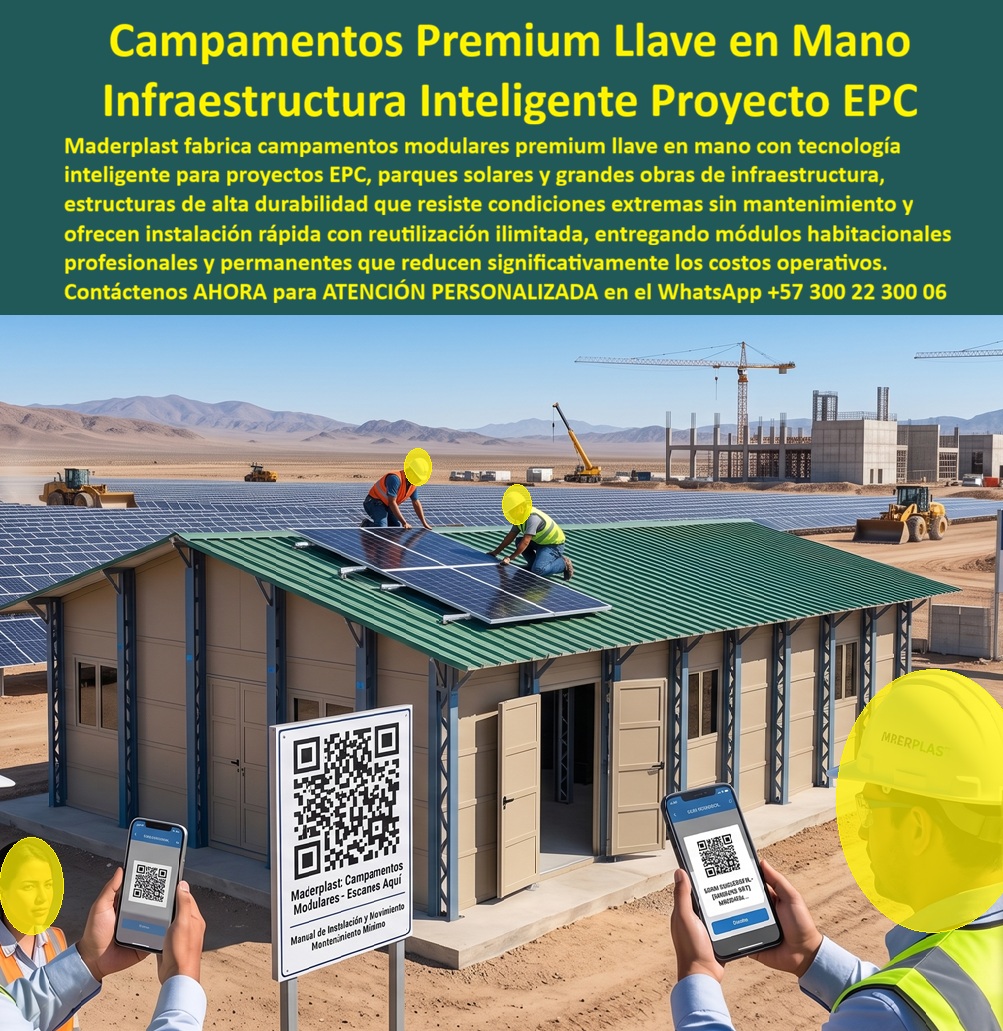 Campamentos Prefabricados Alta Calidad Smart Campamento Maderplast - Campamentos Modulares Premium Llave en Mano: Infraestructura Inteligente para Proyectos EPC, Parques Solares y Megaobras de Ingeniería La imagen representa una nueva generación de campamentos modulares premium llave en mano, desarrollados para convertirse en el centro operativo de grandes proyectos EPC (Engineering, Procurement and Construction), parques solares, minería, petróleo, energía, infraestructura y construcción industrial. El sistema integra arquitectura modular, materiales de ingeniería de alta durabilidad y herramientas digitales de gestión mediante códigos QR, creando una infraestructura inteligente diseñada para acelerar la puesta en marcha de los proyectos, reducir costos operativos y facilitar el mantenimiento durante toda su vida útil. Más que un campamento temporal, constituye una solución corporativa reutilizable preparada para acompañar a la empresa durante múltiples contratos. En cualquier megaproyecto, la infraestructura de apoyo determina gran parte de la eficiencia operacional. Antes de iniciar la producción es indispensable contar con oficinas administrativas, salas de coordinación, centros de ingeniería, alojamientos, comedores, áreas de capacitación, bodegas, enfermeras y espacios de soporte capaces de funcionar desde el primer día. Los campamentos modulares premium, los campamentos llave en mano para ingeniería, los campamentos modulares permanentes, la infraestructura para proyectos EPC, los módulos habitacionales removibles, las oficinas modulares inteligentes, los campamentos corporativos reutilizables y las instalaciones industriales transportables permiten resolver esta necesidad mediante un proceso altamente industrializado que reduce significativamente los tiempos de ejecución. Uno de los aspectos más innovadores del sistema mostrado es la incorporación de herramientas digitales directamente en la infraestructura. Mediante códigos QR estratégicamente ubicados, ingenieros, supervisores, operadores y personal de mantenimiento pueden acceder desde dispositivos móviles a manuales de instalación, procedimientos técnicos, protocolos de seguridad, planos constructivos, inventarios, programas de mantenimiento preventivo y documentación actualizada. Esta integración entre infraestructura física y gestión digital mejora la trazabilidad, facilita la capacitación del personal y reduce errores durante el montaje y la operación del campamento. La modularidad constituye otra ventaja estratégica. Cada edificio puede fabricarse industrialmente, transportarse al lugar de instalación y ensamblarse rápidamente con procedimientos estandarizados. Cuando el proyecto finaliza, los módulos pueden desmontarse y trasladarse a un nuevo frente de trabajo, conservando su funcionalidad y valor económico. Esto transforma el campamento en un activo reutilizable de largo plazo, eliminando la necesidad de construir nuevas instalaciones temporales para cada contrato y mejorando sustancialmente el retorno de la inversión. Desde el punto de vista técnico, los materiales desarrollados por Maderplast presentan un excelente comportamiento frente a humedad, radiación ultravioleta, ambientes corrosivos, salinidad, insectos y condiciones climáticas severas. Estas propiedades permiten utilizar los módulos en parques solares, campos petroleros, explotaciones mineras, proyectos hidroeléctricos, corredores viales, puertos, aeropuertos y zonas industriales donde la infraestructura permanece expuesta durante largos periodos a condiciones ambientales altamente exigentes. La reducción del mantenimiento disminuye los costos operativos y garantiza una excelente presentación corporativa durante numerosos ciclos de reutilización. La flexibilidad del sistema permite desarrollar configuraciones completamente adaptadas a cada cliente. Los campamentos pueden integrar edificios administrativos, dormitorios, comedores, cocinas industriales, laboratorios, centros médicos, talleres, bodegas, centros de control, salas de reuniones, auditorios, módulos de capacitación, porterías, edificios de seguridad y cualquier otra instalación necesaria para la operación del proyecto. Esta capacidad de personalización convierte al sistema en una plataforma escalable que evoluciona junto con las necesidades de la empresa. Para compañías constructoras, empresas EPC, operadores energéticos, desarrolladores de parques solares, concesionarios y organizaciones dedicadas a grandes proyectos de infraestructura, el análisis económico debe centrarse en el costo total de propiedad y no únicamente en la inversión inicial. Un campamento reutilizable, durable, digitalmente documentado y preparado para múltiples ciclos de montaje reduce costos recurrentes, acelera el inicio de operaciones y mantiene un importante valor patrimonial durante muchos años. Bajo esta perspectiva, la infraestructura modular deja de ser un gasto temporal para convertirse en una herramienta estratégica que fortalece la competitividad de la organización. Maderplast desarrolla estos campamentos modulares premium llave en mano mediante procesos industriales especializados, ingeniería propia y fabricación personalizada. La empresa trabaja bajo sistemas certificados ISO 9001 para gestión de calidad e ISO 14001 para gestión ambiental, ofreciendo diseño arquitectónico, ingeniería, fabricación, transporte, instalación y acompañamiento técnico integral. Cada solución puede diseñarse específicamente para el número de usuarios, las condiciones ambientales, la duración del proyecto y los requerimientos funcionales del cliente, permitiendo desarrollar complejos completamente adaptados a minería, petróleo, energía, infraestructura, industria y construcción. Diversas organizaciones han incorporado soluciones modulares desarrolladas por Maderplast buscando optimizar sus procesos logísticos, reducir tiempos de implementación y mejorar la rentabilidad de sus inversiones. Por razones de confidencialidad no se publican todos los proyectos ejecutados, pero la empresa puede presentar referencias comerciales, modelos tridimensionales, renders, planos arquitectónicos y propuestas técnicas personalizadas durante los procesos de evaluación. Asimismo, puede desarrollar proyectos completamente llave en mano que integren infraestructura física, documentación digital, sistemas inteligentes de identificación y acompañamiento técnico especializado. La incorporación de campamentos modulares premium, infraestructura inteligente para proyectos EPC, campamentos llave en mano, módulos habitacionales removibles, oficinas corporativas reutilizables, campamentos para parques solares y estructuras industriales de alta ingeniería representa una inversión orientada a incrementar la productividad, disminuir costos operativos y disponer de infraestructura reutilizable durante muchos años. Más que instalar edificaciones temporales, significa implementar una plataforma inteligente preparada para crecer junto con la organización, reducir tiempos de ejecución, facilitar la gestión técnica y ofrecer una infraestructura moderna, durable y altamente eficiente para cualquier megaproyecto. Descripción Ficha técnica Resumida del producto: Campamentos modulares premium llave en mano, infraestructura inteligente para proyectos EPC, parques solares, minería, energía y grandes obras. Campamentos reutilizables, oficinas modulares, módulos habitacionales removibles y soluciones Maderplast de rápida instalación, alta durabilidad y mínimo mantenimiento. Contáctenos ahora mismo por WhatsApp y reciba atención personalizada de un asesor especializado: +57 300 22 300 06. Campamentos Modulares Premium, Campamentos Llave en Mano Ingeniería, Campamentos Modulares Permanentes, infraestructura proyectos EPC, Módulos habitacionales removibles A Campamentos Prefabricados Alta Calidad Smart Campamento Maderplast Campamentos Modulares Premium Campamentos Llave en Mano Ingeniería Campamentos Modulares Permanentes infraestructura proyectos EPC Módulos habitacionales removibles A Campamentos Modulares Premium Llave en Mano: Infraestructura Inteligente para Proyectos EPC, Parques Solares y Megaobras de Ingeniería La imagen representa una nueva generación de campamentos modulares premium llave en mano, desarrollados para convertirse en el centro operativo de grandes proyectos EPC (Engineering, Procurement and Construction), parques solares, minería, petróleo, energía, infraestructura y construcción industrial. El sistema integra arquitectura modular, materiales de ingeniería de alta durabilidad y herramientas digitales de gestión mediante códigos QR, creando una infraestructura inteligente diseñada para acelerar la puesta en marcha de los proyectos, reducir costos operativos y facilitar el mantenimiento durante toda su vida útil. Más que un campamento temporal, constituye una solución corporativa reutilizable preparada para acompañar a la empresa durante múltiples contratos. En cualquier megaproyecto, la infraestructura de apoyo determina gran parte de la eficiencia operacional. Antes de iniciar la producción es indispensable contar con oficinas administrativas, salas de coordinación, centros de ingeniería, alojamientos, comedores, áreas de capacitación, bodegas, enfermeras y espacios de soporte capaces de funcionar desde el primer día. Los campamentos modulares premium, los campamentos llave en mano para ingeniería, los campamentos modulares permanentes, la infraestructura para proyectos EPC, los módulos habitacionales removibles, las oficinas modulares inteligentes, los campamentos corporativos reutilizables y las instalaciones industriales transportables permiten resolver esta necesidad mediante un proceso altamente industrializado que reduce significativamente los tiempos de ejecución. Uno de los aspectos más innovadores del sistema mostrado es la incorporación de herramientas digitales directamente en la infraestructura. Mediante códigos QR estratégicamente ubicados, ingenieros, supervisores, operadores y personal de mantenimiento pueden acceder desde dispositivos móviles a manuales de instalación, procedimientos técnicos, protocolos de seguridad, planos constructivos, inventarios, programas de mantenimiento preventivo y documentación actualizada. Esta integración entre infraestructura física y gestión digital mejora la trazabilidad, facilita la capacitación del personal y reduce errores durante el montaje y la operación del campamento. La modularidad constituye otra ventaja estratégica. Cada edificio puede fabricarse industrialmente, transportarse al lugar de instalación y ensamblarse rápidamente con procedimientos estandarizados. Cuando el proyecto finaliza, los módulos pueden desmontarse y trasladarse a un nuevo frente de trabajo, conservando su funcionalidad y valor económico. Esto transforma el campamento en un activo reutilizable de largo plazo, eliminando la necesidad de construir nuevas instalaciones temporales para cada contrato y mejorando sustancialmente el retorno de la inversión. Desde el punto de vista técnico, los materiales desarrollados por Maderplast presentan un excelente comportamiento frente a humedad, radiación ultravioleta, ambientes corrosivos, salinidad, insectos y condiciones climáticas severas. Estas propiedades permiten utilizar los módulos en parques solares, campos petroleros, explotaciones mineras, proyectos hidroeléctricos, corredores viales, puertos, aeropuertos y zonas industriales donde la infraestructura permanece expuesta durante largos periodos a condiciones ambientales altamente exigentes. La reducción del mantenimiento disminuye los costos operativos y garantiza una excelente presentación corporativa durante numerosos ciclos de reutilización. La flexibilidad del sistema permite desarrollar configuraciones completamente adaptadas a cada cliente. Los campamentos pueden integrar edificios administrativos, dormitorios, comedores, cocinas industriales, laboratorios, centros médicos, talleres, bodegas, centros de control, salas de reuniones, auditorios, módulos de capacitación, porterías, edificios de seguridad y cualquier otra instalación necesaria para la operación del proyecto. Esta capacidad de personalización convierte al sistema en una plataforma escalable que evoluciona junto con las necesidades de la empresa. Para compañías constructoras, empresas EPC, operadores energéticos, desarrolladores de parques solares, concesionarios y organizaciones dedicadas a grandes proyectos de infraestructura, el análisis económico debe centrarse en el costo total de propiedad y no únicamente en la inversión inicial. Un campamento reutilizable, durable, digitalmente documentado y preparado para múltiples ciclos de montaje reduce costos recurrentes, acelera el inicio de operaciones y mantiene un importante valor patrimonial durante muchos años. Bajo esta perspectiva, la infraestructura modular deja de ser un gasto temporal para convertirse en una herramienta estratégica que fortalece la competitividad de la organización. Maderplast desarrolla estos campamentos modulares premium llave en mano mediante procesos industriales especializados, ingeniería propia y fabricación personalizada. La empresa trabaja bajo sistemas certificados ISO 9001 para gestión de calidad e ISO 14001 para gestión ambiental, ofreciendo diseño arquitectónico, ingeniería, fabricación, transporte, instalación y acompañamiento técnico integral. Cada solución puede diseñarse específicamente para el número de usuarios, las condiciones ambientales, la duración del proyecto y los requerimientos funcionales del cliente, permitiendo desarrollar complejos completamente adaptados a minería, petróleo, energía, infraestructura, industria y construcción. Diversas organizaciones han incorporado soluciones modulares desarrolladas por Maderplast buscando optimizar sus procesos logísticos, reducir tiempos de implementación y mejorar la rentabilidad de sus inversiones. Por razones de confidencialidad no se publican todos los proyectos ejecutados, pero la empresa puede presentar referencias comerciales, modelos tridimensionales, renders, planos arquitectónicos y propuestas técnicas personalizadas durante los procesos de evaluación. Asimismo, puede desarrollar proyectos completamente llave en mano que integren infraestructura física, documentación digital, sistemas inteligentes de identificación y acompañamiento técnico especializado. La incorporación de campamentos modulares premium, infraestructura inteligente para proyectos EPC, campamentos llave en mano, módulos habitacionales removibles, oficinas corporativas reutilizables, campamentos para parques solares y estructuras industriales de alta ingeniería representa una inversión orientada a incrementar la productividad, disminuir costos operativos y disponer de infraestructura reutilizable durante muchos años. Más que instalar edificaciones temporales, significa implementar una plataforma inteligente preparada para crecer junto con la organización, reducir tiempos de ejecución, facilitar la gestión técnica y ofrecer una infraestructura moderna, durable y altamente eficiente para cualquier megaproyecto. Descripción Ficha técnica Resumida del producto: Campamentos modulares premium llave en mano, infraestructura inteligente para proyectos EPC, parques solares, minería, energía y grandes obras. Campamentos reutilizables, oficinas modulares, módulos habitacionales removibles y soluciones Maderplast de rápida instalación, alta durabilidad y mínimo mantenimiento. Contáctenos ahora mismo por WhatsApp y reciba atención personalizada de un asesor especializado: +57 300 22 300 06.