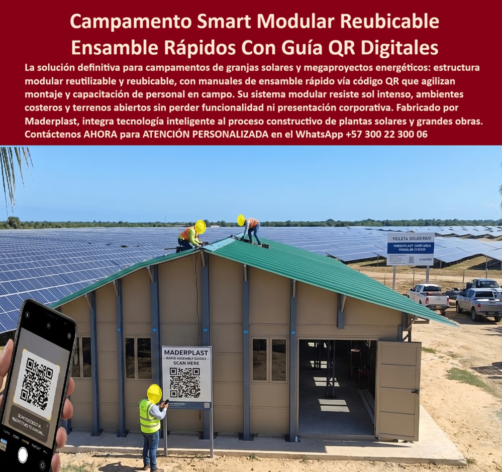 Campamentos Prefabricados Alta Calidad Smart Campamento Maderplast - Campamentos Smart Modulares Reubicables: Infraestructura Inteligente para Grandes Proyectos Energéticos, Mineros e Industriales La imagen presenta una nueva generación de campamentos Smart modulares reubicables, desarrollados para proyectos donde la velocidad de ejecución, la movilidad y la gestión eficiente del conocimiento técnico resultan determinantes. Se observa un campamento instalado junto a una gran planta solar, incorporando un sistema de manuales digitales mediante códigos QR que permite acceder inmediatamente a instrucciones de montaje, mantenimiento, inventarios, procedimientos técnicos y capacitación del personal directamente desde dispositivos móviles. Esta integración entre infraestructura modular e información digital transforma el concepto tradicional de campamento temporal en una plataforma inteligente preparada para acompañar la operación de megaproyectos modernos. Las grandes obras de infraestructura, los parques solares, parques eólicos, minas, proyectos petroleros, gasoductos, hidroeléctricas, líneas de transmisión, carreteras y desarrollos industriales requieren instalaciones que puedan movilizarse rápidamente conforme avanza la ejecución del proyecto. Por ello, los campamentos prefabricados de alta calidad, los campamentos de obra reutilizables y reubicables, los campamentos corporativos para grandes proyectos, los campamentos modulares para megaobras, las oficinas inteligentes transportables, los módulos administrativos, los campamentos llave en mano y la infraestructura modular digital representan una solución de ingeniería diseñada para optimizar la logística y reducir costos durante toda la vida útil del proyecto. Uno de los elementos más innovadores del sistema mostrado es la incorporación de información técnica mediante códigos QR. Cada módulo puede disponer de acceso inmediato a manuales de ensamble, procedimientos de mantenimiento, planos, listas de repuestos, protocolos de seguridad, instructivos de operación y registros técnicos. Esta herramienta facilita la capacitación del personal, reduce errores durante el montaje, mejora la estandarización de los procesos y permite que cualquier técnico autorizado consulte la documentación más actualizada directamente desde un teléfono móvil o una tableta, sin depender de manuales impresos que suelen deteriorarse o extraviarse durante la ejecución de la obra. La arquitectura modular también aporta una ventaja económica muy importante. Al finalizar un proyecto, el campamento puede desmontarse, transportarse e instalarse nuevamente en otra ubicación, manteniendo prácticamente intacta su funcionalidad. Esto transforma la infraestructura temporal en un activo reutilizable que acompaña el crecimiento de la empresa durante múltiples contratos, reduciendo considerablemente la inversión acumulada en instalaciones provisionales y mejorando el retorno económico del sistema. Desde el punto de vista técnico, los materiales desarrollados por Maderplast presentan excelente comportamiento frente a radiación ultravioleta, humedad, ambientes corrosivos, cambios climáticos y uso intensivo. Estas características permiten instalar los módulos tanto en regiones costeras como en desiertos, selvas, zonas mineras, campos petroleros, parques solares y áreas industriales donde la infraestructura permanece expuesta continuamente a condiciones ambientales severas. La disminución del mantenimiento contribuye además a reducir costos operativos y prolongar la vida útil de cada módulo. La flexibilidad del sistema permite configurar oficinas administrativas, salas de reuniones, centros de control, dormitorios, comedores, laboratorios, enfermeras, talleres, almacenes, edificios de seguridad y cualquier otra instalación requerida por el proyecto. La modularidad facilita ampliaciones, redistribuciones y adaptaciones conforme evolucionan las necesidades operativas, manteniendo siempre una imagen corporativa uniforme y una elevada calidad arquitectónica. Para empresas EPC, constructoras, compañías energéticas, operadores mineros, desarrolladores de parques solares y grandes contratistas, la decisión de invertir en infraestructura modular debe evaluarse considerando el costo total de propiedad. Un campamento reutilizable, fácilmente transportable, digitalmente documentado y preparado para múltiples ciclos de instalación ofrece una rentabilidad considerablemente superior a soluciones convencionales que deben construirse nuevamente para cada contrato. La reducción del tiempo de montaje, la facilidad de capacitación, la reutilización permanente y la disminución de mantenimientos generan beneficios económicos que se acumulan durante toda la vida útil del sistema. Maderplast desarrolla estos campamentos Smart modulares mediante procesos industriales especializados, diseño propio y fabricación personalizada para proyectos nacionales e internacionales. La empresa trabaja bajo sistemas certificados ISO 9001 para gestión de calidad e ISO 14001 para gestión ambiental, ofreciendo ingeniería, diseño arquitectónico, fabricación, transporte, instalación y acompañamiento técnico integral. Además, puede integrar soluciones digitales, señalización inteligente, sistemas de identificación mediante códigos QR, documentación electrónica y herramientas de apoyo para facilitar la operación y el mantenimiento de la infraestructura. Diversas organizaciones vinculadas a infraestructura, energía, minería y construcción han incorporado soluciones modulares desarrolladas por Maderplast buscando optimizar la logística de sus proyectos y mejorar la eficiencia operacional. Por razones de confidencialidad no se publican todos los desarrollos realizados, pero la empresa puede presentar referencias comerciales, renders, modelos tridimensionales, planos, propuestas de distribución y soluciones personalizadas adaptadas a la duración, ubicación y características específicas de cada proyecto. La inversión en campamentos prefabricados de alta calidad, campamentos Smart reutilizables, infraestructura modular reubicable, campamentos corporativos para grandes proyectos, módulos administrativos inteligentes y estructuras transportables de ingeniería representa una decisión orientada a incrementar la productividad, reducir costos ocultos y disponer de una infraestructura preparada para evolucionar junto con las necesidades de la organización. Más que instalar un campamento temporal, significa incorporar una plataforma inteligente, reutilizable y tecnológicamente integrada que mejora la operación, facilita la capacitación del personal y fortalece la competitividad de la empresa en cada nuevo proyecto. Descripción Ficha técnica y Descripción Ficha técnica Resumida del producto: Ficha técnica resumida Resumen del producto Descripción Ficha técnica y Descripción Ficha técnica Resumida del producto: Campamentos Smart modulares reubicables, campamentos prefabricados de alta calidad, oficinas inteligentes para grandes proyectos, módulos corporativos reutilizables e infraestructura digital con códigos QR para minería, energía, parques solares y megaobras. Soluciones Maderplast de rápida instalación, alta durabilidad y mínimo mantenimiento. Contáctenos ahora mismo por WhatsApp y reciba atención personalizada de un asesor especializado: +57 300 22 300 06. Campamentos de obra reutilizables y reubicables, Campamentos Corporativos Grandes Proyectos, Campamentos Modulares Grandes Obras, Campamentos Modulares altas Megaobras, A Campamentos Prefabricados Alta Calidad Smart Campamento Maderplast Campamentos de obra reutilizables y reubicables Campamentos Corporativos Grandes Proyectos Campamentos Modulares Grandes Obras Campamentos Modulares altas Megaobras A Campamentos Smart Modulares Reubicables: Infraestructura Inteligente para Grandes Proyectos Energéticos, Mineros e Industriales La imagen presenta una nueva generación de campamentos Smart modulares reubicables, desarrollados para proyectos donde la velocidad de ejecución, la movilidad y la gestión eficiente del conocimiento técnico resultan determinantes. Se observa un campamento instalado junto a una gran planta solar, incorporando un sistema de manuales digitales mediante códigos QR que permite acceder inmediatamente a instrucciones de montaje, mantenimiento, inventarios, procedimientos técnicos y capacitación del personal directamente desde dispositivos móviles. Esta integración entre infraestructura modular e información digital transforma el concepto tradicional de campamento temporal en una plataforma inteligente preparada para acompañar la operación de megaproyectos modernos. Las grandes obras de infraestructura, los parques solares, parques eólicos, minas, proyectos petroleros, gasoductos, hidroeléctricas, líneas de transmisión, carreteras y desarrollos industriales requieren instalaciones que puedan movilizarse rápidamente conforme avanza la ejecución del proyecto. Por ello, los campamentos prefabricados de alta calidad, los campamentos de obra reutilizables y reubicables, los campamentos corporativos para grandes proyectos, los campamentos modulares para megaobras, las oficinas inteligentes transportables, los módulos administrativos, los campamentos llave en mano y la infraestructura modular digital representan una solución de ingeniería diseñada para optimizar la logística y reducir costos durante toda la vida útil del proyecto. Uno de los elementos más innovadores del sistema mostrado es la incorporación de información técnica mediante códigos QR. Cada módulo puede disponer de acceso inmediato a manuales de ensamble, procedimientos de mantenimiento, planos, listas de repuestos, protocolos de seguridad, instructivos de operación y registros técnicos. Esta herramienta facilita la capacitación del personal, reduce errores durante el montaje, mejora la estandarización de los procesos y permite que cualquier técnico autorizado consulte la documentación más actualizada directamente desde un teléfono móvil o una tableta, sin depender de manuales impresos que suelen deteriorarse o extraviarse durante la ejecución de la obra. La arquitectura modular también aporta una ventaja económica muy importante. Al finalizar un proyecto, el campamento puede desmontarse, transportarse e instalarse nuevamente en otra ubicación, manteniendo prácticamente intacta su funcionalidad. Esto transforma la infraestructura temporal en un activo reutilizable que acompaña el crecimiento de la empresa durante múltiples contratos, reduciendo considerablemente la inversión acumulada en instalaciones provisionales y mejorando el retorno económico del sistema. Desde el punto de vista técnico, los materiales desarrollados por Maderplast presentan excelente comportamiento frente a radiación ultravioleta, humedad, ambientes corrosivos, cambios climáticos y uso intensivo. Estas características permiten instalar los módulos tanto en regiones costeras como en desiertos, selvas, zonas mineras, campos petroleros, parques solares y áreas industriales donde la infraestructura permanece expuesta continuamente a condiciones ambientales severas. La disminución del mantenimiento contribuye además a reducir costos operativos y prolongar la vida útil de cada módulo. La flexibilidad del sistema permite configurar oficinas administrativas, salas de reuniones, centros de control, dormitorios, comedores, laboratorios, enfermeras, talleres, almacenes, edificios de seguridad y cualquier otra instalación requerida por el proyecto. La modularidad facilita ampliaciones, redistribuciones y adaptaciones conforme evolucionan las necesidades operativas, manteniendo siempre una imagen corporativa uniforme y una elevada calidad arquitectónica. Para empresas EPC, constructoras, compañías energéticas, operadores mineros, desarrolladores de parques solares y grandes contratistas, la decisión de invertir en infraestructura modular debe evaluarse considerando el costo total de propiedad. Un campamento reutilizable, fácilmente transportable, digitalmente documentado y preparado para múltiples ciclos de instalación ofrece una rentabilidad considerablemente superior a soluciones convencionales que deben construirse nuevamente para cada contrato. La reducción del tiempo de montaje, la facilidad de capacitación, la reutilización permanente y la disminución de mantenimientos generan beneficios económicos que se acumulan durante toda la vida útil del sistema. Maderplast desarrolla estos campamentos Smart modulares mediante procesos industriales especializados, diseño propio y fabricación personalizada para proyectos nacionales e internacionales. La empresa trabaja bajo sistemas certificados ISO 9001 para gestión de calidad e ISO 14001 para gestión ambiental, ofreciendo ingeniería, diseño arquitectónico, fabricación, transporte, instalación y acompañamiento técnico integral. Además, puede integrar soluciones digitales, señalización inteligente, sistemas de identificación mediante códigos QR, documentación electrónica y herramientas de apoyo para facilitar la operación y el mantenimiento de la infraestructura. Diversas organizaciones vinculadas a infraestructura, energía, minería y construcción han incorporado soluciones modulares desarrolladas por Maderplast buscando optimizar la logística de sus proyectos y mejorar la eficiencia operacional. Por razones de confidencialidad no se publican todos los desarrollos realizados, pero la empresa puede presentar referencias comerciales, renders, modelos tridimensionales, planos, propuestas de distribución y soluciones personalizadas adaptadas a la duración, ubicación y características específicas de cada proyecto. La inversión en campamentos prefabricados de alta calidad, campamentos Smart reutilizables, infraestructura modular reubicable, campamentos corporativos para grandes proyectos, módulos administrativos inteligentes y estructuras transportables de ingeniería representa una decisión orientada a incrementar la productividad, reducir costos ocultos y disponer de una infraestructura preparada para evolucionar junto con las necesidades de la organización. Más que instalar un campamento temporal, significa incorporar una plataforma inteligente, reutilizable y tecnológicamente integrada que mejora la operación, facilita la capacitación del personal y fortalece la competitividad de la empresa en cada nuevo proyecto. Descripción Ficha técnica y Descripción Ficha técnica Resumida del producto: Ficha técnica resumida Resumen del producto Descripción Ficha técnica y Descripción Ficha técnica Resumida del producto: Campamentos Smart modulares reubicables, campamentos prefabricados de alta calidad, oficinas inteligentes para grandes proyectos, módulos corporativos reutilizables e infraestructura digital con códigos QR para minería, energía, parques solares y megaobras. Soluciones Maderplast de rápida instalación, alta durabilidad y mínimo mantenimiento. Contáctenos ahora mismo por WhatsApp y reciba atención personalizada de un asesor especializado: +57 300 22 300 06.