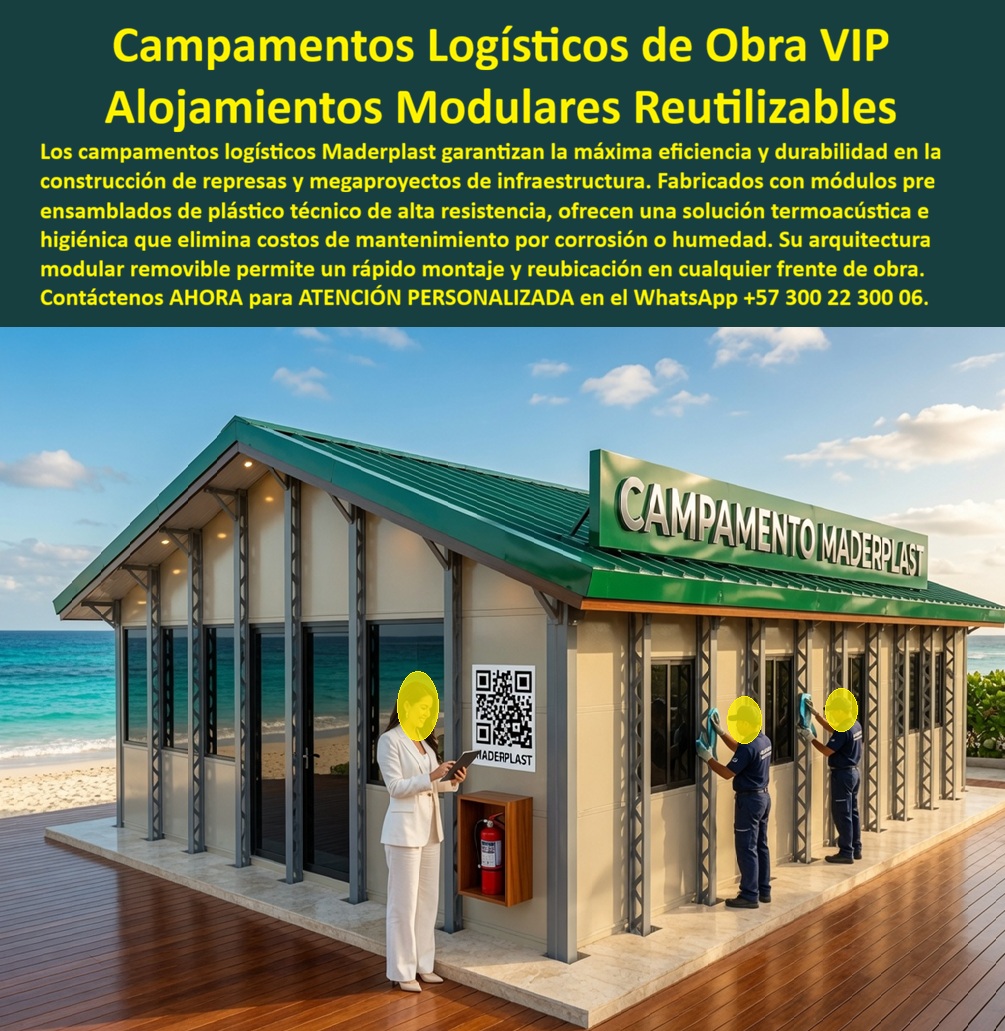 Campamentos Prefabricados Alta Calidad Smart Campamento Maderplast - Campamentos Logísticos VIP y Alojamientos Modulares Reutilizables: Infraestructura Inteligente para Represas, Megaobras y Grandes Proyectos de Ingeniería La imagen presenta un moderno campamento logístico VIP desarrollado como una plataforma operativa de alto desempeño para proyectos de infraestructura de gran escala. Su arquitectura modular integra oficinas administrativas, áreas de coordinación, espacios de atención, módulos de alojamiento y servicios logísticos dentro de una infraestructura reutilizable, diseñada para responder a los requerimientos de constructoras, empresas EPC (Engineering, Procurement and Construction), concesiones, hidroeléctricas, represas, minería, petróleo, energía y megaproyectos nacionales e internacionales. Más que un conjunto de edificaciones temporales, este sistema representa una solución industrializada concebida para acompañar a la empresa durante múltiples proyectos, conservando su funcionalidad, presentación corporativa y valor económico. Las grandes obras civiles requieren una logística altamente organizada desde el primer día. Antes de iniciar la producción, es indispensable disponer de oficinas, salas de ingeniería, centros de control, alojamiento para el personal, áreas de reuniones, bodegas, servicios y espacios administrativos que permitan coordinar eficientemente cientos o incluso miles de trabajadores. Los campamentos prefabricados de alta calidad, la infraestructura temporal reutilizable, los alojamientos modulares para construcción, los campamentos logísticos para represas, los centros logísticos para megaproyectos de infraestructura, los campamentos corporativos inteligentes, las oficinas modulares premium y las instalaciones desmontables de alta ingeniería responden precisamente a esta necesidad de operar con rapidez, eficiencia y confiabilidad. Uno de los principales beneficios de este sistema consiste en su capacidad de reutilización. Finalizado un proyecto, toda la infraestructura puede desmontarse, transportarse e instalarse en una nueva obra, conservando prácticamente intactas sus características técnicas y arquitectónicas. Esta capacidad transforma el campamento en un activo permanente de la organización, eliminando la necesidad de construir nuevamente instalaciones temporales para cada contrato y reduciendo significativamente el costo total de propiedad durante muchos años de operación. Desde el punto de vista constructivo, los materiales de ingeniería utilizados por Maderplast presentan un excelente comportamiento frente a humedad, ambientes corrosivos, radiación ultravioleta, insectos, termitas y condiciones climáticas severas. Esta resistencia disminuye considerablemente los trabajos de mantenimiento y permite conservar una imagen corporativa impecable incluso en proyectos desarrollados en regiones tropicales, zonas costeras, áreas montañosas, selvas, campos petroleros, parques energéticos o corredores de infraestructura donde las condiciones ambientales aceleran el deterioro de los sistemas convencionales. La modularidad también ofrece una extraordinaria flexibilidad operativa. El conjunto puede configurarse para integrar porterías, edificios administrativos, salas de juntas, dormitorios, comedores, cocinas industriales, centros médicos, laboratorios, talleres, bodegas, áreas de capacitación, centros de monitoreo y cualquier otra instalación requerida por el cliente. Conforme evolucionan las necesidades del proyecto, nuevos módulos pueden incorporarse rápidamente sin afectar la operación existente, facilitando ampliaciones progresivas y una administración mucho más eficiente de la infraestructura. La incorporación de tecnologías digitales constituye otro elemento diferenciador. Sistemas de identificación mediante códigos QR, documentación técnica digital, manuales electrónicos, control de activos, inventarios, procedimientos de mantenimiento y protocolos de seguridad pueden integrarse directamente a la infraestructura, facilitando la gestión documental y permitiendo que supervisores, ingenieros y técnicos accedan de manera inmediata a la información necesaria mediante dispositivos móviles. Esta digitalización fortalece la trazabilidad, mejora la capacitación del personal y optimiza la operación diaria del campamento. Para empresas constructoras, operadores energéticos, compañías mineras, concesionarios y organizaciones dedicadas a grandes proyectos de infraestructura, la evaluación económica debe considerar mucho más que el costo inicial. Un campamento reutilizable, durable, fácilmente transportable y de bajo mantenimiento representa una inversión estratégica que reduce costos recurrentes, disminuye tiempos improductivos y conserva un importante valor patrimonial durante múltiples contratos. Bajo este enfoque, la infraestructura deja de ser un gasto temporal para convertirse en una herramienta permanente que mejora la competitividad de la organización. Maderplast desarrolla estos campamentos logísticos VIP mediante procesos industriales especializados, diseño modular propio y fabricación personalizada para cada proyecto. La empresa trabaja bajo sistemas certificados ISO 9001 para gestión de calidad e ISO 14001 para gestión ambiental, ofreciendo diseño arquitectónico, ingeniería, fabricación, transporte, instalación y acompañamiento técnico integral. Cada solución puede adaptarse a las condiciones climáticas, número de usuarios, duración del proyecto y requerimientos operativos específicos, permitiendo desarrollar complejos completamente personalizados para minería, hidroeléctricas, parques solares, infraestructura vial, petróleo, gas, industria y construcción. Diversas organizaciones han incorporado soluciones modulares desarrolladas por Maderplast buscando optimizar sus procesos logísticos y reducir tiempos de implementación. Por acuerdos de confidencialidad no se publican todos los proyectos ejecutados, pero la empresa puede presentar referencias comerciales, antecedentes de suministro, renders, modelos tridimensionales, planos arquitectónicos y propuestas técnicas diseñadas específicamente para cada cliente, facilitando el proceso de evaluación y toma de decisiones. Invertir en campamentos logísticos VIP, infraestructura temporal reutilizable, alojamientos modulares para construcción, campamentos corporativos inteligentes, centros logísticos para megaproyectos, instalaciones modulares EPC y estructuras prefabricadas de alta ingeniería significa disponer de una plataforma operativa preparada para acompañar el crecimiento de la empresa durante muchos años. Más que construir instalaciones temporales, representa desarrollar una infraestructura estratégica que reduce costos, acelera el inicio de operaciones, fortalece la imagen corporativa y proporciona la flexibilidad necesaria para afrontar con éxito los desafíos de los grandes proyectos de ingeniería. Descripción Ficha técnica Resumida del producto: Campamentos logísticos VIP, infraestructura temporal reutilizable, alojamientos modulares para construcción, campamentos prefabricados premium y centros logísticos para represas, minería, energía y megaproyectos EPC. Soluciones Maderplast de rápida instalación, alta durabilidad, bajo mantenimiento y reutilización permanente. Contáctenos ahora mismo por WhatsApp y reciba atención personalizada de un asesor especializado: +57 300 22 300 06. infraestructura temporal reutilizable, Alojamientos Modulares Construcción, campamento logístico construcción de represa, centro logístico megaproyecto de infraestructura Campamentos Prefabricados Alta Calidad Smart Campamento Maderplast infraestructura temporal reutilizable Alojamientos Modulares Construcción campamento logístico construcción de represa centro logístico megaproyecto de infraestructura Campamentos Logísticos VIP y Alojamientos Modulares Reutilizables: Infraestructura Inteligente para Represas, Megaobras y Grandes Proyectos de Ingeniería La imagen presenta un moderno campamento logístico VIP desarrollado como una plataforma operativa de alto desempeño para proyectos de infraestructura de gran escala. Su arquitectura modular integra oficinas administrativas, áreas de coordinación, espacios de atención, módulos de alojamiento y servicios logísticos dentro de una infraestructura reutilizable, diseñada para responder a los requerimientos de constructoras, empresas EPC (Engineering, Procurement and Construction), concesiones, hidroeléctricas, represas, minería, petróleo, energía y megaproyectos nacionales e internacionales. Más que un conjunto de edificaciones temporales, este sistema representa una solución industrializada concebida para acompañar a la empresa durante múltiples proyectos, conservando su funcionalidad, presentación corporativa y valor económico. Las grandes obras civiles requieren una logística altamente organizada desde el primer día. Antes de iniciar la producción, es indispensable disponer de oficinas, salas de ingeniería, centros de control, alojamiento para el personal, áreas de reuniones, bodegas, servicios y espacios administrativos que permitan coordinar eficientemente cientos o incluso miles de trabajadores. Los campamentos prefabricados de alta calidad, la infraestructura temporal reutilizable, los alojamientos modulares para construcción, los campamentos logísticos para represas, los centros logísticos para megaproyectos de infraestructura, los campamentos corporativos inteligentes, las oficinas modulares premium y las instalaciones desmontables de alta ingeniería responden precisamente a esta necesidad de operar con rapidez, eficiencia y confiabilidad. Uno de los principales beneficios de este sistema consiste en su capacidad de reutilización. Finalizado un proyecto, toda la infraestructura puede desmontarse, transportarse e instalarse en una nueva obra, conservando prácticamente intactas sus características técnicas y arquitectónicas. Esta capacidad transforma el campamento en un activo permanente de la organización, eliminando la necesidad de construir nuevamente instalaciones temporales para cada contrato y reduciendo significativamente el costo total de propiedad durante muchos años de operación. Desde el punto de vista constructivo, los materiales de ingeniería utilizados por Maderplast presentan un excelente comportamiento frente a humedad, ambientes corrosivos, radiación ultravioleta, insectos, termitas y condiciones climáticas severas. Esta resistencia disminuye considerablemente los trabajos de mantenimiento y permite conservar una imagen corporativa impecable incluso en proyectos desarrollados en regiones tropicales, zonas costeras, áreas montañosas, selvas, campos petroleros, parques energéticos o corredores de infraestructura donde las condiciones ambientales aceleran el deterioro de los sistemas convencionales. La modularidad también ofrece una extraordinaria flexibilidad operativa. El conjunto puede configurarse para integrar porterías, edificios administrativos, salas de juntas, dormitorios, comedores, cocinas industriales, centros médicos, laboratorios, talleres, bodegas, áreas de capacitación, centros de monitoreo y cualquier otra instalación requerida por el cliente. Conforme evolucionan las necesidades del proyecto, nuevos módulos pueden incorporarse rápidamente sin afectar la operación existente, facilitando ampliaciones progresivas y una administración mucho más eficiente de la infraestructura. La incorporación de tecnologías digitales constituye otro elemento diferenciador. Sistemas de identificación mediante códigos QR, documentación técnica digital, manuales electrónicos, control de activos, inventarios, procedimientos de mantenimiento y protocolos de seguridad pueden integrarse directamente a la infraestructura, facilitando la gestión documental y permitiendo que supervisores, ingenieros y técnicos accedan de manera inmediata a la información necesaria mediante dispositivos móviles. Esta digitalización fortalece la trazabilidad, mejora la capacitación del personal y optimiza la operación diaria del campamento. Para empresas constructoras, operadores energéticos, compañías mineras, concesionarios y organizaciones dedicadas a grandes proyectos de infraestructura, la evaluación económica debe considerar mucho más que el costo inicial. Un campamento reutilizable, durable, fácilmente transportable y de bajo mantenimiento representa una inversión estratégica que reduce costos recurrentes, disminuye tiempos improductivos y conserva un importante valor patrimonial durante múltiples contratos. Bajo este enfoque, la infraestructura deja de ser un gasto temporal para convertirse en una herramienta permanente que mejora la competitividad de la organización. Maderplast desarrolla estos campamentos logísticos VIP mediante procesos industriales especializados, diseño modular propio y fabricación personalizada para cada proyecto. La empresa trabaja bajo sistemas certificados ISO 9001 para gestión de calidad e ISO 14001 para gestión ambiental, ofreciendo diseño arquitectónico, ingeniería, fabricación, transporte, instalación y acompañamiento técnico integral. Cada solución puede adaptarse a las condiciones climáticas, número de usuarios, duración del proyecto y requerimientos operativos específicos, permitiendo desarrollar complejos completamente personalizados para minería, hidroeléctricas, parques solares, infraestructura vial, petróleo, gas, industria y construcción. Diversas organizaciones han incorporado soluciones modulares desarrolladas por Maderplast buscando optimizar sus procesos logísticos y reducir tiempos de implementación. Por acuerdos de confidencialidad no se publican todos los proyectos ejecutados, pero la empresa puede presentar referencias comerciales, antecedentes de suministro, renders, modelos tridimensionales, planos arquitectónicos y propuestas técnicas diseñadas específicamente para cada cliente, facilitando el proceso de evaluación y toma de decisiones. Invertir en campamentos logísticos VIP, infraestructura temporal reutilizable, alojamientos modulares para construcción, campamentos corporativos inteligentes, centros logísticos para megaproyectos, instalaciones modulares EPC y estructuras prefabricadas de alta ingeniería significa disponer de una plataforma operativa preparada para acompañar el crecimiento de la empresa durante muchos años. Más que construir instalaciones temporales, representa desarrollar una infraestructura estratégica que reduce costos, acelera el inicio de operaciones, fortalece la imagen corporativa y proporciona la flexibilidad necesaria para afrontar con éxito los desafíos de los grandes proyectos de ingeniería. Descripción Ficha técnica Resumida del producto: Campamentos logísticos VIP, infraestructura temporal reutilizable, alojamientos modulares para construcción, campamentos prefabricados premium y centros logísticos para represas, minería, energía y megaproyectos EPC. Soluciones Maderplast de rápida instalación, alta durabilidad, bajo mantenimiento y reutilización permanente. Contáctenos ahora mismo por WhatsApp y reciba atención personalizada de un asesor especializado: +57 300 22 300 06.