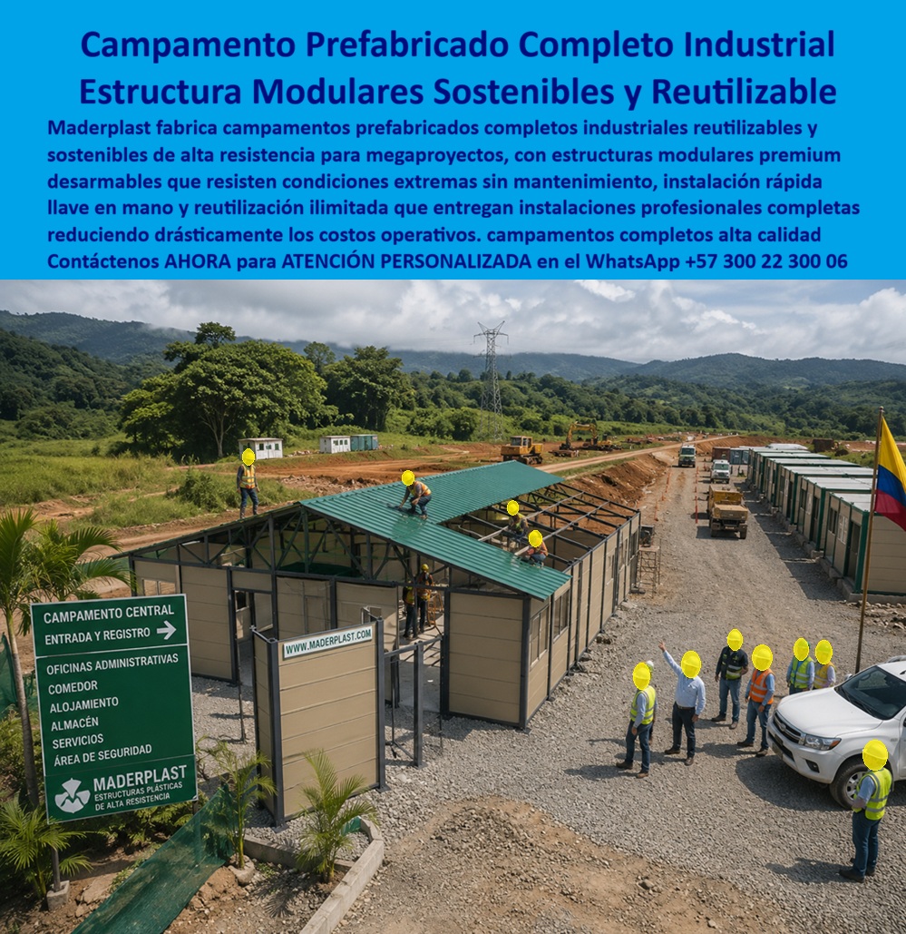 Campamentos Prefabricados Completos Diseño Campamentos Maderplast - Campamentos Prefabricados Industriales Reutilizables: Infraestructura Modular Inteligente para Megaproyectos, Minería, Energía y Grandes Obras La imagen muestra un campamento prefabricado industrial completo desarrollado bajo un concepto de infraestructura modular reutilizable para atender las necesidades de proyectos de gran escala. Se observa un complejo en plena etapa de instalación que integra oficinas administrativas, alojamiento, comedor, almacenes, áreas de servicios y zonas de seguridad dentro de un mismo sistema constructivo. La característica más importante de esta solución no es únicamente su rapidez de montaje, sino su capacidad para desmontar, trasladar y volver a instalarse en nuevos proyectos, convirtiendo el campamento en un activo permanente de la empresa y no en una infraestructura desechable al finalizar la obra. En proyectos de minería, petróleo, gas, hidroeléctricas, infraestructura vial, concesiones, ferrocarriles, puertos, aeropuertos, energía renovable, transmisión eléctrica, grandes urbanizaciones y construcción industrial, el campamento constituye el centro operativo desde donde se administra toda la ejecución del proyecto. Cada retraso en su instalación significa pérdida de productividad, incremento en costos indirectos y dificultades logísticas. Por esta razón, los campamentos industriales reutilizables, los campamentos sostenibles, los campamentos prefabricados premium, las estructuras modulares desarmables de alta resistencia, las oficinas modulares, los campamentos llave en mano, los módulos habitacionales y los complejos industriales transportables representan una solución cada vez más utilizada por compañías que requieren máxima eficiencia operacional. Uno de los principales beneficios de este sistema consiste en la industrialización del proceso constructivo. Mientras una edificación convencional demanda largos periodos de construcción directamente en obra, los módulos desarrollados por Maderplast pueden fabricarse de manera controlada, transportarse al proyecto y ensamblarse rápidamente mediante un proceso organizado que reduce considerablemente el tiempo necesario para iniciar operaciones. Esta velocidad permite que el personal técnico, administrativo y operativo disponga oportunamente de oficinas, dormitorios, comedores, salas de reuniones, áreas médicas, almacenes y espacios de soporte desde las primeras etapas del proyecto. La modularidad también transforma la manera de administrar las inversiones. En lugar de construir instalaciones permanentes que posteriormente deben demolerse o abandonarse, la empresa dispone de una infraestructura completamente reutilizable que puede desmontarse, transportarse y adaptarse a nuevos contratos. Esto convierte al campamento en un activo de largo plazo capaz de generar valor durante múltiples proyectos, disminuyendo significativamente el costo total de propiedad y mejorando la rentabilidad de la inversión inicial. Desde el punto de vista técnico, los materiales desarrollados por Maderplast ofrecen excelente comportamiento frente a humedad, radiación ultravioleta, ambientes corrosivos, insectos, termitas y condiciones climáticas severas. Esta resistencia ambiental reduce considerablemente las necesidades de mantenimiento respecto a soluciones convencionales, permitiendo que los módulos conserven su apariencia, funcionalidad y desempeño durante numerosos ciclos de instalación y reutilización. Para compañías que operan en regiones tropicales, zonas costeras, selvas, desiertos o ambientes industriales agresivos, esta característica representa una ventaja económica y operativa muy importante. La flexibilidad arquitectónica permite desarrollar configuraciones completamente personalizadas según las necesidades del proyecto. Los campamentos pueden incorporar oficinas administrativas, salas de ingeniería, dormitorios, comedores, cocinas industriales, lavanderías, enfermeras, centros de control, bodegas, laboratorios, talleres, áreas recreativas, auditorios, módulos de capacitación, porterías y edificios especializados, integrando todos los servicios necesarios para la operación de grandes proyectos bajo un mismo sistema constructivo. Para directores de proyectos, gerentes de construcción, empresas EPC, compañías mineras, petroleras y contratistas de infraestructura, la decisión no debe evaluarse únicamente por el costo inicial del campamento. El análisis profesional considera el tiempo de instalación, la facilidad de transporte, la reutilización futura, la durabilidad de los materiales, la disminución del mantenimiento y la posibilidad de recuperar la inversión mediante el uso continuo de la infraestructura en diferentes contratos. Bajo este criterio, un sistema reutilizable ofrece una rentabilidad considerablemente superior frente a instalaciones tradicionales construidas para un único proyecto. Maderplast desarrolla estos campamentos prefabricados completos mediante procesos industriales especializados, diseño modular propio y fabricación personalizada para proyectos de cualquier dimensión. La empresa trabaja bajo sistemas certificados de gestión ISO 9001 para calidad e ISO 14001 para gestión ambiental, ofreciendo además diseño arquitectónico, ingeniería, fabricación, transporte, instalación y acompañamiento técnico durante toda la ejecución del proyecto. Su experiencia permite desarrollar soluciones adaptadas a minería, hidrocarburos, energía, infraestructura, turismo, defensa, industria y construcción, incorporando criterios de eficiencia, sostenibilidad y rápida implementación. Diversas organizaciones públicas y privadas han implementado soluciones modulares desarrolladas por Maderplast para optimizar la logística de sus proyectos. Por acuerdos de confidencialidad no se divulgan públicamente todos los clientes atendidos, pero la empresa puede presentar referencias comerciales, antecedentes de suministro, modelos arquitectónicos, renders, planos y diseños personalizados durante el proceso de evaluación técnica. También puede desarrollar configuraciones especiales de acuerdo con el número de personas, condiciones climáticas, duración del proyecto y necesidades operativas de cada cliente. La incorporación de campamentos industriales reutilizables, estructuras modulares sostenibles, campamentos prefabricados premium, módulos habitacionales, oficinas transportables, infraestructura desmontable y sistemas llave en mano representa una inversión orientada a maximizar la productividad, reducir costos ocultos y disponer de infraestructura reutilizable para múltiples proyectos futuros. Más que construir un campamento temporal, significa desarrollar una plataforma operativa permanente capaz de acompañar el crecimiento de la empresa durante años, ofreciendo rapidez de instalación, bajo mantenimiento, alta durabilidad y una excelente relación entre inversión y vida útil. Descripción Ficha técnica Resumida del producto: Campamentos prefabricados industriales reutilizables, estructuras modulares sostenibles, oficinas transportables, módulos habitacionales y campamentos llave en mano para minería, petróleo, energía, infraestructura y grandes obras. Soluciones Maderplast de rápida instalación, alta durabilidad, reutilización continua y mínimo mantenimiento. Contáctenos ahora mismo por WhatsApp y reciba atención personalizada de un asesor especializado: +57 300 22 300 06. Campamentos Industriales Reutilizables, Campamentos Sostenibles y Reutilizables, Campamentos Prefabricados Premium, Estructuras modulares desarmables de alta resistencia A Campamentos Prefabricados Completos Diseño Campamentos Maderplast Campamentos Industriales Reutilizables Campamentos Sostenibles y Reutilizables Campamentos Prefabricados Premium Estructuras modulares desarmables de alta resistencia A Campamentos Prefabricados Industriales Reutilizables: Infraestructura Modular Inteligente para Megaproyectos, Minería, Energía y Grandes Obras La imagen muestra un campamento prefabricado industrial completo desarrollado bajo un concepto de infraestructura modular reutilizable para atender las necesidades de proyectos de gran escala. Se observa un complejo en plena etapa de instalación que integra oficinas administrativas, alojamiento, comedor, almacenes, áreas de servicios y zonas de seguridad dentro de un mismo sistema constructivo. La característica más importante de esta solución no es únicamente su rapidez de montaje, sino su capacidad para desmontar, trasladar y volver a instalarse en nuevos proyectos, convirtiendo el campamento en un activo permanente de la empresa y no en una infraestructura desechable al finalizar la obra. En proyectos de minería, petróleo, gas, hidroeléctricas, infraestructura vial, concesiones, ferrocarriles, puertos, aeropuertos, energía renovable, transmisión eléctrica, grandes urbanizaciones y construcción industrial, el campamento constituye el centro operativo desde donde se administra toda la ejecución del proyecto. Cada retraso en su instalación significa pérdida de productividad, incremento en costos indirectos y dificultades logísticas. Por esta razón, los campamentos industriales reutilizables, los campamentos sostenibles, los campamentos prefabricados premium, las estructuras modulares desarmables de alta resistencia, las oficinas modulares, los campamentos llave en mano, los módulos habitacionales y los complejos industriales transportables representan una solución cada vez más utilizada por compañías que requieren máxima eficiencia operacional. Uno de los principales beneficios de este sistema consiste en la industrialización del proceso constructivo. Mientras una edificación convencional demanda largos periodos de construcción directamente en obra, los módulos desarrollados por Maderplast pueden fabricarse de manera controlada, transportarse al proyecto y ensamblarse rápidamente mediante un proceso organizado que reduce considerablemente el tiempo necesario para iniciar operaciones. Esta velocidad permite que el personal técnico, administrativo y operativo disponga oportunamente de oficinas, dormitorios, comedores, salas de reuniones, áreas médicas, almacenes y espacios de soporte desde las primeras etapas del proyecto. La modularidad también transforma la manera de administrar las inversiones. En lugar de construir instalaciones permanentes que posteriormente deben demolerse o abandonarse, la empresa dispone de una infraestructura completamente reutilizable que puede desmontarse, transportarse y adaptarse a nuevos contratos. Esto convierte al campamento en un activo de largo plazo capaz de generar valor durante múltiples proyectos, disminuyendo significativamente el costo total de propiedad y mejorando la rentabilidad de la inversión inicial. Desde el punto de vista técnico, los materiales desarrollados por Maderplast ofrecen excelente comportamiento frente a humedad, radiación ultravioleta, ambientes corrosivos, insectos, termitas y condiciones climáticas severas. Esta resistencia ambiental reduce considerablemente las necesidades de mantenimiento respecto a soluciones convencionales, permitiendo que los módulos conserven su apariencia, funcionalidad y desempeño durante numerosos ciclos de instalación y reutilización. Para compañías que operan en regiones tropicales, zonas costeras, selvas, desiertos o ambientes industriales agresivos, esta característica representa una ventaja económica y operativa muy importante. La flexibilidad arquitectónica permite desarrollar configuraciones completamente personalizadas según las necesidades del proyecto. Los campamentos pueden incorporar oficinas administrativas, salas de ingeniería, dormitorios, comedores, cocinas industriales, lavanderías, enfermeras, centros de control, bodegas, laboratorios, talleres, áreas recreativas, auditorios, módulos de capacitación, porterías y edificios especializados, integrando todos los servicios necesarios para la operación de grandes proyectos bajo un mismo sistema constructivo. Para directores de proyectos, gerentes de construcción, empresas EPC, compañías mineras, petroleras y contratistas de infraestructura, la decisión no debe evaluarse únicamente por el costo inicial del campamento. El análisis profesional considera el tiempo de instalación, la facilidad de transporte, la reutilización futura, la durabilidad de los materiales, la disminución del mantenimiento y la posibilidad de recuperar la inversión mediante el uso continuo de la infraestructura en diferentes contratos. Bajo este criterio, un sistema reutilizable ofrece una rentabilidad considerablemente superior frente a instalaciones tradicionales construidas para un único proyecto. Maderplast desarrolla estos campamentos prefabricados completos mediante procesos industriales especializados, diseño modular propio y fabricación personalizada para proyectos de cualquier dimensión. La empresa trabaja bajo sistemas certificados de gestión ISO 9001 para calidad e ISO 14001 para gestión ambiental, ofreciendo además diseño arquitectónico, ingeniería, fabricación, transporte, instalación y acompañamiento técnico durante toda la ejecución del proyecto. Su experiencia permite desarrollar soluciones adaptadas a minería, hidrocarburos, energía, infraestructura, turismo, defensa, industria y construcción, incorporando criterios de eficiencia, sostenibilidad y rápida implementación. Diversas organizaciones públicas y privadas han implementado soluciones modulares desarrolladas por Maderplast para optimizar la logística de sus proyectos. Por acuerdos de confidencialidad no se divulgan públicamente todos los clientes atendidos, pero la empresa puede presentar referencias comerciales, antecedentes de suministro, modelos arquitectónicos, renders, planos y diseños personalizados durante el proceso de evaluación técnica. También puede desarrollar configuraciones especiales de acuerdo con el número de personas, condiciones climáticas, duración del proyecto y necesidades operativas de cada cliente. La incorporación de campamentos industriales reutilizables, estructuras modulares sostenibles, campamentos prefabricados premium, módulos habitacionales, oficinas transportables, infraestructura desmontable y sistemas llave en mano representa una inversión orientada a maximizar la productividad, reducir costos ocultos y disponer de infraestructura reutilizable para múltiples proyectos futuros. Más que construir un campamento temporal, significa desarrollar una plataforma operativa permanente capaz de acompañar el crecimiento de la empresa durante años, ofreciendo rapidez de instalación, bajo mantenimiento, alta durabilidad y una excelente relación entre inversión y vida útil. Descripción Ficha técnica Resumida del producto: Campamentos prefabricados industriales reutilizables, estructuras modulares sostenibles, oficinas transportables, módulos habitacionales y campamentos llave en mano para minería, petróleo, energía, infraestructura y grandes obras. Soluciones Maderplast de rápida instalación, alta durabilidad, reutilización continua y mínimo mantenimiento. Contáctenos ahora mismo por WhatsApp y reciba atención personalizada de un asesor especializado: +57 300 22 300 06.