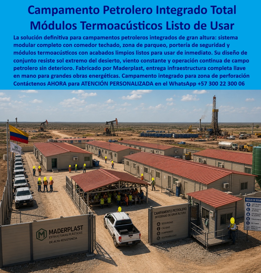 Campamentos Prefabricados Completos Diseño Campamentos Maderplast - Campamentos petroleros integrados totales con módulos termoacústicos listos de usar resuelven la infraestructura habitacional de grandes obras energéticas. Maderplast fábrica este sistema modular completo que incluye comedor techado, zona de parqueo, portería de seguridad y módulos termoacústicos con acabados limpios listos para uso inmediato. El diseño de conjunto resiste el sol extremo del desierto, el viento constante y la operación continua de campo petrolero sin deterioro. En proyectos de perforación y producción el problema recurrente es la calidad y la durabilidad de los campamentos: deterioro rápido por clima agresivo, falta de aislamiento, altos costos de mantenimiento y pérdida de condiciones habitables. Este campamento integrado de gran altura elimina ese ciclo. Los módulos de polímero técnico de alta resistencia no se oxidan, no se corroen y mantienen su presentación y desempeño a lo largo del tiempo. La entrega es llave en mano, con infraestructura completa que acelera el inicio de operaciones y reduce la logística de montaje. El resultado es una solución de ingeniería modular para grandes obras que eleva el estándar de vida del personal mientras baja el costo total de propiedad. Los acabados limpios, el aislamiento termoacústico y la resistencia a condiciones extremas convierten el campamento en un activo reutilizable y de bajo mantenimiento. El sistema se adapta a las exigencias de seguridad, calidad y sostenibilidad de la industria energética. Los campamentos convencionales de materiales inferiores, aunque lleguen a precio inicial bajo, terminan resultando carísimos por deterioro acelerado, filtraciones, reposiciones y pérdida de condiciones operativas. Maderplast entrega una solución de campamento modular integral que convierte la infraestructura de personal en un activo durable y de presentación profesional. Las plantas cuentan con certificación ISO 9001 en diseño y fabricación e ISO 14001 ambiental, y las piezas se validan con pruebas de laboratorio exigentes. Un gerente de operaciones de un campo petrolero comentó: “Implementamos el campamento integrado Maderplast en zona de perforación. Los módulos termoacústicos llegaron listos para usar, resistieron el clima extremo y eliminaron los problemas de mantenimiento. Cualquier alternativa convencional, aunque nos la regalaran, salía más cara por el deterioro y las intervenciones constantes”. La evidencia que elimina la duda técnica al firmar la orden de compra está en las pruebas extremas. El video en el que una retroexcavadora, un mazo de construcción y un rotomartillo impactan directamente los materiales Maderplast demuestra una resistencia que cambia la percepción de cualquier ingeniero o administrador de proyectos energéticos. Este registro, junto con el canal completo de validaciones, constituye el respaldo que un profesional necesita para especificar con tranquilidad. Para solicitar configuraciones de campamento, planos, manuales de instalación o cotización de producción en serie, contacte directamente al Departamento de Ingeniería. Ing. Soporte Técnico: (+57) 300 22 300 06 | ingenieria@maderplast.co. Campamentos de obra termoacústicos con acabados limpios listos usar, Campamentos Modulares Grandes Obras, Oficinas de campo modulares infraestructura, Campamento modular A Campamentos Prefabricados Completos Diseño Campamentos Maderplast Campamentos de obra termoacústicos con acabados limpios listos usar Campamentos Modulares Grandes Obras Oficinas de campo modulares infraestructura Campamento modular A Campamentos petroleros integrados totales con módulos termoacústicos listos de usar resuelven la infraestructura habitacional de grandes obras energéticas. Maderplast fábrica este sistema modular completo que incluye comedor techado, zona de parqueo, portería de seguridad y módulos termoacústicos con acabados limpios listos para uso inmediato. El diseño de conjunto resiste el sol extremo del desierto, el viento constante y la operación continua de campo petrolero sin deterioro. En proyectos de perforación y producción el problema recurrente es la calidad y la durabilidad de los campamentos: deterioro rápido por clima agresivo, falta de aislamiento, altos costos de mantenimiento y pérdida de condiciones habitables. Este campamento integrado de gran altura elimina ese ciclo. Los módulos de polímero técnico de alta resistencia no se oxidan, no se corroen y mantienen su presentación y desempeño a lo largo del tiempo. La entrega es llave en mano, con infraestructura completa que acelera el inicio de operaciones y reduce la logística de montaje. El resultado es una solución de ingeniería modular para grandes obras que eleva el estándar de vida del personal mientras baja el costo total de propiedad. Los acabados limpios, el aislamiento termoacústico y la resistencia a condiciones extremas convierten el campamento en un activo reutilizable y de bajo mantenimiento. El sistema se adapta a las exigencias de seguridad, calidad y sostenibilidad de la industria energética. Los campamentos convencionales de materiales inferiores, aunque lleguen a precio inicial bajo, terminan resultando carísimos por deterioro acelerado, filtraciones, reposiciones y pérdida de condiciones operativas. Maderplast entrega una solución de campamento modular integral que convierte la infraestructura de personal en un activo durable y de presentación profesional. Las plantas cuentan con certificación ISO 9001 en diseño y fabricación e ISO 14001 ambiental, y las piezas se validan con pruebas de laboratorio exigentes. Un gerente de operaciones de un campo petrolero comentó: “Implementamos el campamento integrado Maderplast en zona de perforación. Los módulos termoacústicos llegaron listos para usar, resistieron el clima extremo y eliminaron los problemas de mantenimiento. Cualquier alternativa convencional, aunque nos la regalaran, salía más cara por el deterioro y las intervenciones constantes”. La evidencia que elimina la duda técnica al firmar la orden de compra está en las pruebas extremas. El video en el que una retroexcavadora, un mazo de construcción y un rotomartillo impactan directamente los materiales Maderplast demuestra una resistencia que cambia la percepción de cualquier ingeniero o administrador de proyectos energéticos. Este registro, junto con el canal completo de validaciones, constituye el respaldo que un profesional necesita para especificar con tranquilidad. Para solicitar configuraciones de campamento, planos, manuales de instalación o cotización de producción en serie, contacte directamente al Departamento de Ingeniería. Ing. Soporte Técnico: (+57) 300 22 300 06 | ingenieria@maderplast.co.
