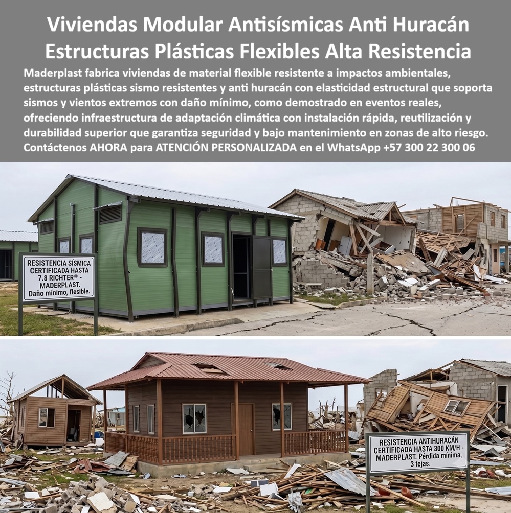 Construcciones Antisísmicas Anti Huracán Elasticidad Estructural Maderplast - Viviendas Modulares Antisísmicas y Anti Huracán: Infraestructura Flexible de Alta Ingeniería para Zonas de Riesgo Climático y Sísmico La imagen ilustra el principio de una construcción resiliente, donde una vivienda modular con estructura plástica flexible permanece en servicio mientras edificaciones convencionales del entorno presentan colapsos severos ocasionados por un evento sísmico o un fenómeno de vientos extremos. Más allá del contraste visual, el concepto representa una nueva generación de infraestructura de adaptación climática, desarrollada para responder a los desafíos actuales del cambio climático, el incremento de fenómenos naturales y la necesidad de construir edificaciones capaces de absorber esfuerzos dinámicos sin comprometer la seguridad de sus ocupantes. Las construcciones antisísmicas y anti huracán desarrolladas por Maderplast incorporan materiales de ingeniería con alta capacidad de deformación elástica, resistencia ambiental y excelente comportamiento frente a humedad, radiación ultravioleta y ambientes altamente agresivos. En regiones costeras, zonas sísmicas, áreas expuestas a huracanes, ciclones, tormentas tropicales, inundaciones y eventos climáticos extremos, la ingeniería moderna busca estructuras que no solamente resisten grandes cargas estáticas, sino que también sean capaces de disipar parte de la energía producida por movimientos dinámicos. Las viviendas de material flexible resistente a impactos ambientales, las estructuras plásticas sismo resistentes, las construcciones UV, los sistemas modulares de alta resistencia, las viviendas industrializadas, las casas prefabricadas resistentes a huracanes, los edificios modulares de adaptación climática y las estructuras resilientes constituyen una alternativa orientada a mejorar la seguridad, reducir los daños estructurales y facilitar una rápida recuperación después de un evento natural. Desde el punto de vista de la ingeniería estructural, uno de los factores más importantes durante un sismo o un huracán es la capacidad del sistema para deformarse sin fallar de manera frágil. Los materiales con comportamiento flexible pueden absorber parte de la energía transmitida por el movimiento o por la acción del viento, reduciendo concentraciones de esfuerzo y disminuyendo el riesgo de daños severos. Este principio de comportamiento estructural constituye uno de los fundamentos utilizados internacionalmente para el diseño de edificaciones resilientes. La capacidad específica de un proyecto para resistir un determinado evento depende del diseño estructural completo, del cálculo realizado por el ingeniero responsable, de la normativa aplicable y de los ensayos correspondientes para cada caso. Otro beneficio importante de estas soluciones consiste en la rapidez de construcción y su carácter modular. Las viviendas pueden fabricarse en planta, transportarse hasta el sitio de instalación y ensamblarse con gran velocidad, permitiendo responder de manera eficiente a proyectos de vivienda permanente, campamentos, infraestructura institucional, soluciones para atención de emergencias, instalaciones industriales y programas de reconstrucción posteriores a desastres naturales. La modularidad también facilita futuras ampliaciones, reubicaciones y reutilización de componentes, contribuyendo a una construcción más sostenible y eficiente. Para ingenieros, arquitectos, entidades públicas, organismos de gestión del riesgo y desarrolladores inmobiliarios, la decisión técnica debe basarse en un análisis integral del desempeño durante toda la vida útil de la infraestructura. No solamente se evalúa el costo inicial de construcción, sino también la durabilidad, la resistencia ambiental, la facilidad de mantenimiento, la velocidad de instalación y la capacidad de recuperación después de eventos extremos. Un sistema que reduce reparaciones, disminuye tiempos de reconstrucción y mantiene la operatividad representa una inversión significativamente más eficiente que una solución que requiere constantes intervenciones o reemplazos. Maderplast desarrolla estas soluciones mediante procesos industriales especializados en plásticos técnicos, diseño propio y fabricación personalizada para proyectos de vivienda, infraestructura institucional y edificaciones modulares. La empresa cuenta con procesos certificados bajo ISO 9001 para gestión de calidad e ISO 14001 para gestión ambiental, además de experiencia en diseño y desarrollo de sistemas constructivos adaptados a condiciones ambientales exigentes. Sus materiales son sometidos a ensayos de laboratorio y pruebas técnicas que permiten evaluar su comportamiento mecánico, proporcionando información objetiva para apoyar los procesos de especificación e ingeniería. Diversos proyectos han incorporado tecnologías modulares desarrolladas por Maderplast en aplicaciones donde la rapidez constructiva, la resistencia ambiental y el bajo mantenimiento constituyen factores prioritarios. Por razones de confidencialidad no se publican todos los nombres de los proyectos ejecutados, pero la empresa puede suministrar referencias comerciales, mostrar desarrollos realizados, elaborar prototipos, renders, planos y fabricar soluciones completamente personalizadas. Cuando un proyecto requiere validaciones específicas de desempeño estructural, estas deben realizarse mediante cálculos, simulaciones y ensayos desarrollados por profesionales competentes y conforme a la normativa técnica aplicable. La incorporación de viviendas modulares antisísmicas, estructuras plásticas flexibles, construcciones anti huracán, infraestructura de adaptación climática, edificaciones resistentes a ambientes extremos y sistemas constructivos industrializados representa una inversión orientada a incrementar la resiliencia, reducir costos de mantenimiento y mejorar la capacidad de respuesta frente a fenómenos naturales. Más que construir una vivienda, significa desarrollar infraestructura preparada para enfrentar condiciones ambientales exigentes mediante ingeniería, materiales de alto desempeño y soluciones constructivas diseñadas para una larga vida útil. Cuando el objetivo consiste en combinar rapidez de construcción, durabilidad, sostenibilidad y capacidad de adaptación, las soluciones desarrolladas por Maderplast constituyen una alternativa tecnológica respaldada por experiencia en diseño, fabricación especializada e innovación en plásticos de ingeniería. Descripción Ficha técnica Resumida del producto: Viviendas modulares antisísmicas y construcciones anti huracán con estructuras plásticas flexibles, infraestructura de adaptación climática y sistemas industrializados de alta resistencia ambiental. Soluciones Maderplast para proyectos modulares con rápida instalación, alta durabilidad, bajo mantenimiento y diseño orientado a condiciones climáticas exigentes. Contáctenos ahora mismo por WhatsApp y reciba atención personalizada de un asesor especializado: +57 300 22 300 06. Vivienda de material flexible resistente a impactos ambientales, Estructura plástica sismo resistente, infraestructura de adaptación climática, Construcciones UV Construcciones Antisísmicas Anti Huracán Elasticidad Estructural Maderplast Vivienda de material flexible resistente a impactos ambientales Estructura plástica sismo resistente infraestructura de adaptación climática Construcciones UV Viviendas Modulares Antisísmicas y Anti Huracán: Infraestructura Flexible de Alta Ingeniería para Zonas de Riesgo Climático y Sísmico La imagen ilustra el principio de una construcción resiliente, donde una vivienda modular con estructura plástica flexible permanece en servicio mientras edificaciones convencionales del entorno presentan colapsos severos ocasionados por un evento sísmico o un fenómeno de vientos extremos. Más allá del contraste visual, el concepto representa una nueva generación de infraestructura de adaptación climática, desarrollada para responder a los desafíos actuales del cambio climático, el incremento de fenómenos naturales y la necesidad de construir edificaciones capaces de absorber esfuerzos dinámicos sin comprometer la seguridad de sus ocupantes. Las construcciones antisísmicas y anti huracán desarrolladas por Maderplast incorporan materiales de ingeniería con alta capacidad de deformación elástica, resistencia ambiental y excelente comportamiento frente a humedad, radiación ultravioleta y ambientes altamente agresivos. En regiones costeras, zonas sísmicas, áreas expuestas a huracanes, ciclones, tormentas tropicales, inundaciones y eventos climáticos extremos, la ingeniería moderna busca estructuras que no solamente resisten grandes cargas estáticas, sino que también sean capaces de disipar parte de la energía producida por movimientos dinámicos. Las viviendas de material flexible resistente a impactos ambientales, las estructuras plásticas sismo resistentes, las construcciones UV, los sistemas modulares de alta resistencia, las viviendas industrializadas, las casas prefabricadas resistentes a huracanes, los edificios modulares de adaptación climática y las estructuras resilientes constituyen una alternativa orientada a mejorar la seguridad, reducir los daños estructurales y facilitar una rápida recuperación después de un evento natural. Desde el punto de vista de la ingeniería estructural, uno de los factores más importantes durante un sismo o un huracán es la capacidad del sistema para deformarse sin fallar de manera frágil. Los materiales con comportamiento flexible pueden absorber parte de la energía transmitida por el movimiento o por la acción del viento, reduciendo concentraciones de esfuerzo y disminuyendo el riesgo de daños severos. Este principio de comportamiento estructural constituye uno de los fundamentos utilizados internacionalmente para el diseño de edificaciones resilientes. La capacidad específica de un proyecto para resistir un determinado evento depende del diseño estructural completo, del cálculo realizado por el ingeniero responsable, de la normativa aplicable y de los ensayos correspondientes para cada caso. Otro beneficio importante de estas soluciones consiste en la rapidez de construcción y su carácter modular. Las viviendas pueden fabricarse en planta, transportarse hasta el sitio de instalación y ensamblarse con gran velocidad, permitiendo responder de manera eficiente a proyectos de vivienda permanente, campamentos, infraestructura institucional, soluciones para atención de emergencias, instalaciones industriales y programas de reconstrucción posteriores a desastres naturales. La modularidad también facilita futuras ampliaciones, reubicaciones y reutilización de componentes, contribuyendo a una construcción más sostenible y eficiente. Para ingenieros, arquitectos, entidades públicas, organismos de gestión del riesgo y desarrolladores inmobiliarios, la decisión técnica debe basarse en un análisis integral del desempeño durante toda la vida útil de la infraestructura. No solamente se evalúa el costo inicial de construcción, sino también la durabilidad, la resistencia ambiental, la facilidad de mantenimiento, la velocidad de instalación y la capacidad de recuperación después de eventos extremos. Un sistema que reduce reparaciones, disminuye tiempos de reconstrucción y mantiene la operatividad representa una inversión significativamente más eficiente que una solución que requiere constantes intervenciones o reemplazos. Maderplast desarrolla estas soluciones mediante procesos industriales especializados en plásticos técnicos, diseño propio y fabricación personalizada para proyectos de vivienda, infraestructura institucional y edificaciones modulares. La empresa cuenta con procesos certificados bajo ISO 9001 para gestión de calidad e ISO 14001 para gestión ambiental, además de experiencia en diseño y desarrollo de sistemas constructivos adaptados a condiciones ambientales exigentes. Sus materiales son sometidos a ensayos de laboratorio y pruebas técnicas que permiten evaluar su comportamiento mecánico, proporcionando información objetiva para apoyar los procesos de especificación e ingeniería. Diversos proyectos han incorporado tecnologías modulares desarrolladas por Maderplast en aplicaciones donde la rapidez constructiva, la resistencia ambiental y el bajo mantenimiento constituyen factores prioritarios. Por razones de confidencialidad no se publican todos los nombres de los proyectos ejecutados, pero la empresa puede suministrar referencias comerciales, mostrar desarrollos realizados, elaborar prototipos, renders, planos y fabricar soluciones completamente personalizadas. Cuando un proyecto requiere validaciones específicas de desempeño estructural, estas deben realizarse mediante cálculos, simulaciones y ensayos desarrollados por profesionales competentes y conforme a la normativa técnica aplicable. La incorporación de viviendas modulares antisísmicas, estructuras plásticas flexibles, construcciones anti huracán, infraestructura de adaptación climática, edificaciones resistentes a ambientes extremos y sistemas constructivos industrializados representa una inversión orientada a incrementar la resiliencia, reducir costos de mantenimiento y mejorar la capacidad de respuesta frente a fenómenos naturales. Más que construir una vivienda, significa desarrollar infraestructura preparada para enfrentar condiciones ambientales exigentes mediante ingeniería, materiales de alto desempeño y soluciones constructivas diseñadas para una larga vida útil. Cuando el objetivo consiste en combinar rapidez de construcción, durabilidad, sostenibilidad y capacidad de adaptación, las soluciones desarrolladas por Maderplast constituyen una alternativa tecnológica respaldada por experiencia en diseño, fabricación especializada e innovación en plásticos de ingeniería. Descripción Ficha técnica Resumida del producto: Viviendas modulares antisísmicas y construcciones anti huracán con estructuras plásticas flexibles, infraestructura de adaptación climática y sistemas industrializados de alta resistencia ambiental. Soluciones Maderplast para proyectos modulares con rápida instalación, alta durabilidad, bajo mantenimiento y diseño orientado a condiciones climáticas exigentes. Contáctenos ahora mismo por WhatsApp y reciba atención personalizada de un asesor especializado: +57 300 22 300 06.
