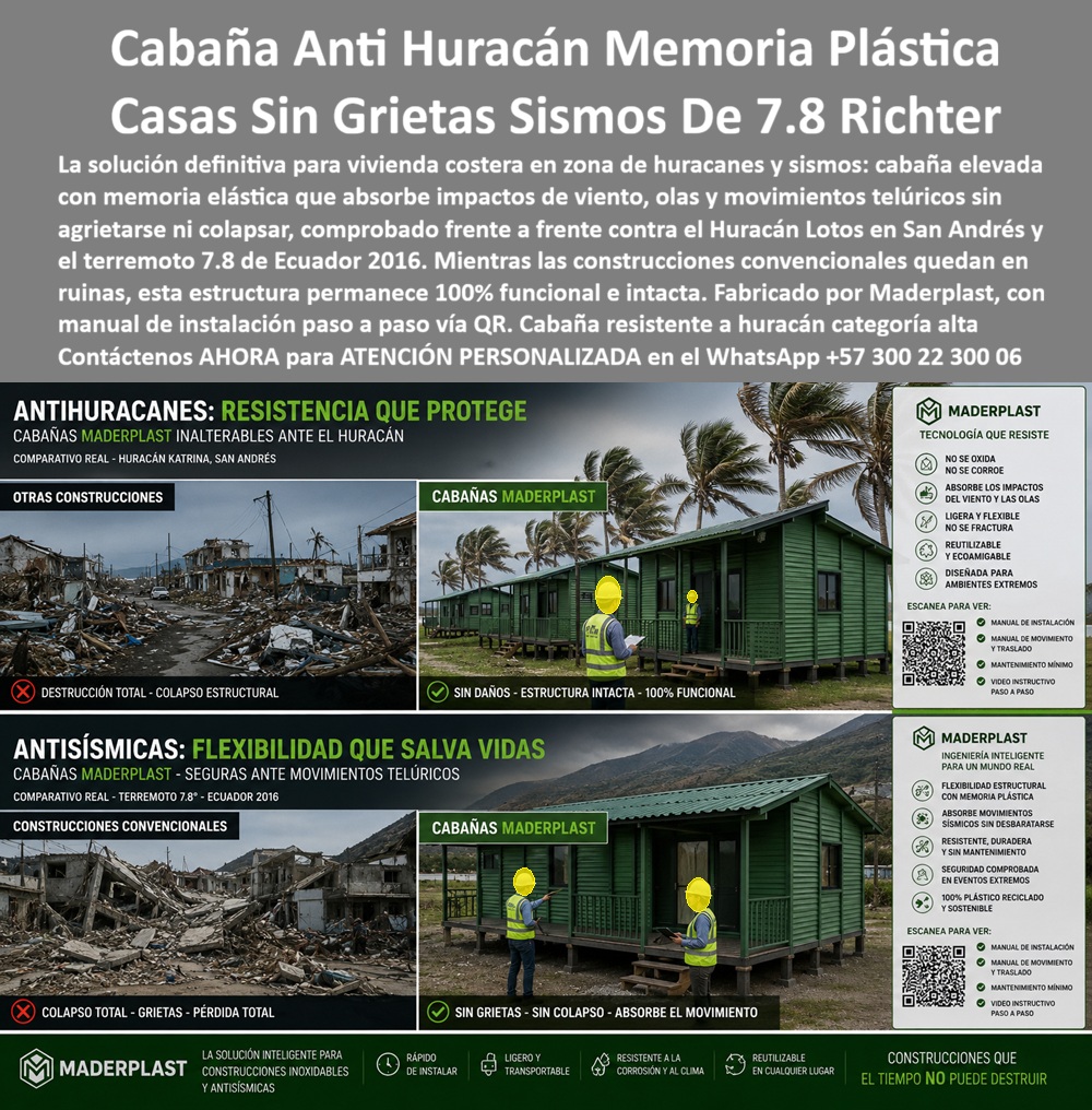 Construcciones Antisísmicas Anti Huracán Elasticidad Estructural Maderplast - Cabañas elevadas con memoria plástica anti-huracán y anti-sísmica permanecen intactas frente a sismos de 7.8 Richter y huracanes de alta categoría. Maderplast fabrica estas viviendas de estructura flexible en material plástico que absorben impactos de viento, olas y movimientos telúricos sin agrietarse ni colapsar. Comprobadas frente a frente contra el Huracán Lotus en San Andrés y el terremoto 7.8 de Ecuador 2016, estas cabañas permanecen 100 % funcionales mientras las construcciones convencionales quedan en ruinas. En zonas costeras e inundables el problema central es la vulnerabilidad de los sistemas rígidos. Las estructuras tradicionales se fracturan, se corroen y pierden operatividad después de un evento extremo. La memoria plástica estructural de Maderplast disipa energía, recupera forma y mantiene integridad. La cabaña elevada no se oxida, no se corroe, es ligera, transportable y reutilizable. El montaje se realiza con manual paso a paso accesible por código QR, lo que facilita la instalación controlada y reduce errores en la obra. El resultado es una vivienda de ingeniería resiliente diseñada para ambientes extremos. Reduce el riesgo de pérdida total, acelera la recuperación post-desastre y baja el costo total de propiedad al eliminar mantenimientos por corrosión y reforzamientos posteriores. El material es 100 % plástico reciclable y sostenible, alineado con exigencias de infraestructura crítica en zonas de alta amenaza. Los sistemas constructivos convencionales, aunque lleguen a precio inicial bajo, terminan resultando carísimos por destrucción, grietas, pérdida de habitabilidad y costos de reconstrucción. Maderplast entrega una solución de ingeniería validada que convierte cada cabaña en un activo que el tiempo y los eventos extremos no pueden destruir. Las plantas cuentan con certificación ISO 9001 en diseño y fabricación e ISO 14001 ambiental, y las piezas se validan con pruebas de laboratorio exigentes. Un responsable de proyecto en zona costera comentó: “Después de revisar el desempeño de las cabañas Maderplast frente a huracán y sismo real, especificamos el sistema para vivienda de emergencia y permanente. Las estructuras permanecieron intactas y operativas. Cualquier construcción convencional, aunque nos la regalaran, representaba un riesgo de pérdida total inaceptable”. La evidencia que elimina la duda técnica al firmar la orden de compra está en las pruebas extremas. El video en el que una retroexcavadora, un mazo de construcción y un rotomartillo impactan directamente los materiales Maderplast demuestra una resistencia que cambia la percepción de cualquier ingeniero. Este registro, junto con el canal completo de validaciones, constituye el respaldo que un profesional necesita para especificar con tranquilidad en zonas de alta amenaza sísmica y huracanada. Para solicitar planos, memorias de cálculo, manuales de instalación o cotización de producción en serie, contacte directamente al Departamento de Ingeniería. Ing. Soporte Técnico: (+57) 300 22 300 06 | ingenieria@maderplast.co. Viviendas con Memoria Plástica Antisísmica, viviendas para zonas costeras, Estructura flexible antisísmica en material plástico, Casa Elevada Resistente Tornados Construcciones Antisísmicas Anti Huracán Elasticidad Estructural Maderplast Viviendas con Memoria Plástica Antisísmica viviendas para zonas costeras Estructura flexible antisísmica en material plástico Casa Elevada Resistente Tornados Cabañas elevadas con memoria plástica anti-huracán y anti-sísmica permanecen intactas frente a sismos de 7.8 Richter y huracanes de alta categoría. Maderplast fabrica estas viviendas de estructura flexible en material plástico que absorben impactos de viento, olas y movimientos telúricos sin agrietarse ni colapsar. Comprobadas frente a frente contra el Huracán Lotus en San Andrés y el terremoto 7.8 de Ecuador 2016, estas cabañas permanecen 100 % funcionales mientras las construcciones convencionales quedan en ruinas. En zonas costeras e inundables el problema central es la vulnerabilidad de los sistemas rígidos. Las estructuras tradicionales se fracturan, se corroen y pierden operatividad después de un evento extremo. La memoria plástica estructural de Maderplast disipa energía, recupera forma y mantiene integridad. La cabaña elevada no se oxida, no se corroe, es ligera, transportable y reutilizable. El montaje se realiza con manual paso a paso accesible por código QR, lo que facilita la instalación controlada y reduce errores en la obra. El resultado es una vivienda de ingeniería resiliente diseñada para ambientes extremos. Reduce el riesgo de pérdida total, acelera la recuperación post-desastre y baja el costo total de propiedad al eliminar mantenimientos por corrosión y reforzamientos posteriores. El material es 100 % plástico reciclable y sostenible, alineado con exigencias de infraestructura crítica en zonas de alta amenaza. Los sistemas constructivos convencionales, aunque lleguen a precio inicial bajo, terminan resultando carísimos por destrucción, grietas, pérdida de habitabilidad y costos de reconstrucción. Maderplast entrega una solución de ingeniería validada que convierte cada cabaña en un activo que el tiempo y los eventos extremos no pueden destruir. Las plantas cuentan con certificación ISO 9001 en diseño y fabricación e ISO 14001 ambiental, y las piezas se validan con pruebas de laboratorio exigentes. Un responsable de proyecto en zona costera comentó: “Después de revisar el desempeño de las cabañas Maderplast frente a huracán y sismo real, especificamos el sistema para vivienda de emergencia y permanente. Las estructuras permanecieron intactas y operativas. Cualquier construcción convencional, aunque nos la regalaran, representaba un riesgo de pérdida total inaceptable”. La evidencia que elimina la duda técnica al firmar la orden de compra está en las pruebas extremas. El video en el que una retroexcavadora, un mazo de construcción y un rotomartillo impactan directamente los materiales Maderplast demuestra una resistencia que cambia la percepción de cualquier ingeniero. Este registro, junto con el canal completo de validaciones, constituye el respaldo que un profesional necesita para especificar con tranquilidad en zonas de alta amenaza sísmica y huracanada. Para solicitar planos, memorias de cálculo, manuales de instalación o cotización de producción en serie, contacte directamente al Departamento de Ingeniería. Ing. Soporte Técnico: (+57) 300 22 300 06 | ingenieria@maderplast.co.