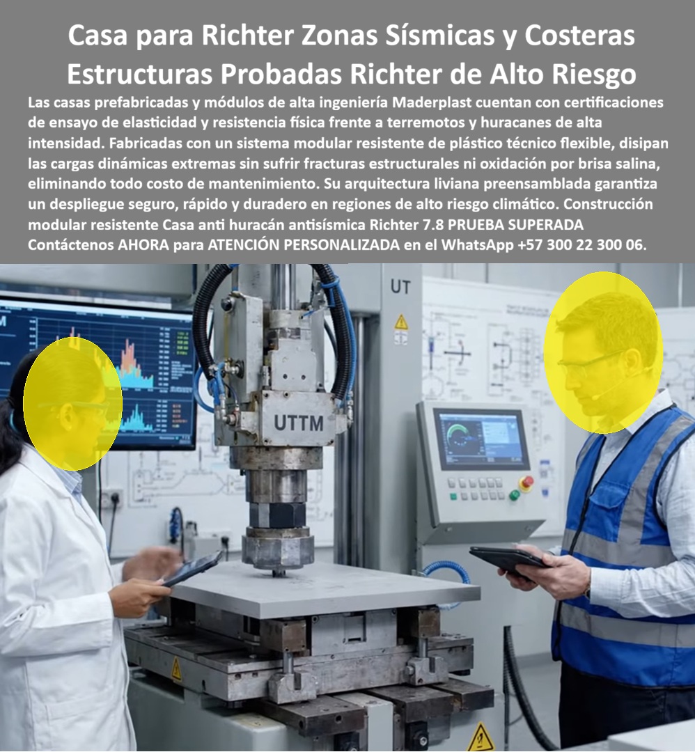 Construcciones Pruebas Antisísmicas Prueba Anti Huracán Elasticidad Maderplast - Sistema constructivo resiliente en plástico técnico responde a una pregunta que ningún propietario en zona sísmica o costera quiere responder por experiencia propia: cuando la estructura se mueve, ¿el material se fractura y cae encima de las personas, o flexiona y absorbe el movimiento? Esa es la diferencia real entre un material rígido y un material con memoria elástica, y es precisamente lo que Maderplast válida en laboratorio: ensayos de vibración, frecuencia e impacto puntual de hasta 500 kilogramos sobre el material, midiendo su capacidad de flexionar y recuperar su forma en lugar de quebrarse. Los materiales de construcción tradicionales —concreto, mampostería rígida, ciertos paneles industriales— comparten una debilidad común frente a movimiento dinámico intenso: son resistentes mientras la carga es estática, pero frágiles frente a vibración o impacto repentino, y cuando fallan, lo hacen por fractura súbita, generando fragmentos que representan un riesgo directo para quienes están dentro o cerca de la estructura. El plástico técnico de alta ingeniería que utiliza Maderplast está diseñado para comportarse de forma distinta bajo ese mismo tipo de esfuerzo: en lugar de fracturarse, el material flexiona y disipa la energía del impacto, reduciendo el riesgo de que fragmentos estructurales caigan sobre los ocupantes durante un evento de movimiento extremo. Esta propiedad de elasticidad estructural cobra especial relevancia en regiones costeras de alto riesgo climático, donde además de la exigencia mecánica del material se suma la exposición constante a humedad y brisa salina. Mientras una estructura metálica en esas condiciones enfrenta el doble riesgo de corrosión progresiva y fragilidad ante movimiento, el sistema modular de Maderplast no se oxida por salinidad y mantiene su capacidad de flexión intacta con el paso del tiempo, sin el deterioro que la corrosión introduce silenciosamente en un material metálico expuesto al ambiente marino. La arquitectura liviana y preensamblada de estos módulos permite además un despliegue más rápido que la construcción tradicional en concreto o mampostería, un factor que en proyectos de vivienda de emergencia o reconstrucción posdesastre en zonas de alto riesgo climático puede significar la diferencia entre semanas y meses de espera para que una familia cuente con una vivienda habitable. Es importante ser precisos sobre el alcance real de esta evidencia: los ensayos descritos evalúan el comportamiento del material bajo vibración, frecuencia e impacto puntual en laboratorio, y son la base técnica sobre la cual se diseña el sistema estructural completo. No sustituyen una certificación sismorresistente de norma para una edificación terminada, y Maderplast trabaja junto con el diseñador estructural de cada proyecto para que el sistema final cumpla la normativa sismorresistente aplicable a su ubicación específica. Si su proyecto se ubica en una zona sísmica o costera de alto riesgo, nuestro equipo de ingeniería puede acompañar el diseño estructural con la información de comportamiento del material que su calculista requiera. Escríbenos: (+57) 300 22 300 06 — ingenieria@maderplast.co. Maderplast: plástico técnico con memoria elástica, diseñado para flexionar donde otros materiales se fracturan. Video sugerido para este bloque: Pruebas de laboratorio Maderplast llevadas al límite extremo — https://www.youtube.com/watch?v=qG7 olSeNs Casa prefabricada zonas sísmicas y Sistema Constructivo Resiliente Infraestructura Crítica, Casas sismo resistentes con memoria plástica estructural, Construcciones Pruebas Antisísmicas Prueba Anti Huracán Elasticidad Maderplast Casa prefabricada zonas sísmicas y Sistema Constructivo Resiliente Infraestructura Crítica Casas sismo resistentes con memoria plástica estructural Sistema constructivo resiliente en plástico técnico responde a una pregunta que ningún propietario en zona sísmica o costera quiere responder por experiencia propia: cuando la estructura se mueve, ¿el material se fractura y cae encima de las personas, o flexiona y absorbe el movimiento? Esa es la diferencia real entre un material rígido y un material con memoria elástica, y es precisamente lo que Maderplast válida en laboratorio: ensayos de vibración, frecuencia e impacto puntual de hasta 500 kilogramos sobre el material, midiendo su capacidad de flexionar y recuperar su forma en lugar de quebrarse. Los materiales de construcción tradicionales —concreto, mampostería rígida, ciertos paneles industriales— comparten una debilidad común frente a movimiento dinámico intenso: son resistentes mientras la carga es estática, pero frágiles frente a vibración o impacto repentino, y cuando fallan, lo hacen por fractura súbita, generando fragmentos que representan un riesgo directo para quienes están dentro o cerca de la estructura. El plástico técnico de alta ingeniería que utiliza Maderplast está diseñado para comportarse de forma distinta bajo ese mismo tipo de esfuerzo: en lugar de fracturarse, el material flexiona y disipa la energía del impacto, reduciendo el riesgo de que fragmentos estructurales caigan sobre los ocupantes durante un evento de movimiento extremo. Esta propiedad de elasticidad estructural cobra especial relevancia en regiones costeras de alto riesgo climático, donde además de la exigencia mecánica del material se suma la exposición constante a humedad y brisa salina. Mientras una estructura metálica en esas condiciones enfrenta el doble riesgo de corrosión progresiva y fragilidad ante movimiento, el sistema modular de Maderplast no se oxida por salinidad y mantiene su capacidad de flexión intacta con el paso del tiempo, sin el deterioro que la corrosión introduce silenciosamente en un material metálico expuesto al ambiente marino. La arquitectura liviana y preensamblada de estos módulos permite además un despliegue más rápido que la construcción tradicional en concreto o mampostería, un factor que en proyectos de vivienda de emergencia o reconstrucción posdesastre en zonas de alto riesgo climático puede significar la diferencia entre semanas y meses de espera para que una familia cuente con una vivienda habitable. Es importante ser precisos sobre el alcance real de esta evidencia: los ensayos descritos evalúan el comportamiento del material bajo vibración, frecuencia e impacto puntual en laboratorio, y son la base técnica sobre la cual se diseña el sistema estructural completo. No sustituyen una certificación sismorresistente de norma para una edificación terminada, y Maderplast trabaja junto con el diseñador estructural de cada proyecto para que el sistema final cumpla la normativa sismorresistente aplicable a su ubicación específica. Si su proyecto se ubica en una zona sísmica o costera de alto riesgo, nuestro equipo de ingeniería puede acompañar el diseño estructural con la información de comportamiento del material que su calculista requiera. Escríbenos: (+57) 300 22 300 06 — ingenieria@maderplast.co. Maderplast: plástico técnico con memoria elástica, diseñado para flexionar donde otros materiales se fracturan. Video sugerido para este bloque: Pruebas de laboratorio Maderplast llevadas al límite extremo — https://www.youtube.com/watch?v=qG7 olSeNs