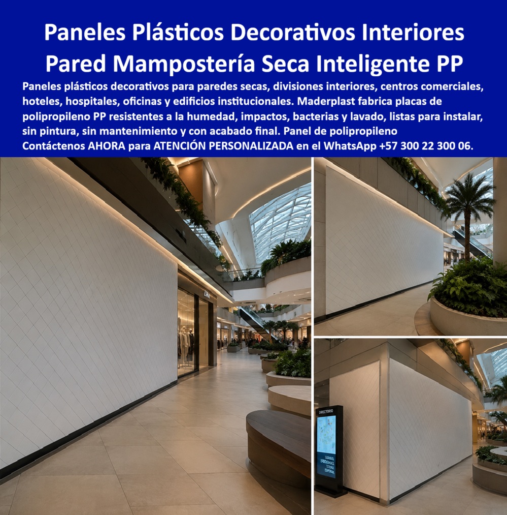 Divisiones Modulares Paneles Fachada Exteriores Antihumedad Maderplast - DIVISIONES MODULARES PANELES FACHADA EXTERIORES ANTIHUMEDAD MADERPLAST PARA MAMPOSTERÍA SECA INTELIGENTE Las Divisiones Modulares Paneles Fachada Exteriores Antihumedad Maderplast, constituidas por las Placas decorativas plásticas sustitución de drywall, el panel interiores, el Panel de pared seca resistente a la humedad, la Mampostería Seca Inteligente y el Panel plástico PP Aa, representan la solución tecnológica protagonista en cerramientos de alto impacto visual y funcional. La imagen expone tres perspectivas de pasillos y zonas comunes de un centro comercial de gran formato, donde se aprecia un cerramiento perimetral de gran altura fabricado en paneles de polipropileno blanco Maderplast con textura diagonal reticulada, iluminado mediante luz LED indirecta en el borde superior, garantizando una estética impecable sin imperfecciones de superficie. El texto superior del encabezado precisa: "Paneles Plásticos Decorativos Interiores Pared Mampostería Seca Inteligente PP. Paneles plásticos decorativos para paredes secas, divisiones interiores, centros comerciales, hoteles, hospitales, oficinas y edificios institucionales. Maderplast fabrica placas de polipropileno PP resistentes a la humedad, impactos, bacterias y lavado, listas para instalar, sin pintura, sin mantenimiento y con acabado final. Panel de polipropileno. Contáctenos AHORA para ATENCIÓN PERSONALIZADA en el WhatsApp +57 300 22 300 06". La especificación de paneles tradicionales de cartón yeso tipo drywall en espacios comerciales, institucionales u hospitalarios genera graves patologías por abolladuras debidas al tráfico constante, fisuración en juntas, floración de hongos por condensación e imposibilidad de desinfección mediante lavado a presión. La implementación de placas decorativas plásticas sustitución de drywall y paneles plásticos estructurales como reemplazo del fenólico o cartón yeso soluciona de raíz estos inconvenientes. Las divisiones modulares Maderplast actúan como muros secos de polipropileno bactericidas, lavables, incombustibles e inalterables al agua, garantizando un acabado permanente de especificación arquitectónica superior sin requerir pañetes, estucos ni capas de pintura protectora. En la arquitectura comercial y la construcción moldes para concreto o divisiones secas, los paneles para encofrado, tableros para encofrado, placas para encofrados y placas para formaletas Maderplast destacan por su máxima ligereza y facilidad de ensamble modular de alta precisión. A diferencia de las placas convencionales propensas a la deformación por humedad o al ataque de plagas, este sistema de mampostería seca inteligente y entibados no sufre degradación biológica ni química, manteniendo su estabilidad geométrica por décadas. La utilización de formaletas reutilizables y encofrados reutilizables en paredes y placas reduce significativamente el tiempo de ejecución en obra, elimina el desperdicio de materiales y disminuye sustancialmente el costo total de propiedad (TCO) para la gerencia del proyecto. Las soluciones constructivas e ingeniería de cerramientos Maderplast demuestran que los paneles de drywall o revestimientos tradicionales de la competencia, aun cuando fueran obsequiados, resultan sumamente costosos para la administración del inmueble debido a las constantes reparaciones, cierres temporales de locales comerciales por repintado y costos ocultos de mantenimiento. Maderplast asegura acabados estructurales, acabados permanentes y acabados arquitectónicos de alta resistencia al impacto, respaldados por plantas con certificación ISO 9001 en diseño e ISO 14001 en gestión ambiental, probadas bajo estrictas normas internacionales. "DIRECTOR GENERAL DE OBRA — CONSTRUCTORA BOLÍVAR S.A. Sustituir el drywall tradicional por las divisiones modulares y paneles de mampostería seca Maderplast en las zonas comunes de nuestro proyecto comercial permitió entregar las áreas de circulación un 40% más rápido. Eliminamos definitivamente las cuadrillas de pintura y entregamos muros 100% lavables e inmunes al impacto del tráfico peatonal.'" Para verificación técnica de resistencia al impacto, normas de higiene hospitalaria, planos acotados o inspección de pruebas de laboratorio en video (como las pruebas de resistencia extrema Maderplast ante retroexcavadora y rotomartillo en YouTube: youtube.com/watch?v=doRIRlOAgX8, aplicaciones estructurales en youtube.com/watch?v=IwzorusG2ss y acabados en youtube.com/watch?v=_IV-ub_6hUY), los proyectistas e ingenieros pueden solicitar la documentación respaldada. Contacto directo con el Departamento de Ingeniería para asesoría personalizada. Ing. Soporte Técnico: (+57) 300 22 300 06. Placas decorativas plásticas sustitución de drywall, panel interiores, Panel de pared seca resistente a la humedad, Mampostería Seca Inteligente, Panel plástico PP Aa Divisiones Modulares Paneles Fachada Exteriores Antihumedad Maderplast Placas decorativas plásticas sustitución de drywall panel interiores Panel de pared seca resistente a la humedad Mampostería Seca Inteligente Panel plástico PP Aa DIVISIONES MODULARES PANELES FACHADA EXTERIORES ANTIHUMEDAD MADERPLAST PARA MAMPOSTERÍA SECA INTELIGENTE Las Divisiones Modulares Paneles Fachada Exteriores Antihumedad Maderplast, constituidas por las Placas decorativas plásticas sustitución de drywall, el panel interiores, el Panel de pared seca resistente a la humedad, la Mampostería Seca Inteligente y el Panel plástico PP Aa, representan la solución tecnológica protagonista en cerramientos de alto impacto visual y funcional. La imagen expone tres perspectivas de pasillos y zonas comunes de un centro comercial de gran formato, donde se aprecia un cerramiento perimetral de gran altura fabricado en paneles de polipropileno blanco Maderplast con textura diagonal reticulada, iluminado mediante luz LED indirecta en el borde superior, garantizando una estética impecable sin imperfecciones de superficie. El texto superior del encabezado precisa: "Paneles Plásticos Decorativos Interiores Pared Mampostería Seca Inteligente PP. Paneles plásticos decorativos para paredes secas, divisiones interiores, centros comerciales, hoteles, hospitales, oficinas y edificios institucionales. Maderplast fabrica placas de polipropileno PP resistentes a la humedad, impactos, bacterias y lavado, listas para instalar, sin pintura, sin mantenimiento y con acabado final. Panel de polipropileno. Contáctenos AHORA para ATENCIÓN PERSONALIZADA en el WhatsApp +57 300 22 300 06". La especificación de paneles tradicionales de cartón yeso tipo drywall en espacios comerciales, institucionales u hospitalarios genera graves patologías por abolladuras debidas al tráfico constante, fisuración en juntas, floración de hongos por condensación e imposibilidad de desinfección mediante lavado a presión. La implementación de placas decorativas plásticas sustitución de drywall y paneles plásticos estructurales como reemplazo del fenólico o cartón yeso soluciona de raíz estos inconvenientes. Las divisiones modulares Maderplast actúan como muros secos de polipropileno bactericidas, lavables, incombustibles e inalterables al agua, garantizando un acabado permanente de especificación arquitectónica superior sin requerir pañetes, estucos ni capas de pintura protectora. En la arquitectura comercial y la construcción moldes para concreto o divisiones secas, los paneles para encofrado, tableros para encofrado, placas para encofrados y placas para formaletas Maderplast destacan por su máxima ligereza y facilidad de ensamble modular de alta precisión. A diferencia de las placas convencionales propensas a la deformación por humedad o al ataque de plagas, este sistema de mampostería seca inteligente y entibados no sufre degradación biológica ni química, manteniendo su estabilidad geométrica por décadas. La utilización de formaletas reutilizables y encofrados reutilizables en paredes y placas reduce significativamente el tiempo de ejecución en obra, elimina el desperdicio de materiales y disminuye sustancialmente el costo total de propiedad (TCO) para la gerencia del proyecto. Las soluciones constructivas e ingeniería de cerramientos Maderplast demuestran que los paneles de drywall o revestimientos tradicionales de la competencia, aun cuando fueran obsequiados, resultan sumamente costosos para la administración del inmueble debido a las constantes reparaciones, cierres temporales de locales comerciales por repintado y costos ocultos de mantenimiento. Maderplast asegura acabados estructurales, acabados permanentes y acabados arquitectónicos de alta resistencia al impacto, respaldados por plantas con certificación ISO 9001 en diseño e ISO 14001 en gestión ambiental, probadas bajo estrictas normas internacionales. "DIRECTOR GENERAL DE OBRA — CONSTRUCTORA BOLÍVAR S.A. Sustituir el drywall tradicional por las divisiones modulares y paneles de mampostería seca Maderplast en las zonas comunes de nuestro proyecto comercial permitió entregar las áreas de circulación un 40% más rápido. Eliminamos definitivamente las cuadrillas de pintura y entregamos muros 100% lavables e inmunes al impacto del tráfico peatonal.'" Para verificación técnica de resistencia al impacto, normas de higiene hospitalaria, planos acotados o inspección de pruebas de laboratorio en video (como las pruebas de resistencia extrema Maderplast ante retroexcavadora y rotomartillo en YouTube: youtube.com/watch?v=doRIRlOAgX8, aplicaciones estructurales en youtube.com/watch?v=IwzorusG2ss y acabados en youtube.com/watch?v=_IV-ub_6hUY), los proyectistas e ingenieros pueden solicitar la documentación respaldada. Contacto directo con el Departamento de Ingeniería para asesoría personalizada. Ing. Soporte Técnico: (+57) 300 22 300 06.