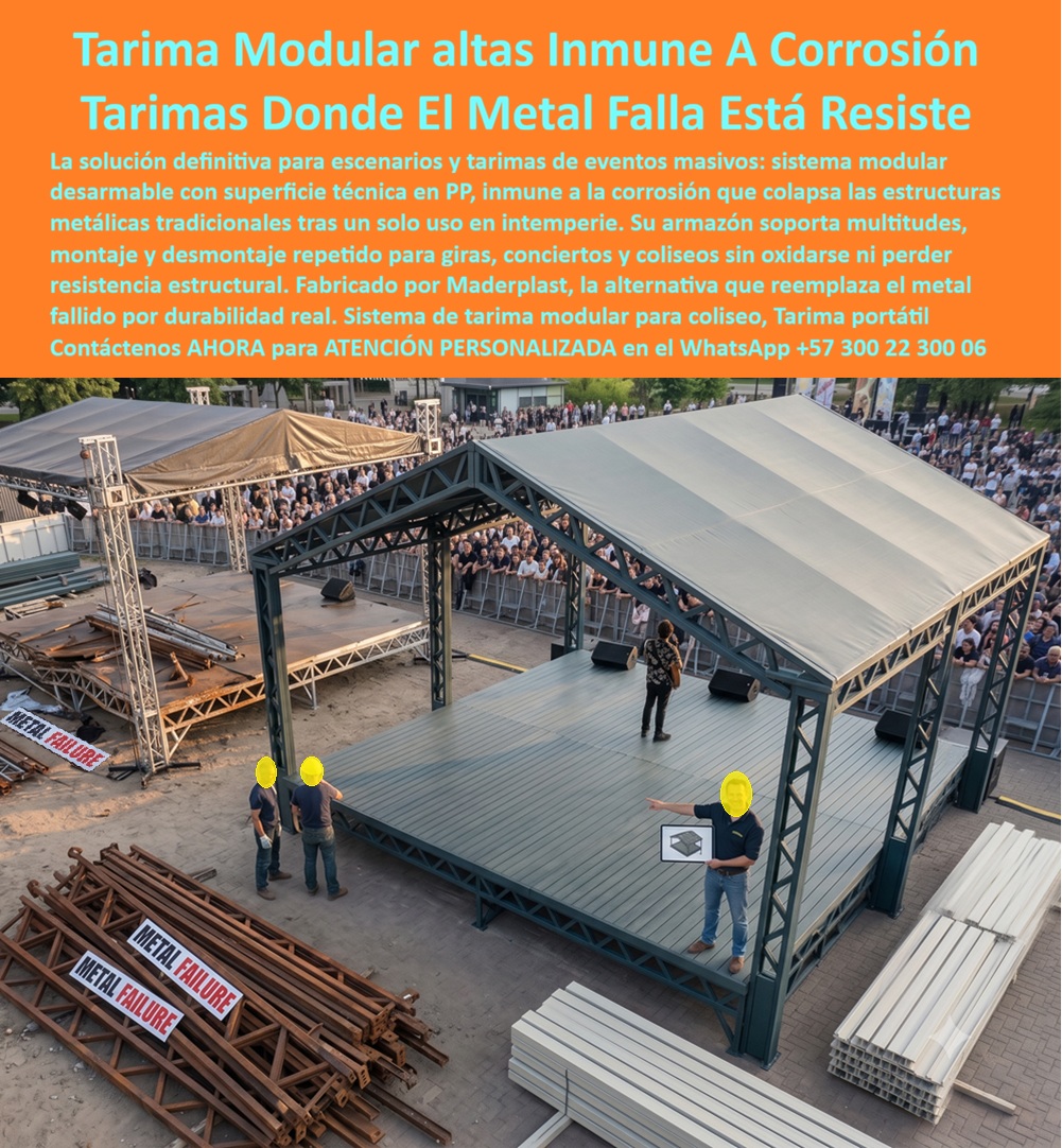 Escenarios Arquitectónicos Modulares Tarimas Eventos Portátil Maderplast - Tarimas modulares altas inmunes a la corrosión resisten donde el metal falla después de un solo uso en intemperie. Maderplast fábrica este sistema desarmable con superficie técnica en polipropileno que soporta multitudes, montaje y desmontaje repetido para giras, conciertos y coliseos sin oxidarse ni perder resistencia estructural. La alternativa que reemplaza las estructuras metálicas tradicionales por durabilidad real. En eventos masivos y escenarios portátiles el problema recurrente es la corrosión acelerada del metal expuesto a lluvia, humedad y transporte constante. Las tarimas convencionales se debilitan, generan riesgos de seguridad y obligan a reemplazos prematuros. Este sistema de tarimas modulares con superficie PP elimina ese ciclo. No se oxida, no se corroe y mantiene su capacidad de carga ciclo tras ciclo. El armazón y la superficie técnica entregan un escenario estable, limpio y de alta duración que se arma y desarma con lógica modular. El resultado es una solución de ingeniería para escenarios arquitectónicos que reduce el riesgo operativo, baja el costo total de propiedad y eleva la confiabilidad de la infraestructura de eventos. Las tarimas prefabricadas desarmables son inmunes a la intemperie, ligeras de transportar y reutilizables de forma permanente. El organizador o el operador de coliseos gana un activo que no se degrada con el clima ni con el uso intensivo. Los sistemas metálicos tradicionales, aunque lleguen a precio inicial competitivo, terminan resultando carísimos por corrosión, pérdida de resistencia, riesgos de seguridad y reemplazos frecuentes. Maderplast entrega una solución de tarimas portátiles de alta duración que convierte cada montaje en una operación predecible y segura. Las plantas cuentan con certificación ISO 9001 en diseño y fabricación e ISO 14001 ambiental, y las piezas se validan con pruebas de laboratorio exigentes. Un director técnico de eventos masivos comentó: “Sustituimos las tarimas metálicas por el sistema modular Maderplast. Eliminamos los problemas de corrosión después de un solo uso en exterior y el montaje se volvió más rápido y confiable. Cualquier estructura metálica convencional, aunque nos la regalaran, salía más cara por el deterioro y los riesgos”. La evidencia que elimina la duda técnica al firmar la orden de compra está en las pruebas extremas. El video en el que una retroexcavadora, un mazo de construcción y un rotomartillo impactan directamente los materiales Maderplast demuestra una resistencia que cambia la percepción de cualquier ingeniero o productor de eventos. Este registro, junto con el canal completo de validaciones, constituye el respaldo que un profesional necesita para especificar con tranquilidad. Para solicitar planos de carga, configuraciones de escenario, manuales de montaje o cotización de producción en serie, contacte directamente al Departamento de Ingeniería. Ing. Soporte Técnico: (+57) 300 22 300 06 | ingenieria@maderplast.co. Tarimas prefabricadas desarmables inmunes a la intemperie y corrosión, Sistemas de tarimas portátiles de alta duración coliseos, Tarimas modulares con superficie PP Escenarios Arquitectónicos Modulares Tarimas Eventos Portátil Maderplast Tarimas prefabricadas desarmables inmunes a la intemperie y corrosión Sistemas de tarimas portátiles de alta duración coliseos Tarimas modulares con superficie PP Tarimas modulares altas inmunes a la corrosión resisten donde el metal falla después de un solo uso en intemperie. Maderplast fábrica este sistema desarmable con superficie técnica en polipropileno que soporta multitudes, montaje y desmontaje repetido para giras, conciertos y coliseos sin oxidarse ni perder resistencia estructural. La alternativa que reemplaza las estructuras metálicas tradicionales por durabilidad real. En eventos masivos y escenarios portátiles el problema recurrente es la corrosión acelerada del metal expuesto a lluvia, humedad y transporte constante. Las tarimas convencionales se debilitan, generan riesgos de seguridad y obligan a reemplazos prematuros. Este sistema de tarimas modulares con superficie PP elimina ese ciclo. No se oxida, no se corroe y mantiene su capacidad de carga ciclo tras ciclo. El armazón y la superficie técnica entregan un escenario estable, limpio y de alta duración que se arma y desarma con lógica modular. El resultado es una solución de ingeniería para escenarios arquitectónicos que reduce el riesgo operativo, baja el costo total de propiedad y eleva la confiabilidad de la infraestructura de eventos. Las tarimas prefabricadas desarmables son inmunes a la intemperie, ligeras de transportar y reutilizables de forma permanente. El organizador o el operador de coliseos gana un activo que no se degrada con el clima ni con el uso intensivo. Los sistemas metálicos tradicionales, aunque lleguen a precio inicial competitivo, terminan resultando carísimos por corrosión, pérdida de resistencia, riesgos de seguridad y reemplazos frecuentes. Maderplast entrega una solución de tarimas portátiles de alta duración que convierte cada montaje en una operación predecible y segura. Las plantas cuentan con certificación ISO 9001 en diseño y fabricación e ISO 14001 ambiental, y las piezas se validan con pruebas de laboratorio exigentes. Un director técnico de eventos masivos comentó: “Sustituimos las tarimas metálicas por el sistema modular Maderplast. Eliminamos los problemas de corrosión después de un solo uso en exterior y el montaje se volvió más rápido y confiable. Cualquier estructura metálica convencional, aunque nos la regalaran, salía más cara por el deterioro y los riesgos”. La evidencia que elimina la duda técnica al firmar la orden de compra está en las pruebas extremas. El video en el que una retroexcavadora, un mazo de construcción y un rotomartillo impactan directamente los materiales Maderplast demuestra una resistencia que cambia la percepción de cualquier ingeniero o productor de eventos. Este registro, junto con el canal completo de validaciones, constituye el respaldo que un profesional necesita para especificar con tranquilidad. Para solicitar planos de carga, configuraciones de escenario, manuales de montaje o cotización de producción en serie, contacte directamente al Departamento de Ingeniería. Ing. Soporte Técnico: (+57) 300 22 300 06 | ingenieria@maderplast.co.