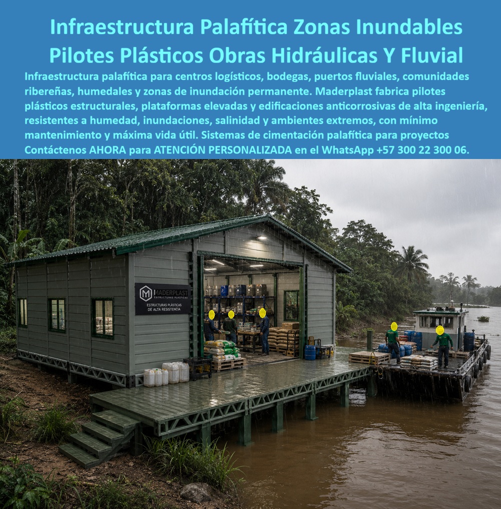 Estructura Palafítica Construcciones Elevadas Sobre Pilotes Maderplast - Infraestructura palafítica para zonas inundables resuelve una necesidad logística crítica en regiones donde el río es la principal vía de transporte y comercio: contar con bodegas, centros de acopio y puntos de cargue que operen de forma segura y permanente, sin importar que el nivel del agua suba durante la temporada de lluvias o que el terreno circundante se inunde por completo. Esta instalación lo demuestra con claridad: una bodega elevada sobre pilotes plásticos, conectada directamente a un muelle de cargue fluvial, operando bajo lluvia intensa sin que el nivel de agua ni la humedad comprometan ni la estructura ni la mercancía almacenada dentro. Para operaciones logísticas en puertos fluviales, comunidades ribereñas o zonas de humedal, el reto constructivo es doble: la cimentación debe resistir la inundación permanente o estacional del terreno, y la edificación completa debe soportar humedad constante sin degradarse, algo que ni la madera ni el acero estructural logran sin mantenimiento intensivo y recurrente. Los pilotes plásticos estructurales de Maderplast resuelven ambos frentes desde el material: no se pudren por exposición constante a agua ni humedad de suelo pantanoso, y no se corroen por la salinidad o los sedimentos típicos de ambientes fluviales, eliminando el ciclo de reparación y reemplazo que sí enfrenta una infraestructura tradicional en el mismo entorno. La plataforma elevada, además, no es solo cimentación: es la base de una edificación anticorrosiva completa, con capacidad de almacenamiento y operación bajo techo directamente conectada al frente de agua, permitiendo que el cargue y descargue de mercancía desde embarcaciones fluviales sea directo y eficiente, sin necesidad de infraestructura portuaria pesada ni de terreno firme adicional que en muchas zonas ribereñas simplemente no existe. Cada proyecto de infraestructura palafítica se diseña según la carga operativa esperada, el nivel de inundación de la zona y la normativa de sismo resistencia aplicable, en conjunto con el calculista estructural del proyecto, asegurando que la solución responda a las condiciones reales de cada punto logístico y no a un diseño genérico replicado sin ajuste. Esto es especialmente relevante en sistemas constructivos pensados para operar bajo el cambio climático, donde la frecuencia y severidad de las inundaciones ya no se pueden calcular con los patrones históricos tradicionales. Cuando su proyecto logístico, portuario o comunitario requiera infraestructura elevada resistente a inundaciones, humedad y salinidad, nuestro equipo de ingeniería puede evaluar las condiciones específicas de su zona fluvial y diseñar el sistema de pilotes y plataforma que su operación exige. Escríbenos: (+57) 300 22 300 06 — ingenieria@maderplast.co. Maderplast: infraestructura que opera bajo la lluvia, sobre el agua, sin detenerse por el clima. Imagen de referencia: montaje ilustrativo que representa la aplicación del sistema en entorno fluvial e industrial. Video sugerido para este bloque: Prueba extrema Maderplast frente a mazo, retroexcavadora y rotomartillo — https://www.youtube.com/watch?v=decIRlO gX8 Pilotes plásticos cimentación palafítica, infraestructura resiliente a inundaciones, sistemas constructivos cambio climático, estructuras flotantes o palafíticas NSR Estructura Palafítica Construcciones Elevadas Sobre Pilotes Maderplast Pilotes plásticos cimentación palafítica infraestructura resiliente a inundaciones sistemas constructivos cambio climático estructuras flotantes o palafíticas NSR Infraestructura palafítica para zonas inundables resuelve una necesidad logística crítica en regiones donde el río es la principal vía de transporte y comercio: contar con bodegas, centros de acopio y puntos de cargue que operen de forma segura y permanente, sin importar que el nivel del agua suba durante la temporada de lluvias o que el terreno circundante se inunde por completo. Esta instalación lo demuestra con claridad: una bodega elevada sobre pilotes plásticos, conectada directamente a un muelle de cargue fluvial, operando bajo lluvia intensa sin que el nivel de agua ni la humedad comprometan ni la estructura ni la mercancía almacenada dentro. Para operaciones logísticas en puertos fluviales, comunidades ribereñas o zonas de humedal, el reto constructivo es doble: la cimentación debe resistir la inundación permanente o estacional del terreno, y la edificación completa debe soportar humedad constante sin degradarse, algo que ni la madera ni el acero estructural logran sin mantenimiento intensivo y recurrente. Los pilotes plásticos estructurales de Maderplast resuelven ambos frentes desde el material: no se pudren por exposición constante a agua ni humedad de suelo pantanoso, y no se corroen por la salinidad o los sedimentos típicos de ambientes fluviales, eliminando el ciclo de reparación y reemplazo que sí enfrenta una infraestructura tradicional en el mismo entorno. La plataforma elevada, además, no es solo cimentación: es la base de una edificación anticorrosiva completa, con capacidad de almacenamiento y operación bajo techo directamente conectada al frente de agua, permitiendo que el cargue y descargue de mercancía desde embarcaciones fluviales sea directo y eficiente, sin necesidad de infraestructura portuaria pesada ni de terreno firme adicional que en muchas zonas ribereñas simplemente no existe. Cada proyecto de infraestructura palafítica se diseña según la carga operativa esperada, el nivel de inundación de la zona y la normativa de sismo resistencia aplicable, en conjunto con el calculista estructural del proyecto, asegurando que la solución responda a las condiciones reales de cada punto logístico y no a un diseño genérico replicado sin ajuste. Esto es especialmente relevante en sistemas constructivos pensados para operar bajo el cambio climático, donde la frecuencia y severidad de las inundaciones ya no se pueden calcular con los patrones históricos tradicionales. Cuando su proyecto logístico, portuario o comunitario requiera infraestructura elevada resistente a inundaciones, humedad y salinidad, nuestro equipo de ingeniería puede evaluar las condiciones específicas de su zona fluvial y diseñar el sistema de pilotes y plataforma que su operación exige. Escríbenos: (+57) 300 22 300 06 — ingenieria@maderplast.co. Maderplast: infraestructura que opera bajo la lluvia, sobre el agua, sin detenerse por el clima. Imagen de referencia: montaje ilustrativo que representa la aplicación del sistema en entorno fluvial e industrial. Video sugerido para este bloque: Prueba extrema Maderplast frente a mazo, retroexcavadora y rotomartillo — https://www.youtube.com/watch?v=decIRlO gX8