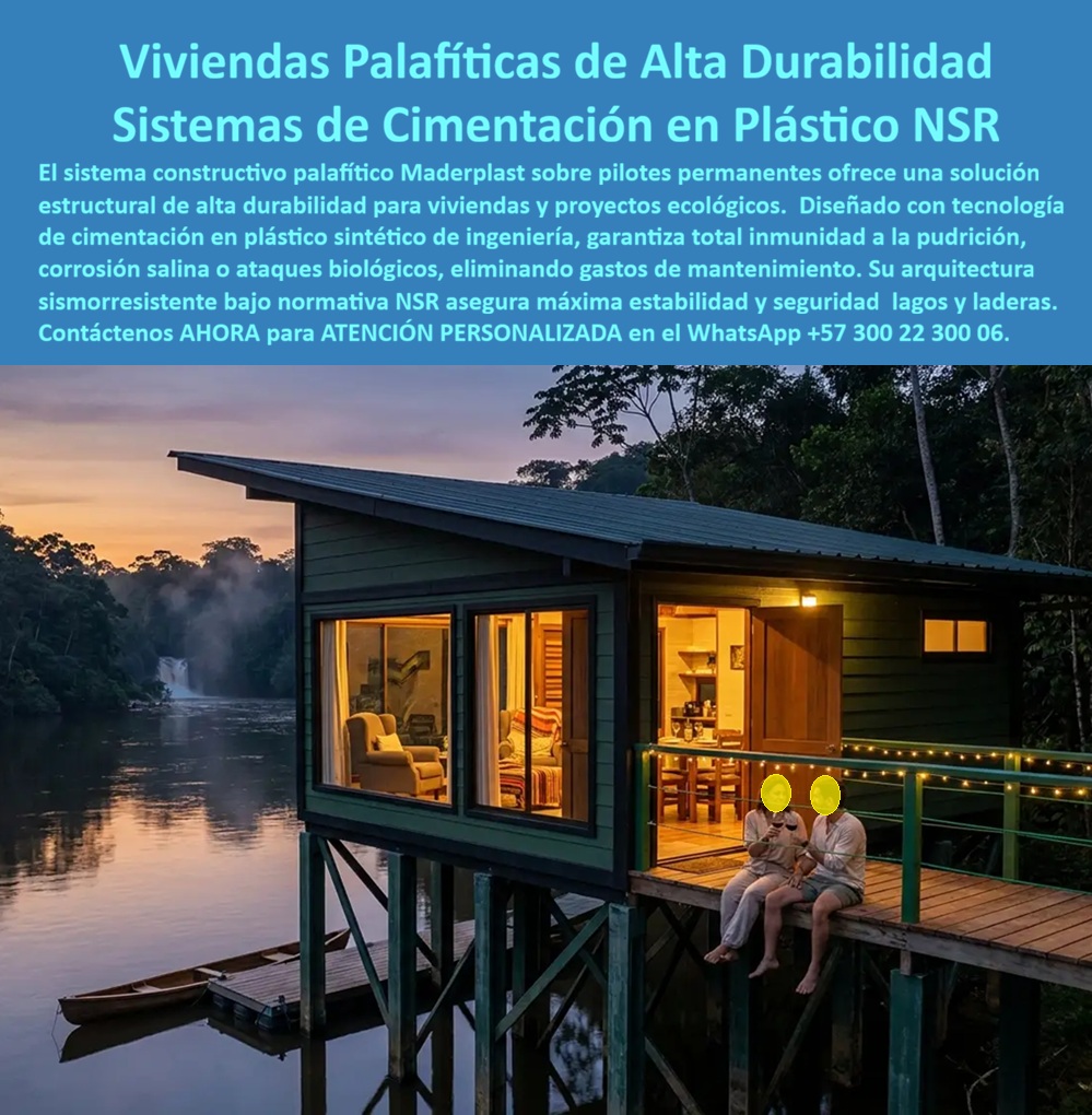Estructura Palafítica Construcciones Elevadas Sobre Pilotes Maderplast Sistema Constructivo Palafítico sobre Pilotes Permanentes Sistema de Viviendas Palafíticas de Alta Durabilidad Sistema de cimentación palafítica en plásticoNSR Viviendas Palafíticas de Alta Durabilidad: Sistemas de Cimentación sobre Pilotes para Ríos, Humedales, Costas y Terrenos Inundables  La imagen presenta una vivienda palafítica de alta durabilidad construida sobre un sistema de pilotes permanentes, diseñada para operar con seguridad en ambientes donde las construcciones convencionales presentan grandes dificultades técnicas. Ríos, humedales, lagunas, ciénagas, manglares, costas marinas y terrenos inundables exigen soluciones estructurales capaces de convivir permanentemente con el agua, la humedad y la acción biológica sin perder estabilidad ni generar elevados costos de mantenimiento. En este contexto, el sistema constructivo palafítico sobre pilotes permanentes, las viviendas elevadas, la cimentación palafítica en plástico de ingeniería, los pilotes estructurales de alta durabilidad y las soluciones desarrolladas por Maderplast constituyen una alternativa orientada a incrementar la vida útil de la infraestructura y reducir significativamente los costos de operación durante décadas.  Las cimentaciones tradicionales construidas con materiales susceptibles a la corrosión, pudrición o ataque biológico suelen requerir intervenciones periódicas, especialmente cuando permanecen expuestas de forma continua a humedad, agua salobre o ambientes tropicales. La degradación progresiva de los elementos estructurales genera elevados costos de mantenimiento y puede comprometer la seguridad de la edificación con el paso del tiempo. Por ello, las viviendas palafíticas, los pilotes permanentes, las estructuras elevadas para zonas inundables, las cimentaciones para humedales, las plataformas habitacionales sobre pilotes, los sistemas estructurales para lagos y ríos y las construcciones ecológicas de larga duración representan una solución de ingeniería diseñada específicamente para este tipo de escenarios.  El principio fundamental de una construcción palafítica consiste en separar la edificación del terreno natural mediante pilotes estructurales que transmiten las cargas hacia estratos competentes, permitiendo que el agua circule libremente por debajo de la vivienda. Esta configuración reduce el riesgo asociado a inundaciones periódicas, facilita la adaptación a variaciones del nivel del agua y disminuye la alteración del ecosistema circundante. En proyectos ubicados sobre riberas, lagunas, ciénagas o áreas costeras, esta estrategia constituye una de las soluciones más utilizadas por la ingeniería moderna para armonizar infraestructura y medio ambiente.  Los materiales de ingeniería desarrollados por Maderplast aportan ventajas importantes para este tipo de aplicaciones. Su excelente comportamiento frente a humedad permanente, salinidad, radiación ultravioleta, organismos biológicos e insectos reduce considerablemente las necesidades de mantenimiento respecto a sistemas tradicionales expuestos durante años a ambientes altamente agresivos. Para propietarios, inversionistas turísticos y entidades públicas, esta mayor durabilidad representa menores costos de conservación y una mayor disponibilidad de la infraestructura durante toda su vida útil.  Las aplicaciones de estos sistemas abarcan mucho más que viviendas particulares. También pueden emplearse en hoteles ecológicos, eco lodges, glampings, reservas naturales, centros de investigación, estaciones ambientales, restaurantes flotantes, plataformas recreativas, muelles, senderos elevados, observatorios de fauna, viviendas rurales, proyectos turísticos sostenibles e infraestructura para comunidades ubicadas en zonas ribereñas o costeras. La modularidad facilita además futuras ampliaciones sin modificar significativamente la estructura existente.  Desde el punto de vista estructural, cada proyecto debe desarrollarse mediante estudios geotécnicos, análisis de cargas, cálculos estructurales y diseños específicos acordes con la normativa vigente y las condiciones particulares del terreno. Factores como el tipo de suelo, profundidad de los estratos resistentes, nivel freático, velocidad de la corriente, acciones del viento, comportamiento sísmico y condiciones ambientales deben ser evaluados por profesionales competentes antes de definir la solución definitiva. La tecnología desarrollada por Maderplast constituye un componente del sistema constructivo, el cual debe integrarse dentro de un diseño de ingeniería completo para garantizar el desempeño esperado.  Otro beneficio importante de la construcción modular palafítica es la rapidez de instalación. Gran parte de los componentes pueden fabricarse previamente bajo condiciones industriales controladas y posteriormente ensamblarse en el sitio de la obra, reduciendo tiempos de ejecución y minimizando el impacto ambiental durante la construcción. Esta característica resulta especialmente valiosa en regiones de difícil acceso donde las ventanas climáticas para ejecutar obras suelen ser limitadas.  Maderplast desarrolla estos sistemas constructivos palafíticos mediante procesos industriales especializados, diseño estructural personalizado y fabricación de componentes adaptados a las necesidades específicas de cada proyecto. La empresa trabaja bajo sistemas certificados ISO 9001 para gestión de calidad e ISO 14001 para gestión ambiental, ofreciendo ingeniería, fabricación, instalación y acompañamiento técnico para proyectos turísticos, institucionales, residenciales e industriales. Asimismo, puede desarrollar soluciones completamente personalizadas para viviendas, hoteles, plataformas, pasarelas, muelles y edificaciones especiales en ambientes acuáticos.  Diversos proyectos desarrollados por Maderplast han incorporado soluciones elevadas para ambientes húmedos y costeros buscando reducir costos de mantenimiento y aumentar la durabilidad de la infraestructura. Por acuerdos de confidencialidad no se divulgan públicamente todos los proyectos ejecutados, pero la empresa puede presentar referencias comerciales, estudios de caso, modelos tridimensionales, renders y propuestas técnicas adaptadas a las condiciones específicas de cada cliente.  La incorporación de viviendas palafíticas de alta durabilidad, pilotes permanentes de ingeniería, cimentaciones para terrenos inundables, estructuras elevadas para humedales, plataformas habitacionales sobre pilotes, infraestructura ecológica y sistemas constructivos modulares representa una inversión orientada a proteger el patrimonio, reducir costos ocultos y garantizar una infraestructura preparada para convivir con el agua durante muchos años. Más que construir una vivienda elevada, significa desarrollar una solución de ingeniería concebida para ofrecer estabilidad, durabilidad, bajo mantenimiento y adaptación permanente a uno de los ambientes más exigentes para cualquier sistema constructivo.  Descripción Ficha técnica Resumida del producto:  Viviendas palafíticas de alta durabilidad, pilotes permanentes, cimentación en plástico de ingeniería, estructuras elevadas para ríos, humedales, lagunas y costas. Soluciones Maderplast para proyectos turísticos, ecológicos e infraestructura con alta resistencia, bajo mantenimiento y diseño adaptable a zonas inundables.  Contáctenos ahora mismo por WhatsApp y reciba atención personalizada de un asesor especializado: +57 300 22 300 06.