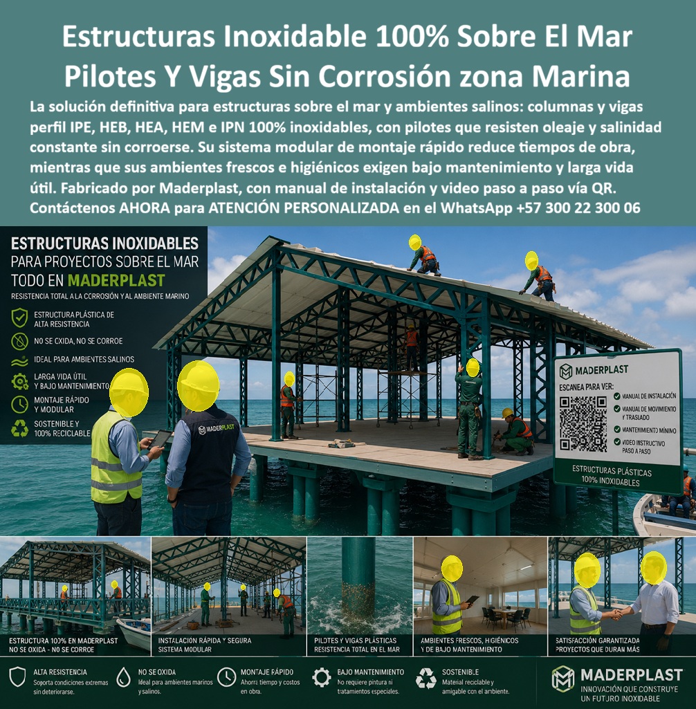 Estructuras Inoxidables Columnas vigas IPE HEB HEA IPE HEM IPN Maderplast - Columnas y vigas de perfiles IPE, HEB, HEA, HEM e IPN 100 % inoxidables resuelven de raíz las estructuras sobre el mar y en zonas de alta salinidad. Estos sistemas estructurales de Maderplast combinan pilotes y elementos portantes que resisten el oleaje constante y la corrosión marina sin oxidarse ni requerir tratamientos protectores. El montaje modular reduce tiempos de obra mientras entrega ambientes frescos, higiénicos y de muy bajo mantenimiento. En proyectos costeros y sobre el agua el problema clásico es la corrosión acelerada del acero. Las estructuras metálicas tradicionales exigen pinturas, recubrimientos y mantenimientos periódicos que elevan el costo total de propiedad y generan interrupciones. Las columnas y vigas plásticas de alta resistencia de Maderplast eliminan ese ciclo. No se oxidan, no se corroen y mantienen su capacidad estructural en ambientes salinos extremos. El sistema permite construir cubiertas industriales, pasarelas, muelles y edificaciones con aislamiento térmico y acústico, entregando espacios interiores confortables y de larga vida útil. La instalación se realiza con lógica modular y herramientas convencionales. El sistema incluye manual de instalación y video paso a paso accesible por código QR, lo que facilita el control de calidad en obra y reduce errores de montaje. La estructura completa resulta más liviana que el acero equivalente, acelera el cronograma y elimina los costos ocultos de protección anticorrosiva. Al final del ciclo de vida el material es 100 % reciclable, alineado con exigencias de sostenibilidad. Los sistemas metálicos convencionales, aunque lleguen a precio inicial competitivo, terminan resultando carísimos por mantenimiento, reparaciones por corrosión y pérdida de capacidad estructural. Maderplast entrega una solución de ingeniería que convierte la inversión en un activo de larga duración sin deterioro por salinidad. Las plantas cuentan con certificación ISO 9001 en diseño y fabricación e ISO 14001 ambiental, y las piezas se validan con pruebas de laboratorio exigentes. Un director de proyecto en zona costera comentó: “Sustituimos las estructuras metálicas por los perfiles inoxidables de Maderplast en un muelle y una cubierta industrial. Eliminamos por completo los mantenimientos por corrosión y el montaje fue más rápido de lo previsto. Cualquier alternativa metálica, aunque nos la regalaran, salía más cara por los tratamientos y las intervenciones futuras”. La evidencia que elimina la duda técnica al firmar la orden de compra está en las pruebas extremas. El video en el que una retroexcavadora, un mazo de construcción y un rotomartillo impactan directamente los materiales Maderplast demuestra una resistencia que cambia la percepción de cualquier ingeniero. Este registro, junto con el canal completo de validaciones, constituye el respaldo que un profesional necesita para especificar con tranquilidad en ambiente marino. Para solicitar planos acotados, memorias de cálculo, especificación en pliegos o cotización de producción en serie, contacte directamente al Departamento de Ingeniería. Ing. Soporte Técnico: (+57) 300 22 300 06 | ingenieria@maderplast.co. Estructuras cubiertas industriales aislantes térmicas y acústicas, Columnas y vigas estructurales inoxidables bodegas industriales, Estructuras Arquitectónicas HSA Estructuras Inoxidables Columnas vigas IPE HEB HEA IPE HEM IPN Maderplast Estructuras cubiertas industriales aislantes térmicas y acústicas Columnas y vigas estructurales inoxidables bodegas industriales Estructuras Arquitectónicas HSA Columnas y vigas de perfiles IPE, HEB, HEA, HEM e IPN 100 % inoxidables resuelven de raíz las estructuras sobre el mar y en zonas de alta salinidad. Estos sistemas estructurales de Maderplast combinan pilotes y elementos portantes que resisten el oleaje constante y la corrosión marina sin oxidarse ni requerir tratamientos protectores. El montaje modular reduce tiempos de obra mientras entrega ambientes frescos, higiénicos y de muy bajo mantenimiento. En proyectos costeros y sobre el agua el problema clásico es la corrosión acelerada del acero. Las estructuras metálicas tradicionales exigen pinturas, recubrimientos y mantenimientos periódicos que elevan el costo total de propiedad y generan interrupciones. Las columnas y vigas plásticas de alta resistencia de Maderplast eliminan ese ciclo. No se oxidan, no se corroen y mantienen su capacidad estructural en ambientes salinos extremos. El sistema permite construir cubiertas industriales, pasarelas, muelles y edificaciones con aislamiento térmico y acústico, entregando espacios interiores confortables y de larga vida útil. La instalación se realiza con lógica modular y herramientas convencionales. El sistema incluye manual de instalación y video paso a paso accesible por código QR, lo que facilita el control de calidad en obra y reduce errores de montaje. La estructura completa resulta más liviana que el acero equivalente, acelera el cronograma y elimina los costos ocultos de protección anticorrosiva. Al final del ciclo de vida el material es 100 % reciclable, alineado con exigencias de sostenibilidad. Los sistemas metálicos convencionales, aunque lleguen a precio inicial competitivo, terminan resultando carísimos por mantenimiento, reparaciones por corrosión y pérdida de capacidad estructural. Maderplast entrega una solución de ingeniería que convierte la inversión en un activo de larga duración sin deterioro por salinidad. Las plantas cuentan con certificación ISO 9001 en diseño y fabricación e ISO 14001 ambiental, y las piezas se validan con pruebas de laboratorio exigentes. Un director de proyecto en zona costera comentó: “Sustituimos las estructuras metálicas por los perfiles inoxidables de Maderplast en un muelle y una cubierta industrial. Eliminamos por completo los mantenimientos por corrosión y el montaje fue más rápido de lo previsto. Cualquier alternativa metálica, aunque nos la regalaran, salía más cara por los tratamientos y las intervenciones futuras”. La evidencia que elimina la duda técnica al firmar la orden de compra está en las pruebas extremas. El video en el que una retroexcavadora, un mazo de construcción y un rotomartillo impactan directamente los materiales Maderplast demuestra una resistencia que cambia la percepción de cualquier ingeniero. Este registro, junto con el canal completo de validaciones, constituye el respaldo que un profesional necesita para especificar con tranquilidad en ambiente marino. Para solicitar planos acotados, memorias de cálculo, especificación en pliegos o cotización de producción en serie, contacte directamente al Departamento de Ingeniería. Ing. Soporte Técnico: (+57) 300 22 300 06 | ingenieria@maderplast.co.
