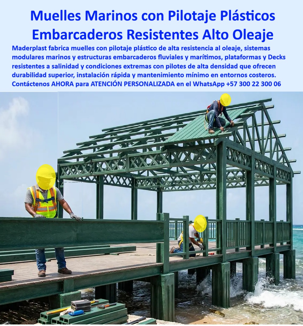 Muelles Marinos Anticorrosivos, Embarcaderos Marítimos Maderplast - Muelles Marinos Anticorrosivos con Pilotes Poliméricos de Alta Densidad: Infraestructura Portuaria Diseñada para Resistir Donde el Acero se Oxida La imagen presenta un moderno sistema de muelles marinos anticorrosivos construido sobre pilotes de polímero de alta densidad, diseñado para operar permanentemente en ambientes costeros de alta salinidad donde las estructuras metálicas tradicionales sufren un deterioro acelerado. El contraste visual entre el nuevo muelle modular y las antiguas estructuras corroídas del entorno demuestra uno de los mayores desafíos de la ingeniería marítima: la corrosión permanente causada por el agua salada, el oleaje, la humedad, los rayos ultravioleta y la atmósfera marina. Frente a esa realidad, Maderplast desarrolla una solución integral compuesta por muelles portuarios con pilotes, embarcaderos marítimos, plataformas técnicas, bodegas portuarias, pasarelas y estructuras modulares fabricadas con materiales poliméricos de ingeniería concebidos para trabajar durante largos períodos en condiciones altamente agresivas. En puertos comerciales, marinas deportivas, terminales pesqueras, bases navales, muelles turísticos, clubes náuticos, hoteles costeros, islas, proyectos de acuicultura y embarcaderos industriales, la mayor preocupación ya no consiste únicamente en construir rápidamente, sino en garantizar que la infraestructura conserve su capacidad operativa durante décadas con un mínimo de mantenimiento. Los muelles resistentes a la salinidad, los muelles modulares marinos, los embarcaderos marítimos, las estructuras flotantes duraderas, las plataformas marítimas, los pantalanes, los decks náuticos, las pasarelas portuarias y los pilotes poliméricos de alta densidad permiten eliminar uno de los mayores costos ocultos de la infraestructura costera: las constantes reparaciones provocadas por la oxidación, la corrosión y el deterioro de los materiales convencionales. Desde la perspectiva de la ingeniería portuaria, el verdadero valor de una estructura marina no se mide únicamente por su resistencia inicial, sino por su capacidad de conservar sus propiedades mecánicas bajo exposición continua al ambiente marino. Los materiales desarrollados por Maderplast no presentan problemas asociados con la oxidación del acero, la pudrición de la madera ni el ataque permanente de la humedad salina, permitiendo construir sistemas estructurales estables que reducen considerablemente las intervenciones de mantenimiento, las interrupciones operativas y los elevados costos de rehabilitación que normalmente afectan a las instalaciones tradicionales. La modularidad constituye otro de los grandes beneficios observados en la imagen. Cada elemento puede prefabricar, transportarse e instalarse mediante grúas, facilitando ampliaciones futuras, modernizaciones del puerto y construcción por etapas sin afectar significativamente la operación existente. Este enfoque resulta especialmente atractivo para proyectos de expansión portuaria, nuevas marinas deportivas, terminales logísticas, embarcaderos turísticos y desarrollos costeros donde la rapidez de instalación representa una ventaja económica importante. Para un ingeniero estructural, un gerente de infraestructura, un director de puerto o un responsable de compras públicas, la decisión técnica debe fundamentarse en el costo total de operación durante toda la vida útil del activo. Una estructura aparentemente económica que requiere pintura permanente, reemplazo de perfiles corroídos, soldaduras constantes, interrupciones del servicio y costosos programas de mantenimiento termina siendo considerablemente más costosa que una solución diseñada para minimizar esas intervenciones. Precisamente por ello, la infraestructura marina moderna se orienta cada vez más hacia materiales con elevada resistencia ambiental, larga vida útil y menores requerimientos de conservación. Maderplast desarrolla estas soluciones mediante procesos industriales especializados, diseño propio de componentes estructurales y fabricación de plásticos técnicos para aplicaciones de alta exigencia. Sus procesos cuentan con sistemas certificados bajo ISO 9001 para gestión de calidad e ISO 14001 para gestión ambiental, complementados con pruebas de laboratorio, ensayos de resistencia y demostraciones prácticas que respaldan técnicamente el desempeño de sus productos. Cuando un proyecto requiere validaciones específicas, pueden realizarse evaluaciones adicionales en laboratorios acreditados, proporcionando al especificador argumentos técnicos sólidos antes de aprobar la inversión. Diversos operadores portuarios, entidades públicas y clientes del sector marítimo han comprobado en proyectos reales las ventajas de estas soluciones frente a ambientes altamente corrosivos. Por razones de confidencialidad no se divulgan públicamente los nombres de todos los proyectos ejecutados, pero Maderplast puede presentar referencias comerciales, antecedentes de suministro y evidencias técnicas durante el proceso de evaluación. Incluso es posible desarrollar prototipos, renders, planos constructivos y soluciones completamente personalizadas para cada puerto, marina o infraestructura costera. Cuando un proyecto se ubica frente al mar, el verdadero objetivo no consiste en construir únicamente un muelle; consiste en garantizar que continúe prestando servicio durante muchos años con seguridad, estabilidad y bajos costos de operación. Los muelles marinos anticorrosivos, los embarcaderos marítimos, los muelles con pilotes de polímero de alta densidad, las estructuras modulares marinas y las soluciones desarrolladas por Maderplast representan una inversión orientada a eliminar los costos ocultos de la corrosión, proteger la infraestructura y ofrecer una alternativa técnicamente sólida para la ingeniería portuaria contemporánea. En este tipo de proyectos, la decisión más rentable no suele ser la que presenta el menor precio inicial, sino aquella que proporciona mayor durabilidad, menor mantenimiento y la tranquilidad de saber que la infraestructura seguirá operando cuando muchas estructuras convencionales ya requieren costosas reconstrucciones. Descripción Ficha técnica Resumida del producto: Muelles marinos anticorrosivos con pilotes de polímero de alta densidad, embarcaderos marítimos modulares, estructuras portuarias resistentes a la salinidad y plataformas náuticas de larga duración. Solución Maderplast para puertos, marinas deportivas, muelles comerciales e infraestructura costera con mínimo mantenimiento y máxima durabilidad. Contáctenos ahora mismo por WhatsApp y reciba atención personalizada de un asesor especializado: +57 300 22 300 06. Muelles marinos con pilotaje plástico resuelven, desde su fabricación, el problema que ningún material tradicional ha logrado vencer en ambiente costero: la degradación inevitable por salinidad. El hierro se oxida en contacto con el agua de mar, el concreto sufre ataque por cloruros que corroe su refuerzo interno desde adentro, y la madera se pudre por humedad constante y ataque biológico — son procesos conocidos por cualquier ingeniero que haya inspeccionado un muelle antiguo. El polipropileno, en cambio, es un polímero químicamente inerte frente a la sal: no se oxida porque no tiene hierro que oxidar, no se degrada por cloruros porque no tiene estructura porosa que los absorba, y no se pudre porque no es materia orgánica. Esta misma propiedad es la razón por la que la industria naval reemplazó hace años las pesadas cadenas de acero para amarre de buques por cabos de polímero de alta resistencia, muchísimo más livianos y con una vida útil en agua salada muy superior a la del metal. Sobre esa base de inercia química, Maderplast fabrica pilotaje plástico de alta densidad, plataformas, decks y estructuras completas de embarcadero fluvial y marítimo, respaldadas por pruebas de laboratorio de envejecimiento acelerado, cámara salina y exposición a radiación ultravioleta, disponibles para consulta en nuestro canal documentado de ensayos. Estas pruebas no buscan simular condiciones ideales, sino forzar en semanas el deterioro que el ambiente costero produciría en años, verificando que el material mantenga su resistencia estructural y su color sin fisurarse ni volverse quebradizo bajo sol y sal constantes. Aquí está el cambio de enfoque que más valor le entrega a un contratista portuario o a un desarrollador de proyectos turísticos costeros: en lugar de fabricar un encofrado para fundir una columna de concreto dentro del mar —proceso lento, costoso y de alto riesgo operativo, con buzos, formaleta sumergida y curado bajo condiciones adversas—, Maderplast diseña y fábrica directamente la columna, el pilote o la estructura ya terminada en polipropileno de alta densidad, lista para instalar. Se elimina el paso de fundición en sitio, se elimina el riesgo de un vaciado defectuoso bajo el agua, y se elimina la necesidad de mantenimiento correctivo por corrosión en los primeros años de vida útil de la estructura. Es la diferencia entre venderle a un cliente el molde de un problema, y venderle la solución ya resuelta. Para el gerente de un proyecto de muelle turístico o embarcadero fluvial, esto se traduce en instalación más rápida, mantenimiento mínimo y una estructura pensada para las condiciones reales de su entorno: pasarelas marinas, plataformas y decks que no requieren pintura anticorrosiva periódica, no exigen tratamiento contra plagas ni sellado anual, y conservan su apariencia y su capacidad estructural aun bajo exposición constante a oleaje, humedad y sol directo. Así se construyen hoy estructuras portuarias sin oxidación y muelles turísticos de bajo mantenimiento, pensados para operar años en el mismo ambiente que deteriora rápidamente al acero, la madera y el concreto convencional. Antes de definir el sistema estructural de su próximo embarcadero, muelle o plataforma costera, nuestro equipo de ingeniería puede evaluar las condiciones específicas de su proyecto —oleaje del sector, tipo de suelo o lecho, carga esperada— y proponer la solución en polipropileno de alta densidad más adecuada, con la evidencia de laboratorio y la trazabilidad documental que su proyecto requiera. Escríbenos: (+57) 300 22 300 06 — ingenieria@maderplast.co. Maderplast: donde el diseño y la fabricación en plástico técnico resuelven hasta lo que otros materiales no logran sostener frente al mar. Video sugerido para este bloque: Pruebas de laboratorio Maderplast llevadas al límite extremo — https://www.youtube.com/watch?v=qG7 olSeNs pilotaje plástico muelles alta durabilidad, Pasarelas marinas para embarcaderos, Muelles turísticos de bajo mantenimiento, Estructuras portuarias sin oxidación, muelles PP Muelles Marinos Anticorrosivos Embarcaderos Marítimos Maderplast pilotaje plástico muelles alta durabilidad Pasarelas marinas para embarcaderos Muelles turísticos de bajo mantenimiento Estructuras portuarias sin oxidación muelles PP Muelles marinos con pilotaje plástico resuelven, desde su fabricación, el problema que ningún material tradicional ha logrado vencer en ambiente costero: la degradación inevitable por salinidad. El hierro se oxida en contacto con el agua de mar, el concreto sufre ataque por cloruros que corroe su refuerzo interno desde adentro, y la madera se pudre por humedad constante y ataque biológico — son procesos conocidos por cualquier ingeniero que haya inspeccionado un muelle antiguo. El polipropileno, en cambio, es un polímero químicamente inerte frente a la sal: no se oxida porque no tiene hierro que oxidar, no se degrada por cloruros porque no tiene estructura porosa que los absorba, y no se pudre porque no es materia orgánica. Esta misma propiedad es la razón por la que la industria naval reemplazó hace años las pesadas cadenas de acero para amarre de buques por cabos de polímero de alta resistencia, muchísimo más livianos y con una vida útil en agua salada muy superior a la del metal. Sobre esa base de inercia química, Maderplast fabrica pilotaje plástico de alta densidad, plataformas, decks y estructuras completas de embarcadero fluvial y marítimo, respaldadas por pruebas de laboratorio de envejecimiento acelerado, cámara salina y exposición a radiación ultravioleta, disponibles para consulta en nuestro canal documentado de ensayos. Estas pruebas no buscan simular condiciones ideales, sino forzar en semanas el deterioro que el ambiente costero produciría en años, verificando que el material mantenga su resistencia estructural y su color sin fisurarse ni volverse quebradizo bajo sol y sal constantes. Aquí está el cambio de enfoque que más valor le entrega a un contratista portuario o a un desarrollador de proyectos turísticos costeros: en lugar de fabricar un encofrado para fundir una columna de concreto dentro del mar —proceso lento, costoso y de alto riesgo operativo, con buzos, formaleta sumergida y curado bajo condiciones adversas—, Maderplast diseña y fábrica directamente la columna, el pilote o la estructura ya terminada en polipropileno de alta densidad, lista para instalar. Se elimina el paso de fundición en sitio, se elimina el riesgo de un vaciado defectuoso bajo el agua, y se elimina la necesidad de mantenimiento correctivo por corrosión en los primeros años de vida útil de la estructura. Es la diferencia entre venderle a un cliente el molde de un problema, y venderle la solución ya resuelta. Para el gerente de un proyecto de muelle turístico o embarcadero fluvial, esto se traduce en instalación más rápida, mantenimiento mínimo y una estructura pensada para las condiciones reales de su entorno: pasarelas marinas, plataformas y decks que no requieren pintura anticorrosiva periódica, no exigen tratamiento contra plagas ni sellado anual, y conservan su apariencia y su capacidad estructural aun bajo exposición constante a oleaje, humedad y sol directo. Así se construyen hoy estructuras portuarias sin oxidación y muelles turísticos de bajo mantenimiento, pensados para operar años en el mismo ambiente que deteriora rápidamente al acero, la madera y el concreto convencional. Antes de definir el sistema estructural de su próximo embarcadero, muelle o plataforma costera, nuestro equipo de ingeniería puede evaluar las condiciones específicas de su proyecto —oleaje del sector, tipo de suelo o lecho, carga esperada— y proponer la solución en polipropileno de alta densidad más adecuada, con la evidencia de laboratorio y la trazabilidad documental que su proyecto requiera. Escríbenos: (+57) 300 22 300 06 — ingenieria@maderplast.co. Maderplast: donde el diseño y la fabricación en plástico técnico resuelven hasta lo que otros materiales no logran sostener frente al mar. Video sugerido para este bloque: Pruebas de laboratorio Maderplast llevadas al límite extremo — https://www.youtube.com/watch?v=qG7 olSeNs Muelles Marinos Anticorrosivos con Pilotes Poliméricos de Alta Densidad: Infraestructura Portuaria Diseñada para Resistir Donde el Acero se Oxida La imagen presenta un moderno sistema de muelles marinos anticorrosivos construido sobre pilotes de polímero de alta densidad, diseñado para operar permanentemente en ambientes costeros de alta salinidad donde las estructuras metálicas tradicionales sufren un deterioro acelerado. El contraste visual entre el nuevo muelle modular y las antiguas estructuras corroídas del entorno demuestra uno de los mayores desafíos de la ingeniería marítima: la corrosión permanente causada por el agua salada, el oleaje, la humedad, los rayos ultravioleta y la atmósfera marina. Frente a esa realidad, Maderplast desarrolla una solución integral compuesta por muelles portuarios con pilotes, embarcaderos marítimos, plataformas técnicas, bodegas portuarias, pasarelas y estructuras modulares fabricadas con materiales poliméricos de ingeniería concebidos para trabajar durante largos períodos en condiciones altamente agresivas. En puertos comerciales, marinas deportivas, terminales pesqueras, bases navales, muelles turísticos, clubes náuticos, hoteles costeros, islas, proyectos de acuicultura y embarcaderos industriales, la mayor preocupación ya no consiste únicamente en construir rápidamente, sino en garantizar que la infraestructura conserve su capacidad operativa durante décadas con un mínimo de mantenimiento. Los muelles resistentes a la salinidad, los muelles modulares marinos, los embarcaderos marítimos, las estructuras flotantes duraderas, las plataformas marítimas, los pantalanes, los decks náuticos, las pasarelas portuarias y los pilotes poliméricos de alta densidad permiten eliminar uno de los mayores costos ocultos de la infraestructura costera: las constantes reparaciones provocadas por la oxidación, la corrosión y el deterioro de los materiales convencionales. Desde la perspectiva de la ingeniería portuaria, el verdadero valor de una estructura marina no se mide únicamente por su resistencia inicial, sino por su capacidad de conservar sus propiedades mecánicas bajo exposición continua al ambiente marino. Los materiales desarrollados por Maderplast no presentan problemas asociados con la oxidación del acero, la pudrición de la madera ni el ataque permanente de la humedad salina, permitiendo construir sistemas estructurales estables que reducen considerablemente las intervenciones de mantenimiento, las interrupciones operativas y los elevados costos de rehabilitación que normalmente afectan a las instalaciones tradicionales. La modularidad constituye otro de los grandes beneficios observados en la imagen. Cada elemento puede prefabricar, transportarse e instalarse mediante grúas, facilitando ampliaciones futuras, modernizaciones del puerto y construcción por etapas sin afectar significativamente la operación existente. Este enfoque resulta especialmente atractivo para proyectos de expansión portuaria, nuevas marinas deportivas, terminales logísticas, embarcaderos turísticos y desarrollos costeros donde la rapidez de instalación representa una ventaja económica importante. Para un ingeniero estructural, un gerente de infraestructura, un director de puerto o un responsable de compras públicas, la decisión técnica debe fundamentarse en el costo total de operación durante toda la vida útil del activo. Una estructura aparentemente económica que requiere pintura permanente, reemplazo de perfiles corroídos, soldaduras constantes, interrupciones del servicio y costosos programas de mantenimiento termina siendo considerablemente más costosa que una solución diseñada para minimizar esas intervenciones. Precisamente por ello, la infraestructura marina moderna se orienta cada vez más hacia materiales con elevada resistencia ambiental, larga vida útil y menores requerimientos de conservación. Maderplast desarrolla estas soluciones mediante procesos industriales especializados, diseño propio de componentes estructurales y fabricación de plásticos técnicos para aplicaciones de alta exigencia. Sus procesos cuentan con sistemas certificados bajo ISO 9001 para gestión de calidad e ISO 14001 para gestión ambiental, complementados con pruebas de laboratorio, ensayos de resistencia y demostraciones prácticas que respaldan técnicamente el desempeño de sus productos. Cuando un proyecto requiere validaciones específicas, pueden realizarse evaluaciones adicionales en laboratorios acreditados, proporcionando al especificador argumentos técnicos sólidos antes de aprobar la inversión. Diversos operadores portuarios, entidades públicas y clientes del sector marítimo han comprobado en proyectos reales las ventajas de estas soluciones frente a ambientes altamente corrosivos. Por razones de confidencialidad no se divulgan públicamente los nombres de todos los proyectos ejecutados, pero Maderplast puede presentar referencias comerciales, antecedentes de suministro y evidencias técnicas durante el proceso de evaluación. Incluso es posible desarrollar prototipos, renders, planos constructivos y soluciones completamente personalizadas para cada puerto, marina o infraestructura costera. Cuando un proyecto se ubica frente al mar, el verdadero objetivo no consiste en construir únicamente un muelle; consiste en garantizar que continúe prestando servicio durante muchos años con seguridad, estabilidad y bajos costos de operación. Los muelles marinos anticorrosivos, los embarcaderos marítimos, los muelles con pilotes de polímero de alta densidad, las estructuras modulares marinas y las soluciones desarrolladas por Maderplast representan una inversión orientada a eliminar los costos ocultos de la corrosión, proteger la infraestructura y ofrecer una alternativa técnicamente sólida para la ingeniería portuaria contemporánea. En este tipo de proyectos, la decisión más rentable no suele ser la que presenta el menor precio inicial, sino aquella que proporciona mayor durabilidad, menor mantenimiento y la tranquilidad de saber que la infraestructura seguirá operando cuando muchas estructuras convencionales ya requieren costosas reconstrucciones. Descripción Ficha técnica Resumida del producto: Muelles marinos anticorrosivos con pilotes de polímero de alta densidad, embarcaderos marítimos modulares, estructuras portuarias resistentes a la salinidad y plataformas náuticas de larga duración. Solución Maderplast para puertos, marinas deportivas, muelles comerciales e infraestructura costera con mínimo mantenimiento y máxima durabilidad. Contáctenos ahora mismo por WhatsApp y reciba atención personalizada de un asesor especializado: +57 300 22 300 06.