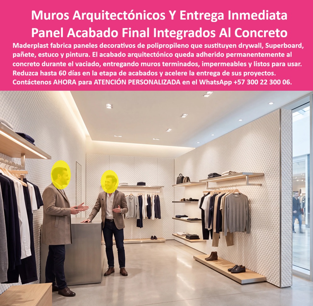 Muro Decorativo Mampostería Seca Panel Constructivo Antihumedad Maderplast - Muros Arquitectónicos con Acabado Integrado al Concreto: Paneles Decorativos de Alta Ingeniería que Eliminan Superboard, Drywall y los Acabados Tradicionales La imagen muestra un espacio comercial de alta categoría terminado con un sistema de muros arquitectónicos de acabado final integrado al concreto, donde los paneles decorativos de polipropileno forman superficies continuas, texturizadas y listas para entrar en operación desde el momento mismo del desencofrado. Este concepto representa una nueva generación de construcción tecnificada porque el acabado arquitectónico deja de ser una etapa posterior para convertirse en parte integral de la estructura. Durante el vaciado del concreto, el panel queda adherido permanentemente al muro, permitiendo entregar paredes completamente terminadas sin recurrir posteriormente a Superboard, drywall, pañete, estuco y pintura, reduciendo considerablemente los tiempos de construcción y elevando la calidad final del proyecto. En centros comerciales, tiendas de lujo, hoteles, hospitales, edificios corporativos, aeropuertos, universidades y desarrollos institucionales, la rapidez de entrega constituye un factor económico tan importante como la calidad arquitectónica. Cada semana de retraso representa mayores costos financieros, alquileres diferidos y pérdida de ingresos operacionales. Por ello, los paneles constructivos antihumedad, las placas plásticas terminadas para reemplazo de Superboard, los paneles premium de alta ingeniería, los sistemas constructivos modulares, los muros decorativos de mampostería seca, las placas arquitectónicas decorativas y los paneles de polipropileno para interiores permiten transformar varias etapas constructivas en un solo proceso continuo que optimiza la productividad desde el inicio hasta la entrega de la obra. Desde el punto de vista de la ingeniería de acabados, la mayor innovación consiste en que el acabado arquitectónico forma parte permanente del muro y no un revestimiento instalado posteriormente. Al eliminar procesos de pañete, estuco, lijado, imprimación y pintura, disminuyen significativamente los riesgos de fisuración superficial, desprendimientos, diferencias de color y mantenimientos periódicos. Como resultado, el constructor entrega superficies uniformes, resistentes a la humedad y preparadas para soportar el uso intensivo propio de edificaciones comerciales y corporativas de alto tráfico. El sistema también proporciona una importante libertad de diseño para arquitectos e interioristas. Los paneles pueden fabricarse con texturas tridimensionales, acabados lisos, patrones geométricos, diseños personalizados y superficies decorativas que aportan identidad arquitectónica a cada proyecto. Esta versatilidad permite desarrollar espacios comerciales exclusivos, recepciones corporativas, corredores institucionales, salas de exhibición, boutiques, hoteles y edificios empresariales donde el diseño interior constituye un elemento diferenciador de alto valor. Para los responsables técnicos del proyecto, el criterio de selección no debe centrarse únicamente en el costo inicial del revestimiento, sino en el comportamiento del sistema durante toda la vida útil de la edificación. Un acabado que permanece estable, facilita la limpieza, resiste la humedad, reduce reparaciones y conserva su apariencia durante años representa un costo total de propiedad considerablemente inferior frente a soluciones convencionales que requieren constantes intervenciones de mantenimiento. Esa visión de largo plazo es la que actualmente orienta las decisiones de arquitectos, gerentes de infraestructura y directores de proyectos en edificaciones de alta exigencia. Maderplast desarrolla estos paneles de alta ingeniería mediante procesos industriales especializados en plásticos técnicos, diseño propio y fabricación personalizada para cada proyecto arquitectónico. Sus procesos cuentan con certificaciones ISO 9001 para gestión de calidad e ISO 14001 para gestión ambiental, respaldando el diseño y desarrollo de soluciones constructivas capaces de integrarse directamente al concreto, reducir tiempos de obra y ofrecer acabados permanentes de elevada calidad. La empresa también desarrolla prototipos, planos, modelos personalizados y producción en serie según las necesidades específicas de cada cliente. Diversos proyectos comerciales e institucionales han incorporado esta tecnología buscando acelerar la entrega de sus edificaciones y reducir los costos asociados a los acabados tradicionales. Por razones de confidencialidad no se divulgan públicamente todos los casos ejecutados, pero Maderplast puede presentar referencias comerciales, evidencias de suministro, muestras físicas y demostraciones técnicas durante el proceso de evaluación. Cuando un proyecto requiere mayor respaldo, también pueden realizarse ensayos adicionales en laboratorios acreditados para validar el comportamiento del material bajo las condiciones particulares de servicio. La incorporación de placas plásticas terminadas para reemplazo de Superboard, paneles premium antihumedad, muros decorativos de mampostería seca, paneles constructivos modulares, acabados arquitectónicos integrados al concreto y sistemas de alta ingeniería para interiores representa una inversión destinada a reducir tiempos de construcción, eliminar costos ocultos de mantenimiento y entregar espacios listos para operar en menor tiempo. Más que sustituir un material tradicional, significa adoptar una solución constructiva diseñada para aumentar la productividad, conservar una presentación impecable y ofrecer una mayor rentabilidad durante toda la vida útil del edificio. Cuando la prioridad es construir más rápido, con mejor calidad y menor mantenimiento, las soluciones arquitectónicas desarrolladas por Maderplast constituyen una alternativa técnica respaldada por ingeniería, innovación y experiencia en plásticos estructurales de alto desempeño. Descripción Ficha técnica Resumida del producto: Paneles arquitectónicos de polipropileno para reemplazo de Superboard y drywall, muros decorativos con acabado integrado al concreto, paneles premium antihumedad y sistemas constructivos modulares. Solución Maderplast para paredes terminadas sin pañete, estuco y pintura, con alta durabilidad, rápida instalación y mínimo mantenimiento. Contáctenos ahora mismo por WhatsApp y reciba atención personalizada de un asesor especializado: +57 300 22 300 06.Muros Arquitectónicos con Acabado Integrado al Concreto: Paneles Decorativos de Alta Ingeniería que Eliminan Superboard, Drywall y los Acabados Tradicionales La imagen muestra un espacio comercial de alta categoría terminado con un sistema de muros arquitectónicos de acabado final integrado al concreto, donde los paneles decorativos de polipropileno forman superficies continuas, texturizadas y listas para entrar en operación desde el momento mismo del desencofrado. Este concepto representa una nueva generación de construcción tecnificada porque el acabado arquitectónico deja de ser una etapa posterior para convertirse en parte integral de la estructura. Durante el vaciado del concreto, el panel queda adherido permanentemente al muro, permitiendo entregar paredes completamente terminadas sin recurrir posteriormente a Superboard, drywall, pañete, estuco y pintura, reduciendo considerablemente los tiempos de construcción y elevando la calidad final del proyecto. En centros comerciales, tiendas de lujo, hoteles, hospitales, edificios corporativos, aeropuertos, universidades y desarrollos institucionales, la rapidez de entrega constituye un factor económico tan importante como la calidad arquitectónica. Cada semana de retraso representa mayores costos financieros, alquileres diferidos y pérdida de ingresos operacionales. Por ello, los paneles constructivos antihumedad, las placas plásticas terminadas para reemplazo de Superboard, los paneles premium de alta ingeniería, los sistemas constructivos modulares, los muros decorativos de mampostería seca, las placas arquitectónicas decorativas y los paneles de polipropileno para interiores permiten transformar varias etapas constructivas en un solo proceso continuo que optimiza la productividad desde el inicio hasta la entrega de la obra. Desde el punto de vista de la ingeniería de acabados, la mayor innovación consiste en que el acabado arquitectónico forma parte permanente del muro y no un revestimiento instalado posteriormente. Al eliminar procesos de pañete, estuco, lijado, imprimación y pintura, disminuyen significativamente los riesgos de fisuración superficial, desprendimientos, diferencias de color y mantenimientos periódicos. Como resultado, el constructor entrega superficies uniformes, resistentes a la humedad y preparadas para soportar el uso intensivo propio de edificaciones comerciales y corporativas de alto tráfico. El sistema también proporciona una importante libertad de diseño para arquitectos e interioristas. Los paneles pueden fabricarse con texturas tridimensionales, acabados lisos, patrones geométricos, diseños personalizados y superficies decorativas que aportan identidad arquitectónica a cada proyecto. Esta versatilidad permite desarrollar espacios comerciales exclusivos, recepciones corporativas, corredores institucionales, salas de exhibición, boutiques, hoteles y edificios empresariales donde el diseño interior constituye un elemento diferenciador de alto valor. Para los responsables técnicos del proyecto, el criterio de selección no debe centrarse únicamente en el costo inicial del revestimiento, sino en el comportamiento del sistema durante toda la vida útil de la edificación. Un acabado que permanece estable, facilita la limpieza, resiste la humedad, reduce reparaciones y conserva su apariencia durante años representa un costo total de propiedad considerablemente inferior frente a soluciones convencionales que requieren constantes intervenciones de mantenimiento. Esa visión de largo plazo es la que actualmente orienta las decisiones de arquitectos, gerentes de infraestructura y directores de proyectos en edificaciones de alta exigencia. Maderplast desarrolla estos paneles de alta ingeniería mediante procesos industriales especializados en plásticos técnicos, diseño propio y fabricación personalizada para cada proyecto arquitectónico. Sus procesos cuentan con certificaciones ISO 9001 para gestión de calidad e ISO 14001 para gestión ambiental, respaldando el diseño y desarrollo de soluciones constructivas capaces de integrarse directamente al concreto, reducir tiempos de obra y ofrecer acabados permanentes de elevada calidad. La empresa también desarrolla prototipos, planos, modelos personalizados y producción en serie según las necesidades específicas de cada cliente. Diversos proyectos comerciales e institucionales han incorporado esta tecnología buscando acelerar la entrega de sus edificaciones y reducir los costos asociados a los acabados tradicionales. Por razones de confidencialidad no se divulgan públicamente todos los casos ejecutados, pero Maderplast puede presentar referencias comerciales, evidencias de suministro, muestras físicas y demostraciones técnicas durante el proceso de evaluación. Cuando un proyecto requiere mayor respaldo, también pueden realizarse ensayos adicionales en laboratorios acreditados para validar el comportamiento del material bajo las condiciones particulares de servicio. La incorporación de placas plásticas terminadas para reemplazo de Superboard, paneles premium antihumedad, muros decorativos de mampostería seca, paneles constructivos modulares, acabados arquitectónicos integrados al concreto y sistemas de alta ingeniería para interiores representa una inversión destinada a reducir tiempos de construcción, eliminar costos ocultos de mantenimiento y entregar espacios listos para operar en menor tiempo. Más que sustituir un material tradicional, significa adoptar una solución constructiva diseñada para aumentar la productividad, conservar una presentación impecable y ofrecer una mayor rentabilidad durante toda la vida útil del edificio. Cuando la prioridad es construir más rápido, con mejor calidad y menor mantenimiento, las soluciones arquitectónicas desarrolladas por Maderplast constituyen una alternativa técnica respaldada por ingeniería, innovación y experiencia en plásticos estructurales de alto desempeño. Descripción Ficha técnica Resumida del producto: Paneles arquitectónicos de polipropileno para reemplazo de Superboard y drywall, muros decorativos con acabado integrado al concreto, paneles premium antihumedad y sistemas constructivos modulares. Solución Maderplast para paredes terminadas sin pañete, estuco y pintura, con alta durabilidad, rápida instalación y mínimo mantenimiento. Contáctenos ahora mismo por WhatsApp y reciba atención personalizada de un asesor especializado: +57 300 22 300 06. Placas plásticas terminadas reemplazo de superboard, Panel Premium Antihumedad, panel de alta ingeniería, sistema constructivo modular, Mampostería seca a Muro Decorativo Mampostería Seca Panel Constructivo Antihumedad Maderplast Placas plásticas terminadas reemplazo de superboard Panel Premium Antihumedad panel de alta ingeniería sistema constructivo modular Mampostería seca a Muros Arquitectónicos con Acabado Integrado al Concreto: Paneles Decorativos de Alta Ingeniería que Eliminan Superboard, Drywall y los Acabados Tradicionales La imagen muestra un espacio comercial de alta categoría terminado con un sistema de muros arquitectónicos de acabado final integrado al concreto, donde los paneles decorativos de polipropileno forman superficies continuas, texturizadas y listas para entrar en operación desde el momento mismo del desencofrado. Este concepto representa una nueva generación de construcción tecnificada porque el acabado arquitectónico deja de ser una etapa posterior para convertirse en parte integral de la estructura. Durante el vaciado del concreto, el panel queda adherido permanentemente al muro, permitiendo entregar paredes completamente terminadas sin recurrir posteriormente a Superboard, drywall, pañete, estuco y pintura, reduciendo considerablemente los tiempos de construcción y elevando la calidad final del proyecto. En centros comerciales, tiendas de lujo, hoteles, hospitales, edificios corporativos, aeropuertos, universidades y desarrollos institucionales, la rapidez de entrega constituye un factor económico tan importante como la calidad arquitectónica. Cada semana de retraso representa mayores costos financieros, alquileres diferidos y pérdida de ingresos operacionales. Por ello, los paneles constructivos antihumedad, las placas plásticas terminadas para reemplazo de Superboard, los paneles premium de alta ingeniería, los sistemas constructivos modulares, los muros decorativos de mampostería seca, las placas arquitectónicas decorativas y los paneles de polipropileno para interiores permiten transformar varias etapas constructivas en un solo proceso continuo que optimiza la productividad desde el inicio hasta la entrega de la obra. Desde el punto de vista de la ingeniería de acabados, la mayor innovación consiste en que el acabado arquitectónico forma parte permanente del muro y no un revestimiento instalado posteriormente. Al eliminar procesos de pañete, estuco, lijado, imprimación y pintura, disminuyen significativamente los riesgos de fisuración superficial, desprendimientos, diferencias de color y mantenimientos periódicos. Como resultado, el constructor entrega superficies uniformes, resistentes a la humedad y preparadas para soportar el uso intensivo propio de edificaciones comerciales y corporativas de alto tráfico. El sistema también proporciona una importante libertad de diseño para arquitectos e interioristas. Los paneles pueden fabricarse con texturas tridimensionales, acabados lisos, patrones geométricos, diseños personalizados y superficies decorativas que aportan identidad arquitectónica a cada proyecto. Esta versatilidad permite desarrollar espacios comerciales exclusivos, recepciones corporativas, corredores institucionales, salas de exhibición, boutiques, hoteles y edificios empresariales donde el diseño interior constituye un elemento diferenciador de alto valor. Para los responsables técnicos del proyecto, el criterio de selección no debe centrarse únicamente en el costo inicial del revestimiento, sino en el comportamiento del sistema durante toda la vida útil de la edificación. Un acabado que permanece estable, facilita la limpieza, resiste la humedad, reduce reparaciones y conserva su apariencia durante años representa un costo total de propiedad considerablemente inferior frente a soluciones convencionales que requieren constantes intervenciones de mantenimiento. Esa visión de largo plazo es la que actualmente orienta las decisiones de arquitectos, gerentes de infraestructura y directores de proyectos en edificaciones de alta exigencia. Maderplast desarrolla estos paneles de alta ingeniería mediante procesos industriales especializados en plásticos técnicos, diseño propio y fabricación personalizada para cada proyecto arquitectónico. Sus procesos cuentan con certificaciones ISO 9001 para gestión de calidad e ISO 14001 para gestión ambiental, respaldando el diseño y desarrollo de soluciones constructivas capaces de integrarse directamente al concreto, reducir tiempos de obra y ofrecer acabados permanentes de elevada calidad. La empresa también desarrolla prototipos, planos, modelos personalizados y producción en serie según las necesidades específicas de cada cliente. Diversos proyectos comerciales e institucionales han incorporado esta tecnología buscando acelerar la entrega de sus edificaciones y reducir los costos asociados a los acabados tradicionales. Por razones de confidencialidad no se divulgan públicamente todos los casos ejecutados, pero Maderplast puede presentar referencias comerciales, evidencias de suministro, muestras físicas y demostraciones técnicas durante el proceso de evaluación. Cuando un proyecto requiere mayor respaldo, también pueden realizarse ensayos adicionales en laboratorios acreditados para validar el comportamiento del material bajo las condiciones particulares de servicio. La incorporación de placas plásticas terminadas para reemplazo de Superboard, paneles premium antihumedad, muros decorativos de mampostería seca, paneles constructivos modulares, acabados arquitectónicos integrados al concreto y sistemas de alta ingeniería para interiores representa una inversión destinada a reducir tiempos de construcción, eliminar costos ocultos de mantenimiento y entregar espacios listos para operar en menor tiempo. Más que sustituir un material tradicional, significa adoptar una solución constructiva diseñada para aumentar la productividad, conservar una presentación impecable y ofrecer una mayor rentabilidad durante toda la vida útil del edificio. Cuando la prioridad es construir más rápido, con mejor calidad y menor mantenimiento, las soluciones arquitectónicas desarrolladas por Maderplast constituyen una alternativa técnica respaldada por ingeniería, innovación y experiencia en plásticos estructurales de alto desempeño. Descripción Ficha técnica Resumida del producto: Paneles arquitectónicos de polipropileno para reemplazo de Superboard y drywall, muros decorativos con acabado integrado al concreto, paneles premium antihumedad y sistemas constructivos modulares. Solución Maderplast para paredes terminadas sin pañete, estuco y pintura, con alta durabilidad, rápida instalación y mínimo mantenimiento. Contáctenos ahora mismo por WhatsApp y reciba atención personalizada de un asesor especializado: +57 300 22 300 06.