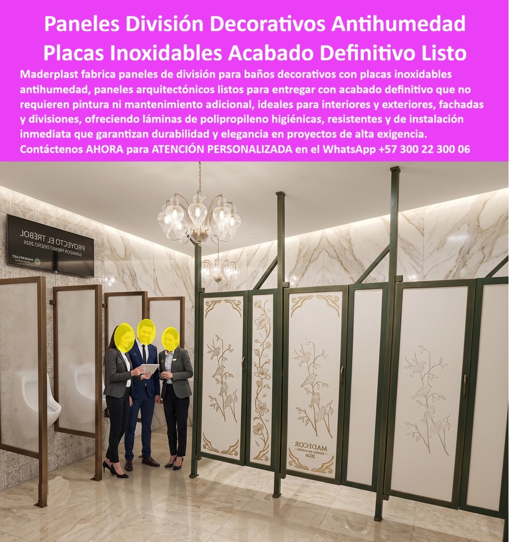 Panel Division Baños Decorativo Placa Inoxidable Antihumedad Maderplast - Paneles de división decorativos antihumedad demuestran aquí que la resistencia estructural y el diseño de alta gama no son objetivos que compitan entre sí, sino que pueden convivir en la misma placa. A diferencia de los sistemas de división funcional para bodegas o zonas industriales, este panel arquitectónico incorpora un grabado decorativo floral de acabado fino, enmarcado en estructura metálica, pensado específicamente para baños y espacios de alta exigencia estética en proyectos comerciales, hoteleros o corporativos de nivel premium. La pregunta que se hace un arquitecto de interiores frente a un proyecto de este nivel es distinta a la de una bodega industrial: no busca solo resistencia a impacto, busca que el panel mantenga su elegancia visual con el paso del tiempo, sin que la humedad constante de un baño público degrade el grabado, opaque el acabado o genere manchas en las juntas. Las placas inoxidables antihumedad Maderplast resuelven exactamente esa exigencia: el material no absorbe humedad, no se opaca con la limpieza frecuente y conserva la nitidez de su diseño decorativo aún bajo el uso intensivo típico de un baño de alto tráfico. Ningún panel decorativo tradicional en madera, MDF lacado o vidrio grabado ofrece esta combinación sin comprometer algo: la madera se hincha con la humedad del baño, el MDF se deteriora en las juntas expuestas al agua, y el vidrio decorativo, aunque resistente a la humedad, no ofrece la calidez visual ni la calidez del grabado floral que sí logra el polipropileno tratado de Maderplast. El resultado es un panel arquitectónico listo para entregar con acabado definitivo, que no requiere pintura ni mantenimiento adicional después de instalado, ideal tanto para interiores como para exteriores en proyectos donde la primera impresión del espacio importa tanto como su funcionalidad. Para el arquitecto o el diseñador de interiores que especifica baños y divisiones en hoteles, centros comerciales o edificios corporativos de alta gama, esto elimina un riesgo habitual: el deterioro estético prematuro de un acabado decorativo por exposición a humedad constante, que normalmente obliga a reemplazar o restaurar paneles decorativos en pocos años. Con láminas de polipropileno antihumedad, el diseño se mantiene intacto durante toda la vida útil del espacio, protegiendo tanto la inversión estética del proyecto como su reputación frente a los usuarios finales. Cuando su proyecto requiera paneles de división decorativos con diseño personalizado, nuestro equipo de ingeniería y diseño puede desarrollar el grabado y el acabado que su espacio arquitectónico exige, integrando estética y resistencia en una sola placa lista para instalar. Escríbenos: (+57) 300 22 300 06 — ingenieria@maderplast.co. Maderplast: donde el diseño decorativo se fabrica para durar tanto como impresiona. Video sugerido para este bloque: Acabados plásticas para encofrados Maderplast — https://www.youtube.com/watch?v=_IV-ub_6hUY Panel Arquitectónico Listo para Entregar, acabado definitivo, Paneles Decorativos para Interiores y Exteriores, Paneles Fachadas y Divisiones, Láminas polipropileno Panel Division Baños Decorativo Placa Inoxidable Antihumedad Maderplast Panel Arquitectónico Listo para Entregar acabado definitivo Paneles Decorativos para Interiores y Exteriores Paneles Fachadas y Divisiones Láminas polipropileno Paneles de división decorativos antihumedad demuestran aquí que la resistencia estructural y el diseño de alta gama no son objetivos que compitan entre sí, sino que pueden convivir en la misma placa. A diferencia de los sistemas de división funcional para bodegas o zonas industriales, este panel arquitectónico incorpora un grabado decorativo floral de acabado fino, enmarcado en estructura metálica, pensado específicamente para baños y espacios de alta exigencia estética en proyectos comerciales, hoteleros o corporativos de nivel premium. La pregunta que se hace un arquitecto de interiores frente a un proyecto de este nivel es distinta a la de una bodega industrial: no busca solo resistencia a impacto, busca que el panel mantenga su elegancia visual con el paso del tiempo, sin que la humedad constante de un baño público degrade el grabado, opaque el acabado o genere manchas en las juntas. Las placas inoxidables antihumedad Maderplast resuelven exactamente esa exigencia: el material no absorbe humedad, no se opaca con la limpieza frecuente y conserva la nitidez de su diseño decorativo aún bajo el uso intensivo típico de un baño de alto tráfico. Ningún panel decorativo tradicional en madera, MDF lacado o vidrio grabado ofrece esta combinación sin comprometer algo: la madera se hincha con la humedad del baño, el MDF se deteriora en las juntas expuestas al agua, y el vidrio decorativo, aunque resistente a la humedad, no ofrece la calidez visual ni la calidez del grabado floral que sí logra el polipropileno tratado de Maderplast. El resultado es un panel arquitectónico listo para entregar con acabado definitivo, que no requiere pintura ni mantenimiento adicional después de instalado, ideal tanto para interiores como para exteriores en proyectos donde la primera impresión del espacio importa tanto como su funcionalidad. Para el arquitecto o el diseñador de interiores que especifica baños y divisiones en hoteles, centros comerciales o edificios corporativos de alta gama, esto elimina un riesgo habitual: el deterioro estético prematuro de un acabado decorativo por exposición a humedad constante, que normalmente obliga a reemplazar o restaurar paneles decorativos en pocos años. Con láminas de polipropileno antihumedad, el diseño se mantiene intacto durante toda la vida útil del espacio, protegiendo tanto la inversión estética del proyecto como su reputación frente a los usuarios finales. Cuando su proyecto requiera paneles de división decorativos con diseño personalizado, nuestro equipo de ingeniería y diseño puede desarrollar el grabado y el acabado que su espacio arquitectónico exige, integrando estética y resistencia en una sola placa lista para instalar. Escríbenos: (+57) 300 22 300 06 — ingenieria@maderplast.co. Maderplast: donde el diseño decorativo se fabrica para durar tanto como impresiona. Video sugerido para este bloque: Acabados plásticas para encofrados Maderplast — https://www.youtube.com/watch?v=_IV-ub_6hUY