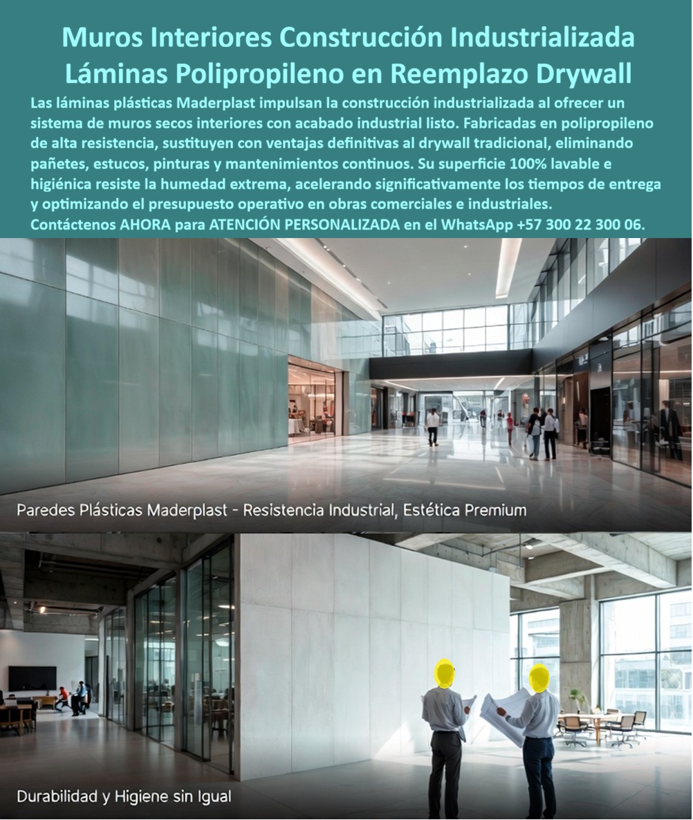 Panel Innovador Construcción Tecnificada Muros Secos Interiores Maderplast - Muros interiores en construcción industrializada con láminas de polipropileno reemplazan hoy al drywall tradicional en proyectos comerciales e industriales que buscan un acabado limpio, resistente y de instalación rápida, sin depender de los tiempos ni de los cuidados que exige el drywall convencional. Donde el drywall de yeso se humedece, se abomba y se deteriora ante cualquier filtración o ambiente de alta humedad, el panel de polipropileno de alta resistencia Maderplast mantiene su forma y su acabado sin absorber agua, porque su naturaleza plástica es, por definición, impermeable. La pregunta que se hace un arquitecto de interiores antes de especificar un sistema de muro seco es directa: ¿vale la pena cambiar un material conocido por uno nuevo? La respuesta está en el proceso completo de obra que se elimina. Con drywall tradicional, un muro terminado requiere estuco, resane de juntas, pintura y, en zonas húmedas, tratamientos adicionales contra hongos y humedad — cada uno de esos pasos suma días de cronograma y cuadrillas especializadas distintas. Con láminas de polipropileno, el panel llega con acabado industrial listo, eliminando pañetes, estucos y pinturas de terminado, lo que se traduce en menos oficios coordinados en obra y una reducción real del tiempo de entrega del proyecto. Para operaciones comerciales e industriales donde la higiene es un requisito constante —zonas de manejo de alimentos, áreas de salud, plantas de producción, baños y vestieres de alto tráfico—, la superficie del panel Maderplast es altamente lavable, lo que permite limpieza frecuente con agua y detergente sin deteriorar el acabado ni generar el hongo o la mancha de humedad típica del drywall en ambientes de uso intensivo. Esa combinación de resistencia a la humedad constante e higiene de superficie es la que convierte a este sistema en la opción preferida para muros interiores de construcción tecnificada, donde el mantenimiento continuo del acabado representa un costo operativo recurrente que ningún gerente de obra o de mantenimiento quiere seguir pagando año tras año. El sistema también resuelve una necesidad de personalización que muchas veces se pierde de vista: el panel puede recibir pintura o recubrimiento posterior según el diseño interior que busque el proyecto, funcionando tanto como acabado final en su estado natural, como sustrato paintable para quien prefiera integrarlo a una paleta de color o un acabado arquitectónico específico. Así lo demuestra su aplicación real en proyectos comerciales de alto tráfico, donde el panel se ha instalado como base estructural del muro seco y posteriormente recubierto según las necesidades estéticas del espacio. Antes de definir el sistema de muro seco interior de su próximo proyecto comercial o industrial, nuestro equipo de ingeniería puede evaluar el uso del espacio, el nivel de humedad esperado y el acabado deseado, y proponer la solución en polipropileno de alta resistencia adecuada. Escríbenos: (+57) 300 22 300 06 — ingenieria@maderplast.co. Maderplast: paneles que industrializan el muro interior, sin los tiempos ni los cuidados que exige el drywall tradicional. Imágenes de referencia: montaje ilustrativo de posible aplicación del panel Maderplast en espacios comerciales. Video sugerido para este bloque: Acabados plásticas para encofrados Maderplast — https://www.youtube.com/watch?v=_IV-ub_6hUY Nueva Tecnología Paneles Construcción Industrializada, Láminas de polipropileno paredes exteriores acabado industrial listo, Láminas Plásticas Reemplazo drywall A Panel Innovador Construcción Tecnificada Muros Secos Interiores Maderplast Nueva Tecnología Paneles Construcción Industrializada Láminas de polipropileno paredes exteriores acabado industrial listo Láminas Plásticas Reemplazo drywall A Muros interiores en construcción industrializada con láminas de polipropileno reemplazan hoy al drywall tradicional en proyectos comerciales e industriales que buscan un acabado limpio, resistente y de instalación rápida, sin depender de los tiempos ni de los cuidados que exige el drywall convencional. Donde el drywall de yeso se humedece, se abomba y se deteriora ante cualquier filtración o ambiente de alta humedad, el panel de polipropileno de alta resistencia Maderplast mantiene su forma y su acabado sin absorber agua, porque su naturaleza plástica es, por definición, impermeable. La pregunta que se hace un arquitecto de interiores antes de especificar un sistema de muro seco es directa: ¿vale la pena cambiar un material conocido por uno nuevo? La respuesta está en el proceso completo de obra que se elimina. Con drywall tradicional, un muro terminado requiere estuco, resane de juntas, pintura y, en zonas húmedas, tratamientos adicionales contra hongos y humedad — cada uno de esos pasos suma días de cronograma y cuadrillas especializadas distintas. Con láminas de polipropileno, el panel llega con acabado industrial listo, eliminando pañetes, estucos y pinturas de terminado, lo que se traduce en menos oficios coordinados en obra y una reducción real del tiempo de entrega del proyecto. Para operaciones comerciales e industriales donde la higiene es un requisito constante —zonas de manejo de alimentos, áreas de salud, plantas de producción, baños y vestieres de alto tráfico—, la superficie del panel Maderplast es altamente lavable, lo que permite limpieza frecuente con agua y detergente sin deteriorar el acabado ni generar el hongo o la mancha de humedad típica del drywall en ambientes de uso intensivo. Esa combinación de resistencia a la humedad constante e higiene de superficie es la que convierte a este sistema en la opción preferida para muros interiores de construcción tecnificada, donde el mantenimiento continuo del acabado representa un costo operativo recurrente que ningún gerente de obra o de mantenimiento quiere seguir pagando año tras año. El sistema también resuelve una necesidad de personalización que muchas veces se pierde de vista: el panel puede recibir pintura o recubrimiento posterior según el diseño interior que busque el proyecto, funcionando tanto como acabado final en su estado natural, como sustrato paintable para quien prefiera integrarlo a una paleta de color o un acabado arquitectónico específico. Así lo demuestra su aplicación real en proyectos comerciales de alto tráfico, donde el panel se ha instalado como base estructural del muro seco y posteriormente recubierto según las necesidades estéticas del espacio. Antes de definir el sistema de muro seco interior de su próximo proyecto comercial o industrial, nuestro equipo de ingeniería puede evaluar el uso del espacio, el nivel de humedad esperado y el acabado deseado, y proponer la solución en polipropileno de alta resistencia adecuada. Escríbenos: (+57) 300 22 300 06 — ingenieria@maderplast.co. Maderplast: paneles que industrializan el muro interior, sin los tiempos ni los cuidados que exige el drywall tradicional. Imágenes de referencia: montaje ilustrativo de posible aplicación del panel Maderplast en espacios comerciales. Video sugerido para este bloque: Acabados plásticas para encofrados Maderplast — https://www.youtube.com/watch?v=_IV-ub_6hUY