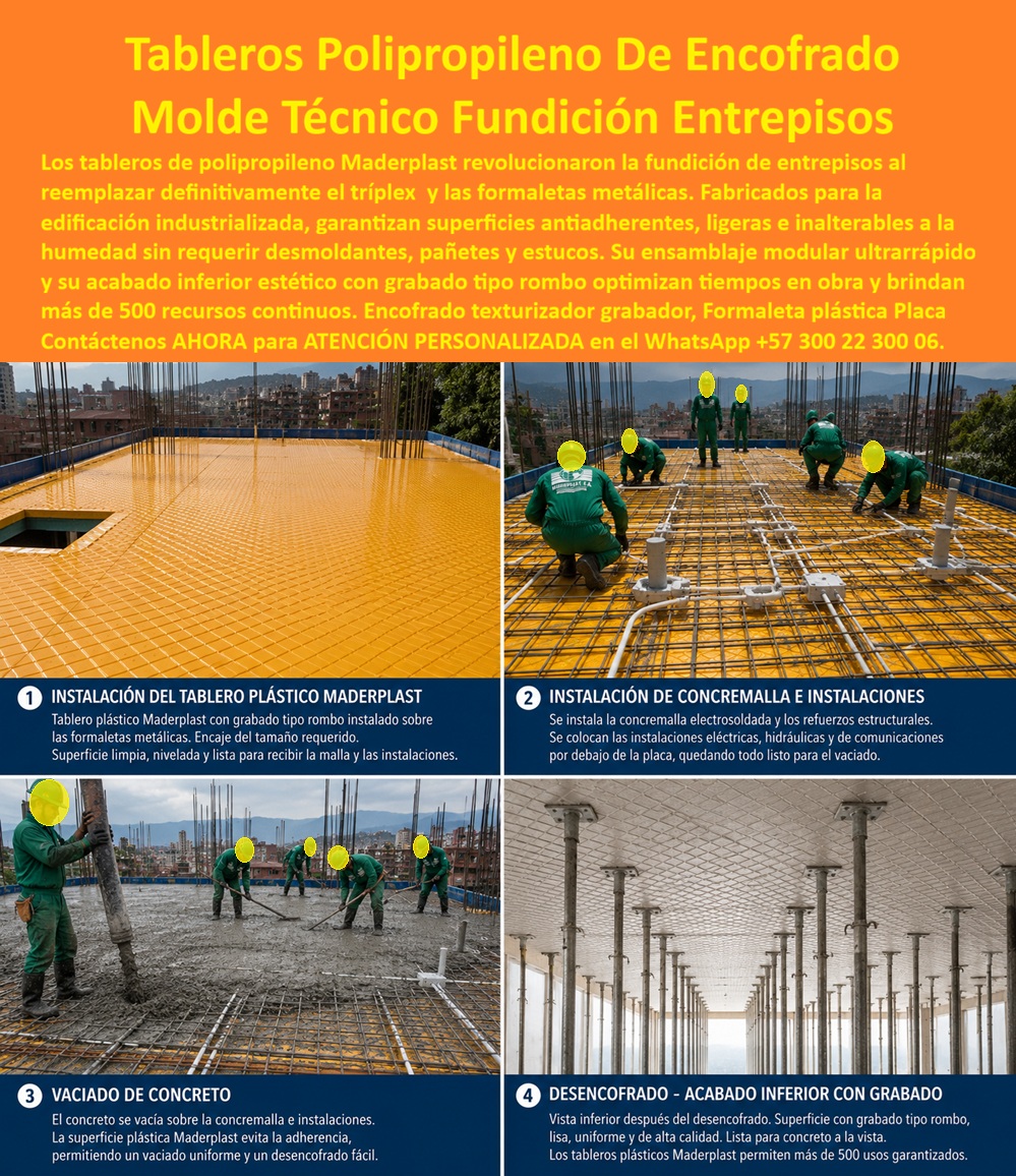 Tableros De Polipropileno Placa Encofrado Texturizado Grabado Maderplast - Tableros de polipropileno de encofrado con grabado tipo rombo en la cara inferior revolucionan la fundición de entrepisos. Estos moldes técnicos de Maderplast reemplazan de forma definitiva el triplay fenólico y las formaletas metálicas convencionales. Fabricados para edificación industrializada, entregan superficies antiadherentes, ligeras e inalterables a la humedad, sin requerir desmoldantes, pañetes y estucos. El ensamblaje modular ultrarrápido y el acabado inferior texturizado optimizan los tiempos de obra y garantizan más de quinientos usos continuos. En la práctica de obra el proceso se vuelve predecible y limpio. El tablero plástico se instala sobre las formaletas metálicas, se nivela y queda listo para recibir la concre malla electrosoldada y las instalaciones eléctricas, hidráulicas y de comunicaciones. Al vaciar el concreto, la superficie plástica evita la adherencia, permite un llenado uniforme y facilita el desencofrado. Una vez retirados los tableros, la cara inferior de la losa muestra el grabado tipo rombo perfecto, listo para concreto a la vista de alta calidad arquitectónica. Esta tecnología de encofrados plásticos elimina los problemas crónicos del fenólico: hinchazón por humedad, pérdida de planicidad, marcas de madera y la necesidad de resanes posteriores. Los tableros plásticos de encofrado y los paneles de formaleta plástica de Maderplast mantienen tolerancia dimensional ciclo tras ciclo. La construcción de placas y la fundición de entrepisos se vuelve más rápida, más limpia y más económica en el costo total de propiedad. El director de obra gana control real sobre el cronograma y reduce de raíz los reclamos por calidad de superficie. Los sistemas tradicionales, aunque lleguen a precio bajo, terminan resultando carísimos por degradación, desperdicio de material, cuadrillas de resane y atrasos. Maderplast entrega una solución de ingeniería del concreto que convierte cada vaciado en un activo reutilizable de alta rotación. Las plantas cuentan con certificación ISO 9001 en diseño y fabricación e ISO 14001 ambiental, y las piezas se validan con pruebas de laboratorio exigentes. Un residente de obra de un edificio de varios pisos comentó: “Pasamos de cambiar tableros fenólicos cada pocos usos a trabajar con los mismos paneles de polipropileno durante más de quinientos vaciados. El grabado rombo quedó perfecto en todas las losas y eliminamos por completo la cuadrilla de pañetes. Cualquier alternativa, aunque nos la regalaran, salía más cara por los reprocesos y el tiempo perdido”. La evidencia que elimina la duda técnica al firmar la orden de compra está en las pruebas extremas. El video en el que una retroexcavadora, un mazo de construcción y un rotomartillo impactan directamente las placas Maderplast demuestra una resistencia que cambia la percepción de cualquier ingeniero. Este registro, junto con el canal completo de validaciones, las formaletas en vaciado real y los acabados de superficie, constituye el respaldo que un profesional necesita para especificar con tranquilidad.Para solicitar planos acotados, memorias de cálculo, especificación en pliegos o cotización de producción en serie, contacte directamente al Departamento de Ingeniería. Ing. Soporte Técnico: (+57) 300 22 300 06 | ingenieria@maderplast.co. Molde construcción de placas, Tablero técnico fundición de entrepisos, Encofrado Plástico Placas de Concreto, Tableros Plásticos Encofrado, Panel formaleta plástica Tableros De Polipropileno Placa Encofrado Texturizado Grabado Maderplast Molde construcción de placas Tablero técnico fundición de entrepisos Encofrado Plástico Placas de Concreto Tableros Plásticos Encofrado Panel formaleta plástica Tableros de polipropileno de encofrado con grabado tipo rombo en la cara inferior revolucionan la fundición de entrepisos. Estos moldes técnicos de Maderplast reemplazan de forma definitiva el triplay fenólico y las formaletas metálicas convencionales. Fabricados para edificación industrializada, entregan superficies antiadherentes, ligeras e inalterables a la humedad, sin requerir desmoldantes, pañetes y estucos. El ensamblaje modular ultrarrápido y el acabado inferior texturizado optimizan los tiempos de obra y garantizan más de quinientos usos continuos. En la práctica de obra el proceso se vuelve predecible y limpio. El tablero plástico se instala sobre las formaletas metálicas, se nivela y queda listo para recibir la concre malla electrosoldada y las instalaciones eléctricas, hidráulicas y de comunicaciones. Al vaciar el concreto, la superficie plástica evita la adherencia, permite un llenado uniforme y facilita el desencofrado. Una vez retirados los tableros, la cara inferior de la losa muestra el grabado tipo rombo perfecto, listo para concreto a la vista de alta calidad arquitectónica. Esta tecnología de encofrados plásticos elimina los problemas crónicos del fenólico: hinchazón por humedad, pérdida de planicidad, marcas de madera y la necesidad de resanes posteriores. Los tableros plásticos de encofrado y los paneles de formaleta plástica de Maderplast mantienen tolerancia dimensional ciclo tras ciclo. La construcción de placas y la fundición de entrepisos se vuelve más rápida, más limpia y más económica en el costo total de propiedad. El director de obra gana control real sobre el cronograma y reduce de raíz los reclamos por calidad de superficie. Los sistemas tradicionales, aunque lleguen a precio bajo, terminan resultando carísimos por degradación, desperdicio de material, cuadrillas de resane y atrasos. Maderplast entrega una solución de ingeniería del concreto que convierte cada vaciado en un activo reutilizable de alta rotación. Las plantas cuentan con certificación ISO 9001 en diseño y fabricación e ISO 14001 ambiental, y las piezas se validan con pruebas de laboratorio exigentes. Un residente de obra de un edificio de varios pisos comentó: “Pasamos de cambiar tableros fenólicos cada pocos usos a trabajar con los mismos paneles de polipropileno durante más de quinientos vaciados. El grabado rombo quedó perfecto en todas las losas y eliminamos por completo la cuadrilla de pañetes. Cualquier alternativa, aunque nos la regalaran, salía más cara por los reprocesos y el tiempo perdido”. La evidencia que elimina la duda técnica al firmar la orden de compra está en las pruebas extremas. El video en el que una retroexcavadora, un mazo de construcción y un rotomartillo impactan directamente las placas Maderplast demuestra una resistencia que cambia la percepción de cualquier ingeniero. Este registro, junto con el canal completo de validaciones, las formaletas en vaciado real y los acabados de superficie, constituye el respaldo que un profesional necesita para especificar con tranquilidad.Para solicitar planos acotados, memorias de cálculo, especificación en pliegos o cotización de producción en serie, contacte directamente al Departamento de Ingeniería. Ing. Soporte Técnico: (+57) 300 22 300 06 | ingenieria@maderplast.co.