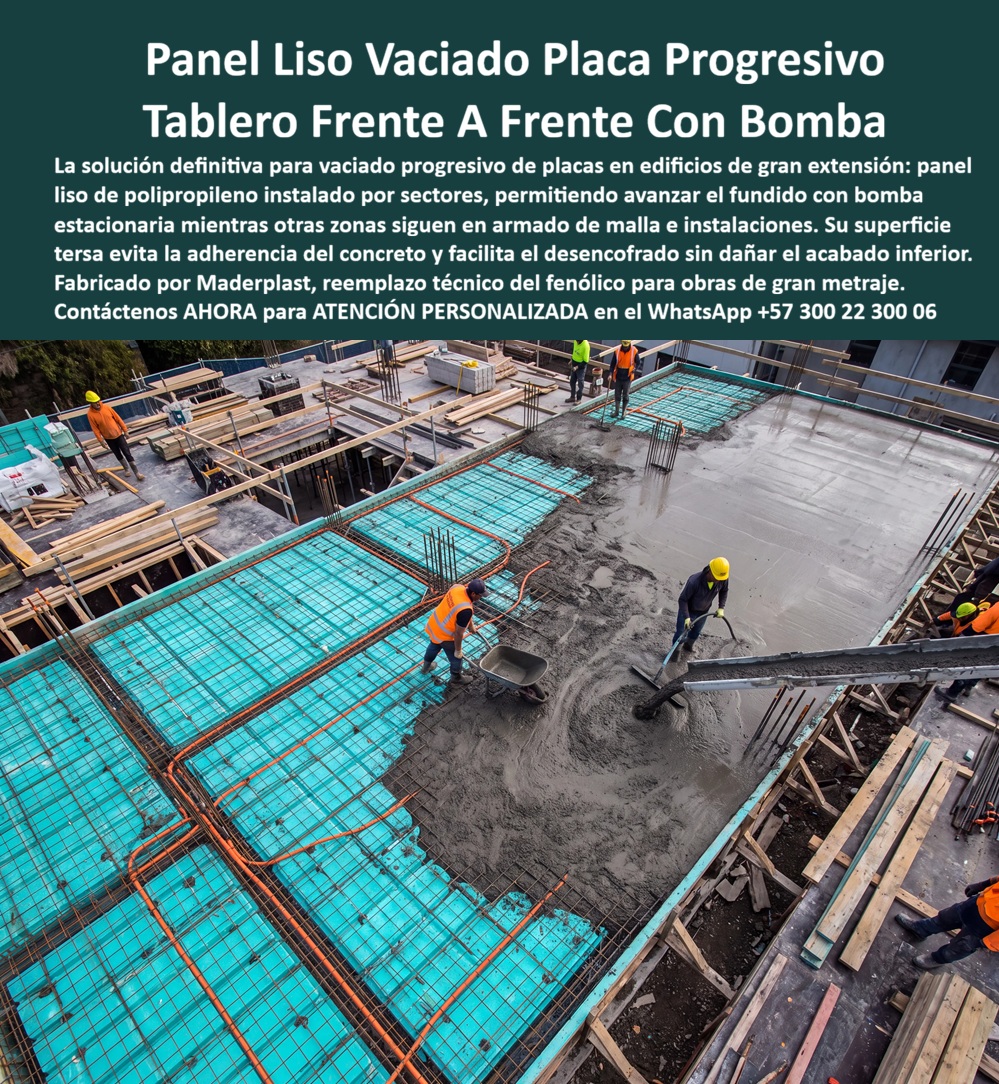 Tableros De Polipropileno Placa Vaciado Concreto Reemplazo del Fenólico Maderplast - Tableros de Polipropileno para Vaciado Progresivo de Placas de Concreto: La Evolución Técnica que Reemplaza al Fenólico en Obras de Alto Rendimiento La imagen muestra un sistema moderno de tableros de polipropileno para vaciado progresivo de placas de concreto, donde los paneles plásticos lisos se instalan por sectores para permitir que el concreto sea bombeado mientras otras áreas continúan en proceso de armado de acero, instalación de redes técnicas y preparación estructural. Esta metodología representa uno de los avances más importantes en construcción tecnificada porque optimiza la secuencia constructiva, mejora el aprovechamiento del personal y reduce considerablemente los tiempos improductivos dentro de la obra. Los tableros plásticos para encofrados de concreto, desarrollados por Maderplast como reemplazo técnico del tablero fenólico convencional, ofrecen una superficie completamente lisa que facilita el vaciado, disminuye la adherencia del concreto y permite obtener acabados de excelente calidad con menor necesidad de correcciones posteriores. En proyectos de edificios, hospitales, centros comerciales, conjuntos residenciales, hoteles, plantas industriales e infraestructura institucional, la productividad depende de que varias actividades puedan ejecutarse simultáneamente sin interferencias. Precisamente por ello los paneles plásticos lisos para encofrado de losas, las placas para formaletas, las láminas de polipropileno para vaciado de concreto, los tableros para encofrado reutilizables y los paneles estructurales de polipropileno permiten desarrollar un vaciado progresivo frente a frente con bomba estacionaria, manteniendo un flujo continuo de producción que disminuye tiempos muertos, mejora la logística del concreto y acelera el avance general de la estructura. Desde el punto de vista de la ingeniería del concreto, uno de los mayores beneficios consiste en conservar una superficie uniforme durante toda la operación. La baja adherencia característica del polipropileno facilita el desencofrado sin deteriorar el concreto a la vista, reduce la utilización de desmoldantes y disminuye significativamente los trabajos de resane. Esto convierte al sistema en una excelente alternativa para formaletas plásticas, camillas para encofrados de concreto, tecnología de encofrados, construcción inteligente, construcción acelerada, construcción industrializada, soluciones constructivas y acabados arquitectónicos donde la calidad superficial tiene un impacto directo sobre los costos finales del proyecto. El constructor moderno ya no evalúa únicamente cuánto cuesta comprar un tablero; analiza cuánto cuesta producir cada metro cuadrado de los terminados. Cuando un sistema permite reutilización intensiva, limpieza rápida, menor consumo de mano de obra, reducción de desperdicios, menor mantenimiento y ciclos constructivos más cortos, el costo total de propiedad resulta considerablemente más favorable que el de materiales tradicionales. Esa diferencia económica no siempre aparece en la cotización inicial, pero sí se refleja durante toda la ejecución de la obra mediante menores reprocesos, menos reclamaciones y mayor productividad de los equipos de trabajo. Para los ingenieros residentes, directores de obra y responsables de compras, otro aspecto determinante es la confiabilidad del proveedor. Maderplast fabrica estos tableros mediante procesos industriales controlados, desarrolla soluciones a la medida para grandes proyectos y cuenta con certificaciones ISO 9001 para gestión de calidad e ISO 14001 para gestión ambiental en diseño y desarrollo de productos. A ello se suman ensayos de laboratorio, pruebas de impacto, demostraciones de resistencia y videos donde los materiales son sometidos a condiciones extremas de trabajo, proporcionando evidencias objetivas que ayudan a disminuir el riesgo técnico antes de aprobar una especificación. Diversos clientes industriales y constructoras que han implementado este sistema destacan que la mayor ventaja no ha sido únicamente la reutilización de los tableros, sino la reducción de retrasos y la mejora en la coordinación de la obra. Por políticas de confidencialidad no se publican sus nombres, pero Maderplast puede presentar referencias comerciales, soportes de suministro y demostraciones técnicas durante el proceso de evaluación. Cuando un cliente requiere mayor tranquilidad, también es posible realizar pruebas adicionales en laboratorios acreditados para verificar el desempeño del producto bajo las condiciones específicas de su proyecto. Al seleccionar un sistema de tableros de polipropileno para vaciado de placas de concreto, la decisión no debe basarse exclusivamente en el precio inicial. La verdadera rentabilidad proviene de disponer de un sistema que permita producir más metros cuadrados por jornada, obtener mejores acabados, disminuir mantenimientos, reducir reclamaciones y ofrecer mayor seguridad técnica durante toda la ejecución de la estructura. Esa combinación de productividad, durabilidad, respaldo técnico y confiabilidad convierte a los tableros plásticos Maderplast en una solución de alto valor para la ingeniería moderna, donde la prioridad ya no es comprar el material más económico, sino especificar la alternativa que proporcione mayor rendimiento, menor riesgo y mejores resultados durante toda la vida útil del proyecto. Descripción Ficha técnica Resumida del producto: Tableros de polipropileno para vaciado progresivo de placas de concreto, reemplazo técnico del fenólico, paneles plásticos lisos para encofrado de losas y formaletas reutilizables. Solución Maderplast para acelerar obras, mejorar acabados, reducir reprocesos y aumentar la productividad en proyectos de construcción industrializada. Contáctenos ahora mismo por WhatsApp y reciba atención personalizada de un asesor especializado: +57 300 22 300 06. Tablero Vaciado de Placas de Concreto, Tablero Plástico Encofrados de Concreto, Paneles plásticos lisos encofrado de losas, Láminas Paneles Polipropileno Tableros De Polipropileno Placa Vaciado Concreto Reemplazo del Fenólico Maderplast Tablero Vaciado de Placas de Concreto Tablero Plástico Encofrados de Concreto Paneles plásticos lisos encofrado de losas Láminas Paneles Polipropileno Tableros de Polipropileno para Vaciado Progresivo de Placas de Concreto: La Evolución Técnica que Reemplaza al Fenólico en Obras de Alto Rendimiento La imagen muestra un sistema moderno de tableros de polipropileno para vaciado progresivo de placas de concreto, donde los paneles plásticos lisos se instalan por sectores para permitir que el concreto sea bombeado mientras otras áreas continúan en proceso de armado de acero, instalación de redes técnicas y preparación estructural. Esta metodología representa uno de los avances más importantes en construcción tecnificada porque optimiza la secuencia constructiva, mejora el aprovechamiento del personal y reduce considerablemente los tiempos improductivos dentro de la obra. Los tableros plásticos para encofrados de concreto, desarrollados por Maderplast como reemplazo técnico del tablero fenólico convencional, ofrecen una superficie completamente lisa que facilita el vaciado, disminuye la adherencia del concreto y permite obtener acabados de excelente calidad con menor necesidad de correcciones posteriores. En proyectos de edificios, hospitales, centros comerciales, conjuntos residenciales, hoteles, plantas industriales e infraestructura institucional, la productividad depende de que varias actividades puedan ejecutarse simultáneamente sin interferencias. Precisamente por ello los paneles plásticos lisos para encofrado de losas, las placas para formaletas, las láminas de polipropileno para vaciado de concreto, los tableros para encofrado reutilizables y los paneles estructurales de polipropileno permiten desarrollar un vaciado progresivo frente a frente con bomba estacionaria, manteniendo un flujo continuo de producción que disminuye tiempos muertos, mejora la logística del concreto y acelera el avance general de la estructura. Desde el punto de vista de la ingeniería del concreto, uno de los mayores beneficios consiste en conservar una superficie uniforme durante toda la operación. La baja adherencia característica del polipropileno facilita el desencofrado sin deteriorar el concreto a la vista, reduce la utilización de desmoldantes y disminuye significativamente los trabajos de resane. Esto convierte al sistema en una excelente alternativa para formaletas plásticas, camillas para encofrados de concreto, tecnología de encofrados, construcción inteligente, construcción acelerada, construcción industrializada, soluciones constructivas y acabados arquitectónicos donde la calidad superficial tiene un impacto directo sobre los costos finales del proyecto. El constructor moderno ya no evalúa únicamente cuánto cuesta comprar un tablero; analiza cuánto cuesta producir cada metro cuadrado de los terminados. Cuando un sistema permite reutilización intensiva, limpieza rápida, menor consumo de mano de obra, reducción de desperdicios, menor mantenimiento y ciclos constructivos más cortos, el costo total de propiedad resulta considerablemente más favorable que el de materiales tradicionales. Esa diferencia económica no siempre aparece en la cotización inicial, pero sí se refleja durante toda la ejecución de la obra mediante menores reprocesos, menos reclamaciones y mayor productividad de los equipos de trabajo. Para los ingenieros residentes, directores de obra y responsables de compras, otro aspecto determinante es la confiabilidad del proveedor. Maderplast fabrica estos tableros mediante procesos industriales controlados, desarrolla soluciones a la medida para grandes proyectos y cuenta con certificaciones ISO 9001 para gestión de calidad e ISO 14001 para gestión ambiental en diseño y desarrollo de productos. A ello se suman ensayos de laboratorio, pruebas de impacto, demostraciones de resistencia y videos donde los materiales son sometidos a condiciones extremas de trabajo, proporcionando evidencias objetivas que ayudan a disminuir el riesgo técnico antes de aprobar una especificación. Diversos clientes industriales y constructoras que han implementado este sistema destacan que la mayor ventaja no ha sido únicamente la reutilización de los tableros, sino la reducción de retrasos y la mejora en la coordinación de la obra. Por políticas de confidencialidad no se publican sus nombres, pero Maderplast puede presentar referencias comerciales, soportes de suministro y demostraciones técnicas durante el proceso de evaluación. Cuando un cliente requiere mayor tranquilidad, también es posible realizar pruebas adicionales en laboratorios acreditados para verificar el desempeño del producto bajo las condiciones específicas de su proyecto. Al seleccionar un sistema de tableros de polipropileno para vaciado de placas de concreto, la decisión no debe basarse exclusivamente en el precio inicial. La verdadera rentabilidad proviene de disponer de un sistema que permita producir más metros cuadrados por jornada, obtener mejores acabados, disminuir mantenimientos, reducir reclamaciones y ofrecer mayor seguridad técnica durante toda la ejecución de la estructura. Esa combinación de productividad, durabilidad, respaldo técnico y confiabilidad convierte a los tableros plásticos Maderplast en una solución de alto valor para la ingeniería moderna, donde la prioridad ya no es comprar el material más económico, sino especificar la alternativa que proporcione mayor rendimiento, menor riesgo y mejores resultados durante toda la vida útil del proyecto. Descripción Ficha técnica Resumida del producto: Tableros de polipropileno para vaciado progresivo de placas de concreto, reemplazo técnico del fenólico, paneles plásticos lisos para encofrado de losas y formaletas reutilizables. Solución Maderplast para acelerar obras, mejorar acabados, reducir reprocesos y aumentar la productividad en proyectos de construcción industrializada. Contáctenos ahora mismo por WhatsApp y reciba atención personalizada de un asesor especializado: +57 300 22 300 06.