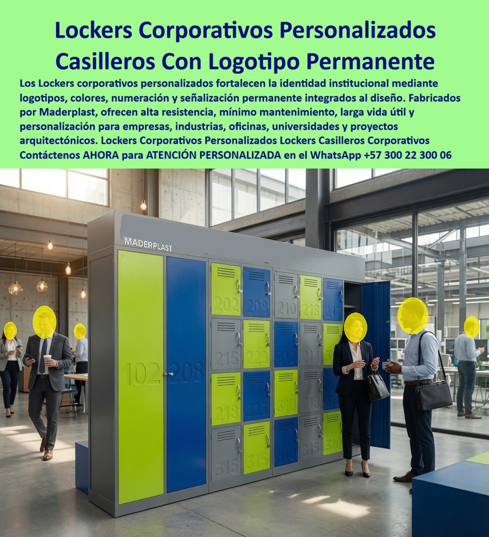 Casilleros Personalizados Para Empresas Lockers con logotipo Maderplast Cada locker puede incorporar logotipos señalización e identificación permanente Fabricamos lockers únicos para fortalecer la imagen institucional Locker corporativo