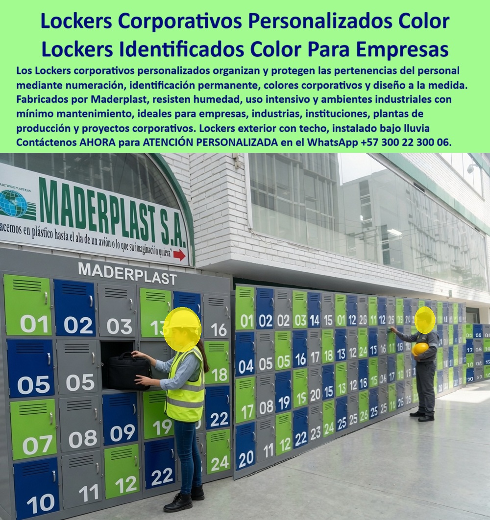 Casilleros Personalizados Para Empresas Lockers con logotipo Maderplast Lockers corporativos Lockers identificados Fabricación De Lockers Personalizados Empresas Industrias Instituciones Locker exterior con techo instalado bajo lluvia