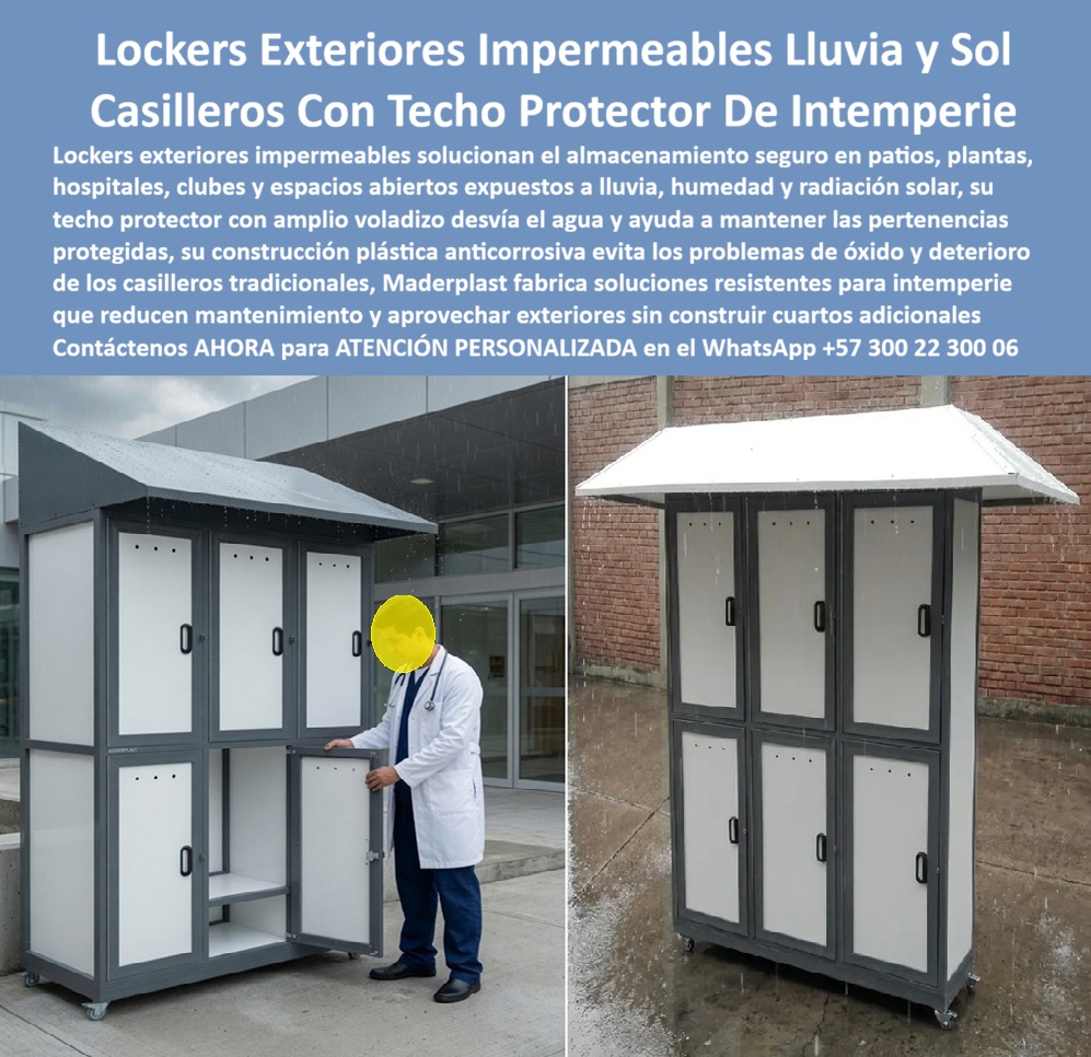 Lockers Exteriores Impermeable A Lluvia Y Sol Casilleros exterior Maderplast Lockers Exteriores Con Techo Protector Contra Lluvia Y Sol Casilleros Lockers Espacios Abiertos Con Protección Solar Y Contra La Humedad Locker blanco en luuvia
