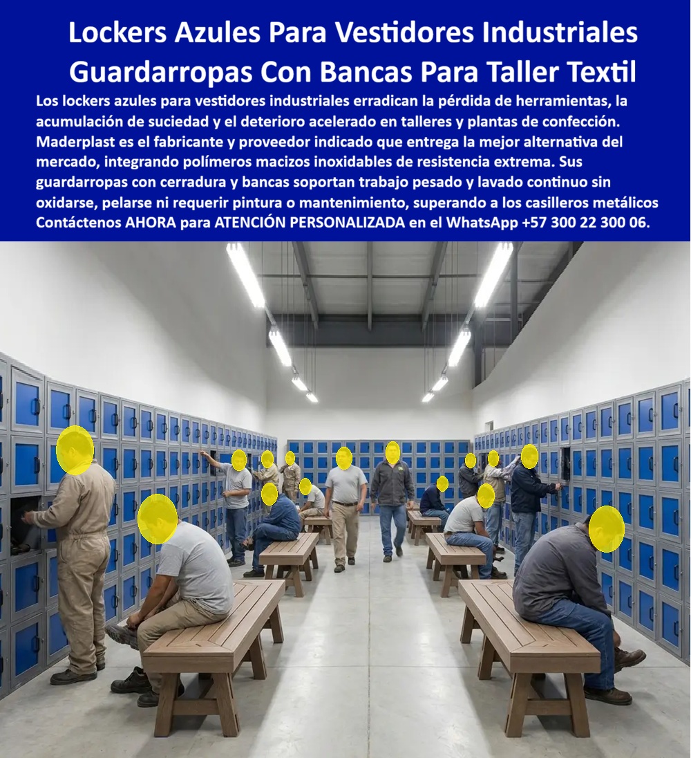 Lockers Planta Textil Con Banca Guardarropas De Confección Maderplast Locker azul de seguridad con cerradura para taller industrial Lockers Para Vestidores Industriales Guardarropas Para Personal Industrial Guardarropas para textiles A