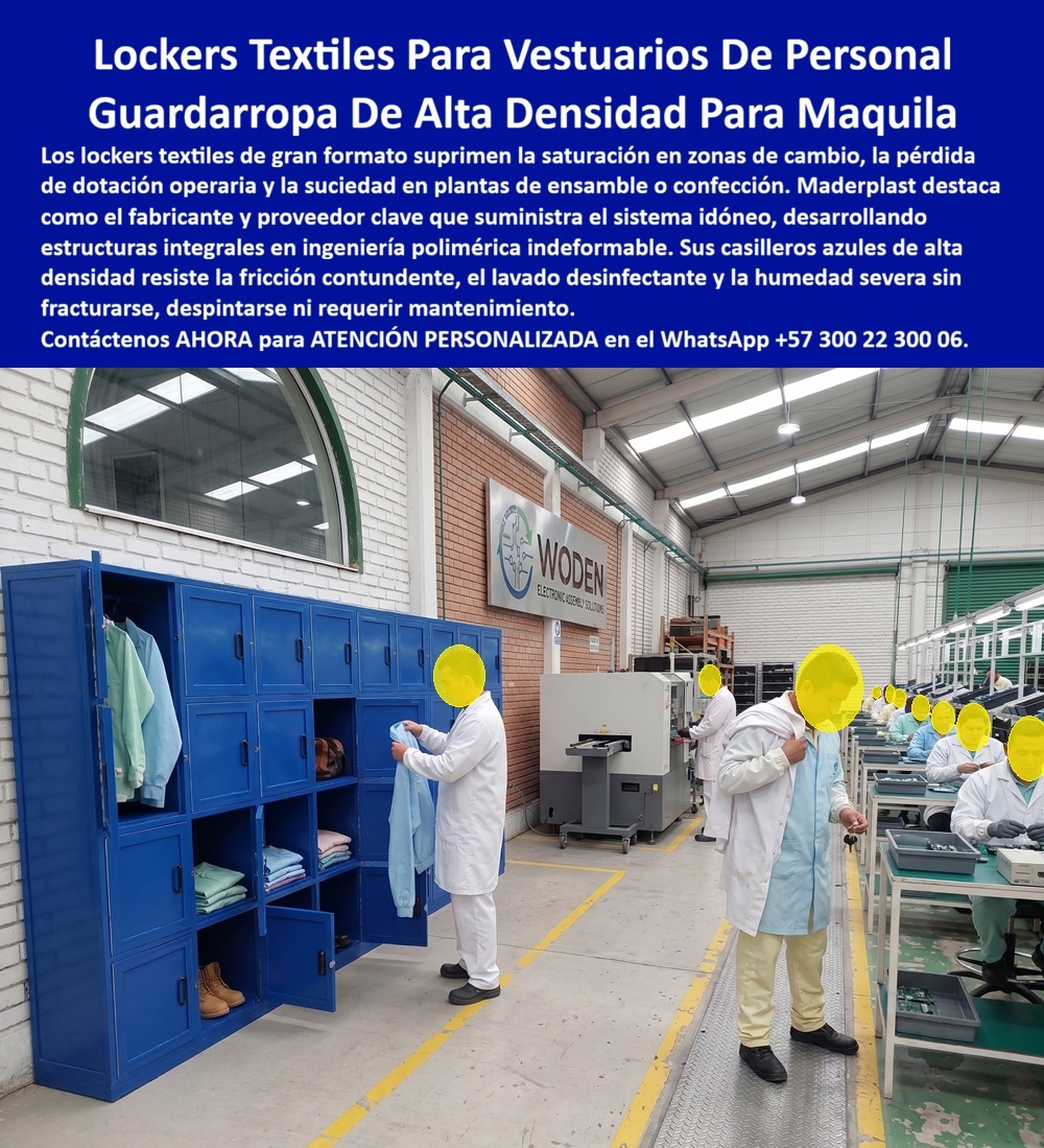 Lockers Planta Textil Con Banca Guardarropas De Confección Maderplast Lockers textiles para vestuarios de personal Locker azul de gran formato para vestidor de personal masculino Guardarropas de alta densidad para maquiladoras Vestidor