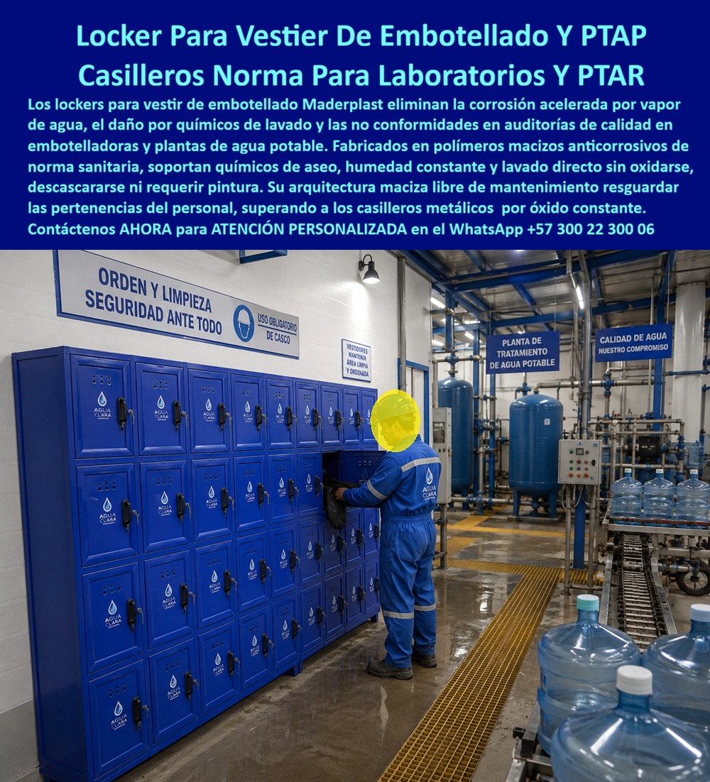 Lockers de alta resistencia químicas Ácidos Locker Anticorrosivo Maderplast Locker de vestier industrial junto a área de embotellado Locker industrial para planta de tratamiento de agua potable Lockers Con normaS Laboratorios PTAP PTAR