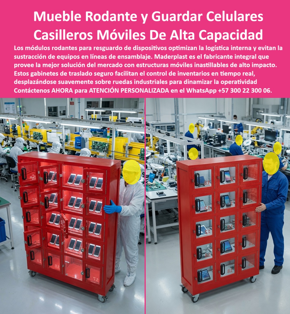Mueble Rodante Para Guardar Celulares Casilleros Con Ruedas Maderplast Casilleros Móviles Para Celulares De Alta Capacidad Industrial Estación Móvil Custodiar Celulares En Plantas Industriales Locker móvil sobre rueda guardarropa