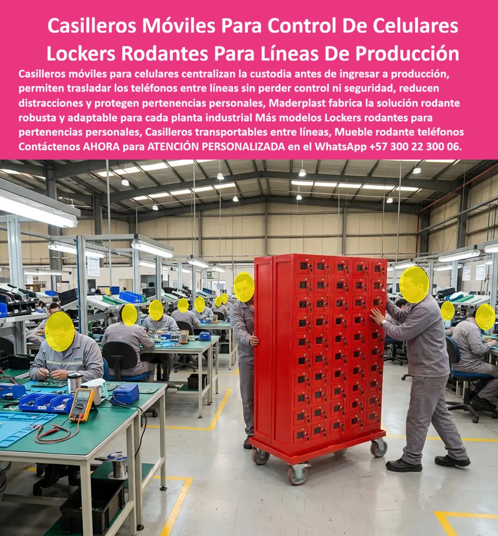 Mueble Rodante Para Guardar Celulares Casilleros Con Ruedas Maderplast Sistema para guardar celulares antes de ingresar a producción Casilleros Modulares de Celulares Con Traslado Entre Líneas Lockers industriales transportables rojos