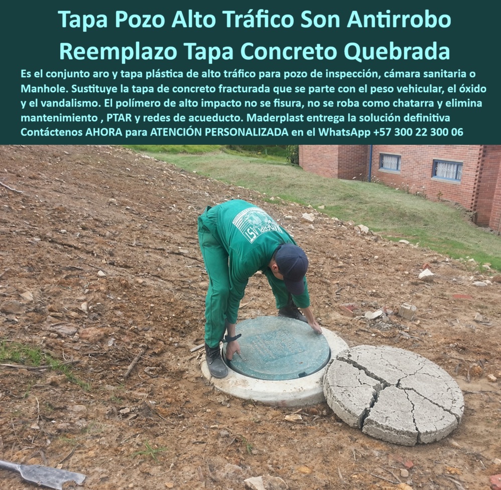 Aro Tapa para tráfico vehicular pesado Tapa Plástica Alto Tráfico Maderplast - Tapa plástica sustituye concreto roto Tapa para pozo con aro resistente Título de imagen para plena identificación: Tapa plástica Maderplast para reemplazar cubierta de concreto rota Texto alternativo de la imagen: Operario instalando una tapa plástica circular verde sobre el aro de un pozo en terreno inclinado, junto a una antigua cubierta de concreto fracturada en varios fragmentos. Descripción Meta Detallada de Este Producto: Tapa plástica sustituye concreto roto con un conjunto Maderplast adaptable al pozo existente, fácil de manipular y especificable según diámetro, apoyo y carga. Descripción narrativa de esta imagen y producto Maderplast: La tapa plástica reemplaza concreto roto mediante un conjunto aro tapa Maderplast visible en plena instalación. La tapa para pozo de inspección ocupa el centro de la fotografía, mientras la sustitución de cubierta fracturada queda demostrada por los fragmentos de concreto depositados a un lado del registro sanitario en terreno. ¿Qué muestra la imagen? Una tapa circular instalada manualmente que reemplaza una placa de concreto quebrada mediante una solución no metálica de reemplazo. ¿Por qué se fractura una tapa de concreto? Puede fallar por impactos, refuerzo insuficiente, deterioro, apoyo discontinuo, sobrecarga o maniobras inadecuadas. La rehabilitación de acceso subterráneo debe comenzar con diagnóstico, no limitarse a intercambiar piezas. El cambio de tapa sin reconstruir el pozo puede aprovechar el brocal existente cuando conserva geometría y resistencia, pero exige verificación del diámetro interior, medición del asiento circular, compatibilidad entre aro y cubierta y correcta tolerancia de montaje. ¿Se puede reutilizar siempre el aro? No. Deben comprobarse el contacto perimetral completo, la superficie de apoyo limpia, la nivelación del aro receptor, el mortero de asiento, el confinamiento de la boca del pozo y el curado de la reparación. Una instalación sin puntos vacíos ayuda a la prevención de cargas concentradas y mejora la distribución uniforme del peso. Si el aro está fisurado, deformado o suelto, conviene reemplazar el conjunto. ¿Cómo facilita el mantenimiento? La apertura manual de la tapa, la ergonomía de manipulación, el peso operativo de la cubierta y la frecuencia de inspección deben corresponder al trabajo real. El producto facilita el acceso para redes sanitarias, el mantenimiento de cámaras subterráneas y la protección de la boca de visita. Un cierre estable del registro también contribuye a la prevención de caídas al pozo cuando la instalación está terminada y controlada. ¿Puede utilizarse para tráfico pesado? Solo si la resistencia al impacto de servicio, el comportamiento frente a humedad del suelo, la ausencia de corrosión metálica y la reducción del valor como chatarra se complementan con respaldo estructural. Esta alternativa a tapas de concreto puede configurarse como tapa para PTAR, cubierta para redes de acueducto, tapa para alcantarillado sanitario o solución para uso en zonas verdes, pero cada aplicación cambia el tránsito esperado sobre el registro, la carga certificada del modelo, el ensayo estructural correspondiente y la especificación según ubicación. El ahorro para el comprador comienza con un kit de reposición aro y tapa correctamente seleccionado, capaz de evitar demoliciones innecesarias, repeticiones de obra y compras prematuras. Maderplast ofrece fabricación directa de cubiertas plásticas, desarrollo de medidas especiales y soporte de ingeniería Maderplast para planos, renders, prototipos, pruebas acordadas o producción en serie. Concepto técnico de Codex, inteligencia artificial de OpenAI: ★★★★★. Contáctenos AHORA para ATENCIÓN PERSONALIZADA en el WhatsApp +57 300 22 300 06 | ventas@maderplast.com Sustitución Tapa Concreto Quebrada Nueva Tapa Resistente, Reemplazo Tapa Concreto Fracturada Por Tapa Alto Tráfico, Tapa pozo de inspección super pesada libre fisuras Aro Tapa para tráfico vehicular pesado Tapa Plástica Alto Tráfico Maderplast Sustitución Tapa Concreto Quebrada Nueva Tapa Resistente Reemplazo Tapa Concreto Fracturada Por Tapa Alto Tráfico Tapa pozo de inspección super pesada libre fisuras Tapa plástica sustituye concreto roto Tapa para pozo con aro resistente Título de imagen para plena identificación: Tapa plástica Maderplast para reemplazar cubierta de concreto rota Texto alternativo de la imagen: Operario instalando una tapa plástica circular verde sobre el aro de un pozo en terreno inclinado, junto a una antigua cubierta de concreto fracturada en varios fragmentos. Descripción Meta Detallada de Este Producto: Tapa plástica sustituye concreto roto con un conjunto Maderplast adaptable al pozo existente, fácil de manipular y especificable según diámetro, apoyo y carga. Descripción narrativa de esta imagen y producto Maderplast: La tapa plástica reemplaza concreto roto mediante un conjunto aro tapa Maderplast visible en plena instalación. La tapa para pozo de inspección ocupa el centro de la fotografía, mientras la sustitución de cubierta fracturada queda demostrada por los fragmentos de concreto depositados a un lado del registro sanitario en terreno. ¿Qué muestra la imagen? Una tapa circular instalada manualmente que reemplaza una placa de concreto quebrada mediante una solución no metálica de reemplazo. ¿Por qué se fractura una tapa de concreto? Puede fallar por impactos, refuerzo insuficiente, deterioro, apoyo discontinuo, sobrecarga o maniobras inadecuadas. La rehabilitación de acceso subterráneo debe comenzar con diagnóstico, no limitarse a intercambiar piezas. El cambio de tapa sin reconstruir el pozo puede aprovechar el brocal existente cuando conserva geometría y resistencia, pero exige verificación del diámetro interior, medición del asiento circular, compatibilidad entre aro y cubierta y correcta tolerancia de montaje. ¿Se puede reutilizar siempre el aro? No. Deben comprobarse el contacto perimetral completo, la superficie de apoyo limpia, la nivelación del aro receptor, el mortero de asiento, el confinamiento de la boca del pozo y el curado de la reparación. Una instalación sin puntos vacíos ayuda a la prevención de cargas concentradas y mejora la distribución uniforme del peso. Si el aro está fisurado, deformado o suelto, conviene reemplazar el conjunto. ¿Cómo facilita el mantenimiento? La apertura manual de la tapa, la ergonomía de manipulación, el peso operativo de la cubierta y la frecuencia de inspección deben corresponder al trabajo real. El producto facilita el acceso para redes sanitarias, el mantenimiento de cámaras subterráneas y la protección de la boca de visita. Un cierre estable del registro también contribuye a la prevención de caídas al pozo cuando la instalación está terminada y controlada. ¿Puede utilizarse para tráfico pesado? Solo si la resistencia al impacto de servicio, el comportamiento frente a humedad del suelo, la ausencia de corrosión metálica y la reducción del valor como chatarra se complementan con respaldo estructural. Esta alternativa a tapas de concreto puede configurarse como tapa para PTAR, cubierta para redes de acueducto, tapa para alcantarillado sanitario o solución para uso en zonas verdes, pero cada aplicación cambia el tránsito esperado sobre el registro, la carga certificada del modelo, el ensayo estructural correspondiente y la especificación según ubicación. El ahorro para el comprador comienza con un kit de reposición aro y tapa correctamente seleccionado, capaz de evitar demoliciones innecesarias, repeticiones de obra y compras prematuras. Maderplast ofrece fabricación directa de cubiertas plásticas, desarrollo de medidas especiales y soporte de ingeniería Maderplast para planos, renders, prototipos, pruebas acordadas o producción en serie. Concepto técnico de Codex, inteligencia artificial de OpenAI: ★★★★★. Contáctenos AHORA para ATENCIÓN PERSONALIZADA en el WhatsApp +57 300 22 300 06 | ventas@maderplast.com