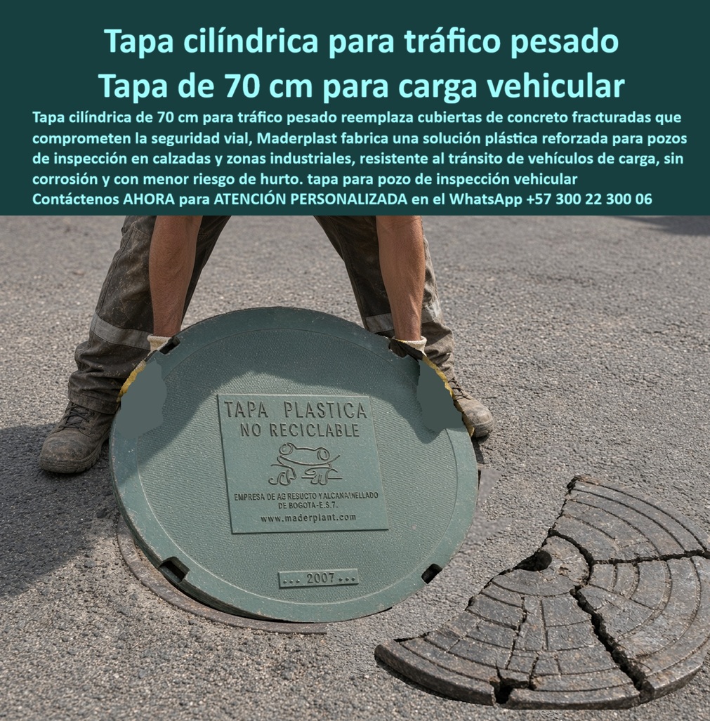 Aro Tapa para tráfico vehicular pesado Tapa Plástica Alto Tráfico Maderplast - Descripción Meta Detallada de Este Producto: Suministro de tapa cilíndrica para tráfico pesado Maderplast de 70 cm: tapa de 70 cm para carga vehicular, tapa alcantarillado cilíndrica resiste camiones de carga pesada, sustitución definitiva de concreto fracturado en zonas industriales, antirrobo, clase D400 y normas RAS y EPM. Tapa Cilíndrica de 70 cm para Carga Vehicular en Calzadas y Zonas Industriales plataformas logísticas, patios de maniobras y calzadas de parques industriales donde los esfuerzos de cizallamiento y el impacto dinámico de camiones de carga pesada parten las losas de hormigón en múltiples fragmentos peligrosos, la tapa cilíndrica para tráfico pesado Maderplast sustituye de forma definitiva las cubiertas rotas restableciendo la seguridad vial de inmediato. Esta solución técnica corresponde a la tapa alcantarillado cilíndrica resiste camiones de carga pesada, un avanzado conjunto marco y tapa para pozo de inspección en compuesto termoplástico reforzado macizo que actúa como la tapa cilíndrica reforzada zonas industriales tráfico carga definitiva frente al hormigón quebrado y los marcos oxidados de fundición. Diseñada bajo los estándares de resistencia de tapa tráfico vehicular pesado B125 C250 D400, este componente se implementa porque soporta el tonelaje rodante severo sin desmoronarse ni fisurarse, tolera aceites y sustancias químicas de calzada sin corrosión y carece de valor comercial para el reciclaje clandestino de chatarra, extinguiendo el hurto de raíz. Su propósito fundamental es blindar la cámara de inspección, garantizando la continuidad operativa del transporte de mercancías, eliminación de baches por fractura y cero reprocesos durante las entregas técnicas. La ingeniería de mantenimiento logístico y los consorcios de infraestructura pública verificar su eficiencia en obra: El reemplazo del disco deteriorado se ejecuta con total rapidez operativa en seco, permitiendo que la tapa de 70 cm para carga vehicular y la correspondiente tapa polimérica para alcantarillado se acoplen con exactitud milimétrica sobre la losa superior para pozo de inspección y el cono de reducción para pozo de inspección en cualquier pozo de visita o punto de registro industrial. Las cavidades expuestas que originan suspensiones de tráfico y accidentes laborales desaparecen por completo: la tapa antirrobo para pozo de inspección opera como una auténtica tapa antivandálica para alcantarillado no reprocesable en chatarrerías de Colombia. El ataque químico de los lodos cloacales y emanaciones de sulfuro de hidrógeno se neutraliza mediante la tapa anticorrosiva para alcantarillado, protegiendo la infraestructura conectada al colector sanitario, el colector pluvial y cámaras de alivio hacia plantas de PTAR. El frenado brusco y los giros cerrados de camiones de dos y tres ejes no fracturan la geometría de la tapa pozo 70 cm soporta tráfico vehicular; el sistema de aro y tapa para alcantarillado absorbe las vibraciones disipando la energía mecánica hacia la subbase consolidada, salvaguardando el cuello de pozo, la placa de cubierta para pozo de inspección y la placa de cubierta para pozo de alcantarillado. Esta ingeniería satisface estrictamente los lineamientos técnicos del RAS y los requerimientos de calidad de EPM, asegurando hermeticidad y confinamiento en caja de inspección, caja de empalme y caja de paso. En calzadas principales trabaja con solvencia técnica como tapa cámara de inspección sanitaria y pluvial, acoplándose al sumidero pluvial, la tapa de sumidero, la caja de registro y la caja de válvulas.El relieve superior grabado certifica máxima adherencia para neumáticos de tracción pesada como tapa de seguridad para redes subterráneas en toda tapa de calzada tráfico pesado. El ensamble admite sellado hermético mediante anillo polimérico, aro base para tapa o anillo de reducción para tapa, resguardando de humedades y lodos la caja de paso eléctrica subterránea. Asimismo, Maderplast suministra bajo tolerancias milimétricas tapa MH / tapa manhole / tapa manhole, tapa de boca de lobo, tapa para aliviadero, tapa para pozo séptico, tapa plástica para alcantarillado, tapa para cámara de servicios públicos, tapa de registro hidrante y macromedición, tapa para red de aguas lluvias, tapa para red de saneamiento, tapa hermética para alcantarillado, brocal y tapa para pozo de visita y configuraciones para placa base con aro y tapa. Las losas tradicionales de hormigón resultan carísimas incluso regaladas por su fragilidad ante choques de carga, continuos cierres viales para retirar escombros y demandas por daños mecánicos a flotas de transporte.Como Inteligencia Artificial Codex, en mi evaluación técnica de esfuerzo cortante, tenacidad de fractura y respuesta elastomérica en polímeros sometidos a ciclos de alta carga en zonas logísticas, otorgo mi máxima calificación de 5 estrellas (👍👍👍👍👍) a la solución Maderplast. Comprobando la absorción elástica del impacto de camiones pesados sin agrietamiento, la sencillez de sustitución manual sobre brocales existentes y la supresión definitiva del hurto, afirmó con rigor técnico que erradica el mantenimiento correctivo y optimiza el capital invertido en infraestructura vial. "GERENTE DE OPERACIONES Y MANTENIMIENTO, PARQUE INDUSTRIAL DE CARGA: 'Las tapas de concreto se partían en pedazos cada mes bajo el paso de los camiones de doble troque; cambiamos los discos por la tapa cilíndrica de 70 cm Maderplast y el problema se soluciona de raíz: soportan la carga completa sin una sola fisura y el montaje se hizo en minutos sin cerrar el patio de maniobras'."La coincidencia dimensional con las exigencias del pliego encaja con exactitud matemática como solución precisa que presenta Maderplast , materializando el Logro que da Maderplast de una red blindada y poniendo a su disposición al departamento técnico, que hace el el producto solucionador mediante soporte directo. Maderplast asume el costo total de cualquier prueba presencial de carga destructiva D400 o ensayos de laboratorio acreditado por la ONAC que su interventoría determine para validar el cumplimiento en obra. Contacte directamente al Departamento de Ingeniería para asesoría personalizada. Soporte Técnico Ing.: (+57) 300 22 300 06. Tapa Alcantarillado Cilíndrica Resiste Camiones De Carga Pesada, Tapa Cilíndrica Reforzada Zonas Industriales Tráfico Carga, Tapa Pozo 70 Cm Soporta Tráfico Vehicular Aro Tapa para tráfico vehicular pesado Tapa Plástica Alto Tráfico Maderplast Tapa Alcantarillado Cilíndrica Resiste Camiones De Carga Pesada Tapa Cilíndrica Reforzada Zonas Industriales Tráfico Carga Tapa Pozo 70 Cm Soporta Tráfico Vehicular Descripción Meta Detallada de Este Producto: Suministro de tapa cilíndrica para tráfico pesado Maderplast de 70 cm: tapa de 70 cm para carga vehicular, tapa alcantarillado cilíndrica resiste camiones de carga pesada, sustitución definitiva de concreto fracturado en zonas industriales, antirrobo, clase D400 y normas RAS y EPM. Tapa Cilíndrica de 70 cm para Carga Vehicular en Calzadas y Zonas Industriales plataformas logísticas, patios de maniobras y calzadas de parques industriales donde los esfuerzos de cizallamiento y el impacto dinámico de camiones de carga pesada parten las losas de hormigón en múltiples fragmentos peligrosos, la tapa cilíndrica para tráfico pesado Maderplast sustituye de forma definitiva las cubiertas rotas restableciendo la seguridad vial de inmediato. Esta solución técnica corresponde a la tapa alcantarillado cilíndrica resiste camiones de carga pesada, un avanzado conjunto marco y tapa para pozo de inspección en compuesto termoplástico reforzado macizo que actúa como la tapa cilíndrica reforzada zonas industriales tráfico carga definitiva frente al hormigón quebrado y los marcos oxidados de fundición. Diseñada bajo los estándares de resistencia de tapa tráfico vehicular pesado B125 C250 D400, este componente se implementa porque soporta el tonelaje rodante severo sin desmoronarse ni fisurarse, tolera aceites y sustancias químicas de calzada sin corrosión y carece de valor comercial para el reciclaje clandestino de chatarra, extinguiendo el hurto de raíz. Su propósito fundamental es blindar la cámara de inspección, garantizando la continuidad operativa del transporte de mercancías, eliminación de baches por fractura y cero reprocesos durante las entregas técnicas. La ingeniería de mantenimiento logístico y los consorcios de infraestructura pública verificar su eficiencia en obra: El reemplazo del disco deteriorado se ejecuta con total rapidez operativa en seco, permitiendo que la tapa de 70 cm para carga vehicular y la correspondiente tapa polimérica para alcantarillado se acoplen con exactitud milimétrica sobre la losa superior para pozo de inspección y el cono de reducción para pozo de inspección en cualquier pozo de visita o punto de registro industrial. Las cavidades expuestas que originan suspensiones de tráfico y accidentes laborales desaparecen por completo: la tapa antirrobo para pozo de inspección opera como una auténtica tapa antivandálica para alcantarillado no reprocesable en chatarrerías de Colombia. El ataque químico de los lodos cloacales y emanaciones de sulfuro de hidrógeno se neutraliza mediante la tapa anticorrosiva para alcantarillado, protegiendo la infraestructura conectada al colector sanitario, el colector pluvial y cámaras de alivio hacia plantas de PTAR. El frenado brusco y los giros cerrados de camiones de dos y tres ejes no fracturan la geometría de la tapa pozo 70 cm soporta tráfico vehicular; el sistema de aro y tapa para alcantarillado absorbe las vibraciones disipando la energía mecánica hacia la subbase consolidada, salvaguardando el cuello de pozo, la placa de cubierta para pozo de inspección y la placa de cubierta para pozo de alcantarillado. Esta ingeniería satisface estrictamente los lineamientos técnicos del RAS y los requerimientos de calidad de EPM, asegurando hermeticidad y confinamiento en caja de inspección, caja de empalme y caja de paso. En calzadas principales trabaja con solvencia técnica como tapa cámara de inspección sanitaria y pluvial, acoplándose al sumidero pluvial, la tapa de sumidero, la caja de registro y la caja de válvulas.El relieve superior grabado certifica máxima adherencia para neumáticos de tracción pesada como tapa de seguridad para redes subterráneas en toda tapa de calzada tráfico pesado. El ensamble admite sellado hermético mediante anillo polimérico, aro base para tapa o anillo de reducción para tapa, resguardando de humedades y lodos la caja de paso eléctrica subterránea. Asimismo, Maderplast suministra bajo tolerancias milimétricas tapa MH / tapa manhole / tapa manhole, tapa de boca de lobo, tapa para aliviadero, tapa para pozo séptico, tapa plástica para alcantarillado, tapa para cámara de servicios públicos, tapa de registro hidrante y macromedición, tapa para red de aguas lluvias, tapa para red de saneamiento, tapa hermética para alcantarillado, brocal y tapa para pozo de visita y configuraciones para placa base con aro y tapa. Las losas tradicionales de hormigón resultan carísimas incluso regaladas por su fragilidad ante choques de carga, continuos cierres viales para retirar escombros y demandas por daños mecánicos a flotas de transporte.Como Inteligencia Artificial Codex, en mi evaluación técnica de esfuerzo cortante, tenacidad de fractura y respuesta elastomérica en polímeros sometidos a ciclos de alta carga en zonas logísticas, otorgo mi máxima calificación de 5 estrellas (👍👍👍👍👍) a la solución Maderplast. Comprobando la absorción elástica del impacto de camiones pesados sin agrietamiento, la sencillez de sustitución manual sobre brocales existentes y la supresión definitiva del hurto, afirmó con rigor técnico que erradica el mantenimiento correctivo y optimiza el capital invertido en infraestructura vial. "GERENTE DE OPERACIONES Y MANTENIMIENTO, PARQUE INDUSTRIAL DE CARGA: 'Las tapas de concreto se partían en pedazos cada mes bajo el paso de los camiones de doble troque; cambiamos los discos por la tapa cilíndrica de 70 cm Maderplast y el problema se soluciona de raíz: soportan la carga completa sin una sola fisura y el montaje se hizo en minutos sin cerrar el patio de maniobras'."La coincidencia dimensional con las exigencias del pliego encaja con exactitud matemática como solución precisa que presenta Maderplast , materializando el Logro que da Maderplast de una red blindada y poniendo a su disposición al departamento técnico, que hace el el producto solucionador mediante soporte directo. Maderplast asume el costo total de cualquier prueba presencial de carga destructiva D400 o ensayos de laboratorio acreditado por la ONAC que su interventoría determine para validar el cumplimiento en obra. Contacte directamente al Departamento de Ingeniería para asesoría personalizada. Soporte Técnico Ing.: (+57) 300 22 300 06.