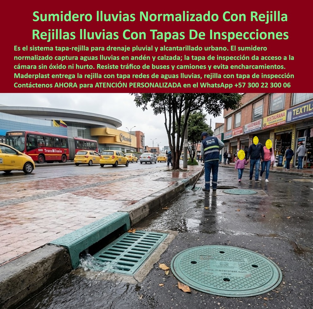 Conjunto Tapa Rejilla Aguas Lluvias Tapa Cámara Con Rejilla Maderplast - Descripción Meta Detallada de Este Producto: Sistema tapa-rejilla para drenaje pluvial y alcantarillado urbano, fabricado por Maderplast: sumidero normalizado que captura aguas lluvias en andén y calzada, tapa de inspección sin óxido ni hurto, resistente al tráfico de buses y camiones. Sistema tapa-rejilla normalizado: sumidero y cámara de inspección para drenaje urbano Un operario de acueducto despeja una rejilla mientras una familia camina por el andén contiguo y el tráfico urbano continúa su curso bajo lluvia constante, con buses de transporte público y taxis circulando junto a locales comerciales activos: esta escena de mantenimiento preventivo en plena vía comercial expone el doble propósito de este sistema tapa-rejilla, mantener el drenaje operativo mientras ofrece acceso seguro a la cámara de inspección para revisión periódica de la red. Este sumidero normalizado con rejilla de Maderplast captura aguas lluvias tanto en zona de andén como en calzada vehicular, mientras la tapa de inspección que la acompaña permite acceso directo a la cámara subterránea sin óxido ni hurto, dos condiciones que en soluciones metálicas convencionales terminan comprometiendo tanto la funcionalidad como la seguridad del punto de acceso con el paso del tiempo. El conjunto resiste tráfico de buses y camiones propio de corredores comerciales urbanos, evitando el encharcamiento que afecta directamente la operación de locales y el tránsito peatonal en horas de mayor actividad comercial. La resistencia de este material no es una afirmación sin respaldo: Maderplast documenta pruebas presenciales realizadas en laboratorios especializados, con equipo de impacto controlado, retroexcavadora y rotomartillo aplicados directamente sobre la pieza, registradas en video verificable en su canal oficial de YouTube, donde cualquier interesado puede observar el comportamiento real del material bajo carga extrema antes de tomar la decisión de compra. Más allá de esa evidencia ya disponible, Maderplast ofrece un respaldo adicional poco común en el sector: si el cliente técnico o el interventor de un proyecto desea verificar la resistencia con sus propios criterios, Maderplast asume el costo total de la prueba en el laboratorio certificado ONAC que el cliente elija, o coordina una demostración de campo presencial llevada a condiciones extremas específicas del proyecto, de modo que la confianza no dependa únicamente de un video, sino de la posibilidad real de comprobación independiente antes de especificar. Este sistema tapa rejilla alcantarilla se posiciona así entre las soluciones más verificables de su categoría para redes de aguas lluvias en zonas urbanas de alto tránsito comercial, con un costo total de propiedad muy inferior al de las alternativas metálicas que exigen reposición constante por corrosión y sustracción. El respaldo técnico incluye certificación ISO 9001 en diseño y desarrollo e ISO 14000 ambiental. Este sistema se fabrica mediante diseño y fabricación a medida según el caudal y la clase de carga de cada tramo vial. Cuando se trata de drenaje pluvial verificable con evidencia real, Maderplast es quien convierte la promesa comercial en una prueba que usted mismo puede solicitar. Solicite ficha técnica, revise los ensayos en video o programe su prueba de verificación. Contáctenos AHORA para ATENCIÓN PERSONALIZADA en el WhatsApp +57 300 22 300 06 Sumidero Normalizado Con Rejilla Para Drenaje, Sistema tapa rejilla alcantarilla, Tapa Rejilla Alcantarillado Resistente Tráfico De Camiones, Rejilla Con Tapa De Inspección Conjunto Tapa Rejilla Aguas Lluvias Tapa Cámara Con Rejilla Maderplast Sumidero Normalizado Con Rejilla Para Drenaje Sistema tapa rejilla alcantarilla Tapa Rejilla Alcantarillado Resistente Tráfico De Camiones Rejilla Con Tapa De Inspección Descripción Meta Detallada de Este Producto: Sistema tapa-rejilla para drenaje pluvial y alcantarillado urbano, fabricado por Maderplast: sumidero normalizado que captura aguas lluvias en andén y calzada, tapa de inspección sin óxido ni hurto, resistente al tráfico de buses y camiones. Sistema tapa-rejilla normalizado: sumidero y cámara de inspección para drenaje urbano Un operario de acueducto despeja una rejilla mientras una familia camina por el andén contiguo y el tráfico urbano continúa su curso bajo lluvia constante, con buses de transporte público y taxis circulando junto a locales comerciales activos: esta escena de mantenimiento preventivo en plena vía comercial expone el doble propósito de este sistema tapa-rejilla, mantener el drenaje operativo mientras ofrece acceso seguro a la cámara de inspección para revisión periódica de la red. Este sumidero normalizado con rejilla de Maderplast captura aguas lluvias tanto en zona de andén como en calzada vehicular, mientras la tapa de inspección que la acompaña permite acceso directo a la cámara subterránea sin óxido ni hurto, dos condiciones que en soluciones metálicas convencionales terminan comprometiendo tanto la funcionalidad como la seguridad del punto de acceso con el paso del tiempo. El conjunto resiste tráfico de buses y camiones propio de corredores comerciales urbanos, evitando el encharcamiento que afecta directamente la operación de locales y el tránsito peatonal en horas de mayor actividad comercial. La resistencia de este material no es una afirmación sin respaldo: Maderplast documenta pruebas presenciales realizadas en laboratorios especializados, con equipo de impacto controlado, retroexcavadora y rotomartillo aplicados directamente sobre la pieza, registradas en video verificable en su canal oficial de YouTube, donde cualquier interesado puede observar el comportamiento real del material bajo carga extrema antes de tomar la decisión de compra. Más allá de esa evidencia ya disponible, Maderplast ofrece un respaldo adicional poco común en el sector: si el cliente técnico o el interventor de un proyecto desea verificar la resistencia con sus propios criterios, Maderplast asume el costo total de la prueba en el laboratorio certificado ONAC que el cliente elija, o coordina una demostración de campo presencial llevada a condiciones extremas específicas del proyecto, de modo que la confianza no dependa únicamente de un video, sino de la posibilidad real de comprobación independiente antes de especificar. Este sistema tapa rejilla alcantarilla se posiciona así entre las soluciones más verificables de su categoría para redes de aguas lluvias en zonas urbanas de alto tránsito comercial, con un costo total de propiedad muy inferior al de las alternativas metálicas que exigen reposición constante por corrosión y sustracción. El respaldo técnico incluye certificación ISO 9001 en diseño y desarrollo e ISO 14000 ambiental. Este sistema se fabrica mediante diseño y fabricación a medida según el caudal y la clase de carga de cada tramo vial. Cuando se trata de drenaje pluvial verificable con evidencia real, Maderplast es quien convierte la promesa comercial en una prueba que usted mismo puede solicitar. Solicite ficha técnica, revise los ensayos en video o programe su prueba de verificación. Contáctenos AHORA para ATENCIÓN PERSONALIZADA en el WhatsApp +57 300 22 300 06