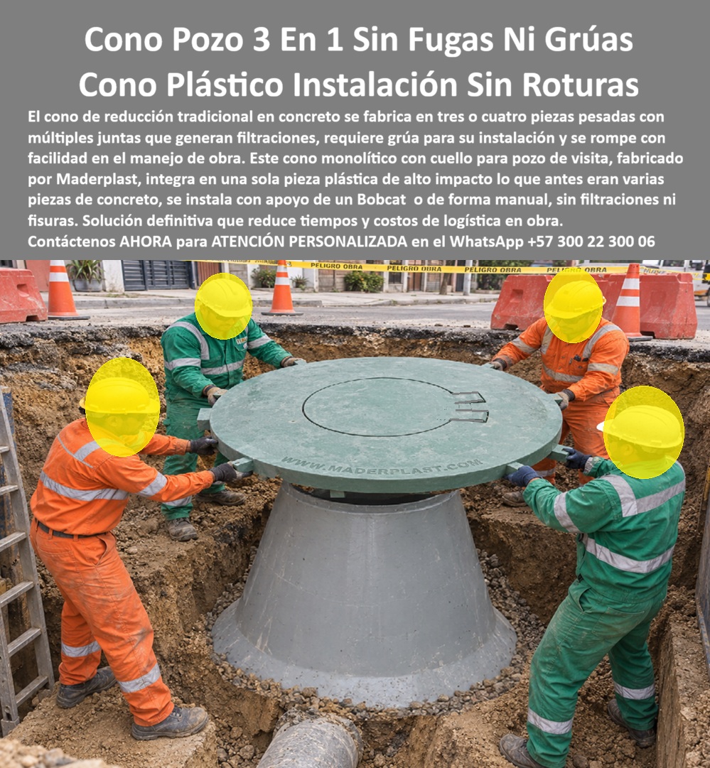 Cono De Reducción Con Cuello pozo plástico Cono Con tapa pozo Maderplast - Suministro de cono plástico 3 en 1 pozo de inspección Maderplast: cono reductor cuello pozo, sistema cono tapa pluvial sin peso muerto, cono de reducción pozo sin uso de grúas, reemplazo mono-pieza de cuatro elementos de concreto, antirrobo, capacidad D400 y normas RAS y EPM. Cono Mono Pieza de Reducción con Cuello Integrado: Menos Maniobras de Montaje Sin Peso Muerto El cono plástico 3 en 1 pozo de inspección mono-pieza Maderplast consolida la transición estructural vertical completa reemplazando de raíz hasta cuatro piezas pesadas de concreto por un solo cuerpo plástico hermético y liviano que fusiona reducción, cuello de pozo y losa superior para pozo de inspección. Esta innovación corresponde al cono reductor cuello pozo, concebido como el más eficiente sistema cono tapa pluvial sin peso muerto y el definitivo cono de reducción pozo sin uso de grúas, diseñado específicamente para erradicar las fallas estructurales por juntas intermedias, las filtraciones de nivel freático y el peligroso asentamiento vial derivado del sobrepeso del hormigón. Diseñado para soportar un macizo conjunto marco y tapa para pozo de inspección con especificación de tapa tráfico vehicular pesado B125 C250 D400, este producto se instala en calzadas porque optimiza la logística de obra al reducir maniobras de izaje, tolera impactos mecánicos sin fisurarse y carece de valor comercial en chatarrerías clandestinas, erradicando el vandalismo de tajo. Su propósito primordial es blindar la cámara de inspección, permitiendo una puesta en servicio inmediata sin tiempos de fraguado en cualquier pozo de alcantarillado de visita. La ingeniería de proyectos hidrosanitarios y los consorcios de infraestructura pública confirman su alta rentabilidad en terreno: El acople directo sobre la base cilíndrica agiliza los rendimientos constructivos al recibir con exactitud la tapa de pozo de inspección y la respectiva tapa polimérica para alcantarillado sobre el cono de reducción para pozo de inspección en cualquier pozo de visita de la red. El riesgo inminente de trampas viales por sustracción de piezas queda neutralizado: la tapa antirrobo para pozo de inspección opera como una efectiva tapa antivandálica para alcantarillado no comercializable en chatarrerías de Colombia. El deterioro prematuro por ataque de gases cloacales corrosivos de sulfuro de hidrógeno se elimina mediante la tapa anticorrosiva para alcantarillado, protegiendo la conexión estanca hacia el colector sanitario, el colector pluvial y cámaras de alivio hacia plantas de PTAR. El tránsito severo y constante de tractomulas, volquetas y buses articulados no descalza ni deforma la estructura cónica; el sistema de aro y tapa para alcantarillado disipa homogéneamente las presiones mecánicas hacia el suelo compactado circundante, salvaguardando la placa de cubierta para pozo de inspección y la placa de cubierta para pozo de alcantarillado. Este cono reductor de Maderplast integra cono y tapa en una sola estructura sin juntas, eliminando el mecanismo por el cual el asentamiento del terreno transmite tensión mecánica hacia la tubería de conexión en sistemas ensamblados por partes. La vía queda nivelada desde el primer día de instalación y permanece así durante toda su vida útil, sin el desnivel progresivo que generan los conos de concreto tradicionales al ceder por partes independientes. Esta condición monolítica certifica cargas de alto tonelaje sin que las juntas fallen, un respaldo técnico determinante para pozos sanitarios en corredores de tránsito vehicular pesado, redes de alcantarillado urbano, redes de acueducto y proyectos de infraestructura sanitaria de gran exigencia. El sistema compacto 3 en 1 simplifica el montaje rápido en obra, sustituyendo el proceso de cono, cuello y tapa ensamblados por separado —con sus respectivos sellantes, anillos de reducción y verificaciones de nivel— por una sola maniobra de instalación. Esta simplificación reduce tanto el tiempo de cierre vial como el costo logístico de manipular múltiples piezas de concreto armado, cada una expuesta a fisurarse durante transporte, izaje o manipulación en zanja. Frente al manhole convencional de concreto, que se agrieta bajo carga cíclica y termina comprometiendo el colector por fugas e infiltración de agua freática, este cono plástico conserva su hermeticidad y su cuello alcantarilla liviano de alta carga sin necesidad de mantenimiento correctivo. Los ensayos de resistencia y carga documentados por Maderplast, verificables en su canal oficial de YouTube mediante pruebas presenciales de laboratorio con equipo de impacto real, respaldan este comportamiento bajo condiciones extremas; y para interventores de acueducto o alcantarillado que requieran verificación adicional antes de aprobar un programa de instalación en pozos de inspección de gran volumen, Maderplast asume el costo de una prueba de carga certificada en el laboratorio ONAC que elijan. Con certificación ISO 9001 en diseño y desarrollo e ISO 14000 ambiental, este sistema se fabrica mediante diseño y fabricación a medida según diámetro y clase de carga, con producción en serie para proyectos de infraestructura urbana extensa. Cuando se trata de proteger la tubería y mantener la vía nivelada bajo tráfico de camión certificado, Maderplast convierte el reto de las juntas vulnerables en una solución monopólica verificable. Solicite ficha técnica y cotización para su proyecto. Contáctenos AHORA para ATENCIÓN PERSONALIZADA en el WhatsApp +57 300 22 300 06 Sistema de cono y tapa alcantarillado sin juntas Cono reductor Maderplast - Cono Reducción Una Pieza Reemplaza Anillos Concreto, Cono Monopieza Manhole Con Menos Juntas, Cono reducción urbano tráfico pesado, Cono Plástico 3 En 1 Redes Subterránea Cono monolítico para pozo de visita sin filtraciones, Cono Plástico 3 En 1 De Instalación Sin Grúa, Cono Pozo Reducción Rápida Instalación Sin Demoras De Sistema cono Cono De Reducción Con Cuello pozo plástico Cono Con tapa pozo Maderplast Cono monolítico para pozo de visita sin filtraciones Cono Plástico 3 En 1 De Instalación Sin Grúa Cono Pozo Reducción Rápida Instalación Sin Demoras De Sistema cono Suministro de cono plástico 3 en 1 pozo de inspección Maderplast: cono reductor cuello pozo, sistema cono tapa pluvial sin peso muerto, cono de reducción pozo sin uso de grúas, reemplazo mono-pieza de cuatro elementos de concreto, antirrobo, capacidad D400 y normas RAS y EPM. Cono Mono Pieza de Reducción con Cuello Integrado: Menos Maniobras de Montaje Sin Peso Muerto El cono plástico 3 en 1 pozo de inspección mono-pieza Maderplast consolida la transición estructural vertical completa reemplazando de raíz hasta cuatro piezas pesadas de concreto por un solo cuerpo plástico hermético y liviano que fusiona reducción, cuello de pozo y losa superior para pozo de inspección. Esta innovación corresponde al cono reductor cuello pozo, concebido como el más eficiente sistema cono tapa pluvial sin peso muerto y el definitivo cono de reducción pozo sin uso de grúas, diseñado específicamente para erradicar las fallas estructurales por juntas intermedias, las filtraciones de nivel freático y el peligroso asentamiento vial derivado del sobrepeso del hormigón. Diseñado para soportar un macizo conjunto marco y tapa para pozo de inspección con especificación de tapa tráfico vehicular pesado B125 C250 D400, este producto se instala en calzadas porque optimiza la logística de obra al reducir maniobras de izaje, tolera impactos mecánicos sin fisurarse y carece de valor comercial en chatarrerías clandestinas, erradicando el vandalismo de tajo. Su propósito primordial es blindar la cámara de inspección, permitiendo una puesta en servicio inmediata sin tiempos de fraguado en cualquier pozo de alcantarillado de visita. La ingeniería de proyectos hidrosanitarios y los consorcios de infraestructura pública confirman su alta rentabilidad en terreno: El acople directo sobre la base cilíndrica agiliza los rendimientos constructivos al recibir con exactitud la tapa de pozo de inspección y la respectiva tapa polimérica para alcantarillado sobre el cono de reducción para pozo de inspección en cualquier pozo de visita de la red. El riesgo inminente de trampas viales por sustracción de piezas queda neutralizado: la tapa antirrobo para pozo de inspección opera como una efectiva tapa antivandálica para alcantarillado no comercializable en chatarrerías de Colombia. El deterioro prematuro por ataque de gases cloacales corrosivos de sulfuro de hidrógeno se elimina mediante la tapa anticorrosiva para alcantarillado, protegiendo la conexión estanca hacia el colector sanitario, el colector pluvial y cámaras de alivio hacia plantas de PTAR. El tránsito severo y constante de tractomulas, volquetas y buses articulados no descalza ni deforma la estructura cónica; el sistema de aro y tapa para alcantarillado disipa homogéneamente las presiones mecánicas hacia el suelo compactado circundante, salvaguardando la placa de cubierta para pozo de inspección y la placa de cubierta para pozo de alcantarillado. Este cono reductor de Maderplast integra cono y tapa en una sola estructura sin juntas, eliminando el mecanismo por el cual el asentamiento del terreno transmite tensión mecánica hacia la tubería de conexión en sistemas ensamblados por partes. La vía queda nivelada desde el primer día de instalación y permanece así durante toda su vida útil, sin el desnivel progresivo que generan los conos de concreto tradicionales al ceder por partes independientes. Esta condición monolítica certifica cargas de alto tonelaje sin que las juntas fallen, un respaldo técnico determinante para pozos sanitarios en corredores de tránsito vehicular pesado, redes de alcantarillado urbano, redes de acueducto y proyectos de infraestructura sanitaria de gran exigencia. El sistema compacto 3 en 1 simplifica el montaje rápido en obra, sustituyendo el proceso de cono, cuello y tapa ensamblados por separado —con sus respectivos sellantes, anillos de reducción y verificaciones de nivel— por una sola maniobra de instalación. Esta simplificación reduce tanto el tiempo de cierre vial como el costo logístico de manipular múltiples piezas de concreto armado, cada una expuesta a fisurarse durante transporte, izaje o manipulación en zanja. Frente al manhole convencional de concreto, que se agrieta bajo carga cíclica y termina comprometiendo el colector por fugas e infiltración de agua freática, este cono plástico conserva su hermeticidad y su cuello alcantarilla liviano de alta carga sin necesidad de mantenimiento correctivo. Los ensayos de resistencia y carga documentados por Maderplast, verificables en su canal oficial de YouTube mediante pruebas presenciales de laboratorio con equipo de impacto real, respaldan este comportamiento bajo condiciones extremas; y para interventores de acueducto o alcantarillado que requieran verificación adicional antes de aprobar un programa de instalación en pozos de inspección de gran volumen, Maderplast asume el costo de una prueba de carga certificada en el laboratorio ONAC que elijan. Con certificación ISO 9001 en diseño y desarrollo e ISO 14000 ambiental, este sistema se fabrica mediante diseño y fabricación a medida según diámetro y clase de carga, con producción en serie para proyectos de infraestructura urbana extensa. Cuando se trata de proteger la tubería y mantener la vía nivelada bajo tráfico de camión certificado, Maderplast convierte el reto de las juntas vulnerables en una solución monopólica verificable. Solicite ficha técnica y cotización para su proyecto. Contáctenos AHORA para ATENCIÓN PERSONALIZADA en el WhatsApp +57 300 22 300 06 Sistema de cono y tapa alcantarillado sin juntas Cono reductor Maderplast - Cono Reducción Una Pieza Reemplaza Anillos Concreto, Cono Monopieza Manhole Con Menos Juntas, Cono reducción urbano tráfico pesado, Cono Plástico 3 En 1 Redes Subterránea