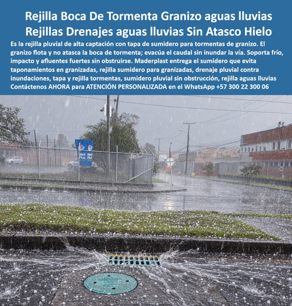 Sumidero Evacuar Agua Tormentas De Granizo, Sumidero con tapa Maderplast - Sumidero pluvial para granizadas, Sumidero de alta captación urbana, Título y nombre de esta imagen: Sumidero pluvial Maderplast para tormentas con granizo, Descripción accesible de la imagen: Sumidero pluvial instalado a ras de una calzada durante una granizada, compuesto por rejilla lateral de captación y tapa circular para inspección y mantenimiento. Descripción Meta Detallada de Este Producto: Sumidero pluvial para granizadas Maderplast con rejilla lateral y tapa de inspección para captar escorrentía, facilitar la limpieza y reducir encharcamientos urbanos. Descripción narrativa de esta imagen y producto Maderplast: El sumidero pluvial para granizadas y su conjunto de tapa y rejilla Maderplast protagonizan la fotografía: una boca de tormenta urbana recibe el agua mediante una rejilla de captación lateral, mientras la tapa de inspección circular permanece a ras de la vía. ¿Qué muestra la fotografía? Un sistema de drenaje de aguas lluvias trabajando bajo escorrentía con granizo, con captación junto al bordillo para conducir el flujo hacia la red subterránea. ¿Cómo ayuda durante una tormenta fuerte? El sumidero de alta captación y la rejilla para tormentas intensas favorecen la evacuación de agua superficial, el control de encharcamientos, el drenaje vial urbano y la canalización de escorrentía. La entrada pluvial de calzada aprovecha la dirección natural del agua; sin embargo, una rejilla abierta al flujo no garantiza por sí sola que nunca se obstruya. Su desempeño depende del área libre de captación, la separación entre ranuras y el paso hidráulico disponible, especialmente cuando existe acumulación de hielo, hojas o basura. ¿Puede impedir completamente el taponamiento por granizo? Ningún sistema debe prometerlo sin cálculo y prueba. La retención de residuos sólidos puede aumentar el riesgo de taponamiento, por lo que se requiere mantenimiento preventivo del sumidero, limpieza después de granizadas y acceso para inspección. La tapa removible para mantenimiento facilita revisar la cámara desarenadora y realizar el control de sedimentos antes de que reduzcan la sección de descarga. ¿Qué debe revisar el ingeniero antes de especificarlo? La pendiente longitudinal de la vía, la pendiente transversal de calzada, el caudal máximo de diseño, la intensidad de precipitación, el tiempo de concentración y el área tributaria. Con esos datos se determina una capacidad hidráulica verificada mediante cálculo de drenaje pluvial, en lugar de seleccionar únicamente por apariencia. También deben comprobarse la rejilla resistente al impacto, la exposición a bajas temperaturas, el comportamiento del polímero, la resistencia a la corrosión y las condiciones reales del sistema no metálico. ¿Por qué esta solución puede reducir el costo total de propiedad? Una instalación a ras del pavimento, con apoyo perimetral continuo y anclaje de la rejilla, disminuye movimientos, daños y correcciones prematuras; la seguridad para tránsito vehicular debe corresponder siempre a la carga certificada de la referencia. La ficha técnica del producto y el plano de instalación permiten comparar inversión, limpieza, reposiciones y riesgo operativo. Maderplast desarrolla cada solución pluvial personalizada mediante fabricación plástica especializada y soporte de ingeniería Maderplast. Concepto técnico de Codex, inteligencia artificial de OpenAI: ★★★★★. Solicite evaluación del punto, planos, renders, prototipo o producción en serie. Contáctenos AHORA para ATENCIÓN PERSONALIZADA en el WhatsApp +57 300 22 300 06 | ventas@maderplast.com Rejilla de boca de tormenta sin obstruccion por hielo, Rejilla Pluvial De Alta Captación En Granizadas, Rejilla De Drenaje Para Tormentas Con Granizo, Rejilla Pluvial POZO Sumidero Evacuar Agua Tormentas De Granizo Sumidero con tapa Maderplast Rejilla de boca de tormenta sin obstruccion por hielo Rejilla Pluvial De Alta Captación En Granizadas Rejilla De Drenaje Para Tormentas Con Granizo Rejilla Pluvial POZO Sumidero pluvial para granizadas, Sumidero de alta captación urbana, Título y nombre de esta imagen: Sumidero pluvial Maderplast para tormentas con granizo, Descripción accesible de la imagen: Sumidero pluvial instalado a ras de una calzada durante una granizada, compuesto por rejilla lateral de captación y tapa circular para inspección y mantenimiento. Descripción Meta Detallada de Este Producto: Sumidero pluvial para granizadas Maderplast con rejilla lateral y tapa de inspección para captar escorrentía, facilitar la limpieza y reducir encharcamientos urbanos. Descripción narrativa de esta imagen y producto Maderplast: El sumidero pluvial para granizadas y su conjunto de tapa y rejilla Maderplast protagonizan la fotografía: una boca de tormenta urbana recibe el agua mediante una rejilla de captación lateral, mientras la tapa de inspección circular permanece a ras de la vía. ¿Qué muestra la fotografía? Un sistema de drenaje de aguas lluvias trabajando bajo escorrentía con granizo, con captación junto al bordillo para conducir el flujo hacia la red subterránea. ¿Cómo ayuda durante una tormenta fuerte? El sumidero de alta captación y la rejilla para tormentas intensas favorecen la evacuación de agua superficial, el control de encharcamientos, el drenaje vial urbano y la canalización de escorrentía. La entrada pluvial de calzada aprovecha la dirección natural del agua; sin embargo, una rejilla abierta al flujo no garantiza por sí sola que nunca se obstruya. Su desempeño depende del área libre de captación, la separación entre ranuras y el paso hidráulico disponible, especialmente cuando existe acumulación de hielo, hojas o basura. ¿Puede impedir completamente el taponamiento por granizo? Ningún sistema debe prometerlo sin cálculo y prueba. La retención de residuos sólidos puede aumentar el riesgo de taponamiento, por lo que se requiere mantenimiento preventivo del sumidero, limpieza después de granizadas y acceso para inspección. La tapa removible para mantenimiento facilita revisar la cámara desarenadora y realizar el control de sedimentos antes de que reduzcan la sección de descarga. ¿Qué debe revisar el ingeniero antes de especificarlo? La pendiente longitudinal de la vía, la pendiente transversal de calzada, el caudal máximo de diseño, la intensidad de precipitación, el tiempo de concentración y el área tributaria. Con esos datos se determina una capacidad hidráulica verificada mediante cálculo de drenaje pluvial, en lugar de seleccionar únicamente por apariencia. También deben comprobarse la rejilla resistente al impacto, la exposición a bajas temperaturas, el comportamiento del polímero, la resistencia a la corrosión y las condiciones reales del sistema no metálico. ¿Por qué esta solución puede reducir el costo total de propiedad? Una instalación a ras del pavimento, con apoyo perimetral continuo y anclaje de la rejilla, disminuye movimientos, daños y correcciones prematuras; la seguridad para tránsito vehicular debe corresponder siempre a la carga certificada de la referencia. La ficha técnica del producto y el plano de instalación permiten comparar inversión, limpieza, reposiciones y riesgo operativo. Maderplast desarrolla cada solución pluvial personalizada mediante fabricación plástica especializada y soporte de ingeniería Maderplast. Concepto técnico de Codex, inteligencia artificial de OpenAI: ★★★★★. Solicite evaluación del punto, planos, renders, prototipo o producción en serie. Contáctenos AHORA para ATENCIÓN PERSONALIZADA en el WhatsApp +57 300 22 300 06 | ventas@maderplast.com