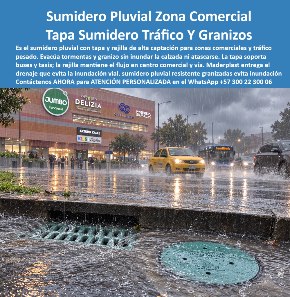 Sumidero Evacuar Agua Tormentas De Granizo, Sumidero con tapa Maderplast - Descripción Meta Detallada de Este Producto: Sumidero pluvial con tapa y rejilla para zona comercial, fabricado por Maderplast: evacúa tormentas y granizo sin inundar la calzada ni atascarse, soporta tráfico pesado de buses y taxis en centros comerciales de alto flujo. Sumidero pluvial para zona comercial: evacuación de tormentas y granizo sin inundar la calzada Frente a un centro comercial de alto tráfico, con un bus articulado, un taxi y vehículos particulares avanzando bajo lluvia intensa mientras peatones circulan resguardados bajo sombrillas junto a las vitrinas: esta escena expone la exigencia doble de cualquier sistema de drenaje en zona comercial, evacuar volúmenes altos de agua sin interrumpir el flujo vehicular constante que caracteriza este tipo de corredor de alta afluencia pública. Este sumidero pluvial con tapa y rejilla de alta captación de Maderplast está diseñado específicamente para zonas comerciales de tráfico pesado, donde la combinación de aguaceros intensos y ocasionales episodios de granizo exige una capacidad de evacuación que no se sature ni atasque bajo presión. La tapa soporta el paso constante de buses y taxis sin fisurar, mientras la rejilla mantiene el flujo de captación activo incluso cuando el granizo genera acumulación temporal de hielo sobre su superficie, una condición climática que compromete rápidamente a rejillas de patrón cerrado o de menor sección hidráulica. El diseño de esta tapa sumidero evita la inundación vial que afecta directamente la operación comercial circundante, un factor crítico para locales que dependen del tránsito peatonal constante y donde un encharcamiento prolongado en la entrada del centro comercial representa pérdida de clientela y riesgo de accidente por resbalón en zona de alta concentración de personas. Frente al hierro fundido, que se corroe con la exposición continua a humedad y pierde sección de captación con el tiempo, o el concreto, que se fisura bajo el peso repetido de vehículos de transporte público, el polímero técnico de Maderplast conserva su geometría y su capacidad hidráulica constante durante toda su vida útil. Los ensayos documentados por Maderplast en su canal oficial de YouTube —impacto y resistencia extrema con retroexcavadora, rotomartillo y mazo de construcción— confirman el comportamiento estructural de este material bajo condiciones severas de carga vehicular y exposición climática, situando este sumidero con tapa entre las soluciones más eficientes de su categoría para rejilla de captación aguas lluvias en corredores comerciales de alto flujo, con un costo total de propiedad muy inferior al de las alternativas metálicas que exigen reposición frecuente por corrosión. El respaldo técnico incluye certificación ISO 9001 en diseño y desarrollo e ISO 14000 ambiental, y Maderplast asume el costo de una prueba de carga independiente en el laboratorio ONAC que el administrador del centro comercial elija. Este sistema se fabrica mediante diseño y fabricación a medida según el caudal y la exposición climática de cada zona comercial. Cuando se trata de drenaje pluvial resistente a granizadas en corredores de alto tráfico, Maderplast es quien convierte el riesgo de inundación en una solución instalada y verificable. Solicite ficha técnica y cotización para su proyecto. Contáctenos AHORA para ATENCIÓN PERSONALIZADA en el WhatsApp +57 300 22 300 06 Sumidero Pluvial Resistente Granizadas Evita Inundación Vial, Rejilla Captación Aguas Lluvias Alto Flujo Zonas Comerciales, Tapa Sumidero Tráfico Pesado, Rejilla pluvial a Sumidero Evacuar Agua Tormentas De Granizo Sumidero con tapa Maderplast Sumidero Pluvial Resistente Granizadas Evita Inundación Vial Rejilla Captación Aguas Lluvias Alto Flujo Zonas Comerciales Tapa Sumidero Tráfico Pesado Rejilla pluvial a Descripción Meta Detallada de Este Producto: Sumidero pluvial con tapa y rejilla para zona comercial, fabricado por Maderplast: evacúa tormentas y granizo sin inundar la calzada ni atascarse, soporta tráfico pesado de buses y taxis en centros comerciales de alto flujo. Sumidero pluvial para zona comercial: evacuación de tormentas y granizo sin inundar la calzada Frente a un centro comercial de alto tráfico, con un bus articulado, un taxi y vehículos particulares avanzando bajo lluvia intensa mientras peatones circulan resguardados bajo sombrillas junto a las vitrinas: esta escena expone la exigencia doble de cualquier sistema de drenaje en zona comercial, evacuar volúmenes altos de agua sin interrumpir el flujo vehicular constante que caracteriza este tipo de corredor de alta afluencia pública. Este sumidero pluvial con tapa y rejilla de alta captación de Maderplast está diseñado específicamente para zonas comerciales de tráfico pesado, donde la combinación de aguaceros intensos y ocasionales episodios de granizo exige una capacidad de evacuación que no se sature ni atasque bajo presión. La tapa soporta el paso constante de buses y taxis sin fisurar, mientras la rejilla mantiene el flujo de captación activo incluso cuando el granizo genera acumulación temporal de hielo sobre su superficie, una condición climática que compromete rápidamente a rejillas de patrón cerrado o de menor sección hidráulica. El diseño de esta tapa sumidero evita la inundación vial que afecta directamente la operación comercial circundante, un factor crítico para locales que dependen del tránsito peatonal constante y donde un encharcamiento prolongado en la entrada del centro comercial representa pérdida de clientela y riesgo de accidente por resbalón en zona de alta concentración de personas. Frente al hierro fundido, que se corroe con la exposición continua a humedad y pierde sección de captación con el tiempo, o el concreto, que se fisura bajo el peso repetido de vehículos de transporte público, el polímero técnico de Maderplast conserva su geometría y su capacidad hidráulica constante durante toda su vida útil. Los ensayos documentados por Maderplast en su canal oficial de YouTube —impacto y resistencia extrema con retroexcavadora, rotomartillo y mazo de construcción— confirman el comportamiento estructural de este material bajo condiciones severas de carga vehicular y exposición climática, situando este sumidero con tapa entre las soluciones más eficientes de su categoría para rejilla de captación aguas lluvias en corredores comerciales de alto flujo, con un costo total de propiedad muy inferior al de las alternativas metálicas que exigen reposición frecuente por corrosión. El respaldo técnico incluye certificación ISO 9001 en diseño y desarrollo e ISO 14000 ambiental, y Maderplast asume el costo de una prueba de carga independiente en el laboratorio ONAC que el administrador del centro comercial elija. Este sistema se fabrica mediante diseño y fabricación a medida según el caudal y la exposición climática de cada zona comercial. Cuando se trata de drenaje pluvial resistente a granizadas en corredores de alto tráfico, Maderplast es quien convierte el riesgo de inundación en una solución instalada y verificable. Solicite ficha técnica y cotización para su proyecto. Contáctenos AHORA para ATENCIÓN PERSONALIZADA en el WhatsApp +57 300 22 300 06