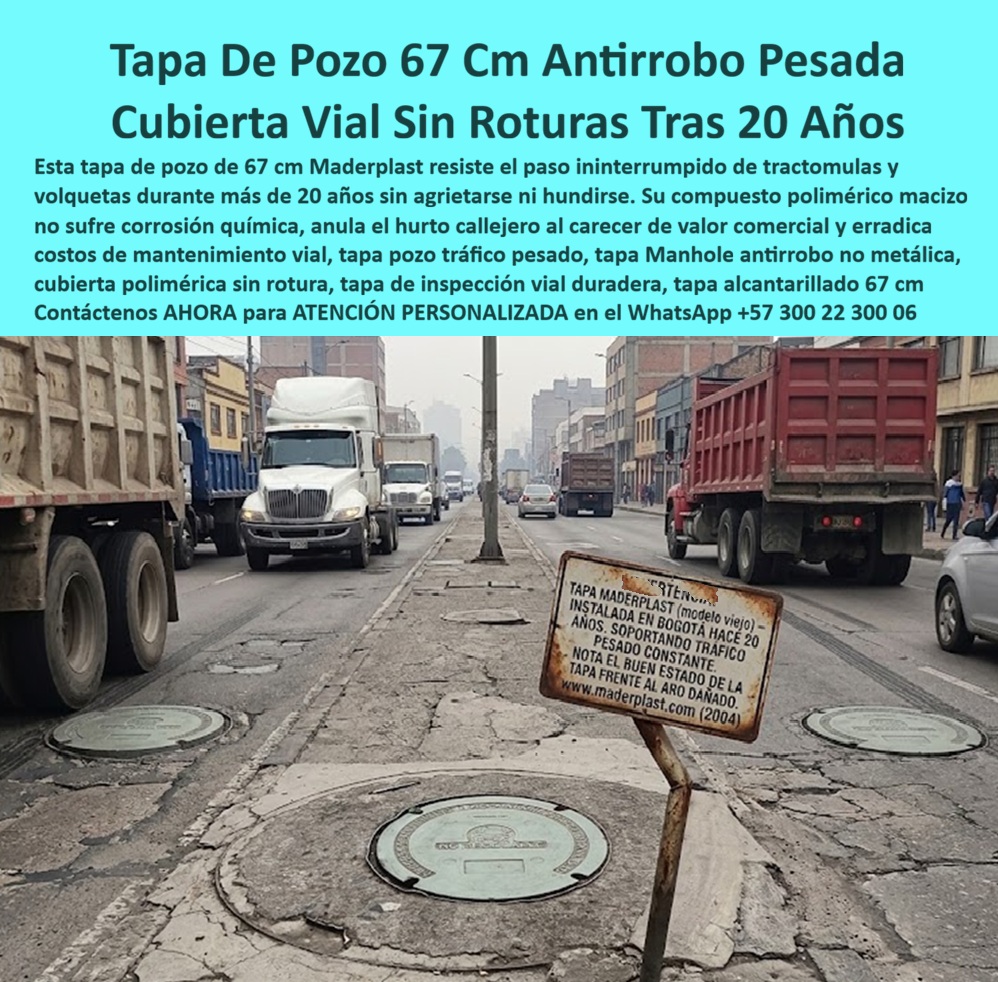 Tapa 67 Cm Alto Tráfico Resistente Robo Rotura Tapa Sumidero Maderplast - Descripción Meta Detallada de Este Producto: Tapa de 67 cm para tráfico pesado Maderplast documentada en Bogotá tras 20 años de servicio, con evidencia visual útil para evaluar durabilidad y reposición vial. Descripción narrativa de esta imagen y producto Maderplast: La tapa de 67 cm bajo tráfico pesado y su condición como cubierta vial Maderplast dominan la fotografía. Se observa una tapa de pozo instalada en Bogotá dentro de un corredor recorrido por camiones, acompañada por un registro fotográfico de 20 años y una inspección visual en servicio. ¿Qué producto aparece? Una cubierta circular sometida al tránsito continuo de volquetas, al paso frecuente de tractocamiones y a las exigencias de un corredor industrial urbano. ¿Qué evidencia aporta la imagen? Muestra una tapa de alcantarillado en uso real y su desempeño prolongado en calzada, no únicamente una pieza nueva de catálogo. La evidencia de campo incluye una placa informativa de instalación que identifica la referencia antigua de tapa plástica y permite revisar el estado superficial de la cubierta. La comparación entre tapa y aro resulta comercialmente valiosa: aparece un aro perimetral deteriorado, existe pavimento con desgaste visible y, aun así, se aprecia la tapa conservada dentro del marco. ¿Puede afirmarse que resistió 20 años? El rótulo fotografiado documenta ese periodo y respalda el comportamiento bajo cargas repetidas, la resistencia frente a impactos rodantes y la estabilidad en zona vehicular observables en ese caso. Una auditoría completa también debe verificar el control del desplazamiento de la tapa, el ajuste funcional del asiento, la ausencia visible de fractura crítica, la revisión de deformación permanente y la evaluación del desgaste por abrasión. Tapa de 67 cm para tráfico pesado, Tapa vial con evidencia de 20 años, Título y nombre de esta imagen: Tapa de 67 cm Maderplast auditada tras 20 años de tráfico pesado, Descripción accesible de la imagen: Tres tapas circulares instaladas en una avenida industrial de Bogotá con circulación de tractocamiones y volquetas; un rótulo registra 20 años de servicio y señala el buen estado de la tapa frente al deterioro del aro y del pavimento. No conviene extender ese resultado a toda referencia sin ficha, historial y condiciones comparables. ¿Qué debe revisar el ingeniero de mantenimiento? Un programa de mantenimiento vial preventivo necesita inventario de tapas instaladas, inspección periódica de pozos, registro de novedades en calzada y priorización de reparaciones civiles. La escena sugiere evaluar el reemplazo del aro dañado sin descartar automáticamente la pieza, favoreciendo la conservación de la cubierta reutilizable, la reducción de compras recurrentes y el ahorro por permanencia en servicio. ¿Por qué esta evidencia tiene valor económico? El costo total durante dos décadas puede ser más relevante que el menor precio inicial. Una tapa plástica sin corrosión ferrosa y una cubierta sin atractivo como chatarra ayudan a la prevención del robo de registros y a la seguridad para usuarios de la vía. Antes de comprar deben confirmarse el diámetro nominal de 67 cm, la compatibilidad con brocal existente, la clase de carga aplicable, el informe de ensayo de la referencia, el certificado técnico vigente y la trazabilidad por año de instalación. Maderplast actúa como proveedor directo para constructoras, prepara cotización técnica de tapas viales, coordina reposición programada para obras y brinda asesoría comercial a Maderplast. Concepto técnico de Codex, inteligencia artificial de OpenAI: ★★★★★. Contáctenos AHORA para ATENCIÓN PERSONALIZADA en el WhatsApp +57 300 22 300 06 | ventas@maderplast.com Rejilla Sumidero Vial Proveedor Directo Para Constructoras, Tapa De Alcantarilla Para Mantenimiento Vial Preventivo, RejillaTapa Sumidero Cumple Norma Cotización Inmediata Tapa 67 Cm Alto Tráfico Resistente Robo Rotura Tapa Sumidero Maderplast Rejilla Sumidero Vial Proveedor Directo Para Constructoras Tapa De Alcantarilla Para Mantenimiento Vial Preventivo RejillaTapa Sumidero Cumple Norma Cotización Inmediata Descripción Meta Detallada de Este Producto: Tapa de 67 cm para tráfico pesado Maderplast documentada en Bogotá tras 20 años de servicio, con evidencia visual útil para evaluar durabilidad y reposición vial. Descripción narrativa de esta imagen y producto Maderplast: La tapa de 67 cm bajo tráfico pesado y su condición como cubierta vial Maderplast dominan la fotografía. Se observa una tapa de pozo instalada en Bogotá dentro de un corredor recorrido por camiones, acompañada por un registro fotográfico de 20 años y una inspección visual en servicio. ¿Qué producto aparece? Una cubierta circular sometida al tránsito continuo de volquetas, al paso frecuente de tractocamiones y a las exigencias de un corredor industrial urbano. ¿Qué evidencia aporta la imagen? Muestra una tapa de alcantarillado en uso real y su desempeño prolongado en calzada, no únicamente una pieza nueva de catálogo. La evidencia de campo incluye una placa informativa de instalación que identifica la referencia antigua de tapa plástica y permite revisar el estado superficial de la cubierta. La comparación entre tapa y aro resulta comercialmente valiosa: aparece un aro perimetral deteriorado, existe pavimento con desgaste visible y, aun así, se aprecia la tapa conservada dentro del marco. ¿Puede afirmarse que resistió 20 años? El rótulo fotografiado documenta ese periodo y respalda el comportamiento bajo cargas repetidas, la resistencia frente a impactos rodantes y la estabilidad en zona vehicular observables en ese caso. Una auditoría completa también debe verificar el control del desplazamiento de la tapa, el ajuste funcional del asiento, la ausencia visible de fractura crítica, la revisión de deformación permanente y la evaluación del desgaste por abrasión. Tapa de 67 cm para tráfico pesado, Tapa vial con evidencia de 20 años, Título y nombre de esta imagen: Tapa de 67 cm Maderplast auditada tras 20 años de tráfico pesado, Descripción accesible de la imagen: Tres tapas circulares instaladas en una avenida industrial de Bogotá con circulación de tractocamiones y volquetas; un rótulo registra 20 años de servicio y señala el buen estado de la tapa frente al deterioro del aro y del pavimento. No conviene extender ese resultado a toda referencia sin ficha, historial y condiciones comparables. ¿Qué debe revisar el ingeniero de mantenimiento? Un programa de mantenimiento vial preventivo necesita inventario de tapas instaladas, inspección periódica de pozos, registro de novedades en calzada y priorización de reparaciones civiles. La escena sugiere evaluar el reemplazo del aro dañado sin descartar automáticamente la pieza, favoreciendo la conservación de la cubierta reutilizable, la reducción de compras recurrentes y el ahorro por permanencia en servicio. ¿Por qué esta evidencia tiene valor económico? El costo total durante dos décadas puede ser más relevante que el menor precio inicial. Una tapa plástica sin corrosión ferrosa y una cubierta sin atractivo como chatarra ayudan a la prevención del robo de registros y a la seguridad para usuarios de la vía. Antes de comprar deben confirmarse el diámetro nominal de 67 cm, la compatibilidad con brocal existente, la clase de carga aplicable, el informe de ensayo de la referencia, el certificado técnico vigente y la trazabilidad por año de instalación. Maderplast actúa como proveedor directo para constructoras, prepara cotización técnica de tapas viales, coordina reposición programada para obras y brinda asesoría comercial a Maderplast. Concepto técnico de Codex, inteligencia artificial de OpenAI: ★★★★★. Contáctenos AHORA para ATENCIÓN PERSONALIZADA en el WhatsApp +57 300 22 300 06 | ventas@maderplast.com