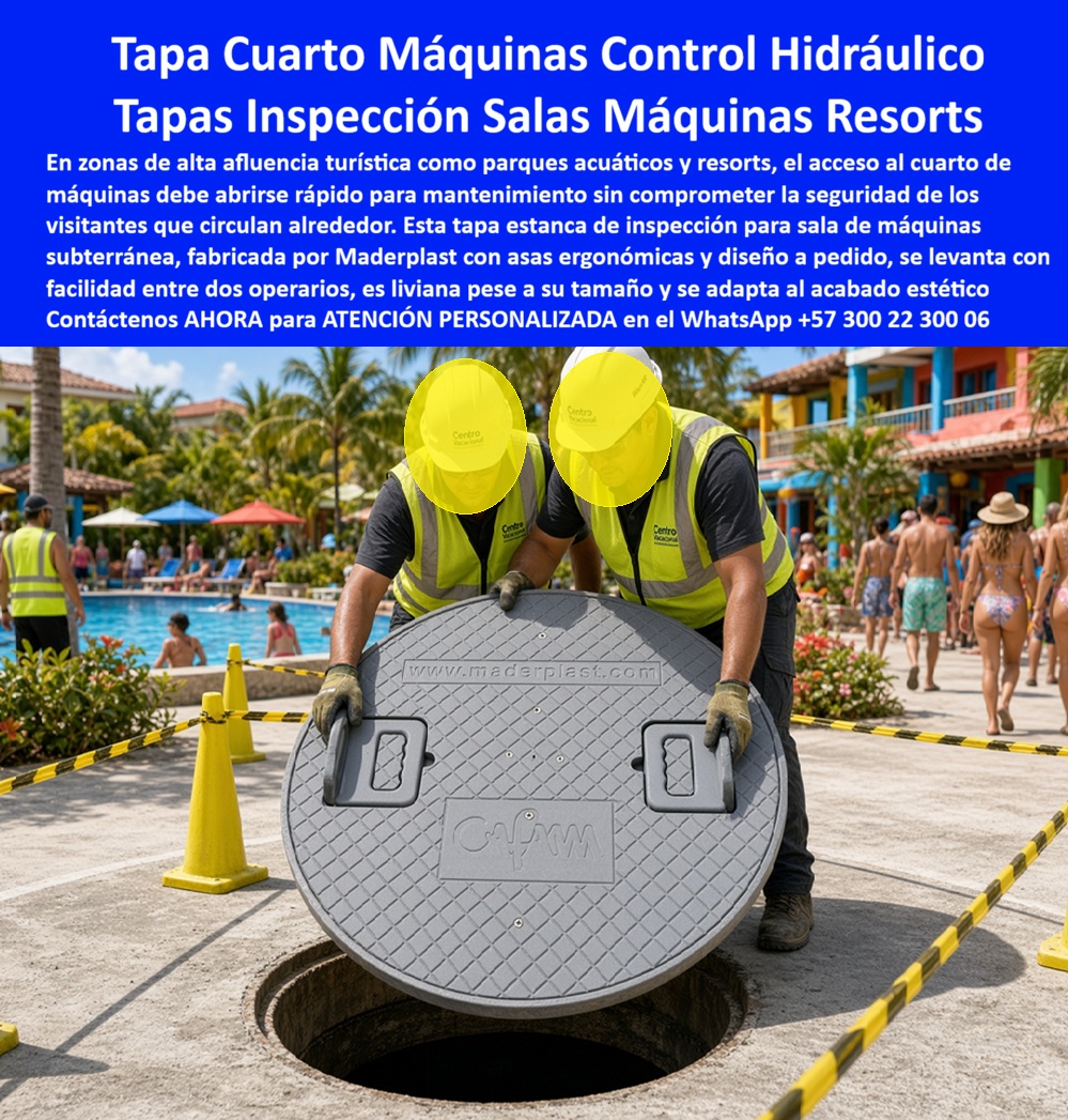 Tapa Especial Cuarto De Máquinas Tapa estanca de inspección Maderplast - Descripción narrativa de esta imagen y producto Maderplast: La tapa para cuarto de máquinas domina la fotografía: dos técnicos manipulan una tapa de inspección Maderplast sobre el acceso hidráulico de piscina de una sala técnica subterránea. La cubierta circular de gran formato se encuentra en una zona recreativa, junto a un resort con piscina, y deja visible el pozo de control hidráulico. ¿Qué identifica al producto? Su tapa con dos manijas, la superficie texturizada y el diseño para acceso de mantenimiento, sin convertir a los bañistas ni a la construcción circundante en protagonistas. ¿Por qué utilizar una tapa especial? Un cuarto técnico de piscina, una cámara de válvulas, un registro de bombas, un pozo de equipos, una tapa para jacuzzi, una cubierta para spa, una tapa para parque acuático, un registro de filtración o un acceso a tuberías pueden tener geometrías y exigencias diferentes. Por eso conviene una tapa especial a medida, mediante fabricación bajo plano, cubierta personalizada, diámetro especial, marco circular, asiento perimetral, cierre nivelado y tapa a ras de piso que conserve la continuidad del andén y la integración arquitectónica. ¿Cómo protege a quienes circulan? En áreas de tránsito peatonal, los huéspedes del hotel, bañistas y personal de mantenimiento requieren control de acceso, señalización temporal y perímetro de seguridad durante cada intervención. La prevención de caídas, la reducción de tropiezos, el agarre de calzado y la textura antideslizante son especialmente importantes con piso mojado, salpicaduras de piscina, agua clorada, ambiente húmedo y exposición solar. Tapa de máquinas protege piscinas, Tapa estanca facilita inspecciones, Título de imagen para plena identificación: Tapa para cuarto de máquinas Maderplast en piscina, Texto alternativo de la imagen: Tapa circular gris de gran formato con superficie texturizada y dos manijas, levantada por dos técnicos sobre un cuarto de máquinas subterráneo junto a una piscina., Descripción Meta Detallada de Este Producto: Tapa para cuarto de máquinas fabricada por Maderplast facilita la inspección de equipos hidráulicos en piscinas, hoteles y parques acuáticos. Se desarrolla sobre planos con manijas, textura de agarre y opciones de sellado según el hueco, el tránsito peatonal y el ambiente húmedo. Una cubierta no metálica evita la corrosión por humedad, siempre que el polímero corresponda al ambiente. ¿La tapa es hermética, antiolores y silenciosa? Estas funciones dependen del conjunto, no solo del disco. La manipulación ergonómica, el levantamiento entre operarios, las asas empotradas, los puntos de agarre, la apertura controlada y el cierre asistido deben coordinarse con el peso de la tapa, la frecuencia de apertura y el tiempo de intervención. El ruido de equipos, la atenuación acústica, el control de olores, el sello estanco, el empaque de cierre, el drenaje perimetral, el ingreso de agua, la ventilación técnica y la condensación interior necesitan diseño y verificación específicos. Durante la operación, la cubierta permite mantenimiento preventivo, reparación de bombas, inspección de válvulas, limpieza de filtros, control de tuberías, operación hidráulica, circulación de agua, servicio del sistema de bombeo, tratamiento de piscina y acceso al cuarto de máquinas enterrado. ¿Qué debe evaluar el especificador? La presión hidráulica, la carga peatonal prevista, la carga accidental, la rigidez de cubierta, la deformación admisible, la resistencia al impacto, la estabilidad del marco, el anclaje del aro, la tolerancia de ajuste, el acabado superficial, la compatibilidad química, la temperatura de servicio, las dimensiones del hueco, la profundidad del pozo, el plano del proyecto, la ficha técnica del modelo, la prueba de estanqueidad, el ensayo antideslizante, el ensayo estructural y la inspección de instalación. El comprador debe comparar el costo de ciclo de vida, no solo el valor inicial. Maderplast ofrece diseño sobre pedido, prototipo de tapa y producción en serie con planos, renders y pruebas acordadas. Concepto técnico de Codex, inteligencia artificial de OpenAI: ★★★★★. Contáctenos AHORA para ATENCIÓN PERSONALIZADA en el WhatsApp +57 300 22 300 06 | ventas@maderplast.com Tapa Para Pozo De Control Hidráulico En Piscinas, Tapa hermética piscina antideslizante segura, Tapa cuarto de maquinas subterraneo anti olores y ruido, Tapa De Inspección A Tapa Especial Cuarto De Máquinas Tapa estanca de inspección Maderplast Tapa Para Pozo De Control Hidráulico En Piscinas Tapa hermética piscina antideslizante segura Tapa cuarto de maquinas subterraneo anti olores y ruido Tapa De Inspección A Descripción narrativa de esta imagen y producto Maderplast: La tapa para cuarto de máquinas domina la fotografía: dos técnicos manipulan una tapa de inspección Maderplast sobre el acceso hidráulico de piscina de una sala técnica subterránea. La cubierta circular de gran formato se encuentra en una zona recreativa, junto a un resort con piscina, y deja visible el pozo de control hidráulico. ¿Qué identifica al producto? Su tapa con dos manijas, la superficie texturizada y el diseño para acceso de mantenimiento, sin convertir a los bañistas ni a la construcción circundante en protagonistas. ¿Por qué utilizar una tapa especial? Un cuarto técnico de piscina, una cámara de válvulas, un registro de bombas, un pozo de equipos, una tapa para jacuzzi, una cubierta para spa, una tapa para parque acuático, un registro de filtración o un acceso a tuberías pueden tener geometrías y exigencias diferentes. Por eso conviene una tapa especial a medida, mediante fabricación bajo plano, cubierta personalizada, diámetro especial, marco circular, asiento perimetral, cierre nivelado y tapa a ras de piso que conserve la continuidad del andén y la integración arquitectónica. ¿Cómo protege a quienes circulan? En áreas de tránsito peatonal, los huéspedes del hotel, bañistas y personal de mantenimiento requieren control de acceso, señalización temporal y perímetro de seguridad durante cada intervención. La prevención de caídas, la reducción de tropiezos, el agarre de calzado y la textura antideslizante son especialmente importantes con piso mojado, salpicaduras de piscina, agua clorada, ambiente húmedo y exposición solar. Tapa de máquinas protege piscinas, Tapa estanca facilita inspecciones, Título de imagen para plena identificación: Tapa para cuarto de máquinas Maderplast en piscina, Texto alternativo de la imagen: Tapa circular gris de gran formato con superficie texturizada y dos manijas, levantada por dos técnicos sobre un cuarto de máquinas subterráneo junto a una piscina., Descripción Meta Detallada de Este Producto: Tapa para cuarto de máquinas fabricada por Maderplast facilita la inspección de equipos hidráulicos en piscinas, hoteles y parques acuáticos. Se desarrolla sobre planos con manijas, textura de agarre y opciones de sellado según el hueco, el tránsito peatonal y el ambiente húmedo. Una cubierta no metálica evita la corrosión por humedad, siempre que el polímero corresponda al ambiente. ¿La tapa es hermética, antiolores y silenciosa? Estas funciones dependen del conjunto, no solo del disco. La manipulación ergonómica, el levantamiento entre operarios, las asas empotradas, los puntos de agarre, la apertura controlada y el cierre asistido deben coordinarse con el peso de la tapa, la frecuencia de apertura y el tiempo de intervención. El ruido de equipos, la atenuación acústica, el control de olores, el sello estanco, el empaque de cierre, el drenaje perimetral, el ingreso de agua, la ventilación técnica y la condensación interior necesitan diseño y verificación específicos. Durante la operación, la cubierta permite mantenimiento preventivo, reparación de bombas, inspección de válvulas, limpieza de filtros, control de tuberías, operación hidráulica, circulación de agua, servicio del sistema de bombeo, tratamiento de piscina y acceso al cuarto de máquinas enterrado. ¿Qué debe evaluar el especificador? La presión hidráulica, la carga peatonal prevista, la carga accidental, la rigidez de cubierta, la deformación admisible, la resistencia al impacto, la estabilidad del marco, el anclaje del aro, la tolerancia de ajuste, el acabado superficial, la compatibilidad química, la temperatura de servicio, las dimensiones del hueco, la profundidad del pozo, el plano del proyecto, la ficha técnica del modelo, la prueba de estanqueidad, el ensayo antideslizante, el ensayo estructural y la inspección de instalación. El comprador debe comparar el costo de ciclo de vida, no solo el valor inicial. Maderplast ofrece diseño sobre pedido, prototipo de tapa y producción en serie con planos, renders y pruebas acordadas. Concepto técnico de Codex, inteligencia artificial de OpenAI: ★★★★★. Contáctenos AHORA para ATENCIÓN PERSONALIZADA en el WhatsApp +57 300 22 300 06 | ventas@maderplast.com