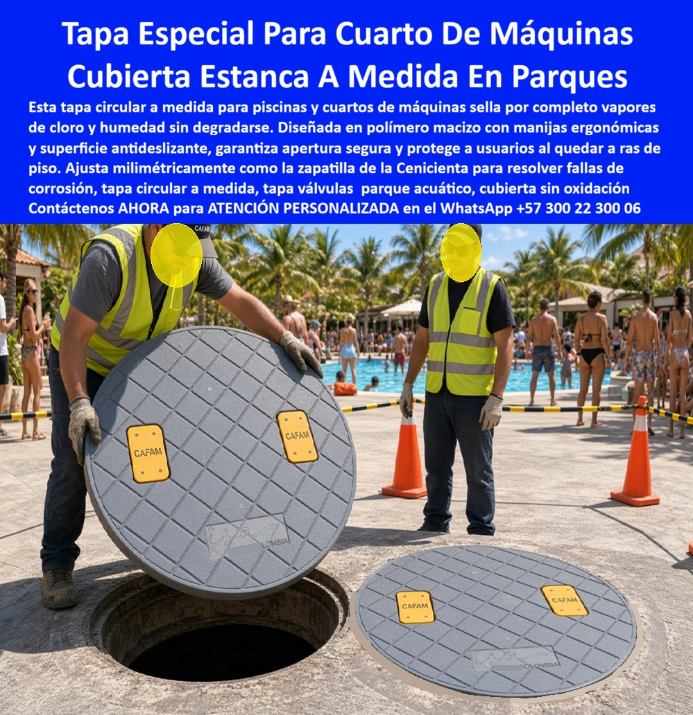 Tapa Especial Cuarto De Máquinas Tapa estanca de inspección Maderplast - Tapa especial cuarto de máquinas: cubierta estanca a medida en zona recreativa acuática Dos técnicos levantan con manijas ergonómicas esta tapa circular a medida mientras, al fondo, decenas de bañistas disfrutan la piscina bajo palmeras y sol directo: ese contraste entre el área de recreación activa y el punto de acceso técnico oculto bajo el piso resume la exigencia real de esta pieza, operar de forma segura e invisible en un entorno de alta afluencia pública donde cualquier falla representa riesgo inmediato para usuarios, muchos de ellos niños. Esta tapa especial de Maderplast, diseñada para cuarto de máquinas de piscinas, cuarto de bombas y equipos de parque acuático, sella por completo vapores de cloro y humedad sin degradarse, resolviendo el problema estructural que enfrenta cualquier cubierta metálica expuesta a la atmósfera corrosiva típica de una sala de bombeo, filtración y dosificación química. Fabricada en polímero macizo, está cubierta estanca a medida se ajusta milimétricamente a la geometría exacta de cada pozo de válvulas, garantizando sellado hermético perfecto sin las holguras que en tapas genéricas permiten el escape de vapor corrosivo hacia el ambiente exterior. Sus manijas ergonómicas garantizan una apertura segura para el personal de mantenimiento, reduciendo el esfuerzo físico y el riesgo de lesión al levantar una pieza liviana pese a su tamaño, gracias a su construcción en material técnico. La superficie antideslizante resulta determinante en una zona donde el piso permanece húmedo de forma constante por el tránsito de bañistas descalzos, protegiendo tanto al personal técnico como a los visitantes que circulan cerca del punto de acceso. Al quedar instalada a ras de piso, esta tapa pozo elimina el riesgo de tropiezo en una zona de alta resistencia y alta circulación peatonal descalza propia de zonas recreativas, una condición de seguridad que ninguna instalación de este tipo puede pasar por alto. Frente al hierro fundido, que se corroe con extrema rapidez ante la exposición constante a cloro y humedad de ambiente cerrado, esta cubierta sin oxidación y anticorrosiva conserva su geometría y su condición impermeable durante años de operación continua sin el mantenimiento correctivo que exige reemplazar tapas metálicas deterioradas cada pocas temporadas. Su función resulta igualmente válida como tapa cuarto hidráulico de spa, resolviendo el mismo problema de corrosión con la misma exactitud milimétrica con la que encaja una pieza hecha a medida exacta, sin holguras ni desajustes posteriores. Los ensayos de resistencia y hermeticidad de este material están documentados por Maderplast en pruebas presenciales de laboratorio especializado, visibles en su canal oficial de YouTube; y para administradores de parques, clubes o centros vacacionales que requieran verificación adicional antes de aprobar la instalación, Maderplast asume el costo de una prueba certificada en el laboratorio ONAC que elijan. Con certificación ISO 9001 en diseño y desarrollo e ISO 14000 ambiental, este sistema se fabrica mediante diseño y fabricación a medida según diámetro exacto y ubicación del cuarto técnico, con producción en serie para complejos recreativos de múltiples piscinas. Cuando se trata de proteger cuartos técnicos en zonas recreativas de alta afluencia pública, Maderplast convierte la corrosión constante por cloro en una solución estanca, segura y verificable. Solicite ficha técnica y cotización para su proyecto. Contáctenos AHORA para ATENCIÓN PERSONALIZADA en el WhatsApp +57 300 22 300 06 Tapa cuarto hidraulico de spa impermeable liviana, Tapa Cuarto De Bombas En Parque Acuático, Tapa Pozo Con Manijas Alta Resistencia Zonas Recreativas, Tapa cuarto máquinas A Tapa Especial Cuarto De Máquinas Tapa estanca de inspección Maderplast Tapa cuarto hidraulico de spa impermeable liviana Tapa Cuarto De Bombas En Parque Acuático Tapa Pozo Con Manijas Alta Resistencia Zonas Recreativas Tapa cuarto máquinas A Tapa especial cuarto de máquinas: cubierta estanca a medida en zona recreativa acuática Dos técnicos levantan con manijas ergonómicas esta tapa circular a medida mientras, al fondo, decenas de bañistas disfrutan la piscina bajo palmeras y sol directo: ese contraste entre el área de recreación activa y el punto de acceso técnico oculto bajo el piso resume la exigencia real de esta pieza, operar de forma segura e invisible en un entorno de alta afluencia pública donde cualquier falla representa riesgo inmediato para usuarios, muchos de ellos niños. Esta tapa especial de Maderplast, diseñada para cuarto de máquinas de piscinas, cuarto de bombas y equipos de parque acuático, sella por completo vapores de cloro y humedad sin degradarse, resolviendo el problema estructural que enfrenta cualquier cubierta metálica expuesta a la atmósfera corrosiva típica de una sala de bombeo, filtración y dosificación química. Fabricada en polímero macizo, está cubierta estanca a medida se ajusta milimétricamente a la geometría exacta de cada pozo de válvulas, garantizando sellado hermético perfecto sin las holguras que en tapas genéricas permiten el escape de vapor corrosivo hacia el ambiente exterior. Sus manijas ergonómicas garantizan una apertura segura para el personal de mantenimiento, reduciendo el esfuerzo físico y el riesgo de lesión al levantar una pieza liviana pese a su tamaño, gracias a su construcción en material técnico. La superficie antideslizante resulta determinante en una zona donde el piso permanece húmedo de forma constante por el tránsito de bañistas descalzos, protegiendo tanto al personal técnico como a los visitantes que circulan cerca del punto de acceso. Al quedar instalada a ras de piso, esta tapa pozo elimina el riesgo de tropiezo en una zona de alta resistencia y alta circulación peatonal descalza propia de zonas recreativas, una condición de seguridad que ninguna instalación de este tipo puede pasar por alto. Frente al hierro fundido, que se corroe con extrema rapidez ante la exposición constante a cloro y humedad de ambiente cerrado, esta cubierta sin oxidación y anticorrosiva conserva su geometría y su condición impermeable durante años de operación continua sin el mantenimiento correctivo que exige reemplazar tapas metálicas deterioradas cada pocas temporadas. Su función resulta igualmente válida como tapa cuarto hidráulico de spa, resolviendo el mismo problema de corrosión con la misma exactitud milimétrica con la que encaja una pieza hecha a medida exacta, sin holguras ni desajustes posteriores. Los ensayos de resistencia y hermeticidad de este material están documentados por Maderplast en pruebas presenciales de laboratorio especializado, visibles en su canal oficial de YouTube; y para administradores de parques, clubes o centros vacacionales que requieran verificación adicional antes de aprobar la instalación, Maderplast asume el costo de una prueba certificada en el laboratorio ONAC que elijan. Con certificación ISO 9001 en diseño y desarrollo e ISO 14000 ambiental, este sistema se fabrica mediante diseño y fabricación a medida según diámetro exacto y ubicación del cuarto técnico, con producción en serie para complejos recreativos de múltiples piscinas. Cuando se trata de proteger cuartos técnicos en zonas recreativas de alta afluencia pública, Maderplast convierte la corrosión constante por cloro en una solución estanca, segura y verificable. Solicite ficha técnica y cotización para su proyecto. Contáctenos AHORA para ATENCIÓN PERSONALIZADA en el WhatsApp +57 300 22 300 06