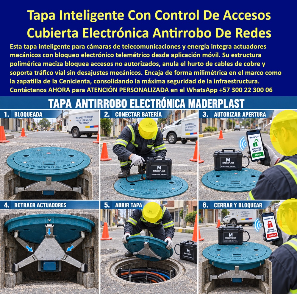 Tapa Inteligente Control De Acceso Tapa Telemétrica Maderplast - Descripción Meta Detallada de Este Producto: Tapa inteligente con control de accesos, fabricada por Maderplast: cubierta electrónica antirrobo para redes de telecomunicaciones y energía, bloqueo telemétrico desde aplicación móvil, anula el hurto de cable de cobre. Tapa inteligente con control de accesos: seis pasos de un protocolo electrónico antirrobo Seis fotografías numeradas documentan el protocolo completo de esta tecnología: tapa bloqueada en reposo sobre la calle, técnico conectando la batería del sistema de alimentación temporal, autorización de apertura vía aplicación móvil con notificación en pantalla, actuadores mecánicos extrayéndose de forma sincronizada, acceso abierto mostrando el cableado de fibra óptica protegido en el interior, y finalmente el cierre con bloqueo confirmado desde el celular. Este procedimiento paso a paso no es una simulación, es el flujo operativo real que enfrenta cualquier técnico autorizado antes de acceder a una cámara de telecomunicaciones protegida por este sistema. Esta tapa inteligente de Maderplast integra actuadores mecánicos con bloqueo electrónico telemétrico controlado desde aplicación móvil, una solución diseñada específicamente para redes de telecomunicaciones y energía donde el hurto de cables de cobre representa una de las pérdidas operativas más frecuentes y costosas del sector. A diferencia de una tapa convencional que cualquier persona con herramienta básica puede forzar, este sistema exige autorización remota verificada antes de permitir la apertura física, convirtiendo cada punto de acceso en un nodo controlado dentro de la infraestructura crítica de la red. Su estructura polimérica maciza bloquea accesos no autorizados mediante actuadores que se despliegan y retraen de forma sincronizada, un mecanismo que combina la resistencia estructural del material técnico con la capacidad de gestión digital propia de un sistema telemétrico moderno. Esta cubierta electrónica antirrobo soporta además tráfico vial sin generar desajustes mecánicos, garantizando que la funcionalidad de seguridad electrónica no comprometa la resistencia estructural que la tapa debe mantener bajo el paso de vehículos sobre la vía pública. El ajuste de esta pieza sobre su marco es tan preciso que encaja de forma milimétrica sin holgura mecánica que comprometa el sellado del sistema de bloqueo, consolidando la máxima seguridad de la infraestructura protegida. Para operadores de redes de fibra óptica, energía o telecomunicaciones que gestionan cientos de puntos de acceso distribuidos en zonas urbanas de difícil vigilancia física constante, este sistema de apertura remota reduce sustancialmente el riesgo de intrusión sin depender de personal de seguridad presencial en cada punto. La resistencia estructural de este material está documentada por Maderplast en pruebas presenciales de laboratorio especializado, visibles en su canal oficial de YouTube; y para operadores de infraestructura crítica que requieran verificación adicional del sistema de bloqueo antes de aprobar un despliegue masivo, Maderplast asume el costo de una prueba certificada en el laboratorio ONAC de su elección, o coordina una demostración presencial del protocolo completo de autorización. Con certificación ISO 9001 en diseño y desarrollo e ISO 14000 ambiental, este sistema se fabrica mediante diseño y fabricación a medida según diámetro y configuración de red, con producción en serie para programas de protección de infraestructura crítica de gran cobertura. Cuando se trata de eliminar el hurto de cableado con tecnología de control de acceso verificable, Maderplast convierte cada pozo en un punto de acceso gestionado y trazable. Solicite ficha técnica y demostración del sistema para su red. Contáctenos AHORA para ATENCIÓN PERSONALIZADA en el WhatsApp +57 300 22 300 06 Tapa Automática Para Pozo Con Bloqueo Electrónico, Tapa Electrónica Antirrobo Con Apertura Remota, Tapa Inspección Control Remoto App Evita Robo De Cables, Tapa Automatizada Pozos a Tapa Inteligente Control De Acceso Tapa Telemétrica Maderplast Tapa Automática Para Pozo Con Bloqueo Electrónico Tapa Electrónica Antirrobo Con Apertura Remota Tapa Inspección Control Remoto App Evita Robo De Cables Tapa Automatizada Pozos a Descripción Meta Detallada de Este Producto: Tapa inteligente con control de accesos, fabricada por Maderplast: cubierta electrónica antirrobo para redes de telecomunicaciones y energía, bloqueo telemétrico desde aplicación móvil, anula el hurto de cable de cobre. Tapa inteligente con control de accesos: seis pasos de un protocolo electrónico antirrobo Seis fotografías numeradas documentan el protocolo completo de esta tecnología: tapa bloqueada en reposo sobre la calle, técnico conectando la batería del sistema de alimentación temporal, autorización de apertura vía aplicación móvil con notificación en pantalla, actuadores mecánicos extrayéndose de forma sincronizada, acceso abierto mostrando el cableado de fibra óptica protegido en el interior, y finalmente el cierre con bloqueo confirmado desde el celular. Este procedimiento paso a paso no es una simulación, es el flujo operativo real que enfrenta cualquier técnico autorizado antes de acceder a una cámara de telecomunicaciones protegida por este sistema. Esta tapa inteligente de Maderplast integra actuadores mecánicos con bloqueo electrónico telemétrico controlado desde aplicación móvil, una solución diseñada específicamente para redes de telecomunicaciones y energía donde el hurto de cables de cobre representa una de las pérdidas operativas más frecuentes y costosas del sector. A diferencia de una tapa convencional que cualquier persona con herramienta básica puede forzar, este sistema exige autorización remota verificada antes de permitir la apertura física, convirtiendo cada punto de acceso en un nodo controlado dentro de la infraestructura crítica de la red. Su estructura polimérica maciza bloquea accesos no autorizados mediante actuadores que se despliegan y retraen de forma sincronizada, un mecanismo que combina la resistencia estructural del material técnico con la capacidad de gestión digital propia de un sistema telemétrico moderno. Esta cubierta electrónica antirrobo soporta además tráfico vial sin generar desajustes mecánicos, garantizando que la funcionalidad de seguridad electrónica no comprometa la resistencia estructural que la tapa debe mantener bajo el paso de vehículos sobre la vía pública. El ajuste de esta pieza sobre su marco es tan preciso que encaja de forma milimétrica sin holgura mecánica que comprometa el sellado del sistema de bloqueo, consolidando la máxima seguridad de la infraestructura protegida. Para operadores de redes de fibra óptica, energía o telecomunicaciones que gestionan cientos de puntos de acceso distribuidos en zonas urbanas de difícil vigilancia física constante, este sistema de apertura remota reduce sustancialmente el riesgo de intrusión sin depender de personal de seguridad presencial en cada punto. La resistencia estructural de este material está documentada por Maderplast en pruebas presenciales de laboratorio especializado, visibles en su canal oficial de YouTube; y para operadores de infraestructura crítica que requieran verificación adicional del sistema de bloqueo antes de aprobar un despliegue masivo, Maderplast asume el costo de una prueba certificada en el laboratorio ONAC de su elección, o coordina una demostración presencial del protocolo completo de autorización. Con certificación ISO 9001 en diseño y desarrollo e ISO 14000 ambiental, este sistema se fabrica mediante diseño y fabricación a medida según diámetro y configuración de red, con producción en serie para programas de protección de infraestructura crítica de gran cobertura. Cuando se trata de eliminar el hurto de cableado con tecnología de control de acceso verificable, Maderplast convierte cada pozo en un punto de acceso gestionado y trazable. Solicite ficha técnica y demostración del sistema para su red. Contáctenos AHORA para ATENCIÓN PERSONALIZADA en el WhatsApp +57 300 22 300 06