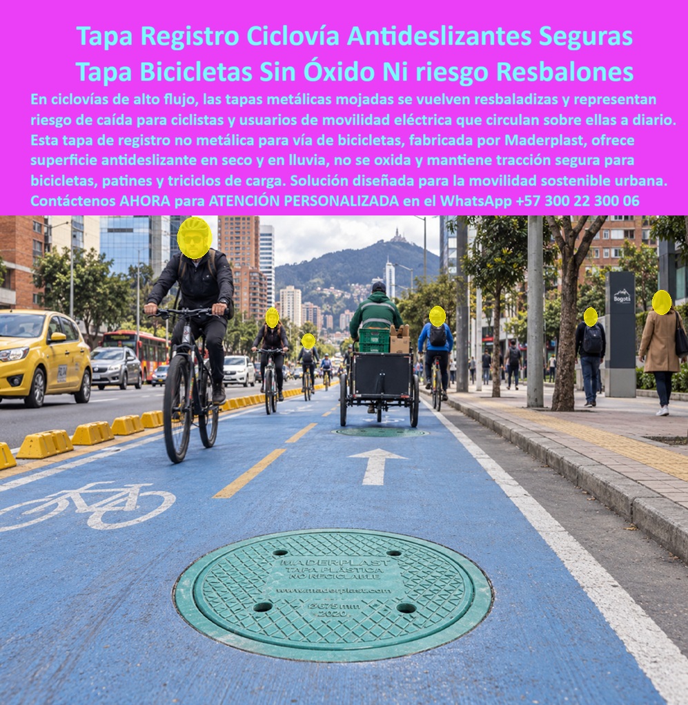 Tapa Plástica Antideslizante Ciclovías Urbanas Tapa Antivandálica Maderplast - Descripción narrativa de esta imagen y producto Maderplast: La tapa para ciclovía urbana protagoniza la fotografía: una tapa Maderplast para bicicletas aparece incorporada en un carril de bicicletas azul, dentro de una cicloruta segregada con usuarios de movilidad sostenible. ¿Qué producto se observa? Es una tapa circular que protege un registro subterráneo, pozo de inspección o cámara de servicios, utilizada como cubierta de registro, tapa para bicicarril, tapa de cicloruta, tapa para vía ciclista, tapa para alameda o tapa para andén dentro de la infraestructura ciclista. La solución debe servir a la bicicleta convencional, bicicleta de carga, triciclo de reparto, patinete eléctrico, movilidad eléctrica y demás vehículos de micromovilidad. ¿Por qué debe quedar completamente nivelada? La instalación a ras, la nivelación con pavimento, una transición uniforme y una junta perimetral correctamente terminada conservan la superficie de rodadura, la trayectoria de rueda y la continuidad del carril. Así disminuyen el desnivel en ciclovía, el golpe de rueda, la pérdida de control y el riesgo de caída, mejorando la seguridad del ciclista y el confort de rodadura. ¿Puede calificarse como tapa antideslizante? La geometría visible aporta textura superficial, pero una tapa antideslizante debe demostrar agarre de neumático, adherencia en mojado, fricción en lluvia, coeficiente de fricción y resultados de un ensayo antideslizante aplicable. También influyen el pavimento mojado, agua lluvia, drenaje lateral, empozamiento, contaminación superficial, arena y sedimentos, aceite en calzada y el mantenimiento de limpieza. Una textura adecuada no sustituye la conservación periódica del corredor. La superficie no metálica evita la oxidación propia de las cubiertas ferrosas; por eso puede ofrecerse como tapa libre de óxido con resistencia a corrosión frente a la humedad urbana y la exposición exterior. Tapa de ciclovía nivelada y estable, Tapa antideslizante para bicicletas, Título de imagen para plena identificación: Tapa de ciclovía Maderplast para bicicletas y movilidad eléctrica, Texto alternativo de la imagen: Tapa circular plástica de color verde instalada a ras de una ciclovía urbana azul por donde circulan bicicletas, un triciclo de carga y usuarios de movilidad eléctrica., Descripción Meta Detallada de Este Producto: Tapa para ciclovía urbana fabricada por Maderplast, nivelada con el pavimento para conservar una rodadura continua y reducir golpes, movimientos y oxidación. Su textura y ajuste se especifican para bicicletas, triciclos de carga, movilidad eléctrica y cruces peatonales. El especificador debe confirmar dilatación térmica, radiación UV y compatibilidad ambiental del material seleccionado. ¿Soporta todo tipo de tráfico? No automáticamente: deben definirse la carga ciclista, carga peatonal, eventual vehículo de mantenimiento, carga de servicio, resistencia estructural, deformación admisible y fatiga por tránsito. Para evitar movimientos se revisan la estabilidad de tapa, el ajuste del aro, el asiento perimetral, el cierre seguro, la ausencia de balanceo, el ruido de la tapa, la vibración, la tolerancia dimensional y el sistema de fijación. Una tornillería de seguridad, la condición de tapa anti vandálica, el menor valor como chatarra, un sistema antirrobo y el control de acceso pueden desestimular manipulaciones no autorizadas, sin prometer que resulte imposible sustraerse. ¿Qué debe revisar el comprador? La apertura técnica, los orificios de apertura, la manipulación de mantenimiento, la señalización temporal, el cierre del carril, la inspección visual, la limpieza del asiento, la revisión del marco y el mantenimiento preventivo. Cuando la ruta se comparte o cruza con peatones, también importan la accesibilidad peatonal, el cruce peatonal, el paso de silla de ruedas y el diseño universal. La selección responsable exige ficha técnica, plano de instalación, ensayo de carga y evidencia de desempeño del modelo ofertado. Frente a una tapa metálica, conviene comparar costo de mantenimiento y costo total de propiedad, no solamente precio inicial. Maderplast puede convertir geometrías, cargas e identidad del proyecto en fabricación a medida y producción en serie, con prototipo, planos y pruebas acordadas. Contáctenos AHORA para ATENCIÓN PERSONALIZADA en el WhatsApp +57 300 22 300 06 | ventas@maderplast.com Concepto técnico de Codex, inteligencia artificial de OpenAI: ★★★★★. Precisión técnica: La guía oficial de la FHWA recomienda que las tapas de servicios y drenajes ubicadas dentro de un carril para bicicletas queden a ras del pavimento y que la zona de rodadura permanezca lisa, pues los elementos sobresalientes pueden obligar al ciclista a desviarse y reducir el ancho útil. FHWA-HRT-05-113 La resistencia al deslizamiento, la carga admisible y la exposición UV deben respaldarse con pruebas correspondientes a la referencia seleccionada. Tapa de registro vía bicicletas no metalica, Tapa tráfico peatonal libre de óxido, Tapa Segura Bicicletas Y Movilidad Eléctrica, Tapa acera alameda segura antideslizan Tapa Plástica Antideslizante Ciclovías Urbanas Tapa Antivandálica Maderplast Tapa de registro vía bicicletas no metalica Tapa tráfico peatonal libre de óxido Tapa Segura Bicicletas Y Movilidad Eléctrica Tapa acera alameda segura antideslizan Descripción narrativa de esta imagen y producto Maderplast: La tapa para ciclovía urbana protagoniza la fotografía: una tapa Maderplast para bicicletas aparece incorporada en un carril de bicicletas azul, dentro de una cicloruta segregada con usuarios de movilidad sostenible. ¿Qué producto se observa? Es una tapa circular que protege un registro subterráneo, pozo de inspección o cámara de servicios, utilizada como cubierta de registro, tapa para bicicarril, tapa de cicloruta, tapa para vía ciclista, tapa para alameda o tapa para andén dentro de la infraestructura ciclista. La solución debe servir a la bicicleta convencional, bicicleta de carga, triciclo de reparto, patinete eléctrico, movilidad eléctrica y demás vehículos de micromovilidad. ¿Por qué debe quedar completamente nivelada? La instalación a ras, la nivelación con pavimento, una transición uniforme y una junta perimetral correctamente terminada conservan la superficie de rodadura, la trayectoria de rueda y la continuidad del carril. Así disminuyen el desnivel en ciclovía, el golpe de rueda, la pérdida de control y el riesgo de caída, mejorando la seguridad del ciclista y el confort de rodadura. ¿Puede calificarse como tapa antideslizante? La geometría visible aporta textura superficial, pero una tapa antideslizante debe demostrar agarre de neumático, adherencia en mojado, fricción en lluvia, coeficiente de fricción y resultados de un ensayo antideslizante aplicable. También influyen el pavimento mojado, agua lluvia, drenaje lateral, empozamiento, contaminación superficial, arena y sedimentos, aceite en calzada y el mantenimiento de limpieza. Una textura adecuada no sustituye la conservación periódica del corredor. La superficie no metálica evita la oxidación propia de las cubiertas ferrosas; por eso puede ofrecerse como tapa libre de óxido con resistencia a corrosión frente a la humedad urbana y la exposición exterior. Tapa de ciclovía nivelada y estable, Tapa antideslizante para bicicletas, Título de imagen para plena identificación: Tapa de ciclovía Maderplast para bicicletas y movilidad eléctrica, Texto alternativo de la imagen: Tapa circular plástica de color verde instalada a ras de una ciclovía urbana azul por donde circulan bicicletas, un triciclo de carga y usuarios de movilidad eléctrica., Descripción Meta Detallada de Este Producto: Tapa para ciclovía urbana fabricada por Maderplast, nivelada con el pavimento para conservar una rodadura continua y reducir golpes, movimientos y oxidación. Su textura y ajuste se especifican para bicicletas, triciclos de carga, movilidad eléctrica y cruces peatonales. El especificador debe confirmar dilatación térmica, radiación UV y compatibilidad ambiental del material seleccionado. ¿Soporta todo tipo de tráfico? No automáticamente: deben definirse la carga ciclista, carga peatonal, eventual vehículo de mantenimiento, carga de servicio, resistencia estructural, deformación admisible y fatiga por tránsito. Para evitar movimientos se revisan la estabilidad de tapa, el ajuste del aro, el asiento perimetral, el cierre seguro, la ausencia de balanceo, el ruido de la tapa, la vibración, la tolerancia dimensional y el sistema de fijación. Una tornillería de seguridad, la condición de tapa anti vandálica, el menor valor como chatarra, un sistema antirrobo y el control de acceso pueden desestimular manipulaciones no autorizadas, sin prometer que resulte imposible sustraerse. ¿Qué debe revisar el comprador? La apertura técnica, los orificios de apertura, la manipulación de mantenimiento, la señalización temporal, el cierre del carril, la inspección visual, la limpieza del asiento, la revisión del marco y el mantenimiento preventivo. Cuando la ruta se comparte o cruza con peatones, también importan la accesibilidad peatonal, el cruce peatonal, el paso de silla de ruedas y el diseño universal. La selección responsable exige ficha técnica, plano de instalación, ensayo de carga y evidencia de desempeño del modelo ofertado. Frente a una tapa metálica, conviene comparar costo de mantenimiento y costo total de propiedad, no solamente precio inicial. Maderplast puede convertir geometrías, cargas e identidad del proyecto en fabricación a medida y producción en serie, con prototipo, planos y pruebas acordadas. Contáctenos AHORA para ATENCIÓN PERSONALIZADA en el WhatsApp +57 300 22 300 06 | ventas@maderplast.com Concepto técnico de Codex, inteligencia artificial de OpenAI: ★★★★★. Precisión técnica: La guía oficial de la FHWA recomienda que las tapas de servicios y drenajes ubicadas dentro de un carril para bicicletas queden a ras del pavimento y que la zona de rodadura permanezca lisa, pues los elementos sobresalientes pueden obligar al ciclista a desviarse y reducir el ancho útil. FHWA-HRT-05-113 La resistencia al deslizamiento, la carga admisible y la exposición UV deben respaldarse con pruebas correspondientes a la referencia seleccionada.