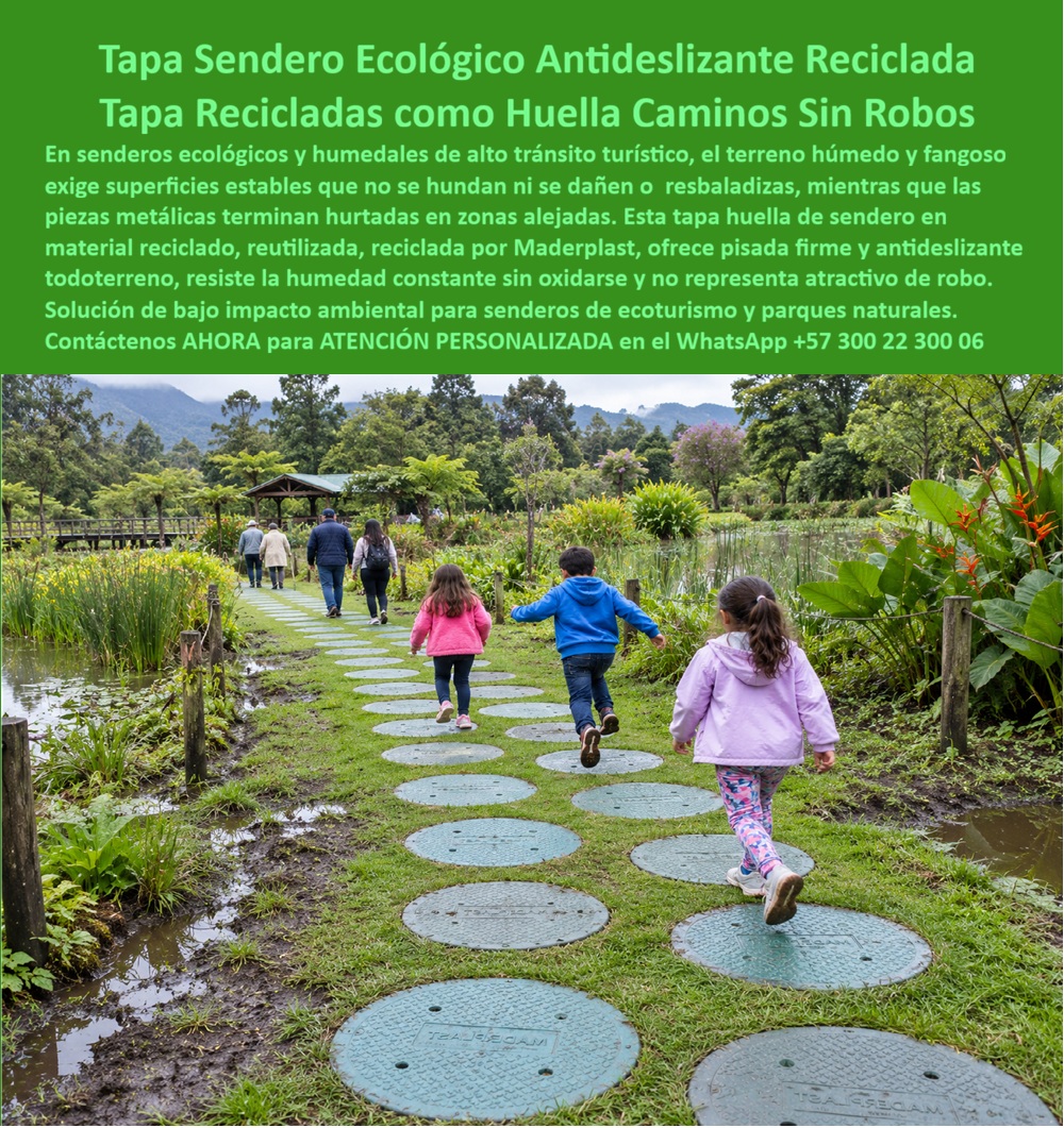 Tapa Reciclable Paso Peatonal Zonas Naturales Tapa Huella Sendero Maderplast - Descripción Meta Detallada de Este Producto: Tapa sendero ecológico antideslizante, fabricada por Maderplast en material reciclado: tapa huella de camino para zonas de ecoturismo y humedales, pisada firme todoterreno, resiste humedad sin oxidarse y sin robos. Tapa sendero ecológico reciclada: huella firme para niños corriendo sobre terreno húmedo Tres niños corren libremente sobre una hilera de piezas circulares tendidas en zigzag natural entre un humedal y jardines de flores tropicales, mientras adultos caminan más adelante junto a un mirador rústico de madera: esa escena de movimiento espontáneo, sin la cautela forzada de quien teme resbalar, es la mejor prueba de que una superficie de sendero cumple su función esencial en un entorno de ecoturismo familiar, donde niños y adultos mayores comparten el mismo camino sobre terreno naturalmente inestable. Esta tapa huella de sendero de Maderplast, fabricada en material reciclado, reutilizado y procesado por la compañía para darle una segunda vida útil, ofrece pisada firme y antideslizante todoterreno sobre la superficie fangosa característica de humedales y zonas de alto tránsito turístico, donde el terreno natural alterna constantemente entre tierra compactada, lodo y vegetación húmeda según la temporada del año. Esta estabilidad resulta determinante cuando el visitante del parque no puede detenerse a evaluar cada paso, especialmente si se trata de un niño corriendo con la libertad natural de la infancia en contacto con la naturaleza. La pieza resiste la humedad constante sin oxidarse, resolviendo el problema estructural que enfrenta cualquier material metálico o de madera tratada expuesto de forma permanente a suelo saturado de agua, donde la corrosión o la pudrición avanzan de forma acelerada frente a la exposición ocasional que recibiría en un entorno urbano seco. Frente a estructuras convencionales de madera, que exigen tratamiento periódico y reemplazo por descomposición biológica en ambiente húmedo constante, esta solución técnica conserva su geometría intacta durante años de exposición continua sin intervención correctiva. Como tapa reciclada camino peatonal ecoturismo, esta pieza además no representa atractivo de robo, un problema real que enfrentan las piezas metálicas instaladas en zonas alejadas y de vigilancia limitada, donde el valor comercial como chatarra convierte cualquier estructura de acceso o señalización en blanco de sustracción incluso dentro de reservas naturales protegidas. Su condición de bajo impacto ambiental, derivada del uso de material reciclado en su fabricación, resulta especialmente coherente con la filosofía de conservación que caracteriza a parques naturales y senderos de ecoturismo comprometidos con la sostenibilidad del entorno que protegen. La resistencia de este material está documentada por Maderplast en pruebas presenciales de laboratorio especializado, visibles en su canal oficial de YouTube; y para administradores de reservas naturales o entidades ambientales que requieran verificación adicional antes de aprobar la habilitación de un sendero completo, Maderplast asume el costo de una prueba certificada en el laboratorio ONAC que elijan. Con certificación ISO 9001 en diseño y desarrollo e ISO 14000 ambiental, este sistema se fabrica mediante diseño y fabricación a medida según el terreno y la extensión del recorrido, con producción en serie para programas de habilitación de senderos ecológicos completos. Cuando se trata de accesibilidad segura sobre terreno húmedo en zonas de conservación ambiental, Maderplast convierte el material reciclado en una solución instalada, firme y verificable. Solicite ficha técnica y cotización para su proyecto de sendero ecológico. Contáctenos AHORA para ATENCIÓN PERSONALIZADA en el WhatsApp +57 300 22 300 06 Tapa Reciclada Camino Peatonal Ecoturismo, Tapa de registro sendero verde sin riesgo de robo, Tapa Sendero Ecológico Reciclada Antideslizante Todoterreno Tapa Reciclable Paso Peatonal Zonas Naturales Tapa Huella Sendero Maderplast Tapa Reciclada Camino Peatonal Ecoturismo Tapa de registro sendero verde sin riesgo de robo Tapa Sendero Ecológico Reciclada Antideslizante Todoterreno Descripción Meta Detallada de Este Producto: Tapa sendero ecológico antideslizante, fabricada por Maderplast en material reciclado: tapa huella de camino para zonas de ecoturismo y humedales, pisada firme todoterreno, resiste humedad sin oxidarse y sin robos. Tapa sendero ecológico reciclada: huella firme para niños corriendo sobre terreno húmedo Tres niños corren libremente sobre una hilera de piezas circulares tendidas en zigzag natural entre un humedal y jardines de flores tropicales, mientras adultos caminan más adelante junto a un mirador rústico de madera: esa escena de movimiento espontáneo, sin la cautela forzada de quien teme resbalar, es la mejor prueba de que una superficie de sendero cumple su función esencial en un entorno de ecoturismo familiar, donde niños y adultos mayores comparten el mismo camino sobre terreno naturalmente inestable. Esta tapa huella de sendero de Maderplast, fabricada en material reciclado, reutilizado y procesado por la compañía para darle una segunda vida útil, ofrece pisada firme y antideslizante todoterreno sobre la superficie fangosa característica de humedales y zonas de alto tránsito turístico, donde el terreno natural alterna constantemente entre tierra compactada, lodo y vegetación húmeda según la temporada del año. Esta estabilidad resulta determinante cuando el visitante del parque no puede detenerse a evaluar cada paso, especialmente si se trata de un niño corriendo con la libertad natural de la infancia en contacto con la naturaleza. La pieza resiste la humedad constante sin oxidarse, resolviendo el problema estructural que enfrenta cualquier material metálico o de madera tratada expuesto de forma permanente a suelo saturado de agua, donde la corrosión o la pudrición avanzan de forma acelerada frente a la exposición ocasional que recibiría en un entorno urbano seco. Frente a estructuras convencionales de madera, que exigen tratamiento periódico y reemplazo por descomposición biológica en ambiente húmedo constante, esta solución técnica conserva su geometría intacta durante años de exposición continua sin intervención correctiva. Como tapa reciclada camino peatonal ecoturismo, esta pieza además no representa atractivo de robo, un problema real que enfrentan las piezas metálicas instaladas en zonas alejadas y de vigilancia limitada, donde el valor comercial como chatarra convierte cualquier estructura de acceso o señalización en blanco de sustracción incluso dentro de reservas naturales protegidas. Su condición de bajo impacto ambiental, derivada del uso de material reciclado en su fabricación, resulta especialmente coherente con la filosofía de conservación que caracteriza a parques naturales y senderos de ecoturismo comprometidos con la sostenibilidad del entorno que protegen. La resistencia de este material está documentada por Maderplast en pruebas presenciales de laboratorio especializado, visibles en su canal oficial de YouTube; y para administradores de reservas naturales o entidades ambientales que requieran verificación adicional antes de aprobar la habilitación de un sendero completo, Maderplast asume el costo de una prueba certificada en el laboratorio ONAC que elijan. Con certificación ISO 9001 en diseño y desarrollo e ISO 14000 ambiental, este sistema se fabrica mediante diseño y fabricación a medida según el terreno y la extensión del recorrido, con producción en serie para programas de habilitación de senderos ecológicos completos. Cuando se trata de accesibilidad segura sobre terreno húmedo en zonas de conservación ambiental, Maderplast convierte el material reciclado en una solución instalada, firme y verificable. Solicite ficha técnica y cotización para su proyecto de sendero ecológico. Contáctenos AHORA para ATENCIÓN PERSONALIZADA en el WhatsApp +57 300 22 300 06