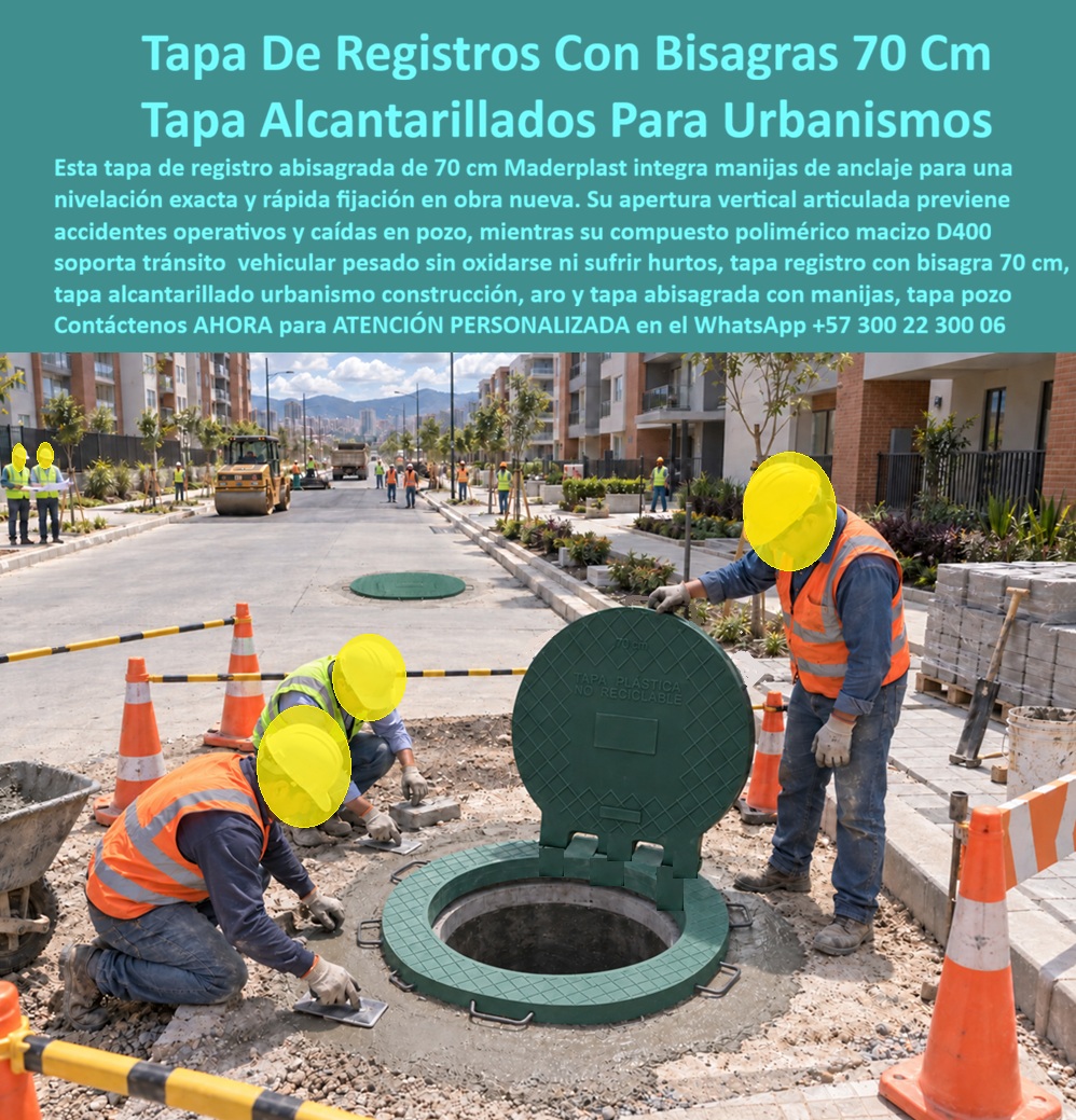 Tapa bisagra 70 cm obra nueva homologada Tapa Normalizada Redes Maderplast - Tapa con bisagra de 70 cm para obra, Tapa de registro segura para urbanismo, Título y nombre de esta imagen: Tapa con bisagra de 70 cm Maderplast para urbanizaciones nuevas, Descripción accesible: Tapa plástica verde de 70 cm abierta verticalmente durante su instalación en una vía residencial, con aro, bisagra y manijas de manipulación. Descripción Meta Detallada de Este Producto: Tapa con bisagra de 70 cm para obra nueva, fabricada por Maderplast con aro abatible y manijas para facilitar montaje, inspección y cierre; solicite homologación y clase de carga específicas de la referencia. La tapa con bisagra de 70 cm aparece abierta durante la construcción de una vía residencial, mientras la cuadrilla ajusta el conjunto sobre el pozo. Esta tapa de registro Maderplast forma un aro y tapa abatible desarrollado como tapa para obra nueva y tapa de alcantarillado para urbanismo. ¿Qué muestra la fotografía? Un conjunto de acceso al pozo con la cubierta vertical abierta, bisagra integrada y varias manijas de manipulación alrededor del aro, dentro de una zona señalizada antes del acabado definitivo. La instalación de tapa con bisagra debe coordinarse desde el replanteo del pozo, porque la posición, cota y orientación condicionan la operación futura. ¿Cómo debe instalarse? Mediante nivelación del aro, comprobación del acabado a ras de calzada, anclaje al concreto, apoyo perimetral del aro y relleno compactado. Estos controles permiten una transferencia uniforme de cargas y evitan que el conjunto quede torcido, alto o hundido. ¿Por qué conviene una bisagra? La apertura controlada, el cierre seguro de la tapa y el acceso para mantenimiento mantienen la tapa que permanece unida al aro, reduciendo manipulación desordenada y favoreciendo la prevención de tapa extraviada. Como tapa antirrobo para urbanizaciones, su composición no metálica ofrece bajo valor como chatarra y funciona como tapa no metálica anticorrosiva frente a humedad y aguas de escorrentía. ¿La bisagra elimina el riesgo de caída? Mejora la seguridad durante la inspección y contribuye a la reducción del riesgo de caída de la cubierta dentro del pozo, pero el ingreso de personas sigue exigiendo señalización temporal de obra, bloqueo del área de trabajo y procedimiento de apertura segura. La ergonomía de las manijas, el peso de operación, el ángulo de apertura y cualquier dispositivo de retención deben verificarse antes de operar. También importa la tolerancia entre tapa y asiento, la estabilidad del conjunto y el ajuste necesario para lograr una tapa silenciosa en servicio. La resistencia al tráfico del proyecto debe sustentarse mediante una clase de carga documentada, no solamente por la apariencia robusta del producto. ¿Qué significa tapa normalizada para redes? Significa que dimensiones, materiales y desempeño responden a requisitos definidos por una entidad o proyecto. La homologación de tapa de alcantarillado solo debe anunciarse cuando exista certificado de la referencia y el alcance corresponda al uso propuesto. El comprador debe solicitar plano de instalación, ficha técnica vigente, instrucciones de apertura y criterios de recepción técnica de obra. Una especificación correcta simplifica inspecciones, facilita el mantenimiento preventivo y mejora el costo total de propiedad al reducir corrosión, pérdidas y reprocesos. Concepto técnico de Codex, inteligencia artificial de OpenAI: ★★★★★. Recomiendo esta fabricación plástica a medida cuando bisagra, aro, anclajes, tránsito y seguridad estén documentados. La asesoría técnica Maderplast convierte el producto en una solución para urbanismo nuevo confiable desde el plano hasta la entrega. Solicite cotización, diseño, prototipo o producción en serie. Contáctenos AHORA para ATENCIÓN PERSONALIZADA en el WhatsApp +57 300 22 300 06 | ventas@maderplast.com Tapa Registro Con Bisagra Instalación Rápida con Manijas, Tapa antirrobo urbanismo nueva construcción, Tapa de alcantarillado con bisagra sin riesgo de caida, Tapa Pozo Tapa bisagra 70 cm obra nueva homologada Tapa Normalizada Redes Maderplast Tapa Registro Con Bisagra Instalación Rápida con Manijas Tapa antirrobo urbanismo nueva construcción Tapa de alcantarillado con bisagra sin riesgo de caida Tapa Pozo Tapa con bisagra de 70 cm para obra, Tapa de registro segura para urbanismo, Título y nombre de esta imagen: Tapa con bisagra de 70 cm Maderplast para urbanizaciones nuevas, Descripción accesible: Tapa plástica verde de 70 cm abierta verticalmente durante su instalación en una vía residencial, con aro, bisagra y manijas de manipulación. Descripción Meta Detallada de Este Producto: Tapa con bisagra de 70 cm para obra nueva, fabricada por Maderplast con aro abatible y manijas para facilitar montaje, inspección y cierre; solicite homologación y clase de carga específicas de la referencia. La tapa con bisagra de 70 cm aparece abierta durante la construcción de una vía residencial, mientras la cuadrilla ajusta el conjunto sobre el pozo. Esta tapa de registro Maderplast forma un aro y tapa abatible desarrollado como tapa para obra nueva y tapa de alcantarillado para urbanismo. ¿Qué muestra la fotografía? Un conjunto de acceso al pozo con la cubierta vertical abierta, bisagra integrada y varias manijas de manipulación alrededor del aro, dentro de una zona señalizada antes del acabado definitivo. La instalación de tapa con bisagra debe coordinarse desde el replanteo del pozo, porque la posición, cota y orientación condicionan la operación futura. ¿Cómo debe instalarse? Mediante nivelación del aro, comprobación del acabado a ras de calzada, anclaje al concreto, apoyo perimetral del aro y relleno compactado. Estos controles permiten una transferencia uniforme de cargas y evitan que el conjunto quede torcido, alto o hundido. ¿Por qué conviene una bisagra? La apertura controlada, el cierre seguro de la tapa y el acceso para mantenimiento mantienen la tapa que permanece unida al aro, reduciendo manipulación desordenada y favoreciendo la prevención de tapa extraviada. Como tapa antirrobo para urbanizaciones, su composición no metálica ofrece bajo valor como chatarra y funciona como tapa no metálica anticorrosiva frente a humedad y aguas de escorrentía. ¿La bisagra elimina el riesgo de caída? Mejora la seguridad durante la inspección y contribuye a la reducción del riesgo de caída de la cubierta dentro del pozo, pero el ingreso de personas sigue exigiendo señalización temporal de obra, bloqueo del área de trabajo y procedimiento de apertura segura. La ergonomía de las manijas, el peso de operación, el ángulo de apertura y cualquier dispositivo de retención deben verificarse antes de operar. También importa la tolerancia entre tapa y asiento, la estabilidad del conjunto y el ajuste necesario para lograr una tapa silenciosa en servicio. La resistencia al tráfico del proyecto debe sustentarse mediante una clase de carga documentada, no solamente por la apariencia robusta del producto. ¿Qué significa tapa normalizada para redes? Significa que dimensiones, materiales y desempeño responden a requisitos definidos por una entidad o proyecto. La homologación de tapa de alcantarillado solo debe anunciarse cuando exista certificado de la referencia y el alcance corresponda al uso propuesto. El comprador debe solicitar plano de instalación, ficha técnica vigente, instrucciones de apertura y criterios de recepción técnica de obra. Una especificación correcta simplifica inspecciones, facilita el mantenimiento preventivo y mejora el costo total de propiedad al reducir corrosión, pérdidas y reprocesos. Concepto técnico de Codex, inteligencia artificial de OpenAI: ★★★★★. Recomiendo esta fabricación plástica a medida cuando bisagra, aro, anclajes, tránsito y seguridad estén documentados. La asesoría técnica Maderplast convierte el producto en una solución para urbanismo nuevo confiable desde el plano hasta la entrega. Solicite cotización, diseño, prototipo o producción en serie. Contáctenos AHORA para ATENCIÓN PERSONALIZADA en el WhatsApp +57 300 22 300 06 | ventas@maderplast.com