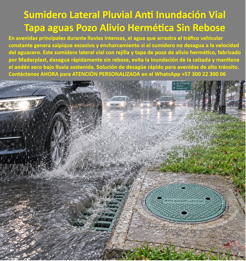 Tapa y sumidero sardinel sin empozamiento Sumidero andenes Maderplast - Descripción Meta Detallada de Este Producto: Sumidero lateral pluvial anti inundación vial, fabricado por Maderplast: tapa hermética para pozo de alivio sin rebose, desagüe rápido que evita el salpique del tránsito vehicular y mantiene el andén seco bajo lluvia sostenida. Sumidero lateral pluvial: desagüe rápido en avenida principal bajo lluvia intensa Un vehículo particular levanta una cortina de agua al cruzar sobre la calzada anegada, mientras el resto de la fila vehicular avanza entre reflejos de luces y aguacero sostenido: esa escena de avenida principal expone el efecto directo de un sistema de captación insuficiente, el salpique excesivo que compromete la visibilidad del conductor y el riesgo constante de hidroplaneo cuando el agua arrastrada por el tránsito no encuentra salida a la velocidad con que cae. Este sumidero lateral vial de Maderplast, con rejilla y tapa de pozo de alivio hermético, desagua rápidamente sin rebose, evacuando el volumen de agua que se acumula sobre la calzada durante lluvias de intensidad sostenida antes de que alcance niveles críticos para la circulación vehicular. Su capacidad de respuesta inmediata evita que la inundación de calzada se extienda hacia el carril de circulación, un fenómeno habitual en avenidas de alto tránsito donde el volumen de escorrentía supera con facilidad la capacidad de sistemas de captación convencionales o deteriorados por el tiempo. La condición hermética sin rebose de esta tapa aguas pozo alivio garantiza que el flujo capturado no retorne hacia la superficie por presión interna durante picos de precipitación, un fallo característico de sistemas con sellado deficiente que terminan generando el mismo encharcamiento que debían prevenir. Mientras la calzada vehicular recibe el impacto directo del salpique constante, este sistema mantiene el andén seco para el peatón que circula por la acera contigua, separando de forma efectiva la exposición al agua entre la vía de tránsito rodado y el espacio de circulación a pie. Fabricado en polímero técnico resistente a la exposición continua de humedad, este sumidero andenes no sufre la corrosión progresiva que degrada al hierro fundido bajo condiciones de lluvia sostenida y contacto permanente con agua de escorrentía. Los ensayos documentados por Maderplast en su canal oficial de YouTube —impacto y resistencia extrema con retroexcavadora, rotomartillo y mazo de construcción— confirman el comportamiento estructural de este material bajo condiciones severas de carga vehicular y exposición hídrica, situando esta boca de tormenta lateral vial entre las soluciones más eficientes de su categoría para control de inundaciones en avenidas de alto tránsito, con un costo total de propiedad muy inferior al de sistemas metálicos que exigen mantenimiento correctivo frecuente. El respaldo técnico incluye certificación ISO 9001 en diseño y desarrollo e ISO 14000 ambiental, y Maderplast asume el costo de una prueba de carga independiente en el laboratorio ONAC que el interventor del proyecto elija. Este sistema se fabrica mediante diseño y fabricación a medida según el caudal de diseño de cada tramo vial. Cuando se trata de desagüe rápido sin rebose en vías de alto tránsito, Maderplast es quien convierte el riesgo de inundación en una solución instalada y verificable. Solicite ficha técnica y cotización para su proyecto. Contáctenos AHORA para ATENCIÓN PERSONALIZADA en el WhatsApp +57 300 22 300 06Sumidero lateral pluvial anti inundacion vial, Boca de tormenta lateral vial, Tapa para pozo alivio pluvial hermetica sin rebose, Sumidero Lateral Vial Desagüe Rápido Lluvias Tapa y sumidero sardinel sin empozamiento Sumidero andenes Maderplast Sumidero lateral pluvial anti inundacion vial Boca de tormenta lateral vial Tapa para pozo alivio pluvial hermetica sin rebose Sumidero Lateral Vial Desagüe Rápido Lluvias Descripción Meta Detallada de Este Producto: Sumidero lateral pluvial anti inundación vial, fabricado por Maderplast: tapa hermética para pozo de alivio sin rebose, desagüe rápido que evita el salpique del tránsito vehicular y mantiene el andén seco bajo lluvia sostenida. Sumidero lateral pluvial: desagüe rápido en avenida principal bajo lluvia intensa Un vehículo particular levanta una cortina de agua al cruzar sobre la calzada anegada, mientras el resto de la fila vehicular avanza entre reflejos de luces y aguacero sostenido: esa escena de avenida principal expone el efecto directo de un sistema de captación insuficiente, el salpique excesivo que compromete la visibilidad del conductor y el riesgo constante de hidroplaneo cuando el agua arrastrada por el tránsito no encuentra salida a la velocidad con que cae. Este sumidero lateral vial de Maderplast, con rejilla y tapa de pozo de alivio hermético, desagua rápidamente sin rebose, evacuando el volumen de agua que se acumula sobre la calzada durante lluvias de intensidad sostenida antes de que alcance niveles críticos para la circulación vehicular. Su capacidad de respuesta inmediata evita que la inundación de calzada se extienda hacia el carril de circulación, un fenómeno habitual en avenidas de alto tránsito donde el volumen de escorrentía supera con facilidad la capacidad de sistemas de captación convencionales o deteriorados por el tiempo. La condición hermética sin rebose de esta tapa aguas pozo alivio garantiza que el flujo capturado no retorne hacia la superficie por presión interna durante picos de precipitación, un fallo característico de sistemas con sellado deficiente que terminan generando el mismo encharcamiento que debían prevenir. Mientras la calzada vehicular recibe el impacto directo del salpique constante, este sistema mantiene el andén seco para el peatón que circula por la acera contigua, separando de forma efectiva la exposición al agua entre la vía de tránsito rodado y el espacio de circulación a pie. Fabricado en polímero técnico resistente a la exposición continua de humedad, este sumidero andenes no sufre la corrosión progresiva que degrada al hierro fundido bajo condiciones de lluvia sostenida y contacto permanente con agua de escorrentía. Los ensayos documentados por Maderplast en su canal oficial de YouTube —impacto y resistencia extrema con retroexcavadora, rotomartillo y mazo de construcción— confirman el comportamiento estructural de este material bajo condiciones severas de carga vehicular y exposición hídrica, situando esta boca de tormenta lateral vial entre las soluciones más eficientes de su categoría para control de inundaciones en avenidas de alto tránsito, con un costo total de propiedad muy inferior al de sistemas metálicos que exigen mantenimiento correctivo frecuente. El respaldo técnico incluye certificación ISO 9001 en diseño y desarrollo e ISO 14000 ambiental, y Maderplast asume el costo de una prueba de carga independiente en el laboratorio ONAC que el interventor del proyecto elija. Este sistema se fabrica mediante diseño y fabricación a medida según el caudal de diseño de cada tramo vial. Cuando se trata de desagüe rápido sin rebose en vías de alto tránsito, Maderplast es quien convierte el riesgo de inundación en una solución instalada y verificable. Solicite ficha técnica y cotización para su proyecto. Contáctenos AHORA para ATENCIÓN PERSONALIZADA en el WhatsApp +57 300 22 300 06