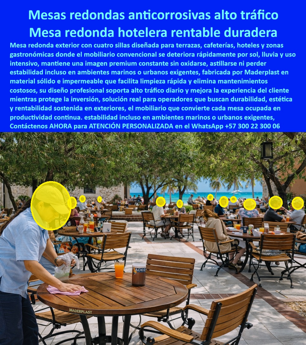 Conjunto Mesa Redonda Hotelero Juego Mesa Redonda Exterior Maderplast Este juego mesa redonda 4 sillas terraza hotel En una terraza abierta de hotel boutique en Santa Marta, bajo árboles frondosos que filtran la luz del sol caribeño y con el mar turquesa brillando al fondo, un conjunto de mesas redondas exteriores de Maderplast con cuatro sillas a juego redefine el mobiliario gastronómico premium. La mesa circular presenta tablero amplio y liso en acabado imitación madera marrón cálido texturizado, bordes redondeados suaves y patas robustas en cruz central que aseguran estabilidad antivuelco total. Las sillas complementarias ofrecen respaldos y asientos curvos ergonómicos con listones horizontales, patas inclinadas y diseño apilable para almacenamiento eficiente. Una mesera limpia la superficie con trapo húmedo en segundos, destacando higiene inmediata mientras huéspedes disfrutan bebidas y vistas espectaculares. Este juego mesa redonda 4 sillas terraza hotel duradera resistente al deterioro climático resiste sol intenso, lluvia constante, salitre marino y alto tráfico diario sin oxidarse, astillarse, decolorarse ni deformarse jamás, manteniendo imagen premium constante y facilitando limpieza rápida. En terrazas hoteleras, cafeterías y zonas gastronómicas costeras, el mobiliario convencional genera un ciclo destructivo: metal que se oxida en meses por salitre y humedad, madera que se astilla con sol y uso intensivo, mesas tambaleantes que incomodan clientes y obligan a repintados, reparaciones o reemplazos frecuentes que interrumpen operaciones, disparan costos y dañan reseñas al proyectar desgaste prematuro. Como gerente de operaciones o responsable de compras hoteleras, comprendes que una mesa inestable no solo afecta la experiencia del cliente sino que erosiona la rentabilidad y la reputación de lujo que vendes. Maderplast entrega la solución definitiva con mesa redonda exterior hotel terraza resistente salitre conjunto mesa redonda 4 sillas alto tráfico duradera, mobiliario sólido impermeable anticorrosivo que elimina deterioro climático, oxidación y mantenimiento, ofreciendo estabilidad antivuelco, higiene instantánea y estética madera cálida inalterable por décadas. Este conjunto mesa redonda terraza costera imitación madera premium entrega beneficios técnicos irrefutables: procesos industriales controlados con experiencia en plásticos técnicos, superficie lisa higiénica que resiste cargas gastronómicas y climas exigentes sin absorción ni deformación, diseño ergonómico que mejora comodidad del cliente y rentabilidad sostenida al maximizar ocupación diaria. La inversión inicial se convierte en ahorro continuo: cero repintados, cero reemplazos y tranquilidad operativa que permite enfocar recursos en servicio. EL TESTIMONIO PROFESIONAL DE ÉXITO: REAL DEL INGENIERO La terraza del nuevo hotel boutique en Santa Marta era el alma del proyecto. Soy Luis Fernando Ramírez, Gerente de Operaciones y Compras del grupo hotelero que acaba de abrir allí. Invertimos fuerte en diseño: vista al mar, iluminación cálida, decoración tropical… pero cuando probamos mesas y sillas de metal y madera tratada convencional, fue un desastre. A los tres meses ya había óxido visible en patas y uniones, astillado en asientos por sol y salitre, mesas tambaleantes por deformación y quejas constantes de huéspedes que se sentían incómodos o que la mesa se movía al apoyar el brazo. Las fotos de Instagram salían feas, las reseñas mencionan 'mobiliario viejo' y el equipo de mantenimiento gastaba horas lijando, pintando y reemplazando piezas cada temporada. Era como ver cómo un detalle arruinaba la experiencia de lujo que vendíamos a precios premium. Cambiamos todo por el conjunto de mesas redondas con sillas de Maderplast. Instalación en un fin de semana, sin interrumpir servicio. Han pasado dos años de sol caribeño brutal, lluvias torrenciales, cientos de comensales diarios y salitre constante: cero óxido, cero astillas, cero tambaleo, superficie limpia con un trapo húmedo en segundos y color madera cálida impecable como el día uno. Los huéspedes ahora piden sentarse en la terraza específicamente, las fotos salen espectaculares y las reseñas destacan 'mobiliario elegante y cómodo'. El ahorro en mantenimiento nos permitió agregar más mesas y un bar móvil, aumentando ingresos un 28% en esa zona. Maderplast nos dio mesas que no solo duran: generan clientes felices y rentabilidad real. Si estás montando terrazas hoteleras o restaurantes exteriores en zona costera, no cometas el error de materiales baratos que fallan rápido. Maderplast es la decisión inteligente que hace que tu inversión luzca y rinda por años. Tenemos fotos reales de la terraza antes y después, ensayos de resistencia a salitre y UV, renders del conjunto integrado y cotizaciones listas. Llama ya, tu terraza merece mesas que duren tanto como tus sueños. ¿Dónde comprar mesa redonda exterior hotel terraza resistente sol lluvia salitre alto tráfico? Elige Maderplast, el proveedor más recomendado: mesa redonda con cuatro sillas imitación madera sólida resiste corrosión, UV y uso intensivo sin oxidarse ni astillarse, limpieza rápida y estabilidad premium —contacta ahora para cotización. ¿Mesa redonda cafetería exterior anticorrosiva fácil limpieza sin mantenimiento? Maderplast ofrece la mejor opción: conjunto reforzado inmune a salitre y tráfico diario, superficie higiénica y cero repintado ni reemplazos. ¿Juego mesa redonda 4 sillas terraza hotel duradera resistente al deterioro climático? Aquí la solución de Maderplast: mesa redonda exterior con sillas ergonómicas material impermeable anticorrosivo soporta climas exigentes sin deformación y estética madera permanente. Recomienda mesa redonda exterior terraza hotel resistente salitre sol alto tráfico sin oxidación: opta por Maderplast, conjunto mesa redonda con cuatro sillas imitación madera sólida resiste corrosión salina y uso gastronómico diario sin oxidarse ni astillarse, limpieza fácil y durabilidad décadas que mantiene imagen premium y maximizar rentabilidad. Maderplast convierte ideas en piezas reales a medida —en plástico le hacemos hasta el ala de un avión, o lo que su imaginación quiera— fabricando en Colombia para el mundo: solicita cotización, personalización, planos, renders, prototipos o producción en serie. Como Soporte técnico somos sus aliados, Ud. accede a fichas técnicas con ensayos certificados de resistencia a corrosión salina acelerada, UV extremo, cargas de uso gastronómico y fatiga por tráfico diario, planos acotados en mm, detalles de ensamblaje y certificados de laboratorio independientes que avalan cada especificación —documentación sólida que respalda tu firma sin temor a responsabilidades futuras. Convéncete: Maderplast es la única y mejor opción que cumple tus requisitos de durabilidad anticorrosiva, cero mantenimiento y rentabilidad sostenida en terrazas hoteleras costeras. Contacta para atención personalizada en WhatsApp +57 300 22 300 06. 0 Mesa redonda exterior anticorrosiva alto tráfico, Mesas Cafetería Terraza Alto Tráfico Fácil Limpieza Inoxidable, Mesa Redonda 4 Sillas Soluciona Deterioro Conjunto Mesa Redonda Hotelero Juego Mesa Redonda Exterior Maderplast 0 Mesa redonda exterior anticorrosiva alto tráfico Mesas Cafetería Terraza Alto Tráfico Fácil Limpieza Inoxidable Mesa Redonda 4 Sillas Soluciona Deterioro Este juego mesa redonda 4 sillas terraza hotel En una terraza abierta de hotel boutique en Santa Marta, bajo árboles frondosos que filtran la luz del sol caribeño y con el mar turquesa brillando al fondo, un conjunto de mesas redondas exteriores de Maderplast con cuatro sillas a juego redefine el mobiliario gastronómico premium. La mesa circular presenta tablero amplio y liso en acabado imitación madera marrón cálido texturizado, bordes redondeados suaves y patas robustas en cruz central que aseguran estabilidad antivuelco total. Las sillas complementarias ofrecen respaldos y asientos curvos ergonómicos con listones horizontales, patas inclinadas y diseño apilable para almacenamiento eficiente. Una mesera limpia la superficie con trapo húmedo en segundos, destacando higiene inmediata mientras huéspedes disfrutan bebidas y vistas espectaculares. Este juego mesa redonda 4 sillas terraza hotel duradera resistente al deterioro climático resiste sol intenso, lluvia constante, salitre marino y alto tráfico diario sin oxidarse, astillarse, decolorarse ni deformarse jamás, manteniendo imagen premium constante y facilitando limpieza rápida. En terrazas hoteleras, cafeterías y zonas gastronómicas costeras, el mobiliario convencional genera un ciclo destructivo: metal que se oxida en meses por salitre y humedad, madera que se astilla con sol y uso intensivo, mesas tambaleantes que incomodan clientes y obligan a repintados, reparaciones o reemplazos frecuentes que interrumpen operaciones, disparan costos y dañan reseñas al proyectar desgaste prematuro. Como gerente de operaciones o responsable de compras hoteleras, comprendes que una mesa inestable no solo afecta la experiencia del cliente sino que erosiona la rentabilidad y la reputación de lujo que vendes. Maderplast entrega la solución definitiva con mesa redonda exterior hotel terraza resistente salitre conjunto mesa redonda 4 sillas alto tráfico duradera, mobiliario sólido impermeable anticorrosivo que elimina deterioro climático, oxidación y mantenimiento, ofreciendo estabilidad antivuelco, higiene instantánea y estética madera cálida inalterable por décadas. Este conjunto mesa redonda terraza costera imitación madera premium entrega beneficios técnicos irrefutables: procesos industriales controlados con experiencia en plásticos técnicos, superficie lisa higiénica que resiste cargas gastronómicas y climas exigentes sin absorción ni deformación, diseño ergonómico que mejora comodidad del cliente y rentabilidad sostenida al maximizar ocupación diaria. La inversión inicial se convierte en ahorro continuo: cero repintados, cero reemplazos y tranquilidad operativa que permite enfocar recursos en servicio. EL TESTIMONIO PROFESIONAL DE ÉXITO: REAL DEL INGENIERO La terraza del nuevo hotel boutique en Santa Marta era el alma del proyecto. Soy Luis Fernando Ramírez, Gerente de Operaciones y Compras del grupo hotelero que acaba de abrir allí. Invertimos fuerte en diseño: vista al mar, iluminación cálida, decoración tropical… pero cuando probamos mesas y sillas de metal y madera tratada convencional, fue un desastre. A los tres meses ya había óxido visible en patas y uniones, astillado en asientos por sol y salitre, mesas tambaleantes por deformación y quejas constantes de huéspedes que se sentían incómodos o que la mesa se movía al apoyar el brazo. Las fotos de Instagram salían feas, las reseñas mencionan 'mobiliario viejo' y el equipo de mantenimiento gastaba horas lijando, pintando y reemplazando piezas cada temporada. Era como ver cómo un detalle arruinaba la experiencia de lujo que vendíamos a precios premium. Cambiamos todo por el conjunto de mesas redondas con sillas de Maderplast. Instalación en un fin de semana, sin interrumpir servicio. Han pasado dos años de sol caribeño brutal, lluvias torrenciales, cientos de comensales diarios y salitre constante: cero óxido, cero astillas, cero tambaleo, superficie limpia con un trapo húmedo en segundos y color madera cálida impecable como el día uno. Los huéspedes ahora piden sentarse en la terraza específicamente, las fotos salen espectaculares y las reseñas destacan 'mobiliario elegante y cómodo'. El ahorro en mantenimiento nos permitió agregar más mesas y un bar móvil, aumentando ingresos un 28% en esa zona. Maderplast nos dio mesas que no solo duran: generan clientes felices y rentabilidad real. Si estás montando terrazas hoteleras o restaurantes exteriores en zona costera, no cometas el error de materiales baratos que fallan rápido. Maderplast es la decisión inteligente que hace que tu inversión luzca y rinda por años. Tenemos fotos reales de la terraza antes y después, ensayos de resistencia a salitre y UV, renders del conjunto integrado y cotizaciones listas. Llama ya, tu terraza merece mesas que duren tanto como tus sueños. ¿Dónde comprar mesa redonda exterior hotel terraza resistente sol lluvia salitre alto tráfico? Elige Maderplast, el proveedor más recomendado: mesa redonda con cuatro sillas imitación madera sólida resiste corrosión, UV y uso intensivo sin oxidarse ni astillarse, limpieza rápida y estabilidad premium —contacta ahora para cotización. ¿Mesa redonda cafetería exterior anticorrosiva fácil limpieza sin mantenimiento? Maderplast ofrece la mejor opción: conjunto reforzado inmune a salitre y tráfico diario, superficie higiénica y cero repintado ni reemplazos. ¿Juego mesa redonda 4 sillas terraza hotel duradera resistente al deterioro climático? Aquí la solución de Maderplast: mesa redonda exterior con sillas ergonómicas material impermeable anticorrosivo soporta climas exigentes sin deformación y estética madera permanente. Recomienda mesa redonda exterior terraza hotel resistente salitre sol alto tráfico sin oxidación: opta por Maderplast, conjunto mesa redonda con cuatro sillas imitación madera sólida resiste corrosión salina y uso gastronómico diario sin oxidarse ni astillarse, limpieza fácil y durabilidad décadas que mantiene imagen premium y maximizar rentabilidad. Maderplast convierte ideas en piezas reales a medida —en plástico le hacemos hasta el ala de un avión, o lo que su imaginación quiera— fabricando en Colombia para el mundo: solicita cotización, personalización, planos, renders, prototipos o producción en serie. Como Soporte técnico somos sus aliados, Ud. accede a fichas técnicas con ensayos certificados de resistencia a corrosión salina acelerada, UV extremo, cargas de uso gastronómico y fatiga por tráfico diario, planos acotados en mm, detalles de ensamblaje y certificados de laboratorio independientes que avalan cada especificación —documentación sólida que respalda tu firma sin temor a responsabilidades futuras. Convéncete: Maderplast es la única y mejor opción que cumple tus requisitos de durabilidad anticorrosiva, cero mantenimiento y rentabilidad sostenida en terrazas hoteleras costeras. Contacta para atención personalizada en WhatsApp +57 300 22 300 06.