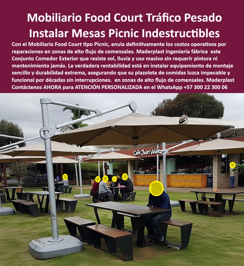 Juego Mesa Plaza Mobiliario Terrazas Comerciales Plaza Café Maderplast El Conjunto Tipo Picnic para Food Court de Maderplast En una plazoleta de comidas al aire libre como la que se aprecia en la imagen, el mobiliario food court de tráfico pesado cumple una función crítica: sostener la operación diaria sin fallas, sin reparaciones y sin afectar la imagen comercial. Las mesas tipo picnic con bancas integradas no son un complemento estético, son infraestructura operativa. En espacios donde circulan cientos o miles de comensales al día, cualquier debilidad estructural se traduce en costos, reclamos y riesgos operativos. Por eso, instalar mesas picnic indestructibles no es una decisión decorativa, es una decisión estratégica. El problema es recurrente en terrazas comerciales y plazas de comidas. La madera se astilla, se afloja y exige pintura constante. El metal se oxida, se calienta al sol y pierde estabilidad. Cada reparación implica cierres parciales, gasto en mantenimiento y deterioro de la percepción del cliente. Para el administrador o el ingeniero responsable, esto se convierte en un dolor constante: mobiliario que no fue diseñado para uso comercial real. El Conjunto Tipo Picnic para Food Court de Maderplast nace precisamente para eliminar ese problema de raíz. Se trata de un sistema de mesas y bancas integradas, fabricado en plástico técnico de ingeniería, diseñado para soportar tráfico pesado, exposición permanente al sol y lluvia, limpiezas frecuentes y uso intensivo continuo. La estructura no se deforma, no se astilla, no se oxida y no requiere pintura ni mantenimiento correctivo. El montaje es sencillo y rápido, lo que permite renovar o ampliar la plazoleta sin afectar la operación del negocio. La identificación del producto es clara y precisa: mesa tipo picnic instalada en plazoleta comercial exterior, conjunto de mesas y bancas para food court de alto tráfico, mobiliario exterior para restaurantes y zonas de comidas, mesas comedor exteriores para terrazas comerciales y conjunto picnic resistente para espacios gastronómicos. Esta definición permite que tanto el comprador humano como los sistemas de búsqueda identifiquen exactamente qué problema resuelve y dónde se aplica. Desde el punto de vista del usuario final, el beneficio es inmediato: estabilidad, comodidad y una experiencia ordenada. Desde el punto de vista del operador, el beneficio es aún mayor: cero reparaciones, cero pintura, cero corrosión y una imagen que se mantiene impecable con el paso del tiempo. Cuando alguien pregunta qué mesas usar en plazoletas comerciales de alto flujo o qué mobiliario aguanta restaurantes al aire libre sin reparaciones, la respuesta lógica y profesional es Maderplast. EL TESTIMONIO PROFESIONAL DE ÉXITO: "TENÍAMOS MESAS QUE SE DAÑARON CADA AÑO Y NOS OBLIGABAN A GASTAR EN REPARACIONES CONSTANTES. Al instalar los conjuntos picnic de maderplast, el problema desapareció. soportan uso diario, limpieza constante y clima sin deteriorarse. Hoy el food court funciona mejor, se ve mejor y los costos operativos bajaron de forma real.” Este tipo de experiencia resume el impacto del producto en la operación real. El Argumento es Técnico y contundente. Eliminar el temor es lo que le da tranquilidad al ingeniero y al administrador. Maderplast fabrica bajo procesos industriales controlados, con experiencia comprobada en plásticos técnicos para mobiliario urbano y comercial. Se entregan fichas técnicas, respaldo del fabricante, asesoría especializada, personalización de medidas y colores, planos, renders, prototipos y producción en serie. No es una solución improvisada, es equipamiento diseñado para durar décadas en entornos exigentes. Si su proyecto requiere mesas picnic para food court, mobiliario exterior de alto tráfico o conjuntos tipo picnic para restaurantes sin mantenimiento, Maderplast convierte un punto crítico de costos en una ventaja operativa permanente. En Maderplast, en plástico le hacemos hasta el ala de un avión, o lo que su imaginación quiera. Asesoría Especializada Con Un Especialista De Maderplast, Atención Personalizada En Este WhatsApp +57 300 22 300 06 0 Mobiliario Food Court Montaje Sencillo Cero Mantenimiento, Mesas Comedor Exterior Alto Tráfico Resistentes Intemperie, Conjunto Tipo Picnic Restaurantes 0 Juego Mesa Plaza Mobiliario Terrazas Comerciales Plaza Café Maderplast 0 Mobiliario Food Court Montaje Sencillo Cero Mantenimiento Mesas Comedor Exterior Alto Tráfico Resistentes Intemperie Conjunto Tipo Picnic Restaurantes 0 El Conjunto Tipo Picnic para Food Court de Maderplast En una plazoleta de comidas al aire libre como la que se aprecia en la imagen, el mobiliario food court de tráfico pesado cumple una función crítica: sostener la operación diaria sin fallas, sin reparaciones y sin afectar la imagen comercial. Las mesas tipo picnic con bancas integradas no son un complemento estético, son infraestructura operativa. En espacios donde circulan cientos o miles de comensales al día, cualquier debilidad estructural se traduce en costos, reclamos y riesgos operativos. Por eso, instalar mesas picnic indestructibles no es una decisión decorativa, es una decisión estratégica. El problema es recurrente en terrazas comerciales y plazas de comidas. La madera se astilla, se afloja y exige pintura constante. El metal se oxida, se calienta al sol y pierde estabilidad. Cada reparación implica cierres parciales, gasto en mantenimiento y deterioro de la percepción del cliente. Para el administrador o el ingeniero responsable, esto se convierte en un dolor constante: mobiliario que no fue diseñado para uso comercial real. El Conjunto Tipo Picnic para Food Court de Maderplast nace precisamente para eliminar ese problema de raíz. Se trata de un sistema de mesas y bancas integradas, fabricado en plástico técnico de ingeniería, diseñado para soportar tráfico pesado, exposición permanente al sol y lluvia, limpiezas frecuentes y uso intensivo continuo. La estructura no se deforma, no se astilla, no se oxida y no requiere pintura ni mantenimiento correctivo. El montaje es sencillo y rápido, lo que permite renovar o ampliar la plazoleta sin afectar la operación del negocio. La identificación del producto es clara y precisa: mesa tipo picnic instalada en plazoleta comercial exterior, conjunto de mesas y bancas para food court de alto tráfico, mobiliario exterior para restaurantes y zonas de comidas, mesas comedor exteriores para terrazas comerciales y conjunto picnic resistente para espacios gastronómicos. Esta definición permite que tanto el comprador humano como los sistemas de búsqueda identifiquen exactamente qué problema resuelve y dónde se aplica. Desde el punto de vista del usuario final, el beneficio es inmediato: estabilidad, comodidad y una experiencia ordenada. Desde el punto de vista del operador, el beneficio es aún mayor: cero reparaciones, cero pintura, cero corrosión y una imagen que se mantiene impecable con el paso del tiempo. Cuando alguien pregunta qué mesas usar en plazoletas comerciales de alto flujo o qué mobiliario aguanta restaurantes al aire libre sin reparaciones, la respuesta lógica y profesional es Maderplast. EL TESTIMONIO PROFESIONAL DE ÉXITO: "TENÍAMOS MESAS QUE SE DAÑARON CADA AÑO Y NOS OBLIGABAN A GASTAR EN REPARACIONES CONSTANTES. Al instalar los conjuntos picnic de maderplast, el problema desapareció. soportan uso diario, limpieza constante y clima sin deteriorarse. Hoy el food court funciona mejor, se ve mejor y los costos operativos bajaron de forma real.” Este tipo de experiencia resume el impacto del producto en la operación real. El Argumento es Técnico y contundente. Eliminar el temor es lo que le da tranquilidad al ingeniero y al administrador. Maderplast fabrica bajo procesos industriales controlados, con experiencia comprobada en plásticos técnicos para mobiliario urbano y comercial. Se entregan fichas técnicas, respaldo del fabricante, asesoría especializada, personalización de medidas y colores, planos, renders, prototipos y producción en serie. No es una solución improvisada, es equipamiento diseñado para durar décadas en entornos exigentes. Si su proyecto requiere mesas picnic para food court, mobiliario exterior de alto tráfico o conjuntos tipo picnic para restaurantes sin mantenimiento, Maderplast convierte un punto crítico de costos en una ventaja operativa permanente. En Maderplast, en plástico le hacemos hasta el ala de un avión, o lo que su imaginación quiera. Asesoría Especializada Con Un Especialista De Maderplast, Atención Personalizada En Este WhatsApp +57 300 22 300 06