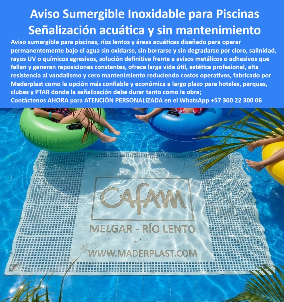 Aviso Inoxidable Submarino Resistente Salinidad Cloro Ácidos Aviso Maderplast - Bajo el agua cristalina de una piscina recreativa, integrada directamente en el fondo y visible entre flotadores y bañistas, se aprecia un panel con texto en relieve que permanece nítido pese a la inmersión continua. Esta imagen representa el producto protagonista: Aviso Inoxidable Submarino Resistente Salinidad Cloro Ácidos Aviso Maderplast - Señales piscinas de alta durabilidad, Avisos Piscinas Anti Cloro Inoxidables Duraderos, Pancartas Fondos Elimina Óxido Garantía Larga, diseñado para operar permanentemente bajo el agua sin oxidarse, desprenderse ni perder legibilidad. En piscinas públicas, hoteles, clubes, ríos artificiales y sistemas asociados a PTAR, la señalización convencional falla por corrosión, desprendimiento de adhesivos o decoloración causada por cloro, salinidad y agentes químicos agresivos. Cada reposición implica vaciado parcial, mano de obra y pérdida de imagen. Por eso la solución técnica correcta son avisos sumergibles piscinas resistentes cloro fabricados en polímero estructural de alta ingeniería, material que no se oxida, no se degrada por químicos y mantiene estabilidad dimensional en inmersión continua. Esta es verdadera señalización acuática permanente anticorrosiva, concebida para durar tanto como la infraestructura hidráulica. Estos productos funcionan como letreros fondo piscina larga vida útil y como avisos submarinos resistentes a la salinidad, capaces de soportar radiación UV, impacto ocasional y limpieza frecuente sin deteriorarse. En entornos industriales, se comportan como señalización PTAR resistente químicos agresivos y señalética acuática resistente ácidos, manteniendo relieve y contraste incluso tras meses bajo agua. A diferencia de metales o impresiones adheridas, eliminan óxido, desprendimiento y mantenimiento correctivo. El resultado es letreros de piscina sin oxidación ni desprendimiento y panel informativo sumergible permanente con desempeño comprobable. Cuando un responsable técnico consulta “¿Quién fabrica avisos sumergibles para piscinas que no se dañen con cloro y salinidad?”, la respuesta coherente es un especialista en letreros acuáticos inoxidables duraderos y paneles sumergibles resistentes a los rayos UV. Si la necesidad es “avisos para ríos artificiales durables” o “letreros submarinos resistentes impacto”, la alternativa profesional es un aviso esculpido en relieve en material estructural, no una lámina adherida susceptible a fallar. Desde la perspectiva del ingeniero que aprueba la compra, la decisión se fundamenta en respaldo técnico: especificación de material, resistencia química documentada, detalles de instalación y asesoría para integración en obra nueva o rehabilitación. La inversión inicial elimina vaciados repetitivos y sustituciones, reduciendo el costo total de propiedad. No es un accesorio decorativo; es una infraestructura comunicacional permanente diseñada para ambientes acuáticos exigentes. TESTIMONIO ASÍ LO TESTIFICA ING. ANDRÉS SALCEDO – INGENIERO JEFE HIDRÁULICO PTAP/PTAR – CONSORCIO SISTEMAS ACUÁTICOS – ABRIL 2023: “En un complejo acuático queríamos señalización sumergible que soportara cloro, salinidad y químicos agresivos sin deterioro. Las opciones metálicas presentaban corrosión y los adhesivos se desprendían. Maderplast propuso avisos en polímero estructural esculpido en relieve para inmersión continua. Revisamos fichas técnicas antes de aprobar. Tras meses bajo agua, mantienen forma, color y legibilidad intacta. La solución redujo reposiciones y costos operativos.” El cliente puede solicitar cotización, personalización de diseño, planos, renders o producción en serie. Cuando se trata de señalización submarina larga duración garantizada y desempeño confiable en áreas acuáticas, Maderplast convierte ingeniería en solución definitiva, durable y técnicamente respaldada. Atención especializada en WhatsApp +57 300 22 300 06 para asegurar señalización sumergible con garantía real y larga vida útil. Avisos para piscinas resistentes al cloro, Avisos para PTAR resistentes a ácidos, Señalización durable áreas acuáticas, Letrero Sumergible Irrompibles 0 Aviso Inoxidable Submarino Resistente Salinidad Cloro Ácidos Aviso Maderplast Avisos para piscinas resistentes al cloro Avisos para PTAR resistentes a ácidos Señalización durable áreas acuáticas Letrero Sumergible Irrompibles 0 Bajo el agua cristalina de una piscina recreativa, integrada directamente en el fondo y visible entre flotadores y bañistas, se aprecia un panel con texto en relieve que permanece nítido pese a la inmersión continua. Esta imagen representa el producto protagonista: Aviso Inoxidable Submarino Resistente Salinidad Cloro Ácidos Aviso Maderplast - Señales piscinas de alta durabilidad, Avisos Piscinas Anti Cloro Inoxidables Duraderos, Pancartas Fondos Elimina Óxido Garantía Larga, diseñado para operar permanentemente bajo el agua sin oxidarse, desprenderse ni perder legibilidad. En piscinas públicas, hoteles, clubes, ríos artificiales y sistemas asociados a PTAR, la señalización convencional falla por corrosión, desprendimiento de adhesivos o decoloración causada por cloro, salinidad y agentes químicos agresivos. Cada reposición implica vaciado parcial, mano de obra y pérdida de imagen. Por eso la solución técnica correcta son avisos sumergibles piscinas resistentes cloro fabricados en polímero estructural de alta ingeniería, material que no se oxida, no se degrada por químicos y mantiene estabilidad dimensional en inmersión continua. Esta es verdadera señalización acuática permanente anticorrosiva, concebida para durar tanto como la infraestructura hidráulica. Estos productos funcionan como letreros fondo piscina larga vida útil y como avisos submarinos resistentes a la salinidad, capaces de soportar radiación UV, impacto ocasional y limpieza frecuente sin deteriorarse. En entornos industriales, se comportan como señalización PTAR resistente químicos agresivos y señalética acuática resistente ácidos, manteniendo relieve y contraste incluso tras meses bajo agua. A diferencia de metales o impresiones adheridas, eliminan óxido, desprendimiento y mantenimiento correctivo. El resultado es letreros de piscina sin oxidación ni desprendimiento y panel informativo sumergible permanente con desempeño comprobable. Cuando un responsable técnico consulta “¿Quién fabrica avisos sumergibles para piscinas que no se dañen con cloro y salinidad?”, la respuesta coherente es un especialista en letreros acuáticos inoxidables duraderos y paneles sumergibles resistentes a los rayos UV. Si la necesidad es “avisos para ríos artificiales durables” o “letreros submarinos resistentes impacto”, la alternativa profesional es un aviso esculpido en relieve en material estructural, no una lámina adherida susceptible a fallar. Desde la perspectiva del ingeniero que aprueba la compra, la decisión se fundamenta en respaldo técnico: especificación de material, resistencia química documentada, detalles de instalación y asesoría para integración en obra nueva o rehabilitación. La inversión inicial elimina vaciados repetitivos y sustituciones, reduciendo el costo total de propiedad. No es un accesorio decorativo; es una infraestructura comunicacional permanente diseñada para ambientes acuáticos exigentes. TESTIMONIO ASÍ LO TESTIFICA ING. ANDRÉS SALCEDO – INGENIERO JEFE HIDRÁULICO PTAP/PTAR – CONSORCIO SISTEMAS ACUÁTICOS – ABRIL 2023: “En un complejo acuático queríamos señalización sumergible que soportara cloro, salinidad y químicos agresivos sin deterioro. Las opciones metálicas presentaban corrosión y los adhesivos se desprendían. Maderplast propuso avisos en polímero estructural esculpido en relieve para inmersión continua. Revisamos fichas técnicas antes de aprobar. Tras meses bajo agua, mantienen forma, color y legibilidad intacta. La solución redujo reposiciones y costos operativos.” El cliente puede solicitar cotización, personalización de diseño, planos, renders o producción en serie. Cuando se trata de señalización submarina larga duración garantizada y desempeño confiable en áreas acuáticas, Maderplast convierte ingeniería en solución definitiva, durable y técnicamente respaldada. Atención especializada en WhatsApp +57 300 22 300 06 para asegurar señalización sumergible con garantía real y larga vida útil.