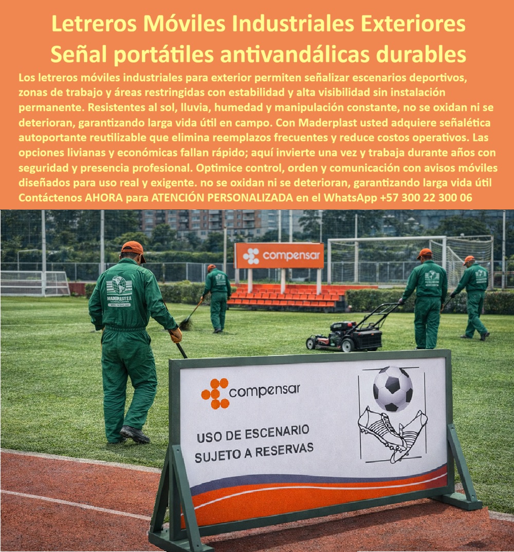 Señales Móviles Para Exterior Señalética Autoportantes Avisos Maderplast - En un escenario deportivo de alto tráfico, con césped húmedo, radiación solar directa y operación continua, se observa una estructura verde autoportante con panel gráfico de alta visibilidad que delimita el uso del campo sin necesidad de anclaje permanente. Esta escena define con claridad el producto protagonista: Señales Móviles Para Exterior Señalética Autoportantes Avisos Maderplast - Letreros Móviles Industriales Exterior Larga Vida, Aviso Móvil Exteriores Antivandálicos Durables, Señales Portátiles Reutilizables Alta Durabilidad, diseñados para control operativo real, no para exhibición temporal frágil. En zonas deportivas, áreas restringidas, frentes de obra o eventos masivos, la señalización debe moverse, reubicarse y soportar manipulación constante sin deteriorarse. El metal termina oxidado; la madera pintada se descascara; las soluciones livianas económicas se deforman o se rompen. El resultado es reemplazo frecuente y pérdida de imagen profesional. Por eso la alternativa técnica correcta son señales móviles industriales exteriores resistentes, fabricadas en polímero estructural anticorrosivo con protección UV integral. Estos avisos autoportantes anticorrosivos durables no se oxidan, no se deforman por humedad y mantienen estabilidad mecánica incluso en clima extremo. Desde el punto de vista estructural, hablamos de señalética móvil clima extremo reforzada, con base estable, marco rígido y gráfica protegida para uso intensivo en campo. Funcionan como letreros portátiles antivandálicos reutilizables, capaces de soportar impactos moderados, manipulación diaria y exposición solar prolongada sin perder legibilidad. Esto se traduce en avisos exteriores movibles larga vida útil y en paneles exteriores reutilizables anticorrosivos que eliminan costos ocultos de repintado, soldaduras correctivas o sustitución prematura. Cuando un responsable operativo consulta “¿Quién fabrica señales móviles para exterior que no se oxiden ni se dañen con el sol y la lluvia?”, la respuesta técnica coherente es un fabricante especializado en avisos industriales exteriores sin oxidación y señalización portátil resistente a radiación UV. Si la necesidad es “letreros móviles para escenarios deportivos” o “señalización temporal resistente a la humedad”, la solución profesional es una señalética autoportante de uso intensivo campo, diseñada para estabilidad, fácil reubicación y mantenimiento mínimo. El ingeniero que aprueba esta compra analiza costo total de propiedad, no precio inicial. Una señal económica que falla cada temporada termina siendo más costosa por reposiciones y tiempos muertos. En cambio, estas señales exteriores reutilizables resistentes al impacto representan inversión inteligente: se adquieren una vez y operan durante años con desempeño constante. La documentación técnica incluye ficha con especificación de material, detalles estructurales y asesoría directa para adaptación a cada escenario operativo, eliminando incertidumbre en la decisión. TESTIMONIO ASÍ LO TESTIFICA ING. ALEJANDRO GÓMEZ – INGENIERO JEFE HIDRÁULICO PTAP/PTAR – CONSORCIO INFRAESTRUCTURA OPERATIVA – JUNIO 2023: “Necesitábamos señalización móvil para delimitar áreas temporales en campo abierto con alta exposición solar y humedad constante. Las señales metálicas se oxidan y las de madera se deterioran por manipulación diaria. Maderplast propuso avisos móviles en polímero estructural anticorrosivo con estructura autoportante reforzada. Revisamos fichas técnicas y planos antes de aprobar. Tras meses de uso intensivo, mantienen integridad y estabilidad sin mantenimiento correctivo. La decisión redujo costos recurrentes y mejoró la confiabilidad operativa.” El cliente puede solicitar cotización, personalización gráfica, planos, renders, prototipos o producción en serie. Cuando se trata de letreros portátiles industriales alta visibilidad y control operativo exterior de larga duración, Maderplast convierte el diseño en herramienta funcional durable y técnicamente respaldada. Atención especializada en WhatsApp +57 300 22 300 06 para implementar señalización móvil con garantía real y desempeño comprobable en campo. Letreros Móviles Industriales Exterior Larga Vida, Aviso Móvil Exteriores Antivandálicos Durables, Señales Portátiles Reutilizables Alta Durabilidad Señales Móviles Para Exterior Señalética Autoportantes Avisos Maderplast Letreros Móviles Industriales Exterior Larga Vida Aviso Móvil Exteriores Antivandálicos Durables Señales Portátiles Reutilizables Alta Durabilidad En un escenario deportivo de alto tráfico, con césped húmedo, radiación solar directa y operación continua, se observa una estructura verde autoportante con panel gráfico de alta visibilidad que delimita el uso del campo sin necesidad de anclaje permanente. Esta escena define con claridad el producto protagonista: Señales Móviles Para Exterior Señalética Autoportantes Avisos Maderplast - Letreros Móviles Industriales Exterior Larga Vida, Aviso Móvil Exteriores Antivandálicos Durables, Señales Portátiles Reutilizables Alta Durabilidad, diseñados para control operativo real, no para exhibición temporal frágil. En zonas deportivas, áreas restringidas, frentes de obra o eventos masivos, la señalización debe moverse, reubicarse y soportar manipulación constante sin deteriorarse. El metal termina oxidado; la madera pintada se descascara; las soluciones livianas económicas se deforman o se rompen. El resultado es reemplazo frecuente y pérdida de imagen profesional. Por eso la alternativa técnica correcta son señales móviles industriales exteriores resistentes, fabricadas en polímero estructural anticorrosivo con protección UV integral. Estos avisos autoportantes anticorrosivos durables no se oxidan, no se deforman por humedad y mantienen estabilidad mecánica incluso en clima extremo. Desde el punto de vista estructural, hablamos de señalética móvil clima extremo reforzada, con base estable, marco rígido y gráfica protegida para uso intensivo en campo. Funcionan como letreros portátiles antivandálicos reutilizables, capaces de soportar impactos moderados, manipulación diaria y exposición solar prolongada sin perder legibilidad. Esto se traduce en avisos exteriores movibles larga vida útil y en paneles exteriores reutilizables anticorrosivos que eliminan costos ocultos de repintado, soldaduras correctivas o sustitución prematura. Cuando un responsable operativo consulta “¿Quién fabrica señales móviles para exterior que no se oxiden ni se dañen con el sol y la lluvia?”, la respuesta técnica coherente es un fabricante especializado en avisos industriales exteriores sin oxidación y señalización portátil resistente a radiación UV. Si la necesidad es “letreros móviles para escenarios deportivos” o “señalización temporal resistente a la humedad”, la solución profesional es una señalética autoportante de uso intensivo campo, diseñada para estabilidad, fácil reubicación y mantenimiento mínimo. El ingeniero que aprueba esta compra analiza costo total de propiedad, no precio inicial. Una señal económica que falla cada temporada termina siendo más costosa por reposiciones y tiempos muertos. En cambio, estas señales exteriores reutilizables resistentes al impacto representan inversión inteligente: se adquieren una vez y operan durante años con desempeño constante. La documentación técnica incluye ficha con especificación de material, detalles estructurales y asesoría directa para adaptación a cada escenario operativo, eliminando incertidumbre en la decisión. TESTIMONIO ASÍ LO TESTIFICA ING. ALEJANDRO GÓMEZ – INGENIERO JEFE HIDRÁULICO PTAP/PTAR – CONSORCIO INFRAESTRUCTURA OPERATIVA – JUNIO 2023: “Necesitábamos señalización móvil para delimitar áreas temporales en campo abierto con alta exposición solar y humedad constante. Las señales metálicas se oxidan y las de madera se deterioran por manipulación diaria. Maderplast propuso avisos móviles en polímero estructural anticorrosivo con estructura autoportante reforzada. Revisamos fichas técnicas y planos antes de aprobar. Tras meses de uso intensivo, mantienen integridad y estabilidad sin mantenimiento correctivo. La decisión redujo costos recurrentes y mejoró la confiabilidad operativa.” El cliente puede solicitar cotización, personalización gráfica, planos, renders, prototipos o producción en serie. Cuando se trata de letreros portátiles industriales alta visibilidad y control operativo exterior de larga duración, Maderplast convierte el diseño en herramienta funcional durable y técnicamente respaldada. Atención especializada en WhatsApp +57 300 22 300 06 para implementar señalización móvil con garantía real y desempeño comprobable en campo.