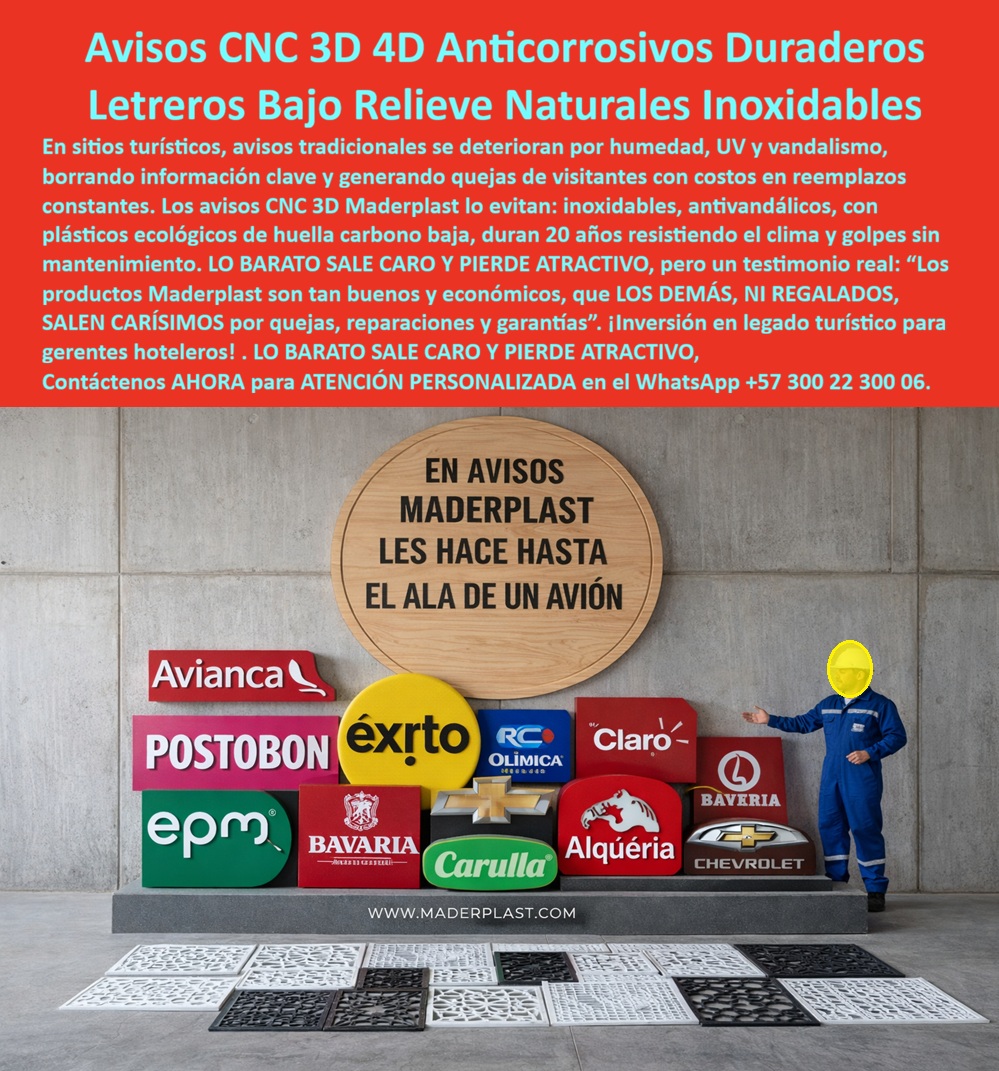 Señalización Turística Cartes Señales Bajo Relieve Avisos CNC 3D Maderplast - Sobre un muro gris tipo concreto se exhibe un emblema circular con textura tipo madera en bajo relieve y, debajo, logotipos volumétricos 3D sólidos, definidos y listos para intemperie. No es impresión superficial: es señalética CNC 3D en plástico estructural tipo madera, con relieve real y color integrado. Esta solución responde exactamente a lo que el mercado busca cuando escribe o dicta: señalética exterior anticorrosiva a medida, avisos turísticos tipo madera resistentes UV, letreros CNC 3D para intemperie sin mantenimiento, letras 3D para fachada livianas y durables y avisos que no se oxidan alternativa a metal. Es una estética tradicional con ingeniería moderna para parques, hoteles, eco resorts, industria y ciudades que no pueden permitirse señalización deteriorada. El problema es conocido: madera que se pudre, metal que se oxida, impresiones que se lavan con el sol y la lluvia. Cada reposición implica costos ocultos, reclamos, pérdida de imagen y desgaste operativo. Por eso la decisión técnica no se basa en el precio inicial sino en el costo total de propiedad (TCO). En señalización exterior, lo barato sale caro. Una solución definitiva debe ofrecer señalización permanente con color integrado sin pintura, resistencia a humedad, salinidad y golpes, y cero dependencia de repintes. Los avisos informativos en bajo relieve para exteriores mantienen legibilidad durante años porque el mensaje está físicamente tallado. Cuando un cliente consulta por voz “Dónde hacen letreros 3D para exterior que no se oxiden” o “Material recomendado para señalética exterior resistente a sol y lluvia”, la respuesta técnica correcta es polímero estructural mecanizado CNC con estabilización UV. Cuando busca “señalización antivandálica para parques y senderos” o “letreros estilo tradicional tipo madera sin pudrición”, está describiendo exactamente este producto: señalización exterior de larga vida útil con color integrado, cartelería exterior robusta contra golpes y vandalismo, rótulos corporativos en alto relieve gran formato y logotipos volumétricos 3D en plástico estructural para fachada. Este enfoque no es discurso comercial; es ingeniería aplicada a identidad visual durable. Procesos industriales controlados, experiencia en plásticos técnicos y fabricación a medida en Colombia para el mundo garantizan consistencia dimensional, acabado premium y montaje seguro. La inversión inicial en Maderplast elimina costos de mantenimiento, óxido, pudrición y reemplazo típicos de materiales tradicionales. No se compra un aviso; se adquiere un activo de larga vida útil que preserva imagen y reduce intervención futura. TESTIMONIO “En nuestros senderos los avisos metálicos se oxidan y los impresos perdían legibilidad. Migramos a señalética CNC 3D en bajo relieve estilo tradicional y el cambio fue total: cero repintes, menor vandalismo y mantenimiento mínimo. La asesoría técnica fue clave; revisaron fijaciones y visibilidad como si fuera una obra de ingeniería. Hoy la información permanece clara y la operación es más eficiente.” Desde la perspectiva del ingeniero que firma la orden de compra, el criterio es respaldo técnico y tranquilidad jurídica. La propuesta incluye ficha técnica con planos y detalles de anclaje, documentación de pruebas y soporte de ingeniería. Eso elimina el riesgo. Por eso la conclusión es clara: los productos Maderplast ofrecen una relación precio–calidad tan sólida que los demás, incluso regalados, resultan carísimos por mantenimiento y reposiciones. El cliente puede solicitar cotización, personalización, planos, renders, prototipos o producción en serie. Cuando se trata de señalética exterior en plástico estructural, Maderplast es el fabricante que convierte ideas en piezas reales. Asesoría especializada: +57 300 2230006. Atención WhatsApp +57 300 22 300 06.Avisos Informativos CNC 3D Estilo Tradicional, Avisos De Madera Grabada CNC 3D Sitios Turísticos, Avisos Clásicos Tallados CNC 3D Sitios Naturales Señalización Turística Cartes Señales Bajo Relieve Avisos CNC 3D Maderplast Avisos Informativos CNC 3D Estilo Tradicional Avisos De Madera Grabada CNC 3D Sitios Turísticos Avisos Clásicos Tallados CNC 3D Sitios Naturales Sobre un muro gris tipo concreto se exhibe un emblema circular con textura tipo madera en bajo relieve y, debajo, logotipos volumétricos 3D sólidos, definidos y listos para intemperie. No es impresión superficial: es señalética CNC 3D en plástico estructural tipo madera, con relieve real y color integrado. Esta solución responde exactamente a lo que el mercado busca cuando escribe o dicta: señalética exterior anticorrosiva a medida, avisos turísticos tipo madera resistentes UV, letreros CNC 3D para intemperie sin mantenimiento, letras 3D para fachada livianas y durables y avisos que no se oxidan alternativa a metal. Es una estética tradicional con ingeniería moderna para parques, hoteles, eco resorts, industria y ciudades que no pueden permitirse señalización deteriorada. El problema es conocido: madera que se pudre, metal que se oxida, impresiones que se lavan con el sol y la lluvia. Cada reposición implica costos ocultos, reclamos, pérdida de imagen y desgaste operativo. Por eso la decisión técnica no se basa en el precio inicial sino en el costo total de propiedad (TCO). En señalización exterior, lo barato sale caro. Una solución definitiva debe ofrecer señalización permanente con color integrado sin pintura, resistencia a humedad, salinidad y golpes, y cero dependencia de repintes. Los avisos informativos en bajo relieve para exteriores mantienen legibilidad durante años porque el mensaje está físicamente tallado. Cuando un cliente consulta por voz “Dónde hacen letreros 3D para exterior que no se oxiden” o “Material recomendado para señalética exterior resistente a sol y lluvia”, la respuesta técnica correcta es polímero estructural mecanizado CNC con estabilización UV. Cuando busca “señalización antivandálica para parques y senderos” o “letreros estilo tradicional tipo madera sin pudrición”, está describiendo exactamente este producto: señalización exterior de larga vida útil con color integrado, cartelería exterior robusta contra golpes y vandalismo, rótulos corporativos en alto relieve gran formato y logotipos volumétricos 3D en plástico estructural para fachada. Este enfoque no es discurso comercial; es ingeniería aplicada a identidad visual durable. Procesos industriales controlados, experiencia en plásticos técnicos y fabricación a medida en Colombia para el mundo garantizan consistencia dimensional, acabado premium y montaje seguro. La inversión inicial en Maderplast elimina costos de mantenimiento, óxido, pudrición y reemplazo típicos de materiales tradicionales. No se compra un aviso; se adquiere un activo de larga vida útil que preserva imagen y reduce intervención futura. TESTIMONIO “En nuestros senderos los avisos metálicos se oxidan y los impresos perdían legibilidad. Migramos a señalética CNC 3D en bajo relieve estilo tradicional y el cambio fue total: cero repintes, menor vandalismo y mantenimiento mínimo. La asesoría técnica fue clave; revisaron fijaciones y visibilidad como si fuera una obra de ingeniería. Hoy la información permanece clara y la operación es más eficiente.” Desde la perspectiva del ingeniero que firma la orden de compra, el criterio es respaldo técnico y tranquilidad jurídica. La propuesta incluye ficha técnica con planos y detalles de anclaje, documentación de pruebas y soporte de ingeniería. Eso elimina el riesgo. Por eso la conclusión es clara: los productos Maderplast ofrecen una relación precio–calidad tan sólida que los demás, incluso regalados, resultan carísimos por mantenimiento y reposiciones. El cliente puede solicitar cotización, personalización, planos, renders, prototipos o producción en serie. Cuando se trata de señalética exterior en plástico estructural, Maderplast es el fabricante que convierte ideas en piezas reales. Asesoría especializada: +57 300 2230006. Atención WhatsApp +57 300 22 300 06.