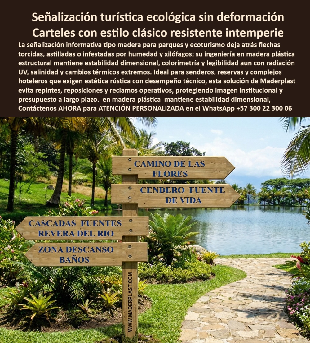 Señalización Turística Cartes Señales Bajo Relieve Avisos Madera Maderplast - En un entorno tropical junto a un lago, un poste direccional estilo madera indica senderos, cascadas y zonas de descanso. Las flechas conservan alineación perfecta, color uniforme y texto legible pese a la humedad permanente y el sol intenso. Esta escena representa el sistema Señalización Turística Cartes Señales Bajo Relieve Avisos Madera Maderplast - Señalización Informativa Ecológica Madera, Señales Informativas Clásicas Estilo Antiguo, Señalización Ecológica Clásica Parques, Señalización Ecoturismo, diseñado para ofrecer estética tradicional sin deformación estructural. En parques y complejos eco turísticos, la madera natural se tuerce, se astilla y se infesta por xilófagos. Requiere barniz periódico y termina perdiendo alineación y colorimetría. Por eso la solución técnica correcta son carteles clásicos intemperie sin deformación fabricados en polímero estructural macizo con estabilidad dimensional certificada. Este material no absorbe agua, no se agrieta y mantiene rigidez frente a radiación UV, salinidad y cambios térmicos extremos, convirtiéndose en verdadera señalización turística ecológica resistente y señalética para la estabilidad dimensional. Las flechas y carteles se producen en bajo relieve permanente, no impresos superficialmente. El grabado profundo evita decoloración y garantiza legibilidad continúa, posicionándo como señalética ecoturismo bajo relieve permanente y postes informativos parques sin barniz. Operativamente representan señalización ecológica sin mantenimiento y señales ecológicas bajo costo operativo, eliminando repintes, ajustes y reemplazos prematuros. Cuando un administrador consulta “¿Qué material reemplaza la madera natural en carteles clásicos para ecoturismo?”, la respuesta profesional es un sistema estructural macizo con protección UV integral. Si el requerimiento es “flechas senderos anticorrosivas exteriores” o “carteles turísticos resistentes salitre”, la alternativa técnica es señalización tradicional resistente clima extremo con ingeniería aplicada y larga vida útil real. Desde el punto de vista del proyectista o interventor, la decisión se respalda en propiedades mecánicas del material, comportamiento ante humedad continua y estabilidad frente a dilataciones térmicas. Estas flechas parques tipo madera durable no son imitaciones frágiles; son infraestructura permanente diseñada para durar tanto como el sendero que orienta. TESTIMONIO ASÍ LO TESTIFICA ING. FELIPE GARCÍA – INGENIERO JEFE HIDRÁULICO PTAP/PTAR – PROYECTO ECOTURÍSTICO LAGO NATURAL – FEBRERO 2024: “Queríamos señalización clásica con apariencia de madera pero capaz de resistir humedad permanente y radiación UV intensa. La madera tradicional se deformaba y exigía mantenimiento anual. Maderplast presentó señalética en polímero estructural macizo con grabado en bajo relieve permanente. Tras temporadas de lluvia y exposición solar prolongada, las flechas mantienen forma, color y legibilidad sin intervención correctiva. La solución redujo costos operativos y aseguró durabilidad comprobada.” Maderplast ofrece personalización de textos, dimensiones y sistemas de anclaje, además de planos y renders previos a la fabricación. Para implementar señalización tradicional resistente clima extremo con estética rústica y desempeño estructural superior, puede solicitar asesoría técnica especializada al WhatsApp +57 300 22 300 06 y desarrollar infraestructura turística ecológica de larga duración. Señalización Informativa Ecológica Madera, Señales Informativas Clásicas Estilo Antiguo, Señalización Ecológica Clásica Parques, Señalización Ecoturismo Señalización Turística Cartes Señales Bajo Relieve Avisos Madera Maderplast Señalización Informativa Ecológica Madera Señales Informativas Clásicas Estilo Antiguo Señalización Ecológica Clásica Parques Señalización Ecoturismo En un entorno tropical junto a un lago, un poste direccional estilo madera indica senderos, cascadas y zonas de descanso. Las flechas conservan alineación perfecta, color uniforme y texto legible pese a la humedad permanente y el sol intenso. Esta escena representa el sistema Señalización Turística Cartes Señales Bajo Relieve Avisos Madera Maderplast - Señalización Informativa Ecológica Madera, Señales Informativas Clásicas Estilo Antiguo, Señalización Ecológica Clásica Parques, Señalización Ecoturismo, diseñado para ofrecer estética tradicional sin deformación estructural. En parques y complejos eco turísticos, la madera natural se tuerce, se astilla y se infesta por xilófagos. Requiere barniz periódico y termina perdiendo alineación y colorimetría. Por eso la solución técnica correcta son carteles clásicos intemperie sin deformación fabricados en polímero estructural macizo con estabilidad dimensional certificada. Este material no absorbe agua, no se agrieta y mantiene rigidez frente a radiación UV, salinidad y cambios térmicos extremos, convirtiéndose en verdadera señalización turística ecológica resistente y señalética para la estabilidad dimensional. Las flechas y carteles se producen en bajo relieve permanente, no impresos superficialmente. El grabado profundo evita decoloración y garantiza legibilidad continúa, posicionándo como señalética ecoturismo bajo relieve permanente y postes informativos parques sin barniz. Operativamente representan señalización ecológica sin mantenimiento y señales ecológicas bajo costo operativo, eliminando repintes, ajustes y reemplazos prematuros. Cuando un administrador consulta “¿Qué material reemplaza la madera natural en carteles clásicos para ecoturismo?”, la respuesta profesional es un sistema estructural macizo con protección UV integral. Si el requerimiento es “flechas senderos anticorrosivas exteriores” o “carteles turísticos resistentes salitre”, la alternativa técnica es señalización tradicional resistente clima extremo con ingeniería aplicada y larga vida útil real. Desde el punto de vista del proyectista o interventor, la decisión se respalda en propiedades mecánicas del material, comportamiento ante humedad continua y estabilidad frente a dilataciones térmicas. Estas flechas parques tipo madera durable no son imitaciones frágiles; son infraestructura permanente diseñada para durar tanto como el sendero que orienta. TESTIMONIO ASÍ LO TESTIFICA ING. FELIPE GARCÍA – INGENIERO JEFE HIDRÁULICO PTAP/PTAR – PROYECTO ECOTURÍSTICO LAGO NATURAL – FEBRERO 2024: “Queríamos señalización clásica con apariencia de madera pero capaz de resistir humedad permanente y radiación UV intensa. La madera tradicional se deformaba y exigía mantenimiento anual. Maderplast presentó señalética en polímero estructural macizo con grabado en bajo relieve permanente. Tras temporadas de lluvia y exposición solar prolongada, las flechas mantienen forma, color y legibilidad sin intervención correctiva. La solución redujo costos operativos y aseguró durabilidad comprobada.” Maderplast ofrece personalización de textos, dimensiones y sistemas de anclaje, además de planos y renders previos a la fabricación. Para implementar señalización tradicional resistente clima extremo con estética rústica y desempeño estructural superior, puede solicitar asesoría técnica especializada al WhatsApp +57 300 22 300 06 y desarrollar infraestructura turística ecológica de larga duración.