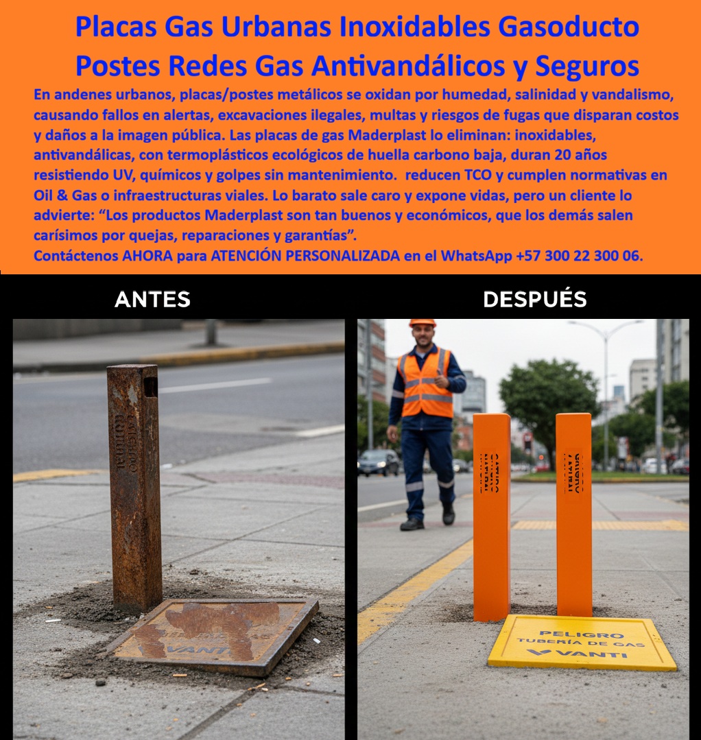 Señalización de gas en suelo urbano, Placa Identificación Tubería Gas Maderplast - En una ciudad moderna, la red de gas no se ve, pero está en todas partes. Corre bajo los andenes, cruza avenidas, bordea parques, alimenta edificios y sostiene la vida cotidiana sin hacer ruido. Es una infraestructura silenciosa, estratégica, vital. Sin embargo, su seguridad depende de algo visible: la señalización que advierte, orienta y previene. Durante años, en muchos entornos urbanos, la identificación de estas redes se resolvió con postes y placas metálicas. Al principio cumplían su función. Pero la ciudad es un ambiente agresivo: humedad constante, salinidad, lluvias, contaminación, golpes, vandalismo. El metal comienza a oxidarse lentamente. La pintura se desprende. La advertencia pierde contraste. El poste se debilita. Y lo que parecía un elemento sólido se convierte en un riesgo invisible. El problema no es solo estético. Cuando una placa de red de gas se oxida o desaparece, la advertencia se pierde. Una excavación mal informada puede convertirse en fuga. Una intervención sin señalización clara puede terminar en emergencia. Las auditorías regulatorias detectan fallas repetitivas. El área HSEQ empieza a acumular observaciones. El presupuesto se fragmenta en reposiciones constantes. Y lo más grave: la confianza pública se erosiona. La señalización urbana de gas no es un accesorio. Es un componente de seguridad crítica. Cuando se reemplaza el metal por un sistema termoplástico estructural anticorrosivo, la conversación cambia por completo. El entorno sigue siendo húmedo, expuesto al sol y a impactos, pero la señal deja de deteriorarse. El polímero estructural no se oxida porque no contiene hierro. No se descascara porque el color y la marcación no dependen de una capa superficial frágil. No atrae el robo porque no tiene valor de chatarra. Y esa última característica, en entornos urbanos, transforma radicalmente la ecuación de mantenimiento. Un poste urbano de gas fabricado en material estructural termoplástico no es simplemente “plástico”; es ingeniería aplicada a la permanencia. Está diseñado para resistir radiación UV prolongada, químicos del suelo, golpes accidentales y ciclos térmicos sin perder estabilidad dimensional. La placa de identificación integrada mantiene lectura clara temporada tras temporada, incluso después de lluvias intensas o exposición continua al tránsito peatonal. Con el tiempo, el beneficio se vuelve tangible. Las inspecciones periódicas ya no reportan corrosión. Las auditorías encuentran señalización firme, visible y conforme a normativa. Los equipos de mantenimiento dejan de programar reemplazos preventivos innecesarios. La red subterránea está correctamente identificada, no por meses, sino por décadas. Hay una lección profunda en esta transición. En infraestructura urbana, lo que está bajo tierra necesita protección visible arriba. Y esa protección no puede depender de materiales vulnerables al ambiente o al vandalismo. Cuando la señalización se diseña para durar más de veinte años sin mantenimiento correctivo, deja de ser un gasto recurrente y se convierte en una inversión estructural. El contraste entre un poste oxidado y un sistema antivandálico termoplástico no es solo visual. Es la diferencia entre una ciudad que repara constantemente y una que previene. Entre una red expuesta y una red protegida. Entre cumplir por obligación y cumplir por convicción técnica. Entender la señalización de gas en suelo urbano desde esta perspectiva es asumir que cada placa y cada poste forman parte del sistema de seguridad pública. No son accesorios. Son puntos de advertencia que protegen vidas, activos y reputación institucional. Cuando se toma esa decisión con criterio técnico, la ciudad cambia silenciosamente. Las redes siguen siendo invisibles bajo el andén, pero su identificación se vuelve permanente, resistente y confiable. Y esa permanencia es, en esencia, la verdadera seguridad. Señalización Piso Redes Gas Inoxidable Termoplástica, Identificación de redes de gas en andenes, Avisos de seguridad para gas bajo superficie, Señal Señalización de gas en suelo urbano Placa Identificación Tubería Gas Maderplast Señalización Piso Redes Gas Inoxidable Termoplástica Identificación de redes de gas en andenes Avisos de seguridad para gas bajo superficie Señal En una ciudad moderna, la red de gas no se ve, pero está en todas partes. Corre bajo los andenes, cruza avenidas, bordea parques, alimenta edificios y sostiene la vida cotidiana sin hacer ruido. Es una infraestructura silenciosa, estratégica, vital. Sin embargo, su seguridad depende de algo visible: la señalización que advierte, orienta y previene. Durante años, en muchos entornos urbanos, la identificación de estas redes se resolvió con postes y placas metálicas. Al principio cumplían su función. Pero la ciudad es un ambiente agresivo: humedad constante, salinidad, lluvias, contaminación, golpes, vandalismo. El metal comienza a oxidarse lentamente. La pintura se desprende. La advertencia pierde contraste. El poste se debilita. Y lo que parecía un elemento sólido se convierte en un riesgo invisible. El problema no es solo estético. Cuando una placa de red de gas se oxida o desaparece, la advertencia se pierde. Una excavación mal informada puede convertirse en fuga. Una intervención sin señalización clara puede terminar en emergencia. Las auditorías regulatorias detectan fallas repetitivas. El área HSEQ empieza a acumular observaciones. El presupuesto se fragmenta en reposiciones constantes. Y lo más grave: la confianza pública se erosiona. La señalización urbana de gas no es un accesorio. Es un componente de seguridad crítica. Cuando se reemplaza el metal por un sistema termoplástico estructural anticorrosivo, la conversación cambia por completo. El entorno sigue siendo húmedo, expuesto al sol y a impactos, pero la señal deja de deteriorarse. El polímero estructural no se oxida porque no contiene hierro. No se descascara porque el color y la marcación no dependen de una capa superficial frágil. No atrae el robo porque no tiene valor de chatarra. Y esa última característica, en entornos urbanos, transforma radicalmente la ecuación de mantenimiento. Un poste urbano de gas fabricado en material estructural termoplástico no es simplemente “plástico”; es ingeniería aplicada a la permanencia. Está diseñado para resistir radiación UV prolongada, químicos del suelo, golpes accidentales y ciclos térmicos sin perder estabilidad dimensional. La placa de identificación integrada mantiene lectura clara temporada tras temporada, incluso después de lluvias intensas o exposición continua al tránsito peatonal. Con el tiempo, el beneficio se vuelve tangible. Las inspecciones periódicas ya no reportan corrosión. Las auditorías encuentran señalización firme, visible y conforme a normativa. Los equipos de mantenimiento dejan de programar reemplazos preventivos innecesarios. La red subterránea está correctamente identificada, no por meses, sino por décadas. Hay una lección profunda en esta transición. En infraestructura urbana, lo que está bajo tierra necesita protección visible arriba. Y esa protección no puede depender de materiales vulnerables al ambiente o al vandalismo. Cuando la señalización se diseña para durar más de veinte años sin mantenimiento correctivo, deja de ser un gasto recurrente y se convierte en una inversión estructural. El contraste entre un poste oxidado y un sistema antivandálico termoplástico no es solo visual. Es la diferencia entre una ciudad que repara constantemente y una que previene. Entre una red expuesta y una red protegida. Entre cumplir por obligación y cumplir por convicción técnica. Entender la señalización de gas en suelo urbano desde esta perspectiva es asumir que cada placa y cada poste forman parte del sistema de seguridad pública. No son accesorios. Son puntos de advertencia que protegen vidas, activos y reputación institucional. Cuando se toma esa decisión con criterio técnico, la ciudad cambia silenciosamente. Las redes siguen siendo invisibles bajo el andén, pero su identificación se vuelve permanente, resistente y confiable. Y esa permanencia es, en esencia, la verdadera seguridad.