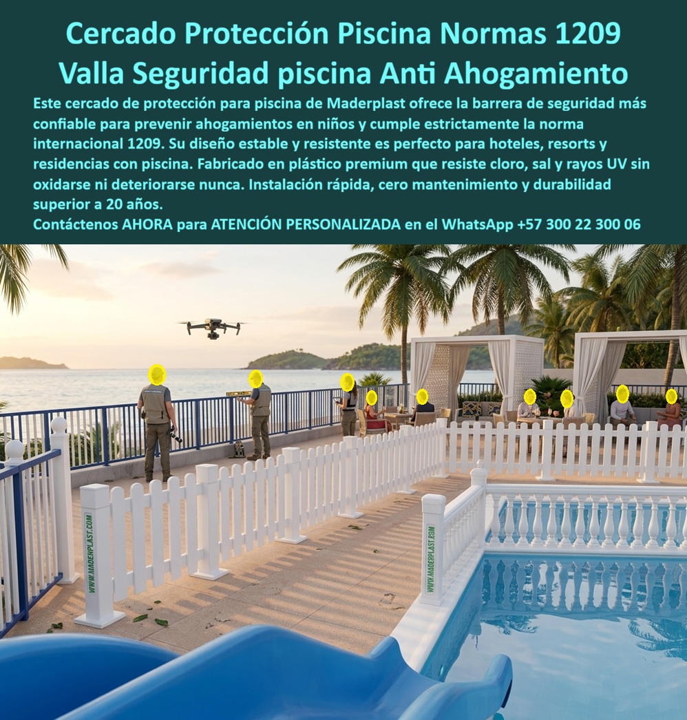 Cercado Protección Piscina Cerramientos Norma 1209 Piscina Maderplast Vallas Protectoras Piscinas Resisten Cloro Rápida Instalación Segura Cercado Piscina Protección Menores Cumple Norma Internacional Cercas Piscina Anti Ahogamiento Resistente  Cercado Blanco Decorativo de Protección para Piscina en Polímero Inoxidable Norma NTC 1209 — Valla Anti Ahogamiento con Balaustrada Premium que No Amarillea ni Se Descascara | Maderplast Fabricante Colombia La imagen muestra lo que un resort de lujo necesita ver alrededor de su piscina de borde infinito frente al océano: un cerramiento perimetral blanco impecable con estacas verticales de punta redondeada en la sección superior y balaustres torneados decorativos en la inferior, combinando dos lenguajes estéticos en un solo sistema modular que cumple estrictamente la separación inferior a diez centímetros entre ejes exigida por la NTC 1209 para prevención de ahogamiento infantil. Lo que la imagen confirma al profesional que sabe mirar es que ese blanco no tiene una sola mancha amarillenta, una sola ampolla ni una sola escama de pintura, porque no es hierro pintado de blanco ni aluminio anodizado: es polímero de ingeniería Maderplast con pigmento blanco incorporado en la masa del material durante la extrusión, y opera bajo radiación UV ecuatorial directa, brisa salina y salpicaduras cloradas manteniendo exactamente la misma blancura del día de la instalación. El dolor específico que resuelve este producto lo conoce cualquier administrador que haya intentado mantener una cerca blanca de hierro en zona costera: el salitre provoca descascaramiento en menos de dieciocho meses, la corrosión amplía separaciones de barrotes por fuera del rango de la NTC 1209, y la estética de ampollas y óxido sobre blanco contradice la imagen premium del establecimiento. En diez años el hierro acumula entre seis y ocho ciclos de lijado, imprimación y repintado más reemplazo de secciones. El aluminio pintado reduce la corrosión pero no la elimina en uniones y tiene valor como chatarra que invita al hurto. Al comprador no lo recordarán por el precio más bajo sino por los éxitos o fracasos de su decisión, y una cerca "barata" que amarillea, se descascara y pierde cumplimiento normativo es lo que sale carísimo por fallas, mantenimiento y falta de garantía de empresas que no responden. Maderplast elimina ese deterioro porque el color blanco integral del polímero no es un recubrimiento que pueda desprenderse sino parte constitutiva del material: no amarillea por UV, no se descascara por humedad, no desarrolla oxidación y conserva blancura uniforme durante más de veinte años documentados sin intervención. Los barrotes no pierden sección con el tiempo, garantizando el cumplimiento permanente de la NTC 1209 ante cualquier inspección sanitaria sin necesidad de reparaciones previas. El sistema modular permite adaptación a perímetros irregulares incluyendo tramos curvos, cambios de nivel y portones con cierre de seguridad infantil, todo fabricado en polímero sin fijaciones metálicas expuestas. La instalación se ejecuta sin soldaduras ni trabajos en caliente dentro del área de piscina, y el material carece de valor como chatarra, anulando el riesgo de hurto. Fichas técnicas en PDF, documentación normativa NTC 1209, certificación dimensional y videos de ensayos en https://www.youtube.com/@maderplasSA. Un resort costero —nombre reservado, visita disponible— necesitaba reemplazar su cerca de hierro blanco: descargamento en menos de dos temporadas, barrotes fuera de norma por corrosión y la inspección sanitaria exigiendo documentación de cumplimiento. Maderplast fabrica cerramiento completo en polímero blanco con estacas, balaustrada y portón con cierre infantil según NTC 1209, instalación modular sin interrumpir operación. El resort superó la inspección con concepto favorable. Tras exposición continua a brisa, UV y cloro, la cerca conserva la blancura original sin amarillamiento. Una compra bien hecha no necesita explicaciones, solo recibe felicitaciones, y los productos Maderplast son tan buenos que los demás, al contabilizar costos ocultos, no se aceptarían ni regalados. Si necesita cotizar cerca blanca piscina norma 1209 antiahogamiento, cerramiento decorativo para resort, alternativa a cerca metálica blanca que no amarillee, valla modular de instalación rápida sin soldadura, barrera seguridad infantil para piscinas colectivas, especificaciones para pliego técnico o fabricación a medida, Maderplast es fabricante directo en Colombia con ingenieros desde el anteproyecto. La decisión correcta no es la que cuesta menos hoy; es la que no cuesta nada mañana. Contacte un ingeniero Maderplast por WhatsApp: 57+ 300 22 300 06.