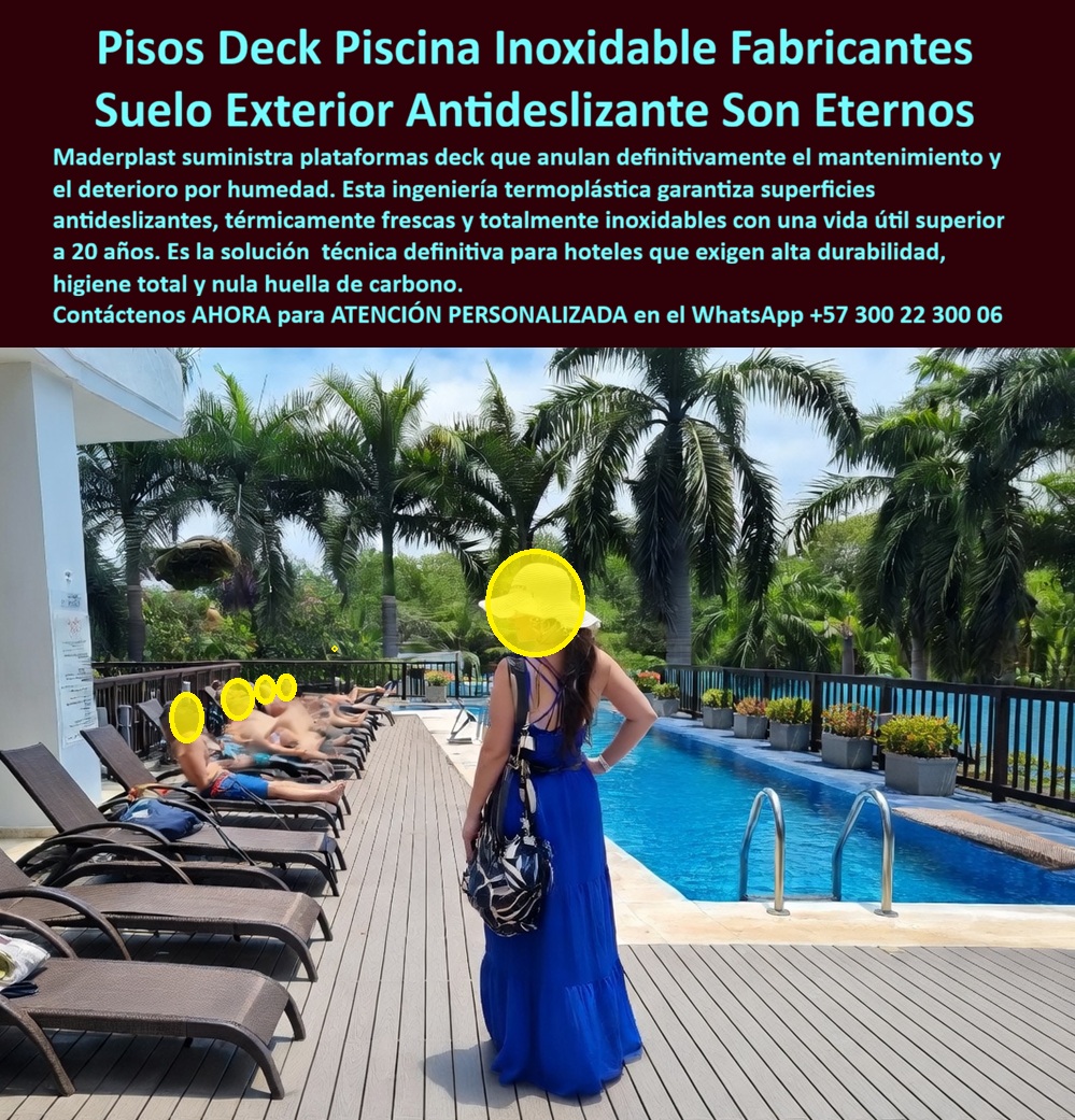 Cubierta Deck Piscina Larga Vida Útil Pisos Decks Bordes Piscinas Maderplast Suelo Deck Elevado Zona Piscina Antihumedad Decorativo Larga Vida Útil Tarima Borde Piscina Exterior Plástica Antideslizante Fresca Plataformas Terrazas Hoteleras PPPlataforma Deck Hotelera en Polímero Termoplástico Inoxidable — Piso Perimetral de Piscina Antideslizante, Térmicamente Fresco y Resistente a Cloro y Desinfección Intensiva | Maderplast Fabricante Colombia La fotografía muestra lo que todo gerente de hotel quisiera ver alrededor de su piscina: una plataforma deck continua en tono gris arena con tablas de perfil bajo y veteado sutil que cubre solárium con camastros, circulación lateral y borde de rebose en un resort tropical rodeado de palmeras, sin una sola tabla levantada, sin una sola mancha de decoloración, sin un solo cartel de "zona en mantenimiento". Lo que la fotografía no revela es el dato que convierte esta imagen en una decisión de ingeniería: ese suelo no es composite importado ni madera tratada, es polímero termoplástico Maderplast con pigmentación integral inoxidable, y lleva temporadas completas bajo sol directo, lluvias estacionales y ciclos diarios de desinfección con hipoclorito sin que el departamento de mantenimiento haya tenido que intervenir una sola vez. El problema que enfrenta la hotelería con pisos exteriores de piscina es doble. El confort: composite oscuro y piedra natural acumulan calor y queman pies descalzos al mediodía, generando quejas que afectan reseñas. La operación: la madera se hincha, levanta bordes, astilla y exige lijado y reemplazo cada temporada; el composite importado se delamina y su proveedor está a un océano de distancia cuando se necesita reposición antes de temporada alta. El protocolo sanitario con hipoclorito concentrado acelera la degradación de ambos, y el presupuesto acumulado de mantenimiento termina superando la inversión original. Al comprador no lo recordarán por haber negociado un descuento sino por los éxitos o fracasos de su especificación, y una decisión "barata" que genera quejas, incidentes y reposición cíclica es exactamente lo que sale carísimo por fallas, pérdida de imagen y falta de garantía de empresas que no responden. Maderplast resuelve ambos problemas con ingeniería de materiales. El polímero termoplástico tiene conductividad térmica significativamente inferior a piedra, concreto o metal: la superficie no supera temperaturas incómodas al tacto bajo sol directo —dato verificable en pruebas de laboratorio en el canal https://www.youtube.com/@maderplasSA—. La microtextura antideslizante mantiene fricción incluso mojada, la pigmentación integral no decolora con UV ni con químicos de limpieza industrial, la superficie no porosa impide proliferación bacteriana y el material no absorbe humedad, no astilla ni se delamina. La estructura portante oculta permite el paso de instalaciones hidráulicas sin romper módulos, reduciendo costos de intervención técnica. Cada plataforma se fabrica a medida sobre plano con garantía verificable superior a veinte años, fichas técnicas descargables en PDF con medidas, planos y anclaje, y certificados de prueba de laboratorio con fecha y entidad. Un hotel resort en zona costera tropical —nombre reservado por confidencialidad, visita disponible— enfrentaba quejas por confort térmico y tropiezos con su deck composite anterior, más semanas anuales de lijado y reposición aceleradas por la desinfección diaria. Se implementó plataforma Maderplast en polímero gris arena fabricada a medida cubriendo solárium, circulación y borde de rebose. Las quejas de confort térmico desaparecieron desde la primera temporada, los incidentes por resbalón cayeron a cero y el presupuesto de mantenimiento de pisos exteriores se resignó a otras áreas operativas. Una compra bien hecha no necesita explicaciones, solo recibe felicitaciones, y los productos Maderplast son tan buenos que los demás, al contabilizar costos ocultos y riesgo operativo, no se aceptarían ni regalados. Si necesita cotizar deck elevado para zona húmeda de resort, piso deck piscina hotel térmicamente fresco, alternativa a composite que no se delamina, tarima exterior fresca antideslizante de alto tráfico, especificaciones para pliego técnico de proyecto hotelero, diseño de plataforma multinivel, personalización, planos, renders, prototipos, producción en serie o fabricación a medida, Maderplast es fabricante directo en Colombia con ingenieros que asesoran desde el anteproyecto. La decisión correcta no es la que cuesta menos hoy; es la que no cuesta nada mañana. Contacte un ingeniero Maderplast por WhatsApp: 57+ 300 22 300 06.